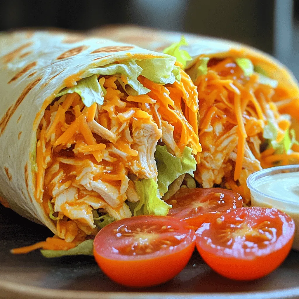 - 2 Tassen gekochtes Hühnchen, zerrupft - ½ Tasse Buffalo-Hotsauce - 4 große Vollkorn-Tortillas - 1 Tasse Eisbergsalat, zerrupft - ½ Tasse Kirschtomaten, halbiert - ½ Tasse geraspelte Karotten - 1 Tasse Ranch-Dressing oder Blauschimmelkäsedressing - 1 Tasse geriebener Käse (Cheddar oder Mozzarella) - Jalapeños, in Scheiben geschnitten Um die besten Buffalo Chicken Wraps zu machen, startest du mit den Hauptzutaten. Das gekochte Hühnchen ist die Basis. Es bringt Geschmack und Protein. Die Buffalo-Hotsauce sorgt für die richtige Schärfe. Du kannst die Menge nach deinem Geschmack anpassen. Die Tortillas sind wichtig, um alles zusammenzuhalten. Sie sollten groß genug sein, um die Füllung gut zu halten. Zusätzlich kommen die grünen und bunten Zutaten ins Spiel. Der Eisbergsalat bringt Frische. Die Kirschtomaten fügen ein wenig Süße hinzu. Karotten sorgen für einen knackigen Biss. Das Dressing macht alles cremig und lecker. Du kannst Ranch-Dressing oder Blauschimmelkäsedressing verwenden. Beide passen gut. Für einen extra Kick kannst du Jalapeños hinzufügen. Sie sind optional, aber sehr empfehlenswert. Sie geben den Wraps eine tolle Schärfe. Dieser Mix aus Zutaten macht die Buffalo Chicken Wraps zu einem echten Genuss. Wenn du mehr über die Zubereitung erfahren möchtest, schau dir das Full Recipe an. Um die Füllung für die Wraps zu machen, nimm das gekochte Hühnchen. Zerrupfe es in kleine Stücke. In einer mittelgroßen Schüssel vermenge das Hühnchen mit der Buffalo-Hotsauce. Rühre gut um, damit alles gleichmäßig bedeckt ist. Bereite deinen Arbeitsplatz vor. Lege alles bereit, was du für die Wraps brauchst. So bleibt alles ordentlich und du arbeitest effizient. Nimm eine große Tortilla und lege sie flach auf die Arbeitsfläche. Trage etwa 2 Esslöffel Ranch-Dressing in die Mitte der Tortilla auf. Das Dressing gibt einen tollen Geschmack. Füge dann die Hühnchenmischung hinzu. Verwende etwa ½ Tasse davon. Jetzt kommt das Gemüse. Füge eine Handvoll zerrupften Eisbergsalat, einige halbierte Kirschtomaten und etwas geraspelte Karotten hinzu. Bestreue die Mischung mit geriebenem Käse. Wenn du es schärfer magst, füge einige Jalapeños hinzu. Um die Wraps zu rollen, falte die Seiten der Tortilla über die Füllung. Danach rolle den unteren Teil straff nach oben. So bleibt die Füllung gut drin. Wiederhole diesen Schritt mit den restlichen Tortillas. Jetzt wird es Zeit zu braten. Erhitze eine beschichtete Pfanne bei mittlerer Hitze. Lege die Wraps mit der Nahtseite nach unten in die Pfanne. Brate sie 2-3 Minuten auf jeder Seite, bis sie goldbraun sind. Schneide die Wraps diagonal in zwei Hälften. Serviere sie mit extra Ranch-Dressing zum Dippen. Um die Tortilla richtig zu rollen, beginne mit der Füllung in der Mitte. Füge genug Füllung hinzu, aber nicht zu viel. Falte zuerst die Seiten der Tortilla ein. Rolle dann die Tortilla von unten nach oben. Halte alles fest, damit nichts herausfällt. So bleibt dein Wrap schön kompakt. Für die gewünschte Knusprigkeit brate die Wraps in einer Pfanne. Erhitze die Pfanne auf mittlerer Hitze. Lege die Wraps mit der Nahtseite nach unten hinein. Brate sie 2-3 Minuten auf jeder Seite. Sie sollten goldbraun und knusprig sein. Ein knuspriger Wrap macht jedes Essen besser. Du kannst die Buffalo-Hotsauce anpassen. Wenn du es milder magst, mische die Sauce mit etwas Butter. Für mehr Geschmack probiere eine Chipotle-Sauce. So erhältst du einen rauchigen Geschmack. Wenn du ein selbstgemachtes Ranch-Dressing möchtest, mische Joghurt, Mayonnaise und Gewürze. Füge etwas Knoblauchpulver und Zwiebelpulver hinzu. Das gibt deinem Wrap eine frische Note. Die besten Beilagen sind frische Gemüsesticks oder Chips. Karotten und Sellerie passen gut dazu. Für einen zusätzlichen Kick serviere einige eingelegte Jalapeños neben den Wraps. Optisch kannst du den Teller ansprechend gestalten. Lege die Wraps schräg auf einen Teller. Füge frische Kräuter oder einen Dip in die Mitte hinzu. So sieht dein Gericht noch einladender aus. {{image_4}} Buffalo Chicken Wraps sind großartig, aber auch Vegetarier können sie genießen. Statt Hühnchen können Sie Gemüse verwenden. Probieren Sie zum Beispiel: - Zucchini - Paprika - Brokkoli Diese Gemüsefüllungen bringen frische Aromen in den Wrap. Sie können auch Hülsenfrüchte wie Kichererbsen oder schwarze Bohnen hinzufügen. Diese sind proteinreich und machen den Wrap sättigend. Wenn Sie nach mehr Protein suchen, sind Rinderhackfleisch oder Tofu gute Alternativen. Für mehr Geschmack können Sie die Füllung mit würzigem BBQ-Hühnchen anpassen. Diese Variationen bieten eine andere Geschmacksrichtung und sind für Fleischliebhaber geeignet. Werfen Sie einen Blick auf regionale Anpassungen, die Ihrem Wrap einen besonderen Touch geben. - Mexikanische Einflüsse: Fügen Sie schwarze Bohnen, Avocado und Salsa hinzu. Diese Zutaten bringen einen mexikanischen Twist. - Asiatische Geschmacksrichtungen: Verwenden Sie Sojasauce, Sesamöl und Gemüse wie Karotten und Gurken. Diese Kombination verleiht dem Wrap eine asiatische Note. So können Sie mit verschiedenen Zutaten spielen und neue Geschmäcker entdecken. Für das vollständige Rezept, schauen Sie sich die Würzigen Buffalo-Hühnchen-Wraps an. Wenn du Reste von deinen Buffalo Chicken Wraps hast, gibt es einige einfache Tipps zur Lagerung. Kühlschranklagerung Bewahre die Wraps in einem luftdichten Behälter auf. Stelle sicher, dass die Wraps nicht zerdrückt werden. So bleiben sie frisch. Die Lagerung im Kühlschrank hält sie etwa 3 bis 4 Tage. Tipps zur Aufbewahrung der Füllung Wenn du die Füllung separat aufbewahrst, lege sie in einen eigenen Behälter. Decke die Füllung gut ab, um die Feuchtigkeit zu halten. Diese Methode verlängert die Frische der Zutaten und verhindert ein Durchweichen der Tortillas. Beste Methoden zum Aufwärmen Um die Wraps wieder aufzuwärmen, nutze eine Pfanne. Erhitze sie bei mittlerer Hitze für 2-3 Minuten auf jeder Seite. Das sorgt für eine knusprige Textur. Ofen vs. Mikrowelle Der Ofen ist eine gute Wahl für gleichmäßiges Aufwärmen. Stelle ihn auf 180 Grad vor und backe die Wraps für 10 Minuten. Die Mikrowelle ist schneller, kann aber die Tortilla weich machen. Wenn du sie in der Mikrowelle erwärmst, lege ein feuchtes Papiertuch darüber. Dauer der Frische Die Wraps bleiben im Kühlschrank für 3 bis 4 Tage frisch. Wenn du sie länger aufbewahren willst, friere sie ein. So halten sie bis zu 3 Monate. Anzeichen von Verderb Achte auf Veränderungen in der Farbe oder dem Geruch der Wraps. Wenn sie schlecht riechen oder eine schleimige Textur haben, ist es Zeit, sie wegzuwerfen. Die Vorbereitung dauert etwa 15 Minuten. Das Kochen dauert weitere 15 Minuten. Insgesamt sind Sie in 30 Minuten bereit, die Wraps zu genießen. Ja, Sie können die Füllung im Voraus zubereiten. Lagern Sie sie in einem luftdichten Behälter im Kühlschrank. Wickeln Sie die Wraps erst kurz vor dem Servieren. So bleiben sie frisch und knusprig. Zu diesen Wraps passen viele Beilagen. Probieren Sie Pommes frites oder einen frischen Salat. Auch Gemüse-Sticks sind eine gute Wahl. Für Getränke sind Limonade oder ein kaltes Bier beliebt. Buffalo Chicken Wraps stammen aus Buffalo, New York. Sie sind eine Abwandlung der berühmten Buffalo Wings. Diese Wraps fassen den scharfen Geschmack der Wings in einem praktischen Format. Um die Wraps richtig zu rollen, folgen Sie diesen Schritten: 1. Legen Sie die Füllung in die Mitte der Tortilla. 2. Falten Sie die Seiten der Tortilla über die Füllung. 3. Rollen Sie die Tortilla von unten nach oben straff auf. Achten Sie darauf, dass die Füllung nicht herausquillt. Die Buffalo Chicken Wraps bieten eine einfache und geschmackvolle Mahlzeit. Wir haben die Haupt- und ergänzenden Zutaten, sowie Optionen für mehr Geschmack behandelt. Zudem gab es eine Schritt-für-Schritt-Anleitung, Tipps für perfekte Wraps und Variationen, einschließlich vegetarischer und proteinreicher Optionen. Wenn du deine Wraps richtig lagerst und aufwärmst, bleiben sie frisch und lecker. Probiere diese Rezepte aus und passe sie deinem Geschmack an. Du wirst schnell die Vorteile von selbstgemachten Wraps schätzen lernen!