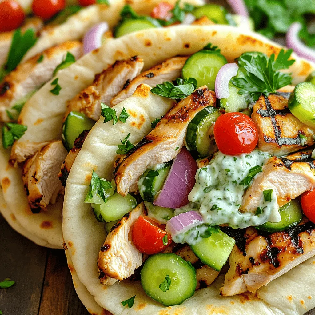 Für die Zubereitung der Easy Chicken Gyros benötigst du einige Hauptzutaten. Hier sind sie: - 450 g knochenlose, hautlose Hühnchenschenkel - 4 große Pita-Brote - 1 Tasse Tzatziki-Sauce (fertig gekauft oder hausgemacht) - 1 Tasse gewürfelte Gurke - 1 Tasse Kirschtomaten, halbiert - 1/2 rote Zwiebel, dünn geschnitten - Frische Petersilie, gehackt (zum Garnieren) Diese Zutaten sind wichtig, um einen leckeren Geschmack zu erzielen. Hühnchenschenkel sind saftig und perfekt für Gyros. Pita-Brote sind die ideale Basis für die Füllung. Die Gewürze und die Marinade sind der Schlüssel zu diesem Gericht. Du brauchst: - 2 Esslöffel Olivenöl - 2 Teelöffel getrockneter Oregano - 1 Teelöffel Knoblauchpulver - 1 Teelöffel Zwiebelpulver - 1 Teelöffel Paprika - Salz und Pfeffer nach Geschmack Diese Mischung sorgt für einen aromatischen Geschmack. Olivenöl hilft, die Gewürze gut zu verbinden. Oregano verleiht eine frische Note. Zu den Chicken Gyros passen viele leckere Beilagen und Toppings. Hier sind einige Vorschläge: - Tzatziki-Sauce für Cremigkeit - Frische Gurken für Knackigkeit - Kirschtomaten für Süße - Rote Zwiebeln für einen scharfen Kick - Gehackte Petersilie für Farbe und Frische Diese Beilagen machen die Gyros interessant und lecker. Du kannst sie nach deinem Geschmack anpassen. Wenn du mehr Ideen brauchst, schau dir das [Full Recipe] an. Zuerst mische ich in einer großen Schüssel die Gewürze. Ich nehme Olivenöl, Oregano, Knoblauchpulver, Zwiebelpulver und Paprika. Dann füge ich Salz und Pfeffer hinzu. Es ist wichtig, die Gewürze gut zu vermengen. So entsteht eine leckere Marinade. Jetzt gebe ich die Hühnchenschenkel in die Schüssel. Ich achte darauf, dass sie überall mit der Marinade bedeckt sind. Danach decke ich die Schüssel ab. Das Hühnchen mariniere ich mindestens 30 Minuten im Kühlschrank. Optimal ist eine Marinierzeit von bis zu 2 Stunden. So zieht der Geschmack tief ins Fleisch ein. Ich heize zunächst den Grill oder eine Grillpfanne auf mittelhohe Hitze vor. Dann hole ich die marinierten Hühnchenschenkel aus dem Kühlschrank. Ich lege sie vorsichtig auf den Grill. Es ist wichtig, sie für etwa 6-7 Minuten auf jeder Seite zu grillen. Ich achte darauf, dass das Hühnchen innen nicht mehr rosa ist. Mit einem Fleischthermometer prüfe ich die Innentemperatur. Sie sollte mindestens 74°C (165°F) betragen. Nach dem Grillen lasse ich das Hühnchen einige Minuten ruhen. Dann schneide ich es in dünne Streifen. Jetzt beginne ich, die Gyros zusammenzustellen. Ich nehme ein großes Pita-Brot und lege eine großzügige Menge Hühnchenstreifen darauf. Dann gebe ich Tzatziki-Sauce darauf. Ich füge gewürfelte Gurken, halbierte Kirschtomaten und dünn geschnittene rote Zwiebeln hinzu. Frische Petersilie streue ich als letzten Schliff darüber. Das sorgt für mehr Geschmack und Frische. Schließlich rolle ich das Pita-Brot vorsichtig auf und genieße meine selbstgemachten Hühnchen Gyros. Dieses Rezept macht Spaß und schmeckt großartig! Sie können die vollständige Anleitung im [Full Recipe] finden. Die Marinade macht den Unterschied. Ich empfehle, das Hühnchen mindestens 30 Minuten zu marinieren. Für einen intensiveren Geschmack marinieren Sie bis zu 2 Stunden. So ziehen die Aromen richtig ein und das Hühnchen wird saftig. Die Grillzeit ist wichtig für zartes Hühnchen. Grillen Sie die Hühnchenschenkel etwa 6-7 Minuten pro Seite. Verwenden Sie ein Fleischthermometer, um die Innentemperatur zu prüfen. Sie sollte 74°C (165°F) erreichen. So stellen Sie sicher, dass das Hühnchen gut durch ist. Frische Zutaten bringen den besten Geschmack. Verwenden Sie frische Gurken, Tomaten und Petersilie. Diese Zutaten sorgen für einen knackigen Biss und frische Aromen. Achten Sie darauf, dass das Tzatziki frisch ist. Das hebt die Gyros auf ein neues Level. Für das komplette Rezept schauen Sie bitte auf [Full Recipe]. {{image_4}} Wenn du eine vegetarische Option wünschst, probiere halloumi oder Tofu. Diese Zutaten bieten einen ähnlichen Biss. Mariniere sie wie das Hühnchen. Verwende die gleichen Gewürze, um den Geschmack zu erhalten. Grillen oder braten sie, bis sie goldbraun sind. Serviere sie in Pita mit Tzatziki und frischem Gemüse. Diese Version ist leicht und sehr schmackhaft. Für scharfe Gyros füge etwas Cayennepfeffer oder scharfe Paprika zur Marinade hinzu. Du kannst auch frische Jalapeños oder Chili verwenden. Achte darauf, die Menge nach deinem Geschmack anzupassen. Diese Zutaten geben den Gyros einen tollen Kick. Serviere sie mit einem kühlen Joghurt-Dip, um die Schärfe auszugleichen. Beilagen sind wichtig, um dein Gericht zu ergänzen. Ein einfacher griechischer Salat passt gut dazu. Mische Tomaten, Gurken, Feta und Oliven. Ein frischer Krautsalat ist auch eine gute Wahl. Du kannst auch Gemüse-Sticks wie Karotten oder Sellerie anbieten. Diese Beilagen sind gesund und machen das Essen leicht und frisch. Um Reste der Chicken Gyros frisch zu halten, lege sie in einen luftdichten Behälter. Achte darauf, das Hühnchen und die Toppings getrennt zu lagern. So bleibt die Pita knusprig und das Hühnchen saftig. Du kannst die Reste auch in Frischhaltefolie wickeln. Stelle den Behälter in den Kühlschrank. So bleiben die Reste bis zu drei Tage haltbar. Wenn du die Gyros wieder aufwärmen möchtest, nutze einen Ofen oder eine Pfanne. Dies sorgt dafür, dass das Hühnchen nicht trocken wird. Erhitze das Hühnchen bei 180°C im Ofen für etwa 10 Minuten. In der Pfanne kannst du es bei mittlerer Hitze für 5 bis 7 Minuten aufwärmen. Achte darauf, das Hühnchen gleichmäßig zu wenden. Die Chicken Gyros sind im Kühlschrank bis zu drei Tage haltbar. Nach dieser Zeit kann der Geschmack und die Textur leiden. Du kannst die Gyros auch einfrieren. Sie halten bis zu drei Monate im Gefrierfach. Zum Auftauen lege sie einfach über Nacht in den Kühlschrank. So bleiben die Aromen erhalten. Du kannst die Gyros bis zu drei Tage im Kühlschrank aufbewahren. Stelle sicher, dass sie in einem luftdichten Behälter sind. So bleiben sie frisch. Wenn du die Gyros einfrieren möchtest, lege sie in einen Gefrierbeutel. Im Gefrierfach sind sie bis zu drei Monate haltbar. Ja, du kannst das Hühnchen im Voraus marinieren. Ich empfehle, es mindestens 30 Minuten, besser zwei Stunden im Kühlschrank zu lassen. Das gibt dem Hühnchen mehr Geschmack. Wenn du noch mehr Zeit hast, lasse es über Nacht marinieren. Zu Chicken Gyros passen viele leckere Beilagen. Salate sind toll, besonders ein frischer Gurkensalat. Auch Pommes oder Reis sind gute Optionen. Du kannst auch mehr Tzatziki-Sauce und frisches Brot dazu reichen. Diese Kombination macht das Essen noch besser. Für ein komplettes Erlebnis, serviere auch etwas Feta-Käse oder Oliven. In diesem Artikel haben wir die Hauptzutaten für einfache Chicken Gyros erkundet. Wir haben die Marinade, das Grillen und das Zusammenstellen der Gyros Schritt für Schritt durchgenommen. Ich habe Tipps für den besten Geschmack gegeben und Variationen für jeden Geschmack vorgestellt. Schlussendlich ist frisches Kochen der Schlüssel. Experimentiere mit den Zutaten und genieße deine Kreationen! Gute Gyros bringen Freunde und Familie zusammen.