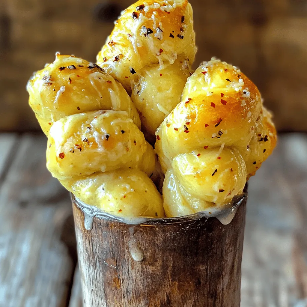 - 2 Tassen Allzweckmehl - 1 Päckchen (2 ¼ Teelöffel) Trockenhefe - ¾ Tasse warmes Wasser (110°F/45°C) - 1 Esslöffel Zucker - 1 Teelöffel Salz - 2 Esslöffel Olivenöl - 3 Esslöffel ungesalzene Butter, geschmolzen Diese Zutaten sind die Basis für die Knoblauch-Parmesan-Knottenbrotstangen. Das Mehl gibt dem Teig Struktur, während die Hefe ihn aufgehen lässt. Zucker hilft der Hefe, aktiv zu werden. Olivenöl sorgt für einen feinen Geschmack und eine schöne Textur. - 4 Knoblauchzehen, fein gehackt - ½ Tasse geriebener Parmesan-Käse - 1 Teelöffel getrocknete Petersilie - ½ Teelöffel Knoblauchpulver - Prise rote Pfefferflocken (optional) Die Gewürze bringen jedem Bissen Geschmack. Knoblauch sorgt für einen tollen Duft. Parmesan fügt die nötige Würze und einen cremigen Geschmack hinzu. Petersilie bringt frische mit, und rote Pfefferflocken geben einen leichten Kick. - Große Rührschüssel - Kleine Schüssel - Bemehlte Arbeitsfläche - Backblech mit Backpapier - Küchentuch Zu den Hilfsmitteln zählen Schüsseln für die Zutaten und ein Backblech für die Brotstangen. Ein Küchentuch hilft, den Teig beim Gehen warm zu halten. Diese Utensilien machen die Zubereitung einfach und sorgen für ein tolles Ergebnis. Um die Hefemischung zu machen, nimm eine kleine Schüssel. Füge warmes Wasser, Zucker und Trockenhefe hinzu. Rühre alles gut um und lasse es 5 bis 10 Minuten ruhen. Die Mischung wird schaumig. Das zeigt, dass die Hefe aktiv ist. Dies ist ein wichtiger Schritt. Ohne aktive Hefe wird dein Brot nicht aufgehen. Nimm eine große Rührschüssel. Vermische das Allzweckmehl und das Salz gründlich. Gieße dann die Hefemischung in die Schüssel. Füge das Olivenöl hinzu und rühre, bis ein grober Teig entsteht. Knete den Teig auf einer bemehlten Fläche. Mach das etwa 5 bis 7 Minuten. Der Teig sollte glatt und elastisch sein. Das Kneten ist wichtig, um die Struktur zu entwickeln. Lege den Teig in eine leicht geölte Schüssel. Decke ihn mit einem Küchentuch ab und stelle ihn an einen warmen Ort. Lass den Teig etwa 1 Stunde gehen, bis er sich verdoppelt hat. Wenn der Teig aufgeht, schlage ihn mit der Handfläche nieder. Teile ihn in 10 gleich große Portionen. Rolle jede Portion zu einem langen Seil und forme Knoten. Lege die Knoten auf ein Backblech mit Backpapier. Um perfekte Knoten zu formen, beginne mit einem gleichmäßigen Teigstück. Teilen Sie den Teig in zehn Teile. Jedes Stück sollte etwa gleich groß sein. Rollen Sie es zu einem langen Seil, etwa 20 cm lang. Drehen Sie das Seil leicht und binden Sie es zu einem Knoten. Achten Sie darauf, dass die Enden gut zusammengefügt sind. So bleibt der Knoten beim Backen stabil. Üben Sie ein wenig Druck aus, um die Struktur zu sichern. Sie können die Knoblauch-Parmesan-Knottenbrotstangen anpassen. Probieren Sie verschiedene Käsesorten wie Mozzarella oder Cheddar. Fügen Sie frische Kräuter wie Basilikum oder Thymian hinzu. Für eine scharfe Note können Sie mehr rote Pfefferflocken verwenden. Wenn Sie es süßer mögen, fügen Sie etwas Honig zur Butter hinzu. Seien Sie kreativ und experimentieren Sie mit verschiedenen Aromen. Ein häufiger Fehler ist, den Teig nicht lange genug zu kneten. Kneten Sie den Teig mindestens 5 bis 7 Minuten. Achten Sie darauf, dass er glatt und elastisch ist. Ein weiterer Fehler ist, die Knoten zu fest zu binden. Dies kann dazu führen, dass sie beim Backen nicht aufgehen. Lassen Sie den Teig auch an einem warmen Ort gehen. Zu kalte Temperaturen können das Aufgehen verhindern. Wenn Sie diese Tipps beachten, gelingen Ihre Brotstangen sicher! {{image_4}} Ich liebe es, mit verschiedenen Käsesorten zu experimentieren. Parmesan ist großartig, aber du kannst auch Mozzarella, Cheddar oder sogar Feta verwenden. Jeder Käse bringt seinen eigenen Geschmack mit. Mozzarella ergibt einen schönen, schmelzenden Kern. Cheddar gibt einen kräftigen, würzigen Biss. Feta kann eine salzige Note hinzufügen, die gut zu Knoblauch passt. Probiere, verschiedene Käsesorten zu mischen, um neue Geschmäcker zu entdecken. Kräuter und Gewürze sind der Schlüssel zu leckeren Brotsticks. Neben Petersilie kannst du auch Oregano, Thymian oder Basilikum verwenden. Diese Kräuter verleihen den Stangen frische Aromen. Wenn du es schärfer magst, füge mehr rote Pfefferflocken hinzu. Für eine mediterrane Note kannst du getrocknete Oliven oder Rosmarin verwenden. Sei kreativ und passe die Gewürze an deinen Geschmack an. Für glutenfreie Knoblauch-Parmesan-Knottenbrotstangen verwende glutenfreies Mehl. Es gibt viele gute Mischungen, die sich gut verarbeiten lassen. Achte darauf, das richtige Verhältnis von Wasser und Mehl zu finden. Du kannst auch eine Mischung aus Mandelmehl und Kokosmehl ausprobieren. Diese Alternativen bringen einen anderen Geschmack, der sehr lecker ist. Stelle sicher, dass alle anderen Zutaten auch glutenfrei sind. So kannst du die Brotsticks genießen, ohne auf den Geschmack zu verzichten. Um die Knoblauch-Parmesan-Knottenbrotstangen frisch zu halten, lege sie in einen luftdichten Behälter. Du kannst auch ein sauberes Küchentuch verwenden, um sie abzudecken. So bleiben sie weich und lecker. Wenn du sie für später aufbewahren möchtest, lasse sie zuerst abkühlen. Wenn du die Brotstangen aufwärmen möchtest, heize deinen Ofen auf 350°F (175°C) vor. Lege die Brotstangen auf ein Backblech. Backe sie für etwa 5-7 Minuten. So werden sie wieder knusprig und warm. Du kannst auch die Mikrowelle nutzen, wenn du es eilig hast. Erwärme sie jedoch nur für 10-15 Sekunden, um sie nicht zu trocken zu machen. Im Kühlschrank bleiben die Brotstangen etwa 3-4 Tage frisch. Achte darauf, sie in einem luftdichten Behälter zu lagern. Wenn du sie länger aufbewahren möchtest, kannst du sie einfrieren. Wickel jede Brotstange in Frischhaltefolie und lege sie in einen Gefrierbeutel. So kannst du sie bis zu 3 Monate aufbewahren. Wenn du sie genießen möchtest, lasse sie einfach im Kühlschrank auftauen und wärme sie dann auf. Die Zubereitung der Knoblauch-Parmesan-Knottenbrotstangen dauert insgesamt etwa 1 Stunde und 30 Minuten. Davon sind 20 Minuten für die Vorbereitung und 1 Stunde für das Gehen des Teigs. Die Backzeit beträgt etwa 15-18 Minuten. Damit kannst du die leckeren Stangen schnell in deiner Küche zaubern! Ja, du kannst den Teig im Voraus zubereiten. Bereite den Teig einfach bis zum Gehen vor und decke ihn ab. Stelle ihn dann in den Kühlschrank. Du kannst ihn bis zu 24 Stunden im Voraus machen. Wenn du bereit bist, die Brotstangen zu backen, nimm den Teig aus dem Kühlschrank und lasse ihn bei Raumtemperatur für etwa 30 Minuten gehen. Das Rezept für die Knoblauch-Parmesan-Knottenbrotstangen ist inspiriert von traditionellen italienischen Broten. Es vereint einfache Zutaten mit dem reichen Geschmack von Knoblauch und Parmesan. Solche Rezepte sind in vielen italienischen Haushalten beliebt und sind eine tolle Beilage zu Pasta oder Salaten. Zusammenfassend haben wir die wichtigsten Zutaten und Schritte für leckere Knoblauch-Parmesan-Knottenbrotstangen besprochen. Wir haben Tipps gegeben, um perfekte Knoten zu formen und Variationen zu kreieren. Denken Sie daran, die Haltbarkeit zu beachten und häufige Fehler zu vermeiden. Mit diesen Informationen sind Sie gut gerüstet, um Ihre eigenen köstlichen Brotstangen zu machen. Gute Ergebnisse erfordern Übung und Geduld. Zutaten und Zubereitung werden mit der Zeit immer besser. Viel Spaß beim Backen!