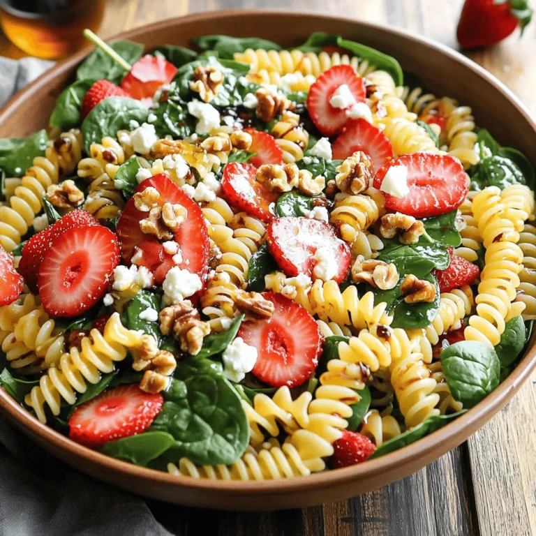 - 225 g Vollkornpasta (Fusilli oder Rotini) - 2 Tassen frischer Spinat, gewaschen und getrocknet - 1 Tasse Erdbeeren, entstielt und in Scheiben geschnitten Die Hauptzutaten machen diesen Salat frisch und bunt. Vollkornpasta bringt Ballaststoffe und einen nussigen Geschmack. Frischer Spinat hat viele Vitamine und Mineralien. Erdbeeren fügen eine süße Note hinzu. Diese Kombination ist nicht nur lecker, sondern auch gesund. - 125 g Feta-Käse, zerbröselt - 30 g Walnüsse, grob gehackt - 1/4 Tasse rote Zwiebel, dünn geschnitten Zusätzliche Zutaten bringen Textur und Geschmack. Feta-Käse gibt einen salzigen Kick und macht den Salat cremig. Walnüsse sorgen für einen knackigen Biss. Rote Zwiebel gibt eine milde Schärfe dazu. Diese Zutaten machen den Salat spannend und lecker. - 60 ml natives Olivenöl extra - 30 ml Balsamico-Essig - 1 Esslöffel Honig Das Dressing ist einfach, aber voller Geschmack. Natives Olivenöl extra sorgt für gesunde Fette. Balsamico-Essig fügt eine süß-saure Note hinzu. Honig rundet den Geschmack ab und macht das Dressing süßlich. Zusammen ergeben sie eine perfekte Soße für den Salat. Kochen Sie die Vollkornpasta in einem großen Topf mit leicht gesalzenem Wasser. Achten Sie darauf, die Pasta al dente zu kochen. Das bedeutet, sie sollte noch einen leichten Biss haben. Gießen Sie die Pasta dann in ein Sieb ab und spülen Sie sie unter kaltem Wasser ab. So stoppen Sie den Kochvorgang und kühlen die Pasta schnell ab. Nehmen Sie eine große Schüssel. Geben Sie die abgekühlte Pasta hinein. Fügen Sie dann den gewaschenen und getrockneten Spinat, die geschnittenen Erdbeeren, den zerbröselten Feta, die gehackten Walnüsse und die dünn geschnittene rote Zwiebel hinzu. Diese Kombination sorgt für einen tollen Geschmack und eine schöne Textur. In einer kleinen Schüssel mischen Sie das natives Olivenöl, den Balsamico-Essig und den Honig. Fügen Sie etwas Salz und Pfeffer hinzu. Verquirlen Sie alles gut, bis die Mischung homogen ist. Das Dressing wird die Aromen der Zutaten wunderbar verbinden. Gießen Sie das Dressing über die Pasta-Salat-Mischung. Wenden Sie alles vorsichtig, damit die Zutaten gleichmäßig mit dem Dressing bedeckt sind. Lassen Sie den Salat dann mindestens 10 bis 15 Minuten ruhen. So können sich alle Aromen gut entfalten und der Salat wird noch leckerer. Um die Pasta perfekt zu kochen, achte darauf, sie al dente zu garen. Dies bedeutet, dass die Pasta noch einen leichten Biss hat. Folge der Anleitung auf der Verpackung. Nach dem Kochen solltest du die Pasta gut abgießen und sofort mit kaltem Wasser abspülen. So stoppst du den Kochprozess und verhinderst, dass die Pasta matschig wird. Lass die Pasta mindestens 10 bis 15 Minuten ruhen. Dies gibt dir Zeit, die Aromen zu entfalten und die anderen Zutaten vorzubereiten. Der Geschmack des Salats hängt stark von den Gewürzen ab. Füge Salz und Pfeffer nach deinem persönlichen Geschmack hinzu. Beginne mit einer Prise und taste dich langsam vor. Du kannst mehr hinzufügen, wenn du es würziger magst. Das Dressing ist ebenfalls wichtig. Gieße es nach und nach über den Salat. So kannst du die Menge besser kontrollieren. Zu viel Dressing kann den Salat schwer machen. Die Präsentation macht viel aus. Serviere den Salat in einer großen, flachen Schüssel. Das sieht einladend aus. Für einen besonderen Touch kannst du den Salat mit zusätzlichen Erdbeerscheiben und ganzen Walnüssen garnieren. Ein Spritzer Balsamico-Essig vor dem Servieren sorgt für einen zusätzlichen Geschmacks-Kick. Es macht den Salat nicht nur lecker, sondern auch schön anzusehen. {{image_4}} Eine einfache Art, den Erdbeer-Spinat-Pasta-Salat zu variieren, ist die Wahl der Zutaten. Wenn Sie vegan leben, ersetzen Sie den Feta-Käse durch einen veganen Feta. Er ist oft auf Basis von Nüssen und sorgt für einen ähnlichen Geschmack. Für mehr Crunch können Sie auch andere Nüsse verwenden. Mandeln oder Cashews passen sehr gut zu diesem Salat. Der Salat kann das ganze Jahr über frisch bleiben. Verwenden Sie saisonales Gemüse wie Gurken oder Paprika im Sommer. Im Frühling können Sie Spargel hinzufügen. Im Herbst sind geröstete Kürbisstücke eine tolle Ergänzung. Passen Sie die Früchte an die Saison an. Im Sommer sind frische Beeren perfekt. Im Winter können Sie auf Äpfel oder Orangen zurückgreifen. Das Dressing ist der Schlüssel zu diesem Salat. Neben Balsamico-Essig können Sie auch frischen Zitronensaft verwenden. Das bringt eine tolle Frische hinein. Experimentieren Sie mit Kräutern wie Basilikum oder Minze. Diese Kräuter verleihen dem Gericht eine neue Dimension. Mischen Sie die Kräuter gut ins Dressing, um den Geschmack zu intensivieren. - Kühlung des Salats: Bewahren Sie den Erdbeer-Spinat-Pasta-Salat im Kühlschrank auf. Kälte hilft, die Frische zu bewahren. Stellen Sie sicher, dass der Salat gut abgedeckt ist, um das Austrocknen zu verhindern. - Behälterempfehlungen: Nutzen Sie einen luftdichten Behälter. Glasbehälter sind ideal, da sie keine Chemikalien abgeben. Achten Sie darauf, dass der Behälter genug Platz bietet, damit der Salat nicht gequetscht wird. - Wie lange kann der Salat aufbewahrt werden? Der Salat bleibt bis zu drei Tage frisch. Nach dieser Zeit können die Zutaten matschig werden. Achten Sie darauf, den Salat regelmäßig auf Geruch und Aussehen zu prüfen. - Optimale Frische gewährleisten: Um die Frische zu erhalten, essen Sie den Salat innerhalb von zwei Tagen. Lagern Sie die Dressing-Zutaten separat, um eine matschige Konsistenz der Pasta zu vermeiden. Mischen Sie das Dressing erst kurz vor dem Servieren. Ja, du kannst andere Pasta verwenden. Fusilli und Rotini sind ideal, aber auch andere Formen sind gut. Probiere Penne oder Farfalle. Diese Pastaformen halten das Dressing gut fest. Achte darauf, dass die Pasta Vollkorn ist. Vollkornpasta hat mehr Ballaststoffe. Das macht den Salat gesünder und sättigender. Ja, der Salat ist sehr gesund. Hier sind einige Vorteile: - Frischer Spinat: Er enthält viele Vitamine und Mineralstoffe. - Erdbeeren: Sie sind reich an Antioxidantien und Vitaminen. - Vollkornpasta: Sie liefert Energie und hat Ballaststoffe. - Feta-Käse: Er gibt Protein und Kalzium. - Walnüsse: Sie sind gut für das Herz und enthalten gesunde Fette. Insgesamt ist dieser Salat nahrhaft und lecker. Er unterstützt eine ausgewogene Ernährung. Ja, du kannst das Dressing im Voraus zubereiten. Das spart Zeit beim Kochen. Fülle es in ein Glas oder eine Flasche. Lagere es im Kühlschrank. So bleibt es frisch. Du kannst das Dressing bis zu einer Woche aufbewahren. Vor der Nutzung schüttle das Glas gut. Das sorgt dafür, dass sich die Zutaten wieder vermischen. Diese Anleitung erklärt, wie du einen leckeren Salat mit Vollkornpasta zubereitest. Die Hauptzutaten sind Pasta, Spinat und Erdbeeren. Mit Feta, Walnüssen und einem einfachen Dressing bringst du Farbe und Geschmack. Achte auf die optimale Pasta-Konsistenz und lasse den Salat ruhen, um die Aromen zu entfalten. Du kannst auch Variationen ausprobieren und den Salat anpassen. Probiere verschiedene Zutaten für Abwechslung und lagere Reste richtig. So bleibt der Salat frisch. Jetzt ist es an der Zeit, in die Küche zu gehen und diesen gesunden, köstlichen Salat zu machen!
