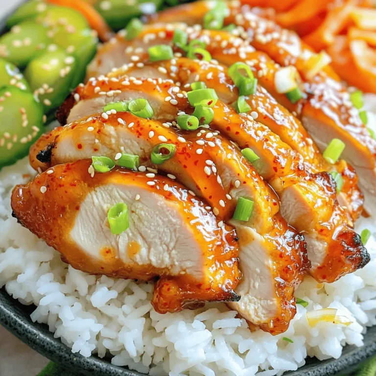 - 680 g Hähnchenschenkel, entbeint und ohne Haut - 3 Esslöffel Gochujang (koreanische Chili-Paste) Die Hauptzutaten für dieses Gericht sind Hähnchenschenkel und Gochujang. Hähnchenschenkel sind saftig und zart. Gochujang gibt dem Gericht seine besondere Schärfe und Süße. - 2 Esslöffel Honig - 1 Esslöffel Sojasauce - 1 Esslöffel Sesamöl - 3 Knoblauchzehen, fein gehackt - 1 Esslöffel Ingwer, fein gehackt - 1 Esslöffel Reisessig Die Marinade ist wichtig für den Geschmack. Honig bringt Süße, während Sojasauce einen herzhaften Geschmack hinzufügt. Sesamöl gibt ein nussiges Aroma. Frischer Knoblauch und Ingwer sorgen für einen kräftigen Kick. Reisessig rundet die Aromen ab. - 2 Frühlingszwiebeln, fein geschnitten (zur Dekoration) - Sesamsamen (zur Dekoration) - Gekochter Jasminreis (zum Servieren) Frühlingszwiebeln und Sesamsamen verleihen dem Gericht einen frischen Look. Gekochter Jasminreis ist die ideale Beilage, die die Aromen perfekt ergänzt. - Zubereitung der Marinade Mische in einer großen Schüssel Gochujang, Honig, Sojasauce, Sesamöl, gehackten Knoblauch, gehackten Ingwer und Reisessig. Diese Mischung wird eine aromatische Marinade. Sie gibt dem Hähnchen viel Geschmack. - Einlegen des Hähnchens Lege die Hähnchenschenkel in die Marinade. Stelle sicher, dass sie gut bedeckt sind. Decke die Schüssel ab und stelle sie mindestens 30 Minuten in den Kühlschrank. Wenn du mehr Zeit hast, lasse das Hähnchen 1 bis 2 Stunden marinieren. So wird der Geschmack intensiver. - Vorbereiten des Grills oder der Pfanne Heize deinen Grill oder deine Pfanne bei mittelhoher Hitze vor. Wenn du eine Pfanne benutzt, füge ein wenig Öl hinzu. So bleibt das Hähnchen nicht kleben. - Garen des Hähnchens Nimm das Hähnchen aus der Marinade. Entsorge die übrig gebliebene Marinade. Würze das Hähnchen mit einer Prise Salz und Pfeffer. Lege die Hähnchenschenkel auf den Grill oder in die Pfanne. Brate sie etwa 6 bis 8 Minuten pro Seite, bis sie durchgegart sind und eine goldene Farbe haben. Die Innentemperatur sollte 74°C erreichen. - Hähnchen schneiden und anrichten Nimm das Hähnchen vom Herd und lasse es 5 Minuten ruhen. Schneide das Hähnchen in Streifen. Serviere es über gekochtem Jasminreis. - Präsentationstipps Garnieren die Hähnchenstreifen mit geschnittenen Frühlingszwiebeln und Sesamsamen. Serviere die Hähnchenstreifen in einer flachen Schüssel. Träufle die restlichen Säfte aus der Pfanne darüber. Ergänze das Gericht mit eingelegtem Gemüse. Das gibt einen tollen Farbk Kontrast! - Um den Geschmack zu intensivieren, marinierst du das Hähnchen mindestens 30 Minuten. Ideal sind 1-2 Stunden. So zieht die Marinade besser ein. - Wenn du keine Zeit hast, probiere eine schnelle Marinade mit Sojasauce und Honig. Das gibt auch einen guten Geschmack. - Heize deinen Grill oder deine Pfanne auf mittelhohe Hitze vor. So wird das Hähnchen gleichmäßig gegart. - Verwende ein wenig Öl in der Pfanne, um das Ankleben zu vermeiden. Das macht das Wenden einfacher. - Du kannst zusätzliche Gewürze wie Paprika oder schwarzer Pfeffer hinzufügen. Sie geben dem Hähnchen mehr Tiefe. - Serviere das Hähnchen mit Beilagen wie gedämpftem Gemüse oder einem einfachen Salat. Das sorgt für frische Aromen. {{image_4}} Für Familien mit Kindern kann das Gericht milder sein. Reduziere die Menge an Gochujang. Du kannst auch etwas mehr Honig hinzufügen. So bleibt das Gericht süß und lecker, ohne zu scharf zu sein. Für Schärfeliebhaber empfehle ich, mehr Gochujang zu verwenden. Du kannst auch eine Prise Chili-Flocken hinzufügen. Das bringt noch mehr Würze und macht das Gericht aufregender. Wenn du kein Hähnchen magst, kannst du Tofu verwenden. Tofu nimmt die Aromen gut auf. Für einen herzhaften Geschmack kannst du auch Rindfleisch probieren. Schneide das Fleisch in dünne Streifen, damit es schnell gart. Vegane Alternativen sind auch möglich. Nutze Jackfruit oder Pilze als Hauptzutat. Diese Optionen bieten eine tolle Textur und sind sehr schmackhaft. Das Gericht passt gut zu verschiedenen Reissorten. Du kannst Jasminreis, Basmatireis oder sogar braunen Reis verwenden. Jede Sorte hat ihren eigenen Charakter und Geschmack. Zusätzlich kannst du Beilagen aus der koreanischen Küche ausprobieren. Kimchi ist eine großartige Wahl. Es gibt auch eingelegtes Gemüse, das gut dazu passt. Diese Beilagen bringen frische Aromen in das Gericht und sorgen für Abwechslung. Bewahre die Reste in einem luftdichten Behälter auf. So bleibt das Hähnchen frisch. Im Kühlschrank hält es sich bis zu drei Tage. Du kannst es auch einfrieren. In diesem Fall bleibt es bis zu drei Monate gut. Achte darauf, das Hähnchen gut zu verpacken, um Gefrierbrand zu vermeiden. Du kannst das Hähnchen in der Mikrowelle aufwärmen. Stelle die Mikrowelle auf mittlere Leistung. Erhitze es für ein bis zwei Minuten. Alternativ kannst du den Ofen nutzen. Heize den Ofen auf 180 Grad vor und lege das Hähnchen auf ein Backblech. Backe es für etwa 10 Minuten. Die Ofenmethode macht das Hähnchen knuspriger. Wenn du Reste hast, kannst du sie leicht anpassen. Füge frisches Gemüse hinzu oder mache einen Wrap. Das bringt neuen Geschmack und Textur. Bereite das Hähnchen am Anfang der Woche vor. Marinieren und garen kannst du es am Sonntag. Teile das Hähnchen dann in Portionen auf. So hast du einfache Mahlzeiten für die Woche. Das macht das Mittagessen oder Abendessen schnell. Ergänze die Portionen mit Reis oder Gemüse für eine vollwertige Mahlzeit. Um die Marinade zu machen, nimm eine große Schüssel. Füge hinzu: - 3 Esslöffel Gochujang - 2 Esslöffel Honig - 1 Esslöffel Sojasauce - 1 Esslöffel Sesamöl - 3 fein gehackte Knoblauchzehen - 1 Esslöffel fein gehackten Ingwer - 1 Esslöffel Reisessig Vermische alles gut. Du willst, dass sich die Aromen verbinden. Lege dann die Hähnchenschenkel in die Marinade. Stelle sicher, dass sie gut bedeckt sind. Decke die Schüssel ab und stelle sie mindestens 30 Minuten in den Kühlschrank. Wenn du mehr Zeit hast, lass es 1-2 Stunden marinieren. So wird das Hühnchen noch schmackhafter. Zu Süßem & Würzigem Koreanischen Hühnchen passen viele Gemüsesorten. Hier sind einige gute Beilagen: - Gedämpfter Brokkoli - Karotten, in Streifen geschnitten - Gebratene Zucchini - Gurken, frisch und knackig Diese Gemüse bringen frische und Farbe auf den Teller. Du kannst sie einfach dämpfen oder leicht anbraten. Sie ergänzen den Geschmack des Hühnchens sehr gut. Süßes & Würziges Koreanisches Hühnchen hat seine Wurzeln in der koreanischen Küche. Es ist ein beliebtes Gericht, das oft bei Festen und Feiern serviert wird. Gochujang, die Chili-Paste, ist ein Hauptbestandteil. Diese Paste gibt dem Gericht seine besondere Würze und Tiefe. In Korea kochen die Menschen oft mit frischen Zutaten. Es ist eine Tradition, die bis heute lebt. Ja, du kannst Gochujang ersetzen, wenn du es nicht findest. Hier sind einige Alternativen: - Sriracha-Sauce für eine ähnliche Schärfe - Chili-Pulver mit etwas Honig für Süße - Harissa-Paste für einen anderen Geschmack Diese Optionen bringen auch Geschmack, aber die Note von Gochujang fehlt. Experimentiere und finde heraus, was dir am besten gefällt. Zusammenfassend haben wir besprochen, wie man süßes und würziges koreanisches Hühnchen zubereitet. Wir haben die Zutaten, die Marinierung, die Grilltechnik und Präsentation behandelt. Das Gericht bietet viele Variationen und Beilagen. Durch die Tipps und Tricks kannst du den Geschmack anpassen. Denke daran, die Reste richtig zu lagern und aufzuwärmen. Dieses Rezept bringt Freude beim Kochen und Essen. Probier es aus und beeindrucke Familie und Freunde mit deinem leckeren Gericht!