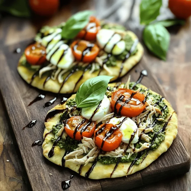Für dieses Rezept benötige ich folgende Hauptzutaten: - 2 große Fladenbrote oder Naan - 1 Tasse gekochtes Hähnchen, zerrupft - 1/2 Tasse Basilikumpesto - 1 Tasse frischer Mozzarella, in Scheiben geschnitten - 1 Tasse Kirschtomaten, halbiert Diese Zutaten bilden die Basis für den leckeren Geschmack. Das Hähnchen liefert Proteine. Das Pesto bringt frische Kräuter und Geschmack. Zusätzlich zu den Hauptzutaten verwende ich: - 1/4 Tasse Balsamico-Glasur - Frische Basilikumblätter zur Garnierung - Olivenöl zum Bestreichen Die Balsamico-Glasur gibt dem Gericht eine süße Note. Frische Basilikumblätter sorgen für einen schönen Farbkontrast und zusätzliche Frische. Für die Würze achte ich darauf, folgendes zu verwenden: - Salz nach Geschmack - Pfeffer nach Geschmack Diese Gewürze heben den gesamten Geschmack des Fladenbrots hervor. Olivenöl hilft, das Fladenbrot knusprig zu machen und gibt einen feinen Geschmack. Zuerst heizen Sie den Ofen auf 200 °C vor. Nehmen Sie zwei große Fladenbrote oder Naan. Legen Sie diese auf ein Backblech mit Backpapier. Bestreichen Sie die Fladenbrote leicht mit Olivenöl. Dies macht sie knuspriger. Verteilen Sie etwa 1/4 Tasse Basilikumpesto gleichmäßig auf jedem Fladenbrot. Dann kommt das zerrupfte Hähnchen. Streuen Sie es über das Pesto. Legen Sie die frischen Mozzarella-Scheiben darauf. Danach fügen Sie die halbierten Kirschtomaten hinzu. Vergessen Sie nicht, mit Salz und Pfeffer zu würzen. Jetzt sind die Fladenbrote bereit für den Ofen. Backen Sie sie für 12-15 Minuten. Der Käse sollte geschmolzen und sprudelnd sein. Die Ränder des Fladenbrotes werden schön knusprig. Nehmen Sie die Fladenbrote aus dem Ofen. Träufeln Sie Balsamico-Glasur über die warme Fläche. Garnieren Sie jedes Fladenbrot mit frischen Basilikumblättern. Dann schneiden Sie sie in Stücke und servieren Sie sie. Um ein knuspriges Fladenbrot zu machen, heize deinen Ofen gut vor. 200 °C sind ideal. Lege die Fladenbrote auf ein Backblech. Bestreiche sie leicht mit Olivenöl. Das Öl hilft, die Ränder knusprig zu machen. Achte darauf, die Fladenbrote nicht zu überladen. So bleiben sie schön und knusprig. Das Pesto ist der Schlüssel. Nutze frisches Basilikumpesto für den besten Geschmack. Verteile es gleichmäßig auf dem Fladenbrot. Füge dann das zerrupfte Hähnchen hinzu. Achte darauf, dass das Hähnchen gut gewürzt ist. Salz und Pfeffer verbessern den Geschmack. Wenn du das Hähnchen zart machst, wird das Gericht noch besser. Die Präsentation zählt! Schneide die Fladenbrote in Wedges. Lege sie auf ein Holzbrett. Garniere die Wedges mit frischen Basilikumblättern. Ein Hauch von Balsamico-Glasur macht das Gericht ansprechend. Serviere zusätzlich einen leichten Salat. So hast du eine schöne, rustikale Mahlzeit. {{image_4}} Wenn du eine vegetarische Option suchst, ersetze das Hähnchen. Du kannst gegrilltes Gemüse verwenden. Zucchini, Paprika und Auberginen passen gut zu diesem Gericht. Ein weiterer toller Ersatz ist gebratener Tofu. Er hat eine gute Textur und nimmt Aromen gut auf. Du kannst mit Belegen kreativ sein. Füge Spinat oder Rucola hinzu, um mehr Frische zu bekommen. Oliven oder Artischocken sind auch lecker. Für einen Extra-Kick kannst du Chili-Flocken oder geräucherte Paprika verwenden. Diese Zutaten bringen mehr Geschmack und Farbe auf die Fladenbrote. Naan ist toll, aber du kannst auch andere Brotsorten verwenden. Fladenbrot oder Pita funktioniert ebenfalls gut. Für eine glutenfreie Wahl, versuche ein Blumenkohlbrot. Es gibt viele Möglichkeiten. Wähle, was dir am besten schmeckt! Um Reste von Pesto Chicken Caprese Fladenbrot zu lagern, lege sie in einen luftdichten Behälter. Du kannst die Fladenbrote auch in Alufolie wickeln. Stelle sicher, dass die Reste vollständig abgekühlt sind, bevor du sie lagerst. So bleibt der Geschmack frisch und die Textur bleibt erhalten. Zum Aufwärmen heize den Ofen auf 180 °C (350 °F) vor. Lege das Fladenbrot auf ein Backblech und decke es leicht mit Aluminiumfolie ab. So bleibt es saftig und knusprig. Backe das Fladenbrot für etwa 10 Minuten oder bis es wieder warm ist. Du kannst auch eine Mikrowelle verwenden, aber das Fladenbrot kann weich werden. Die Reste halten sich im Kühlschrank etwa 3 bis 4 Tage. Wenn du länger aufbewahren möchtest, friere die Fladenbrote ein. Im Gefrierfach bleiben sie bis zu 3 Monate frisch. Achte darauf, die Fladenbrote gut zu verpacken, damit sie nicht austrocknen. Du kannst dieses Rezept ganz leicht anpassen. Probiere andere Käsesorten wie Feta oder Gouda. Du kannst auch das Hähnchen durch Tofu ersetzen, um es vegetarisch zu machen. Wenn du es würziger magst, füge etwas Chili oder Paprika hinzu. Auch andere Gemüsesorten wie Paprika oder Zucchini passen gut dazu. Experimentiere mit den Zutaten, um deinen eigenen Geschmack zu treffen. Ja, du kannst das Gericht im Voraus zubereiten. Bereite die Fladenbrote mit den Zutaten bis zum Backen vor. Wickele sie gut ein und stelle sie in den Kühlschrank. Du kannst sie am gleichen Tag oder am nächsten Tag backen. Das spart Zeit, wenn du Gäste erwartest. Achte darauf, sie vor dem Backen auf Raumtemperatur zu bringen, damit sie gleichmäßig garen. Zu diesem leckeren Fladenbrot passen viele Beilagen. Ein frischer grüner Salat ist eine tolle Wahl. Du kannst auch eine Gemüsesuppe oder knusprige Ofenkartoffeln servieren. Wenn du etwas mehr willst, sind gebratene Zucchini oder Antipasti eine gute Idee. Wähle die Beilage nach deinem Geschmack und der Saison aus, um das Essen zu ergänzen. Pesto Chicken Caprese Fladenbrot ist einfach und lecker. Wir haben die Hauptzutaten, ergänzende Komponenten und Gewürze besprochen. Die Schritt-für-Schritt-Anleitung zeigt, wie Sie Ihr Gericht zubereiten. Ich gab Tipps für das perfekte Fladenbrot und Vorschläge für Variationen. Das richtige Lagern der Reste ist ebenso wichtig. Sie können dieses Rezept nach Ihrem Wunsch anpassen. Jetzt sind Sie bereit, Pesto Chicken Caprese Fladenbrot zu machen. Genießen Sie dieses Gericht und lassen Sie es sich schmecken!
