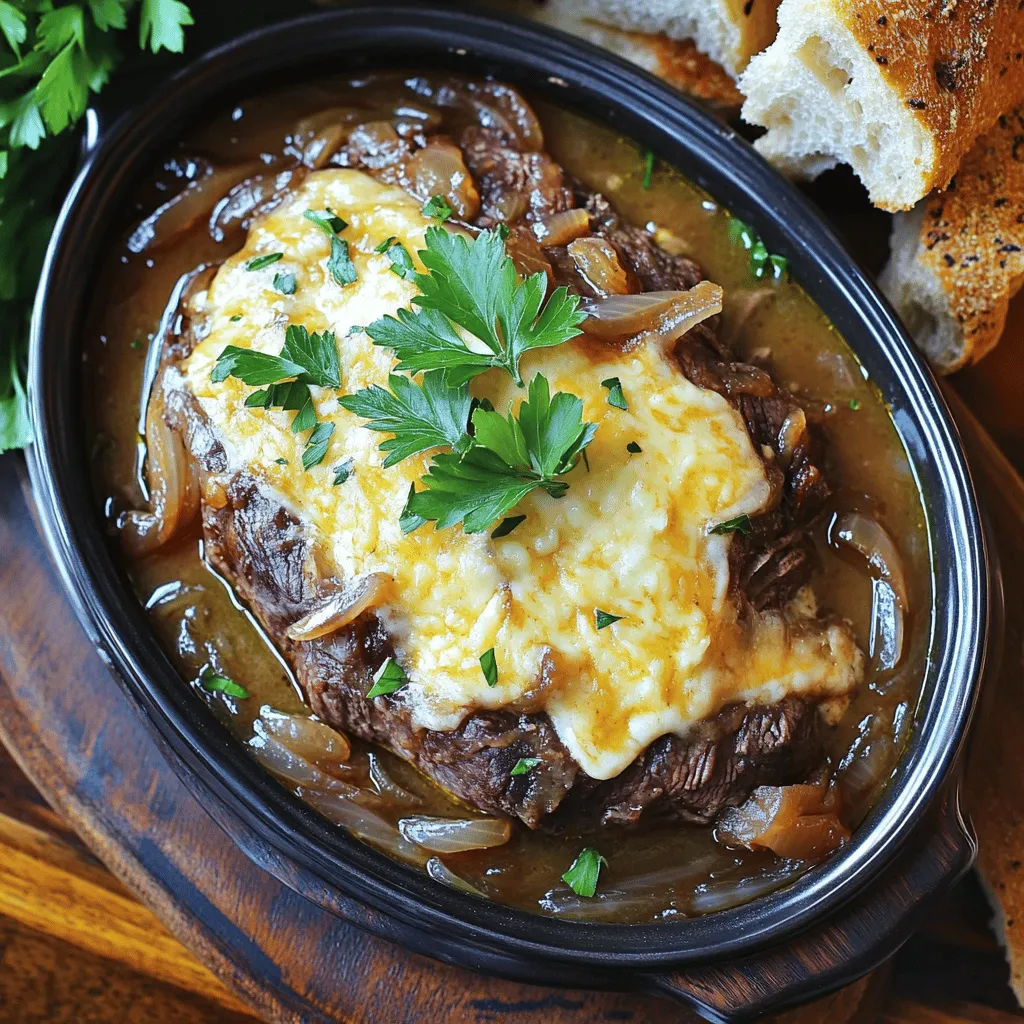 Für unseren Slow Cooker French Onion Pot Roast brauchen wir einige Hauptzutaten. Diese sind wichtig für den vollen Geschmack. Hier ist die Liste: - 1,5 bis 2 kg Rinderbraten (Chuck Roast) - 4 große Zwiebeln, dünn geschnitten - 4 Knoblauchzehen, fein gehackt - 500 ml Rinderbrühe - 2 Esslöffel Worcestersauce - 1 Esslöffel Sojasauce - 2 Esslöffel Olivenöl - Salz und Pfeffer nach Geschmack Der Rinderbraten ist das Herzstück des Gerichts. Er wird zart und saftig, wenn er langsam gekocht wird. Die Gewürze und Brühen geben dem Gericht seinen einzigartigen Geschmack. Hier sind die Zutaten: - 1 Teelöffel getrockneter Thymian - 1 Teelöffel getrockneter Rosmarin Die Rinderbrühe sorgt für eine reichhaltige Basis. Worcestersauce und Sojasauce verleihen Tiefe und Umami. Wenn du es noch leckerer machen möchtest, füge Gruyère-Käse hinzu. Du brauchst: - 4 Scheiben Gruyère-Käse (optional) - Frische Petersilie zum Garnieren Der geschmolzene Käse bringt eine cremige Note. Frische Petersilie sorgt für einen farbenfrohen Akzent auf dem Teller. Zuerst nimmst du den Rinderbraten und würzt ihn gut. Nutze Salz und Pfeffer, um den Geschmack zu verstärken. Erhitze dann Olivenöl in einer großen Pfanne bei mittlerer Hitze. Brate den Rinderbraten von allen Seiten an. Das sollte etwa drei bis vier Minuten pro Seite dauern. Du willst, dass der Braten schön goldbraun wird. Nach dem Anbraten legst du den Braten in deinen Slow Cooker. Jetzt ist es Zeit für die Zwiebeln. Schneide vier große Zwiebeln in dünne Scheiben. Gib die Zwiebeln in die gleiche Pfanne, in der du das Fleisch angebraten hast. Lasse sie unter gelegentlichem Rühren für etwa 15 Minuten karamellisieren. In den letzten zwei Minuten fügst du vier fein gehackte Knoblauchzehen hinzu. Das gibt den Zwiebeln einen tollen Geschmack. Wenn sie schön braun und weich sind, legst du sie direkt auf den Rinderbraten im Slow Cooker. Für die Sauce mischst du 500 ml Rinderbrühe, 2 Esslöffel Worcestersauce, 1 Esslöffel Sojasauce, 1 Teelöffel getrockneten Thymian und 1 Teelöffel getrockneten Rosmarin in einer Schüssel. Gieße diese Mischung über den Braten und die Zwiebeln im Slow Cooker. Decke den Slow Cooker ab und stelle ihn auf die niedrige Stufe. Koche für 8 bis 10 Stunden oder auf der hohen Stufe für 4 bis 5 Stunden. Das Fleisch sollte zart sein und sich leicht mit einer Gabel zerteilen lassen. Wenn du magst, lege in den letzten 30 Minuten eine Scheibe Gruyère-Käse auf den Braten. Der Käse schmilzt dann perfekt. Um den besten Rinderbraten zu machen, achte auf die Qualität des Fleisches. Ein guter Rinderbraten hat eine schöne Marmorierung. Diese Marmorierung sorgt für mehr Geschmack und Saftigkeit. Wenn du das Fleisch anbrätst, mache es in einer heißen Pfanne. So bekommst du eine schöne Kruste. Diese Kruste gibt dem Braten mehr Geschmack. Lasse das Fleisch nach dem Kochen ruhen. Das hilft, den Saft im Fleisch zu halten. Wenn du zu viel Flüssigkeit im Slow Cooker hast, gibt es einfache Lösungen. Du kannst den Deckel leicht öffnen und etwas Brühe abgießen. Alternativ kannst du die Hitze erhöhen und den Deckel leicht offen lassen. So verdampft die überschüssige Flüssigkeit. Achte darauf, dass du die Brühe nicht ganz entfernst. Sie gibt dem Gericht Geschmack und Feuchtigkeit. Das Karamellisieren der Zwiebeln ist der Schlüssel zu einem köstlichen Geschmack. Schneide die Zwiebeln gleichmäßig in dünne Scheiben. Das sorgt dafür, dass sie gleichmäßig garen. Verwende eine große Pfanne, um genügend Platz zu haben. Rühre die Zwiebeln regelmäßig um, damit sie nicht anbrennen. Ein kleiner Trick: Füge etwas Salz hinzu. Das hilft, Wasser aus den Zwiebeln zu ziehen und das Karamellisieren zu beschleunigen. Wenn die Zwiebeln goldbraun sind, gib den Knoblauch dazu. So bleibt der Knoblauch frisch und aromatisch. {{image_4}} Du kannst andere Fleischsorten für dieses Rezept nutzen. Ein Schweinebraten bringt eine neue Geschmacksrichtung. Auch Hähnchenbrust oder Lamm sind mögliche Alternativen. Denke daran, die Kochzeit anzupassen. Hähnchen braucht weniger Zeit, etwa 4-5 Stunden. Lamm benötigt etwa 6-8 Stunden. Wenn du eine vegetarische Variante möchtest, probiere Seitan oder Jackfruit. Diese Zutaten nehmen den Geschmack gut auf. Karamellisierte Zwiebeln machen das Gericht reichhaltig. Du kannst auch Gemüsebrühe verwenden, um die Aromen zu vertiefen. Kombiniere sie mit Kräutern wie Thymian und Rosmarin für mehr Geschmack. Zu deinem Rinderbraten passen viele Beilagen gut. Kartoffelpüree ist eine klassische Wahl. Auch frisches Brot eignet sich hervorragend, um die Brühe aufzutunken. Gemüse wie grüne Bohnen oder Karotten bringen Farbe auf den Teller. Du kannst auch einen frischen Salat als leichte Beilage servieren. Um deinen Rinderbraten frisch zu halten, lasse ihn zuerst abkühlen. Packe ihn dann in einen luftdichten Behälter. So bleibt der Geschmack erhalten. Du kannst den Braten bis zu drei Tage im Kühlschrank aufbewahren. Achte darauf, die Zwiebeln und Brühe gut zu lagern. So bleibt alles lecker und saftig. Wenn du mehr Rinderbraten hast, kannst du ihn einfrieren. Lass den Braten vollständig abkühlen. Schneide ihn in Portionen. Lege die Stücke in einen gefrierfesten Beutel oder Behälter. Vergiss nicht, das Datum darauf zu schreiben. Im Gefrierschrank hält sich der Rinderbraten bis zu drei Monate. So hast du immer eine schnelle Mahlzeit bereit. Um den Rinderbraten aufzuwärmen, nimm ihn zuerst aus dem Kühlschrank oder Gefrierfach. Wenn er gefroren ist, lasse ihn im Kühlschrank über Nacht auftauen. Erhitze den Braten dann in einem Topf oder in der Mikrowelle. Füge etwas Brühe hinzu, um das Fleisch saftig zu halten. Erhitze ihn langsam, damit er gleichmäßig warm wird. So bleibt er zart und voller Geschmack. Du kannst den Rinderbraten im Kühlschrank bis zu vier Tage aufbewahren. Stelle sicher, dass du ihn in einem luftdichten Behälter lagerst. Wenn du ihn länger aufbewahren möchtest, friere ihn ein. Im Gefrierschrank hält er bis zu drei Monate. Achte darauf, ihn gut einzupacken, um Gefrierbrand zu vermeiden. Ja, du kannst die Kochzeit kürzen. Wenn du es eilig hast, koche den Braten auf der hohen Stufe für 4-5 Stunden. Das Fleisch wird immer noch zart, aber die Aromen brauchen etwas Zeit, um sich gut zu verbinden. Für das beste Ergebnis empfehle ich, die niedrige Stufe für 8-10 Stunden zu nutzen. Zu diesem herzhaften Gericht passen viele Beilagen. Hier sind einige Ideen: - Knuspriges Brot zum Auftunken der Brühe - Püree aus Kartoffeln oder Sellerie - Gedünstetes Gemüse wie grüne Bohnen oder Karotten - Ein frischer grüner Salat für einen leichten Kontrast Diese Beilagen ergänzen den Geschmack des Rinderbratens perfekt. Dieser Artikel hat die Grundlagen für einen schmackhaften Rinderbraten abgedeckt. Wir haben die Hauptzutaten, die Vorbereitung und die besten Tipps besprochen. Das karamellisieren der Zwiebeln kann den Geschmack stark verbessern. Variationen zeigen, dass auch andere Fleischsorten oder vegetarische Alternativen gut sind. Die richtigen Lagerungshinweise helfen, Reste frisch zu halten. Experimentiere mit den Ideen und finde deinen eigenen Rinderbraten-Stil. Kochen kann einfach und lecker sein, wenn du es richtig angehst.