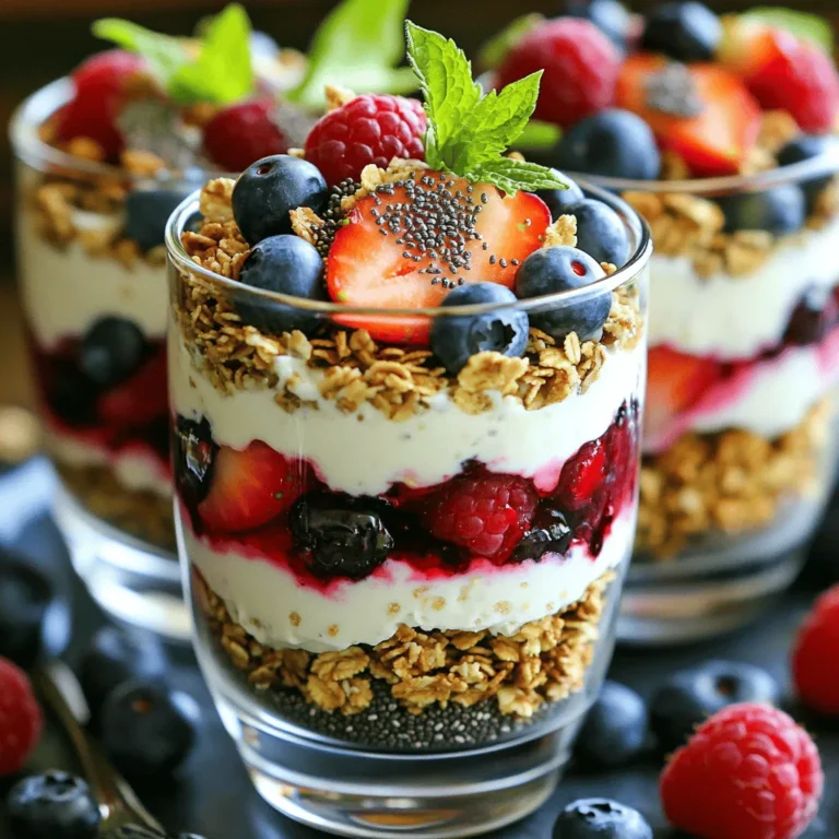 - 1 Tasse fettarmer Quark - 1 Tasse gemischte Beeren (Erdbeeren, Heidelbeeren, Himbeeren) - 2 Esslöffel Honig oder Ahornsirup - 1/4 Tasse Granola (nach Wahl) - 1 Esslöffel Chiasamen - 1 Teelöffel Vanilleextrakt - Eine Prise Zimt (optional) Ich liebe diesen High-Protein Cottage Cheese Berry Parfait! Die Zutaten sind einfach und lecker. Ich nutze oft fettarmen Quark, weil er viel Protein hat. Das macht das Parfait gesund und nahrhaft. Gemischte Beeren geben einen frischen Geschmack. Du kannst Erdbeeren, Heidelbeeren und Himbeeren verwenden. Honig oder Ahornsirup süßen das Ganze. Ich mag es, beide Optionen anzubieten, damit jeder wählen kann. Granola bringt einen tollen Crunch. Ich wähle mein Lieblingsgranola, um es noch besser zu machen. Chiasamen sind eine super Ergänzung. Sie geben dem Parfait eine schöne Textur und sind voll von Nährstoffen. Vanilleextrakt fügt einen köstlichen Geschmack hinzu. Eine Prise Zimt ist optional, aber ich finde es toll. Es gibt dem Parfait eine warme Note. Du brauchst nur diese Zutaten, um ein tolles Frühstück oder einen Snack zu machen. - Nimm 1 Tasse fettarmen Quark. - Füge 2 Esslöffel Honig oder Ahornsirup hinzu. - Gib 1 Teelöffel Vanilleextrakt und eine Prise Zimt dazu. - Mische alles in einer Schüssel. - Rühre, bis die Mischung glatt ist. - Nimm ein klares Glas oder eine Schale. - Beginne mit einer Schicht der Quarkmischung am Boden. - Füge eine Schicht gemischter Beeren hinzu. - Du kannst die Beeren ganz lassen oder klein schneiden. - Streue eine Schicht Granola über die Beeren. - Wiederhole diesen Prozess bis zur Oberkante des Glases. - Schließe mit einer Schicht Beeren ab. - Bestreue die oberste Schicht mit 1 Esslöffel Chiasamen. - Wenn du magst, träufle etwas Honig oder Ahornsirup darüber. - Garniere das Parfait mit ganzen Beeren und einem Minzblatt. - Verwende klare Gläser für schöne Schichten. - Verwende transparente Gläser. Sie lassen die schönen Schichten gut sehen. - Du kannst auch kleine Schalen oder Dessertgläser nehmen. Das gibt einen anderen Look. - Die besten Beeren sind Erdbeeren, Himbeeren und Heidelbeeren. Sie bringen viel Geschmack. - Vermeide, die Beeren zu klein zu schneiden. Das macht sie matschig und weniger schön. - Bereite die Zutaten im Voraus vor. Das spart Zeit beim Schichten. - Nutze deine Zeit gut. Lege alles bereit, bevor du mit dem Schichten beginnst. {{image_4}} Eine gute Variante ist die Low-Carb-Version mit griechischem Joghurt. Dieser Joghurt hat weniger Kohlenhydrate und mehr Protein. Er gibt dem Parfait eine tolle Cremigkeit. Du kannst auch vegane Optionen mit pflanzlichem Joghurt ausprobieren. Diese sind perfekt für Veganer oder Menschen mit Laktoseintoleranz. Pflanzlicher Joghurt hat verschiedene Geschmäcker. Du findest ihn in vielen Geschäften. Im Sommer sind Erdbeeren eine frische Wahl. Sie sind süß und saftig und passen gut in das Parfait. Im Winter und Herbst kannst du gefrorene Beeren verwenden. Heidelbeeren und Himbeeren sind auch immer lecker. Diese Beeren sind das ganze Jahr über erhältlich. So bleibt dein Parfait bunt und abwechslungsreich. Um das Parfait noch besser zu machen, füge Nüsse oder Samen hinzu. Mandeln oder Walnüsse geben einen knackigen Biss. Chiasamen sind ebenfalls eine gute Wahl. Sie bieten zusätzliche Nährstoffe und eine spannende Textur. Gewürze wie Muskatnuss oder Lebkuchengewürz können auch einen neuen Geschmack bringen. Diese kleinen Extras machen dein Parfait besonders. Um dein Parfait frisch zu halten, lagere es im Kühlschrank. Verwende einen luftdichten Behälter. So bleiben die Zutaten knackig und lecker. Achte darauf, dass du die Schichten nicht vermischst. Das hilft, die Textur zu bewahren. Die Haltbarkeit des Parfaits beträgt etwa drei Tage. Nach drei Tagen können die Beeren matschig werden. Granola kann ebenfalls weich werden. Daher ist es besser, Granola separat zu lagern. Füge es kurz vor dem Servieren hinzu. Du kannst Teile des Rezepts im Voraus zubereiten. Mische den Quark mit Honig, Vanille und Zimt einen Tag vorher. Lagere die Mischung in einem luftdichten Behälter im Kühlschrank. Die Beeren können ebenfalls gewaschen und geschnitten werden. So sparst du Zeit beim Servieren. Um die Frische der Zutaten zu erhalten, lagere die Beeren in einem separaten Behälter. Decke sie mit einem Tuch ab. So bleiben sie saftig und frisch. Granola sollte ebenfalls trocken gelagert werden, damit es knusprig bleibt. Wenn das Parfait nach der Lagerung etwas weich aussieht, mache es einfach wieder frisch. Rühre die Quarkmischung leicht um, um die Konsistenz zu verbessern. Füge mehr Chiasamen hinzu, wenn du magst. Sie bringen wieder mehr Textur. Für die Beeren kannst du sie kurz in kaltes Wasser tauchen. Das macht sie wieder frisch und knackig. Achte darauf, sie danach gut abzutrocknen. So bleibt das Parfait schön und appetitlich. Ein High-Protein Cottage Cheese Berry Parfait hat etwa 300 Kalorien pro Portion. Hier sind einige Nährstoffdetails: - Fett: 8 g - Kohlenhydrate: 45 g - Eiweiß: 20 g Diese Werte können variieren, je nach den verwendeten Zutaten. Zum Beispiel, wenn du mehr Honig hinzufügst, steigt die Kalorienzahl. Du kannst auch die Granola-Menge anpassen, um die Kalorien zu steuern. Das Rezept kann für viele Allergiker geeignet sein, aber achte auf mögliche Allergene. Hier sind einige Hinweise: - Milchprodukte: Quark enthält Milch. - Nüsse: Granola kann Nüsse enthalten. - Gluten: Einige Granolas enthalten Gluten. Wenn du Allergien hast, wähle sichere Alternativen. Du kannst glutenfreies Granola oder pflanzlichen Joghurt verwenden. Ja, das Rezept ist sehr flexibel. Hier sind einige Anpassungsmöglichkeiten: - Früchte: Verwende deine Lieblingsbeeren oder saisonale Früchte. - Süßungsmittel: Ersetze Honig durch Agavendicksaft oder Stevia. - Toppings: Füge Nüsse oder Samen für zusätzlichen Crunch hinzu. Diese Anpassungen machen das Parfait einzigartig und lecker! Das Parfait-Rezept ist einfach und vielseitig. Ich habe Ihnen gezeigt, welche Zutaten Sie brauchen, wie Sie die Quarkmischung zubereiten und das Schichten durchführen. Die Tipps helfen Ihnen, schöne Schichten zu erzielen und Zeit zu sparen. Variationen erlauben, das Rezept an Ihre Vorlieben anzupassen. Denken Sie auch an die Lagerungshinweise, um die Frische zu sichern. Genießen Sie Ihr leckeres Parfait und experimentieren Sie mit den Zutaten!