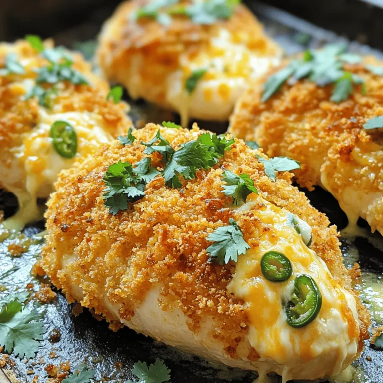 Für dieses Rezept benötigen Sie folgende Zutaten: - 4 Hähnchenbrustfilets, ohne Knochen und Haut - 115 g Frischkäse, weich - 100 g geriebener Cheddarkäse - 125 ml Jalapeños, fein gehackt (Kerne entfernt für weniger Schärfe) - 125 ml Semmelbrösel (Panko eignet sich hervorragend) - 2 Esslöffel Olivenöl - 1 Teelöffel Knoblauchpulver - 1 Teelöffel Zwiebelpulver - Salz und Pfeffer nach Geschmack - Frischer Koriander zur Garnierung (optional) Diese Zutaten bringen viel Geschmack und Textur in Ihr Gericht. Der Frischkäse sorgt für Cremigkeit, während der Cheddar einen herzhaften Geschmack hinzufügt. Die Jalapeños bringen die nötige Würze. Wählen Sie frische, feste Hähnchenbrustfilets. Achten Sie darauf, dass sie eine gleichmäßige Farbe haben. Vermeiden Sie Filets mit grünen oder dunklen Flecken. Diese können auf eine schlechte Qualität hinweisen. Wenn möglich, kaufen Sie Bio-Hähnchen, da diese oft besser schmecken und gesünder sind. Für den Frischkäse sollten Sie eine Marke wählen, die keine zusätzlichen Zutaten hat. Ein einfacher, weicher Frischkäse gibt das beste Ergebnis. Der Cheddar sollte frisch und gut gerieben sein. Kaufen Sie ihn am besten am Stück und reiben Sie ihn selbst. Das sorgt für besseren Geschmack und eine bessere Schmelzfähigkeit. Zuerst heizt du deinen Ofen auf 190°C vor. Das ist wichtig, um das Hähnchen gleichmäßig zu garen. Nimm die Hähnchenbrustfilets und schneide vorsichtig eine Tasche in die Seite jedes Stücks. Achte darauf, dass du sie nicht ganz durchschneidest. Danach würze die Filets außen mit Salz und Pfeffer. So erhältst du mehr Geschmack im Hähnchen. Jetzt kommt der spannende Teil! In einer Rührschüssel mischst du den weichen Frischkäse, den geriebenen Cheddar und die gehackten Jalapeños. Füge Knoblauchpulver, Zwiebelpulver, Salz und Pfeffer hinzu. Rühre alles gut durch, bis die Mischung schön cremig ist. Diese Füllung gibt dem Hähnchen einen tollen Geschmack und eine schöne Textur. Erhitze in einer großen, ofenfesten Pfanne 2 Esslöffel Olivenöl bei mittlerer Hitze. Lege dann die gefüllten Hähnchenbrüste in die Pfanne. Brate sie für etwa 3-4 Minuten pro Seite, bis sie goldbraun sind. Das Braten hilft, eine knusprige Kruste zu bekommen. Danach stelle die Pfanne in den vorgeheizten Ofen und backe die Hähnchen für 25-30 Minuten. Das Hähnchen sollte durchgegart sein und die Säfte klar laufen. Lass das Hähnchen nach dem Backen etwa 5 Minuten ruhen, bevor du es in Scheiben schneidest. So bleibt es saftig und zart. Ein häufiger Fehler ist, die Hähnchenbrust zu klein zu schneiden. Achte darauf, genug Platz für die Füllung zu lassen. Ein weiterer Fehler ist, die Füllung zu dick zu machen. Halte die Mischung gleichmäßig, damit das Hähnchen gleichmäßig gart. Vergiss nicht, die Hähnchenbrust gut mit Salz und Pfeffer zu würzen. Dies verbessert den Geschmack erheblich. Um saftiges Hähnchen zu erhalten, brate es zuerst an. Dies gibt der Brust eine schöne Kruste und hält die Feuchtigkeit im Inneren. Backe das Hähnchen nicht zu lange. 25-30 Minuten sind ideal. Lass das Hähnchen nach dem Backen ruhen. Dies hilft, die Säfte zu verteilen. Zu Jalapeño Popper Stuffed Chicken passen viele Beilagen. Eine frische grüne Salatplatte bringt Farbe auf den Tisch. Gegrilltes Gemüse fügt eine tolle Note hinzu. Reis oder Quinoa sind gute Optionen für eine sättigende Beilage. Du kannst auch Nachos mit Salsa servieren. Diese Kombination macht das Essen noch aufregender. {{image_4}} Wenn du eine vegetarische Option suchst, ersetze das Hähnchen durch Zucchini oder Paprika. Du kannst die Jalapeño-Käse-Füllung trotzdem verwenden. Füge dazu noch etwas schwarze Bohnen oder Mais hinzu. Diese Zutaten geben dir eine leckere und nahrhafte Füllung. Du kannst auch Quinoa für mehr Textur verwenden. Du liebst es scharf? Füge mehr Jalapeños zu deiner Füllung hinzu. Verwende frische Jalapeños, um den Geschmack zu intensivieren. Du kannst auch die Kerne behalten, um die Schärfe zu steigern. Eine andere Möglichkeit ist die Verwendung von Chipotle-Pulver. Das gibt deiner Füllung eine rauchige Note. Käse macht alles besser! Probiere verschiedene Käsesorten für neue Geschmäcker. Gouda oder Monterey Jack passen gut zu Jalapeños. Feta-Käse bietet eine würzige Note. Du kannst auch einen Käsemix verwenden, um den Geschmack zu variieren. Lass deiner Kreativität freien Lauf! Wenn du Reste von Jalapeño Popper Stuffed Chicken hast, bewahre sie in einem luftdichten Behälter auf. Stelle sicher, dass das Hähnchen vollständig abgekühlt ist, bevor du es verpackst. So bleibt es frisch und lecker. Du kannst die Reste bis zu drei Tage im Kühlschrank halten. Möchtest du das gefüllte Hähnchen länger aufbewahren? Dann friere es ein! Wickele jede Hähnchenbrust fest in Frischhaltefolie. Danach lege sie in einen Gefrierbeutel. So bleibt die Qualität hoch. Das Hähnchen kann bis zu drei Monate im Gefrierfach bleiben. Wenn du bereit bist, das Hähnchen zu genießen, gibt es einfache Wege, es aufzuwärmen. Du kannst den Ofen auf 175°C vorheizen. Lege die Hähnchenbrust in eine Auflaufform und decke sie mit Alufolie ab. So bleibt das Hähnchen saftig. Erhitze es etwa 20 Minuten lang. Eine andere Methode ist die Mikrowelle. Stelle die Hähnchenbrust auf einen mikrowellenfesten Teller und decke sie ab. Erwärme sie in kurzen Intervallen von 1 Minute, bis sie heiß ist. Die Zubereitung dauert etwa 15 Minuten. Das Backen im Ofen benötigt 25 bis 30 Minuten. Ingesamt dauert die gesamte Zubereitungszeit etwa 50 Minuten. Dies macht es zu einer schnellen und schmackhaften Mahlzeit. Ja, du kannst die Füllung im Voraus machen. Stelle sie in den Kühlschrank, bis du bereit bist, das Hähnchen zu füllen. So sparst du Zeit, wenn du das Gericht zubereitest. Die besten Beilagen sind einfache Salate oder Reis. Auch Ofenkartoffeln passen gut dazu. Du kannst auch gedünstetes Gemüse servieren, um die Farben auf dem Teller zu bringen. Jalapeño Popper Stuffed Chicken ist ein leckeres Gericht, das einfach zuzubereiten ist. Wir haben die Hauptzutaten besprochen, wie man das Hähnchen perfekt vorbereitet und die Füllung macht. Ich habe auch einige Tipps gegeben, um häufige Fehler zu vermeiden und das Hähnchen saftig zu halten. Die Variationen und Lagerinformationen helfen dir, kreativ zu sein und Reste richtig aufzubewahren. Denke daran, Spaß beim Kochen zu haben und neue Kombinationen auszuprobieren. So wird jedes Gericht zum besonderen Erlebnis!