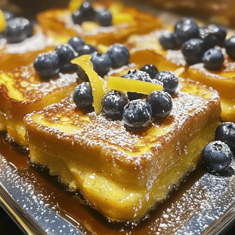 Um den besten Geschmack zu erzielen, wähle die richtige Brotsorte. Ich empfehle Brioche oder Challah. Beide Brote sind weich und nehmen die Eiermasse gut auf. Brioche hat einen buttrigen Geschmack, während Challah leichter ist. Für die Milch kannst du Vollmilch oder Mandelmilch verwenden. Vollmilch gibt einen reicheren Geschmack, während Mandelmilch eine nussige Note hinzufügt. Beide Sorten sind gut geeignet. Die Eier sind ein wichtiger Bestandteil. Sie geben dem Auflauf Struktur und helfen, alles zu binden. Die große Menge an Eiern sorgt dafür, dass der Auflauf schön fluffig wird. Zitronenschale und frischer Zitronensaft bringen Frische in das Gericht. Die Zitrone hebt den Geschmack der Heidelbeeren hervor. Sie sorgt für eine angenehme Säure, die das Gericht lebendig macht. Vanilleextrakt und Zimt sind weitere aromatische Zutaten. Vanille gibt süße Tiefe, während Zimt Wärme und einen tollen Duft hinzufügt. Beide Zutaten machen den Auflauf noch schmackhafter. Brauner Zucker ist ideal für diesen Auflauf. Er hat einen tiefen Karamellgeschmack, der gut mit der Zitrone harmoniert. Brauner Zucker sorgt für eine schöne Kruste beim Backen. Eine Prise Salz ist ebenfalls wichtig. Es hebt die Aromen hervor und balanciert die Süße aus. Zu viel Salz kann den Geschmack verderben, also sei vorsichtig. Diese Zutaten sind der Schlüssel zu einem erfolgreichen Zitronen-Heidelbeer Übernacht-Französischen Toast. Sie sorgen für einen reichen, komplexen Geschmack, den jeder lieben wird. Für dieses Rezept benutze ich Brioche oder Challah. Ich schneide das Brot in dicke Scheiben, etwa 2,5 cm dick. Diese Dicke ist wichtig. Sie hilft, dass das Brot die Eiermasse gut aufnimmt. Wenn ich das Brot leicht toaste, wird die Textur besser. Das Trocknen hilft, damit das Brot nicht matschig wird. Ich verquirle die Eier in einer großen Schüssel. Ich füge Milch, Vanilleextrakt, Zitronenschale, Zitronensaft, braunen Zucker, Zimt und eine Prise Salz hinzu. Es ist wichtig, alles gut zu vermischen. Wenn die Mischung gleichmäßig ist, wird der Auflauf besser. Ich fette eine 23x33 cm große Auflaufform mit Butter ein. Dann lege ich die Hälfte der Brotscheiben in die Form. Danach kommen die Hälfte der Heidelbeeren. Ich gieße die Hälfte der Eiermasse darüber. Dann wiederhole ich den Vorgang mit den restlichen Zutaten. Das Abdecken mit Frischhaltefolie ist wichtig. So kann das Brot die Eiermasse gut aufnehmen, wenn ich es über Nacht kühle. Ich heize den Ofen auf 180°C vor. Nach dem Abdecken nehme ich die Folie von der Auflaufform. Ich backe den Auflauf 45-55 Minuten lang. Die Oberseite sollte goldbraun sein, und die Eiermasse muss fest sein. Ich prüfe den Gargrad, indem ich leicht in die Mitte des Auflaufs drücke. Nach dem Backen lasse ich den Auflauf ein paar Minuten abkühlen. Dann schneide ich ihn in Stücke. Ich serviere ihn warm, garniert mit frischen Heidelbeeren. Manchmal streue ich Puderzucker darüber für zusätzliche Süße. Um Zeit zu sparen, können Sie das Brot am Vortag schneiden. Legen Sie die Brotscheiben in eine Auflaufform. Bereiten Sie die Eiermasse ebenfalls am Vortag vor. Decken Sie die Mischung ab und kühlen Sie sie. Am nächsten Morgen gießen Sie die Eiermasse einfach über das Brot. Die Lagerung vor dem Backen ist wichtig. Lagern Sie die Auflaufform im Kühlschrank. So kann das Brot die Eiermasse gut aufnehmen. Das sorgt für einen tollen Geschmack. Um den Geschmack zu verbessern, spielen die Anteile von Zitrone und Heidelbeeren eine große Rolle. Fügen Sie mehr Zitronenschale für einen stärkeren Zitronengeschmack hinzu. Für mehr Süße können Sie auch zusätzliche Heidelbeeren verwenden. Das Hinzufügen von Gewürzen macht die Mischung interessanter. Eine Prise Muskatnuss oder ein wenig Ingwer kann den Geschmack aufpeppen. Experimentieren Sie mit verschiedenen Gewürzen, um Ihre eigene Note zu finden. Eine gute Auflaufform ist sehr wichtig. Ich empfehle eine 23x33 cm große Form aus Glas oder Keramik. Diese Materialien helfen, die Hitze gleichmäßig zu verteilen. Nützliche Utensilien sind ein Schneidebrett und ein scharfes Messer für das Brot. Ein großer Schneebesen ist perfekt, um die Eiermasse gut zu vermischen. Ein Messbecher hilft Ihnen, die Milch genau abzumessen. {{image_4}} Du kannst verschiedene Beeren oder Früchte nutzen. Erdbeeren passen gut zu diesem Rezept. Sie bringen eine süße und frische Note. Äpfel sind eine weitere tolle Wahl. Schneide sie in kleine Stücke und mische sie mit den Heidelbeeren. So erhältst du eine spannende Kombination. Auch Himbeeren oder Brombeeren schmecken lecker. Experimentiere mit verschiedenen Früchten, um deinen eigenen Geschmack zu finden. Für eine glutenfreie Variante kannst du glutenfreies Brot verwenden. Achte darauf, dass das Brot dicht ist. So bleibt der Auflauf stabil. Du kannst auch glutenfreie Mehle nutzen, um eine eigene Brotmischung zu machen. Prüfe auch die anderen Zutaten. Viele Milchsorten und Zucker sind glutenfrei. So bleibt dein Gericht lecker und sicher für alle. Für eine vegane Version brauchst du pflanzliche Milch. Mandelmilch oder Hafermilch sind gute Optionen. Statt Eier kannst du Leinsamen verwenden. Mische einen Esslöffel Leinsamen mit drei Esslöffeln Wasser. Lass es fünf Minuten ruhen, bis es dick wird. So bindet es gut im Auflauf. Du kannst auch ungesüßtes Apfelmus verwenden. Das macht den Auflauf saftig und lecker. Um den Auflauf frisch zu halten, decken Sie ihn gut ab. Nutzen Sie Frischhaltefolie oder Aluminiumfolie. So bleibt der Geschmack erhalten. Im Kühlschrank hält sich der Auflauf bis zu 3 Tage. Achten Sie darauf, ihn in einem luftdichten Behälter zu lagern. Um Portionen einzufrieren, schneiden Sie den Auflauf in Stücke. Wickeln Sie jede Portion in Frischhaltefolie oder legen Sie sie in Gefrierbeutel. So bleibt die Frische erhalten. Der Auflauf kann bis zu 2 Monate eingefroren werden. Für das Aufwärmen nehmen Sie die Portionen aus dem Gefrierfach. Lassen Sie sie über Nacht im Kühlschrank auftauen. Erwärmen Sie sie dann im Ofen bei 180°C für 15-20 Minuten. So bleibt der Geschmack und die Textur gut. Um den Auflauf glutenfrei zu machen, wählen Sie glutenfreies Brot. Achten Sie auf Brote, die aus Reis, Mais oder Mandeln gemacht sind. Diese Brote haben eine gute Textur und nehmen die Eiermasse gut auf. Suchen Sie nach Marken, die speziell für glutenfreie Produkte bekannt sind. Ja, Sie können die Eiermenge reduzieren. Verwenden Sie stattdessen 2 große Eier und fügen Sie 1/2 Tasse ungesüßte Apfelsoße hinzu. Die Apfelsoße sorgt für Feuchtigkeit und bindet die Zutaten. Diese Option ist ideal, wenn Sie weniger Eier verwenden möchten. Der Auflauf bleibt im Kühlschrank bis zu 3 Tage frisch. Decken Sie ihn gut ab, um den Geschmack zu bewahren. Vor dem Servieren können Sie ihn aufwärmen. Achten Sie darauf, ihn gleichmäßig zu erhitzen, damit er nicht trocken wird. Um matschiges Brot zu vermeiden, toasten Sie das Brot leicht vor der Zubereitung. Dies hilft, überschüssige Feuchtigkeit zu reduzieren. Verwenden Sie auch die richtige Menge Eiermasse. Achten Sie darauf, dass das Brot gut durchtränkt, aber nicht schwimmend ist. Dieser Artikel bietet einen klaren Weg, um einen leckeren Brotauflauf zu machen. Wir haben die Hauptzutaten, aromatische Zusätze und die besten Süßungsmittel durchgenommen. Die Schritt-für-Schritt-Anleitung hilft beim Zubereiten, Backen und Servieren des Gerichts. Tipps für Variationen wie glutenfreie und vegane Optionen streichen die Flexibilität des Rezepts hervor. Gut gelagert, bleibt der Auflauf frisch und lecker. Probieren Sie es aus und genießen Sie die Freude am Kochen!