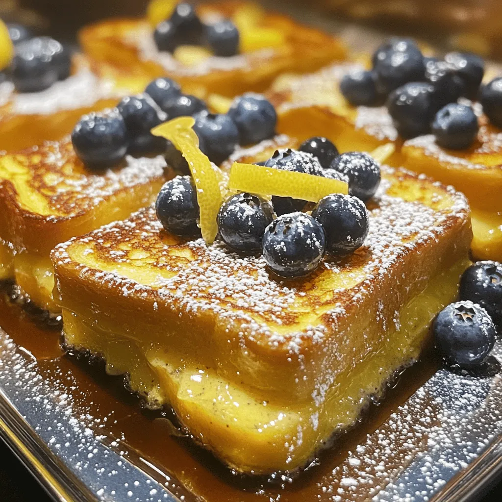Um den besten Geschmack zu erzielen, wähle die richtige Brotsorte. Ich empfehle Brioche oder Challah. Beide Brote sind weich und nehmen die Eiermasse gut auf. Brioche hat einen buttrigen Geschmack, während Challah leichter ist. Für die Milch kannst du Vollmilch oder Mandelmilch verwenden. Vollmilch gibt einen reicheren Geschmack, während Mandelmilch eine nussige Note hinzufügt. Beide Sorten sind gut geeignet. Die Eier sind ein wichtiger Bestandteil. Sie geben dem Auflauf Struktur und helfen, alles zu binden. Die große Menge an Eiern sorgt dafür, dass der Auflauf schön fluffig wird. Zitronenschale und frischer Zitronensaft bringen Frische in das Gericht. Die Zitrone hebt den Geschmack der Heidelbeeren hervor. Sie sorgt für eine angenehme Säure, die das Gericht lebendig macht. Vanilleextrakt und Zimt sind weitere aromatische Zutaten. Vanille gibt süße Tiefe, während Zimt Wärme und einen tollen Duft hinzufügt. Beide Zutaten machen den Auflauf noch schmackhafter. Brauner Zucker ist ideal für diesen Auflauf. Er hat einen tiefen Karamellgeschmack, der gut mit der Zitrone harmoniert. Brauner Zucker sorgt für eine schöne Kruste beim Backen. Eine Prise Salz ist ebenfalls wichtig. Es hebt die Aromen hervor und balanciert die Süße aus. Zu viel Salz kann den Geschmack verderben, also sei vorsichtig. Diese Zutaten sind der Schlüssel zu einem erfolgreichen Zitronen-Heidelbeer Übernacht-Französischen Toast. Sie sorgen für einen reichen, komplexen Geschmack, den jeder lieben wird. Für dieses Rezept benutze ich Brioche oder Challah. Ich schneide das Brot in dicke Scheiben, etwa 2,5 cm dick. Diese Dicke ist wichtig. Sie hilft, dass das Brot die Eiermasse gut aufnimmt. Wenn ich das Brot leicht toaste, wird die Textur besser. Das Trocknen hilft, damit das Brot nicht matschig wird. Ich verquirle die Eier in einer großen Schüssel. Ich füge Milch, Vanilleextrakt, Zitronenschale, Zitronensaft, braunen Zucker, Zimt und eine Prise Salz hinzu. Es ist wichtig, alles gut zu vermischen. Wenn die Mischung gleichmäßig ist, wird der Auflauf besser. Ich fette eine 23x33 cm große Auflaufform mit Butter ein. Dann lege ich die Hälfte der Brotscheiben in die Form. Danach kommen die Hälfte der Heidelbeeren. Ich gieße die Hälfte der Eiermasse darüber. Dann wiederhole ich den Vorgang mit den restlichen Zutaten. Das Abdecken mit Frischhaltefolie ist wichtig. So kann das Brot die Eiermasse gut aufnehmen, wenn ich es über Nacht kühle. Ich heize den Ofen auf 180°C vor. Nach dem Abdecken nehme ich die Folie von der Auflaufform. Ich backe den Auflauf 45-55 Minuten lang. Die Oberseite sollte goldbraun sein, und die Eiermasse muss fest sein. Ich prüfe den Gargrad, indem ich leicht in die Mitte des Auflaufs drücke. Nach dem Backen lasse ich den Auflauf ein paar Minuten abkühlen. Dann schneide ich ihn in Stücke. Ich serviere ihn warm, garniert mit frischen Heidelbeeren. Manchmal streue ich Puderzucker darüber für zusätzliche Süße. Um Zeit zu sparen, können Sie das Brot am Vortag schneiden. Legen Sie die Brotscheiben in eine Auflaufform. Bereiten Sie die Eiermasse ebenfalls am Vortag vor. Decken Sie die Mischung ab und kühlen Sie sie. Am nächsten Morgen gießen Sie die Eiermasse einfach über das Brot. Die Lagerung vor dem Backen ist wichtig. Lagern Sie die Auflaufform im Kühlschrank. So kann das Brot die Eiermasse gut aufnehmen. Das sorgt für einen tollen Geschmack. Um den Geschmack zu verbessern, spielen die Anteile von Zitrone und Heidelbeeren eine große Rolle. Fügen Sie mehr Zitronenschale für einen stärkeren Zitronengeschmack hinzu. Für mehr Süße können Sie auch zusätzliche Heidelbeeren verwenden. Das Hinzufügen von Gewürzen macht die Mischung interessanter. Eine Prise Muskatnuss oder ein wenig Ingwer kann den Geschmack aufpeppen. Experimentieren Sie mit verschiedenen Gewürzen, um Ihre eigene Note zu finden. Eine gute Auflaufform ist sehr wichtig. Ich empfehle eine 23x33 cm große Form aus Glas oder Keramik. Diese Materialien helfen, die Hitze gleichmäßig zu verteilen. Nützliche Utensilien sind ein Schneidebrett und ein scharfes Messer für das Brot. Ein großer Schneebesen ist perfekt, um die Eiermasse gut zu vermischen. Ein Messbecher hilft Ihnen, die Milch genau abzumessen. {{image_4}} Du kannst verschiedene Beeren oder Früchte nutzen. Erdbeeren passen gut zu diesem Rezept. Sie bringen eine süße und frische Note. Äpfel sind eine weitere tolle Wahl. Schneide sie in kleine Stücke und mische sie mit den Heidelbeeren. So erhältst du eine spannende Kombination. Auch Himbeeren oder Brombeeren schmecken lecker. Experimentiere mit verschiedenen Früchten, um deinen eigenen Geschmack zu finden. Für eine glutenfreie Variante kannst du glutenfreies Brot verwenden. Achte darauf, dass das Brot dicht ist. So bleibt der Auflauf stabil. Du kannst auch glutenfreie Mehle nutzen, um eine eigene Brotmischung zu machen. Prüfe auch die anderen Zutaten. Viele Milchsorten und Zucker sind glutenfrei. So bleibt dein Gericht lecker und sicher für alle. Für eine vegane Version brauchst du pflanzliche Milch. Mandelmilch oder Hafermilch sind gute Optionen. Statt Eier kannst du Leinsamen verwenden. Mische einen Esslöffel Leinsamen mit drei Esslöffeln Wasser. Lass es fünf Minuten ruhen, bis es dick wird. So bindet es gut im Auflauf. Du kannst auch ungesüßtes Apfelmus verwenden. Das macht den Auflauf saftig und lecker. Um den Auflauf frisch zu halten, decken Sie ihn gut ab. Nutzen Sie Frischhaltefolie oder Aluminiumfolie. So bleibt der Geschmack erhalten. Im Kühlschrank hält sich der Auflauf bis zu 3 Tage. Achten Sie darauf, ihn in einem luftdichten Behälter zu lagern. Um Portionen einzufrieren, schneiden Sie den Auflauf in Stücke. Wickeln Sie jede Portion in Frischhaltefolie oder legen Sie sie in Gefrierbeutel. So bleibt die Frische erhalten. Der Auflauf kann bis zu 2 Monate eingefroren werden. Für das Aufwärmen nehmen Sie die Portionen aus dem Gefrierfach. Lassen Sie sie über Nacht im Kühlschrank auftauen. Erwärmen Sie sie dann im Ofen bei 180°C für 15-20 Minuten. So bleibt der Geschmack und die Textur gut. Um den Auflauf glutenfrei zu machen, wählen Sie glutenfreies Brot. Achten Sie auf Brote, die aus Reis, Mais oder Mandeln gemacht sind. Diese Brote haben eine gute Textur und nehmen die Eiermasse gut auf. Suchen Sie nach Marken, die speziell für glutenfreie Produkte bekannt sind. Ja, Sie können die Eiermenge reduzieren. Verwenden Sie stattdessen 2 große Eier und fügen Sie 1/2 Tasse ungesüßte Apfelsoße hinzu. Die Apfelsoße sorgt für Feuchtigkeit und bindet die Zutaten. Diese Option ist ideal, wenn Sie weniger Eier verwenden möchten. Der Auflauf bleibt im Kühlschrank bis zu 3 Tage frisch. Decken Sie ihn gut ab, um den Geschmack zu bewahren. Vor dem Servieren können Sie ihn aufwärmen. Achten Sie darauf, ihn gleichmäßig zu erhitzen, damit er nicht trocken wird. Um matschiges Brot zu vermeiden, toasten Sie das Brot leicht vor der Zubereitung. Dies hilft, überschüssige Feuchtigkeit zu reduzieren. Verwenden Sie auch die richtige Menge Eiermasse. Achten Sie darauf, dass das Brot gut durchtränkt, aber nicht schwimmend ist. Dieser Artikel bietet einen klaren Weg, um einen leckeren Brotauflauf zu machen. Wir haben die Hauptzutaten, aromatische Zusätze und die besten Süßungsmittel durchgenommen. Die Schritt-für-Schritt-Anleitung hilft beim Zubereiten, Backen und Servieren des Gerichts. Tipps für Variationen wie glutenfreie und vegane Optionen streichen die Flexibilität des Rezepts hervor. Gut gelagert, bleibt der Auflauf frisch und lecker. Probieren Sie es aus und genießen Sie die Freude am Kochen!