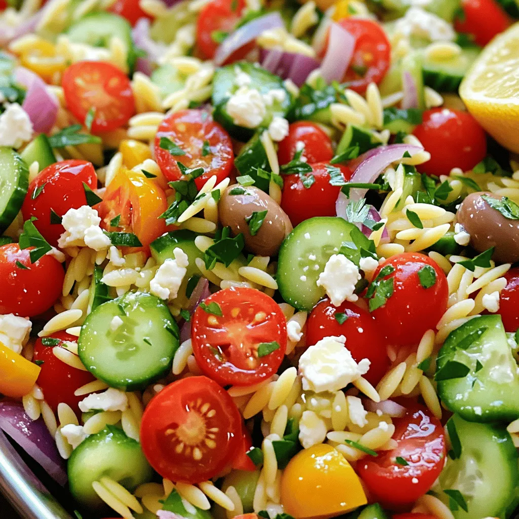 - 1 Tasse Orzo-Nudeln - 2 Tassen Gemüsebrühe oder Wasser - 1 Tasse Kirschtomaten, halbiert - 1 Gurke, gewürfelt - 1 rote Paprika, gewürfelt - ½ rote Zwiebel, fein gehackt - 1 Tasse Kalamata-Oliven, entsteint und in Scheiben geschnitten - ½ Tasse Feta-Käse, zerbröselt - ¼ Tasse frische Petersilie, gehackt Die Hauptzutaten bilden die Basis für den Salat. Orzo-Nudeln sind klein und gut im Geschmack. Sie nehmen die Aromen anderer Zutaten gut auf. Frisches Gemüse bringt nicht nur Farbe, sondern auch viel Crunch. Kirschtomaten sind süß und saftig. Gurken und Paprika geben Frische. Die Zwiebel fügt einen scharfen Geschmack hinzu. Kalamata-Oliven und Feta-Käse runden das Gericht mit salzigen und herzhaften Noten ab. - ¼ Tasse Olivenöl - 2 Esslöffel Zitronensaft - 1 Teelöffel getrockneter Oregano - Salz und Pfeffer nach Geschmack Die Gewürze und Öle bringen den Salat zusammen. Olivenöl sorgt für eine reichhaltige Basis. Zitronensaft fügt eine spritzige Frische hinzu. Oregano gibt ein mediterranes Aroma. Salz und Pfeffer bringen die Aromen zum Leben. Diese Zutaten sind wichtig für das Dressing, das den Salat perfekt macht. - Rezeptgröße für 4-6 Personen Dieses Rezept ist perfekt für eine kleine Gruppe. Es eignet sich gut für Grillpartys oder als Beilage. Du kannst es auch als Hauptgericht genießen, besonders an warmen Tagen. Der Salat kann leicht angepasst werden, um mehr oder weniger Portionen zu servieren. Um die Orzo-Nudeln perfekt zu kochen, bringe zuerst die Gemüsebrühe in einem mittelgroßen Topf zum Kochen. Du kannst auch Wasser verwenden, aber Gemüsebrühe gibt mehr Geschmack. Füge die Orzo-Nudeln hinzu und koche sie für 7 bis 9 Minuten. Sie sollten al dente sein, also noch etwas Biss haben. Nach dem Kochen gieße die Nudeln in ein Sieb ab. Spüle sie dann unter kaltem Wasser ab. Das stoppt den Garprozess und kühlt sie ab. In einer großen Schüssel vermenge die Zutaten. Beginne mit einer Tasse halbierten Kirschtomaten. Füge eine gewürfelte Gurke und eine gewürfelte rote Paprika hinzu. Schneide eine halbe rote Zwiebel fein und gib sie dazu. Ergänze die Mischung mit einer Tasse Kalamata-Oliven, die du in Scheiben geschnitten hast. Zum Schluss füge eine halbe Tasse zerbröselten Feta-Käse und ein Viertel Tasse frisch gehackte Petersilie hinzu. Mische alles gut. Das Dressing ist einfach. Nimm eine kleine Schüssel und vermenge ein Viertel Tasse Olivenöl mit zwei Esslöffeln Zitronensaft. Füge einen Teelöffel getrockneten Oregano hinzu, zusammen mit Salz und Pfeffer nach Geschmack. Rühre die Mischung gut um, bis sie gleichmäßig ist. Das Dressing bringt alle Aromen zusammen. Jetzt geht es ans Vermengen. Gib die abgekühlten Orzo-Nudeln in die große Schüssel mit den Gemüsezutaten. Mische sie vorsichtig, damit alles gut verteilt ist. Gieße das Dressing über den Salat und hebe es unter. Achte darauf, dass jede Zutat gut überzogen ist. So wird jeder Bissen lecker. Lass den Salat mindestens 15 bis 20 Minuten stehen. Diese Zeit erlaubt den Aromen, sich zu entfalten. Wenn du den Salat vor dem Servieren abdeckst, bleibt er frisch. Genieße die Farben und den Duft, während du auf das Essen wartest. Um den Salat besonders aromatisch zu machen, nutzen Sie frische Kräuter. Petersilie ist eine tolle Wahl. Sie bringt einen frischen Geschmack. Auch frischer Oregano kann dem Salat mehr Tiefe geben. Verwenden Sie beim Kochen der Orzo-Nudeln Gemüsebrühe statt Wasser. Das gibt den Nudeln mehr Geschmack. Die beste Garzeit für Orzo beträgt etwa 7 bis 9 Minuten. Achten Sie darauf, die Nudeln al dente zu kochen. So bleiben sie schön bissfest. Nach dem Kochen sollten Sie die Nudeln im Sieb abgießen. Spülen Sie sie kurz mit kaltem Wasser ab. Das stoppt den Garprozess und hält die Nudeln perfekt. Servieren Sie den Salat in einer großen, flachen Schüssel. Das sieht einladend aus und macht Lust auf mehr. Garnieren Sie den Salat mit zerbröseltem Feta und frischer Petersilie. Das gibt Farbe und schmeckt gut. Ein Spritzer Olivenöl oben drauf sorgt für einen eleganten Look. Frische Kräuter sind der Schlüssel zu einem tollen Geschmack. Basilikum, Minze oder Dill passen auch gut. Sie bringen Abwechslung in den Salat. Achten Sie darauf, die Kräuter erst kurz vor dem Servieren hinzuzufügen. So bleiben sie frisch und knackig. {{image_4}} Du kannst deinen Griechischen Orzo-Salat nach Lust und Laune anpassen. Füge zum Beispiel Avocado hinzu. Sie macht den Salat cremiger und gesünder. Radieschen bringen einen knackigen Biss und einen scharfen Geschmack. Für mehr Protein sind Kichererbsen oder Hähnchen eine gute Wahl. Diese Zutaten machen den Salat nahrhafter und sättigender. Wenn du Gluten vermeiden möchtest, gibt es glutenfreie Orzo-Alternativen. Diese sind aus Reis oder anderen glutenfreien Körnern gemacht. Für eine vegane Version lässt du den Feta-Käse weg. Stattdessen kannst du Avocado oder Nüsse verwenden. So bleibt der Salat lecker und passt zu verschiedenen Diäten. Der Griechische Orzo-Salat lässt sich auch international variieren. Du kannst mediterrane Aromen wie Artischocken oder getrocknete Tomaten hinzufügen. Orientalische Einflüsse bringst du mit Gewürzen wie Kreuzkümmel oder Koriander ein. So wird der Salat noch bunter und aufregender. Um den griechischen Orzo-Salat frisch zu halten, bewahre ihn im Kühlschrank auf. Das ist sehr wichtig. Nutze einen luftdichten Behälter, um die Aromen zu bewahren. So bleibt der Salat lecker und knackig. Achte darauf, den Behälter gut zu verschließen. Das hilft, die Frische zu erhalten. Wie lange bleibt der Salat frisch? Wenn du ihn richtig lagerst, bleibt er etwa drei bis fünf Tage gut. Doch es gibt einen Trick, um matschige Zutaten zu vermeiden. Lagere die Dressing-Zutaten getrennt von den restlichen Zutaten. So bleibt das Gemüse frisch und knackig. Vermische alles erst kurz vor dem Servieren. Ist es möglich, den Salat zu erwärmen? Es ist nicht ideal, den Salat zu erhitzen. Orzo-Nudeln können matschig werden, wenn sie gekocht werden. Wenn du es trotzdem versuchen willst, erwärme nur die Orzo-Nudeln separat. Mische sie dann sanft mit dem kalten Salat. Achte darauf, dass alles gleichmäßig warm wird, ohne die Frische zu verlieren. Du kannst den Orzo-Salat bis zu zwei Tage im Voraus zubereiten. Das macht die Planung einfacher. Bereite alle Zutaten vor und mische sie dann. Lagere den Salat im Kühlschrank in einem luftdichten Behälter. Stelle sicher, dass das Dressing getrennt bleibt. Das verhindert, dass der Salat matschig wird. Bevor du ihn servierst, füge das Dressing hinzu. Ja, du kannst andere Pasta verwenden, wenn du magst. Farfalle oder Fusilli sind gute Alternativen. Diese Formen halten die Soße gut und bringen Abwechslung. Achte darauf, die Kochzeit entsprechend anzupassen. So bleibt die Pasta al dente und schmeckt frisch. Der Orzo-Salat passt gut zu vielen Beilagen. Gegrilltes Hähnchen oder Fisch sind immer ein Hit. Auch eine Portion Tzatziki ist lecker dazu. Du kannst auch frisches Brot servieren. Das macht das Essen noch herzlicher und sättigender. Um den Salat würziger zu machen, füge frische Kräuter hinzu. Basilikum oder Minze geben ein tolles Aroma. Du kannst auch mehr Oregano oder Chili-Flocken nehmen. Ein Spritzer Balsamico-Essig kann ebenfalls helfen. Experimentiere mit Gewürzen, um deinen eigenen Geschmack zu finden. Das Rezept hat seine Wurzeln in der mediterranen Küche. Diese Region ist bekannt für frische Zutaten und einfache Zubereitung. Der Orzo-Salat bringt viele Aromen zusammen. Er ist eine Mischung aus Gemüse, Oliven und Feta. So wird der Salat gesund und bunt. Der Mediterrane Orzo-Salat bietet frische Zutaten und gute Aromen. Die Hauptzutaten sind Orzo-Nudeln, Gemüse und Feta. Sie haben gelernt, wie man den Salat zubereitet, was die besten Aufbewahrungstipps sind und wie man ihn variiert. Vergessen Sie nicht, die Gewürze und Öle, um den Geschmack zu verstärken. Experimentieren Sie mit verschiedenen Zutaten und genießen Sie die kreative Freiheit beim Kochen. Ein köstlicher Salat, den Sie wieder gerne machen werden!