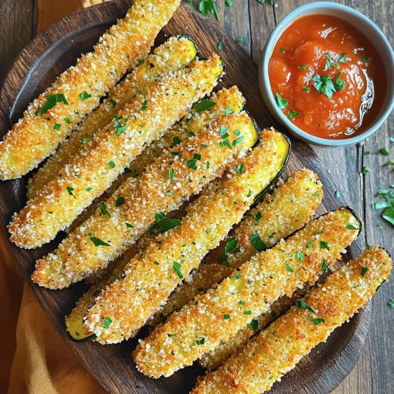 Um die knusprigen Zucchini-Stangen zuzubereiten, brauchst du folgende Zutaten: - 3 mittelgroße Zucchini, in friesförmige Stücke geschnitten - 1 Tasse Semmelbrösel (für extra Knusprigkeit Panko verwenden) - ½ Tasse geriebener Parmesan-Käse - 4 Knoblauchzehen, fein gehackt - 2 große Eier, gut verquirlt - 1 Teelöffel italienische Kräuter - ½ Teelöffel Salz - ½ Teelöffel schwarzer Pfeffer - Olivenöl-Spray (oder Olivenöl zum Beträufeln) - Frische Petersilie, gehackt (zum Garnieren) Um den besten Geschmack zu erzielen, wähle frische Zucchini. Sie sollten fest und glänzend sein. Panko-Semmelbrösel machen die Zucchini besonders knusprig. Verwende echten Parmesan-Käse, denn der Geschmack ist viel besser als bei Fertigprodukten. Frischer Knoblauch bringt das volle Aroma. Italienische Kräuter geben einen tollen, aromatischen Kick. Wenn du glutenfrei essen möchtest, nutze glutenfreie Semmelbrösel oder gemahlene Mandeln. Veganer können die Eier durch eine Mischung aus Wasser und Leinsamen ersetzen. Mahle 1 Esslöffel Leinsamen mit 3 Esslöffeln Wasser und lasse es einige Minuten quellen. Das funktioniert gut als Bindemittel. Zuerst nehme ich die Zucchini. Ich schneide sie in friesförmige Stücke. Achte darauf, dass die Stücke gleich groß sind. So garen sie gleichmäßig. Danach lege ich sie auf ein Küchentuch. Das hilft, überschüssige Feuchtigkeit zu entfernen. Feuchte Zucchini werden nicht knusprig. Jetzt bereite ich die Panade vor. In einer flachen Schüssel mische ich Semmelbrösel, geriebenen Parmesan, gehackten Knoblauch, italienische Kräuter, Salz und Pfeffer. In einer anderen Schüssel verquirle ich die Eier. Ich tauche jede Zucchini-Stange zuerst in die Eier. Dann rolle ich sie in der Semmelbrösel-Mischung. Ich drücke leicht, damit die Brösel gut haften. Die umhüllten Zucchini-Stangen lege ich auf ein Backblech mit Backpapier. Ich heize den Ofen auf 220°C vor. Bevor ich die Zucchini-Stangen backe, sprühe ich sie mit Olivenöl. Das macht sie knuspriger. Jetzt kommen sie in den Ofen. Ich backe sie etwa 20-25 Minuten. Nach 10-12 Minuten wende ich sie, damit sie gleichmäßig bräunen. Wenn sie goldbraun und knusprig sind, nehme ich sie aus dem Ofen. Ich lasse sie ein paar Minuten abkühlen. Dann garniere ich sie mit frischer Petersilie. Um die Zucchini richtig knusprig zu machen, folge diesen Schritten: - Wähle frische, feste Zucchini. - Schneide sie gleichmäßig in Stifte. So garen sie gleichmäßig. - Tauche sie zuerst in die verquirlten Eier, damit die Semmelbrösel gut haften. - Verwende Panko anstelle von normalen Semmelbröseln. Panko macht sie knuspriger. - Sprühe die Zucchini nach dem Panieren leicht mit Olivenöl. Das hilft beim Bräunen. Du kannst den Geschmack deiner Zucchini Fries verändern. Hier sind einige Ideen: - Füge etwas Cayennepfeffer oder Paprika zur Semmelbrösel-Mischung hinzu. Das gibt einen scharfen Kick. - Probiere verschiedene Käsesorten. Feta oder Cheddar sind großartige Optionen. - Mische einige Kräuter wie Basilikum oder Oregano in die Panade. Das bringt frische Aromen. Vermeide diese häufigen Fehler, um perfekte Zucchini Fries zu machen: - Überschneide die Zucchini-Stücke nicht. Sie werden nicht gleichmäßig gar. - Backe die Zucchini nicht zu lange. Sie können matschig werden. - Lass die Zucchini nicht abkühlen, bevor du sie servierst. Sie verlieren die Knusprigkeit. - Verwende nicht zu viel Öl. Zu viel Öl macht sie fettig und weich. {{image_4}} Um Ihre Zucchini Fries aufregender zu machen, können Sie Gewürze hinzufügen. Eine Mischung aus Paprika, Cayennepfeffer und Kreuzkümmel macht die Zucchini würzig. Diese Gewürze geben den Zucchini Fries einen tollen Kick. Wenn Sie es richtig scharf mögen, fügen Sie mehr Cayennepfeffer hinzu. Experimentieren Sie mit verschiedenen Gewürzen, um Ihren Lieblingsgeschmack zu finden. Käse ist ein wichtiger Teil der Zucchini Fries. Neben Parmesan können Sie auch andere Käsesorten verwenden. Mozzarella macht die Fries sehr cremig und lecker. Cheddar gibt einen starken Käsegeschmack. Für eine italienische Note probieren Sie Pecorino oder Gorgonzola. Mischen Sie verschiedene Käsesorten, um eine neue Geschmackserfahrung zu schaffen. Wenn Sie vegetarisch oder glutenfrei leben, gibt es tolle Alternativen. Verwenden Sie glutenfreie Semmelbrösel, um die Zucchini fries knusprig zu machen. Für eine vegane Option können Sie die Eier durch einen Leinsamen-Ersatz ersetzen. Mischen Sie einen Esslöffel Leinsamen mit drei Esslöffeln Wasser und lassen Sie es einige Minuten quellen. So bleibt die Panade gut haften und die Zucchini Fries bleiben köstlich. Um die Zucchini Fries frisch zu halten, lege sie in einen luftdichten Behälter. Achte darauf, dass sie vollständig abgekühlt sind, bevor du sie lagerst. So bleibt die Knusprigkeit länger erhalten. Wenn du sie nicht sofort isst, kannst du sie auch zwischen Lagen von Küchenpapier legen. Das hilft, Feuchtigkeit zu reduzieren und die Zucchini Fries knusprig zu halten. Um deine Zucchini Fries wieder knusprig zu machen, heize den Ofen auf 200 °C vor. Lege die Fries auf ein Backblech und backe sie etwa 10 Minuten. Dies hilft, die Feuchtigkeit zu entziehen und die Knusprigkeit zurückzubringen. Du kannst auch eine Pfanne verwenden. Erhitze etwas Öl und brate die Fries kurz an, bis sie knusprig sind. Im Kühlschrank halten sich die Zucchini Fries etwa 3 bis 4 Tage. Achte stets darauf, dass sie gut verpackt sind. Wenn du sie länger aufbewahren möchtest, friere sie ein. So kannst du sie bis zu 2 Monate lagern. Achte darauf, sie gut in Frischhaltefolie einzuwickeln, bevor du sie in einen Gefrierbeutel legst. Die Zubereitung der Zucchini Fries dauert insgesamt etwa 40 Minuten. Dazu gehören 15 Minuten Vorbereitungszeit und 25 Minuten Backzeit. Diese Zeit ist ideal, um knusprige und leckere Zucchini Fries zu genießen. Ja, du kannst die Zucchini Fries auch im Airfryer machen! Stelle den Airfryer auf 200°C ein und backe die Fries für 12-15 Minuten. Schüttle den Korb einmal während des Garens. So erreichst du eine tolle Knusprigkeit, ohne den Ofen zu nutzen. Zucchini Fries schmecken toll mit vielen Dips. Hier sind einige Vorschläge: - Marinara-Soße - Knoblauch-Aioli - Joghurt-Dip mit Kräutern - Scharfe Salsa Diese Dips ergänzen den Geschmack und machen das Essen noch spannender. Probier sie aus! Zucchini Fries sind einfach zuzubereiten und lecker. Wir haben die besten Zutaten und Tipps geteilt. Außerdem habe ich gezeigt, wie man die Zucchini perfekt knusprig macht. Variationen geben dem Gericht neuen Schwung, und die Lagerung ist leicht. Denk daran, die Zucchini Fries frisch und knusprig zuzubereiten. Mit den richtigen Tipps werden sie immer ein Hit. Probiere verschiedene Geschmäcker aus und finde deine Lieblingsversion. Das wird das Kochen leicht und spaßig machen.