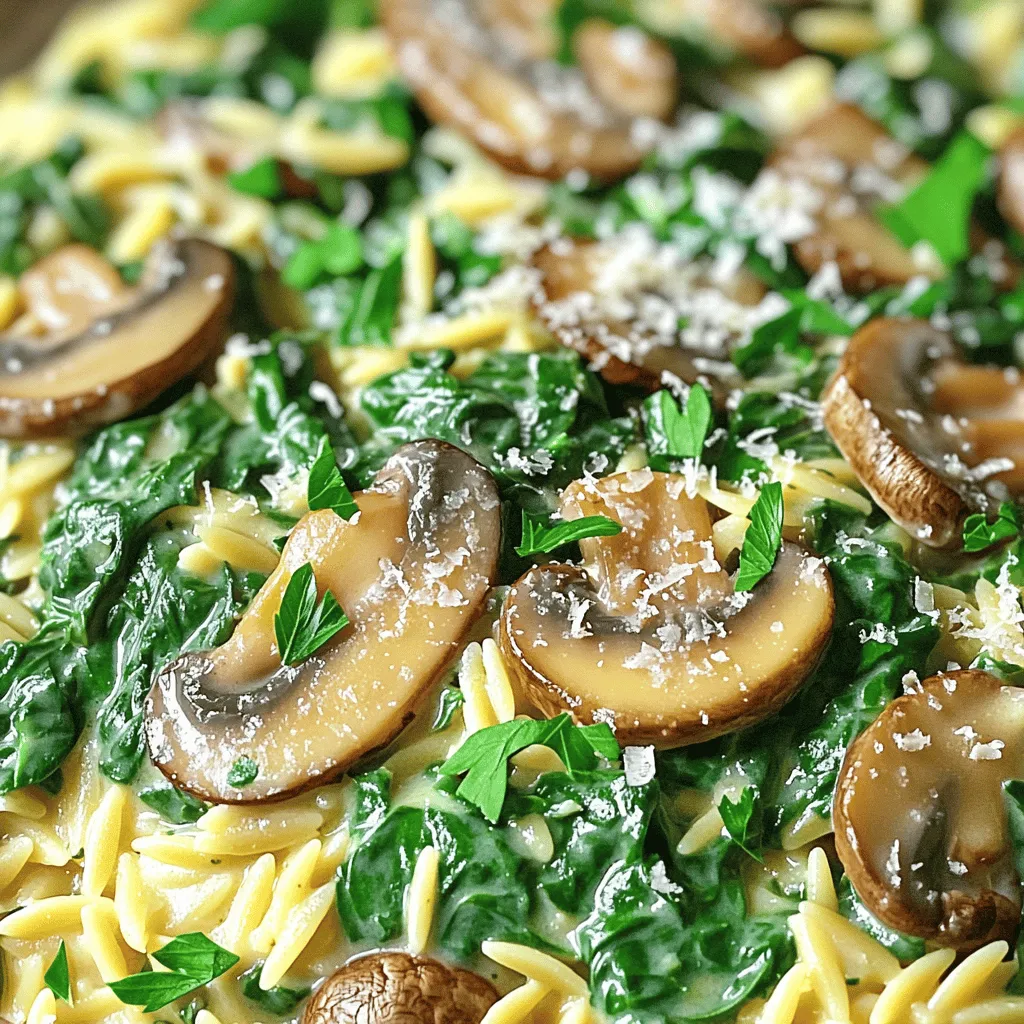 - 1 Tasse Orzo-Nudeln - 2 Tassen frischer Spinat, grob gehackt - 1 Tasse Champignons, in Scheiben geschnitten Die Hauptzutaten sind einfach zu finden. Orzo-Nudeln sind kleine, reisartige Nudeln. Sie kochen schnell und nehmen den Geschmack gut auf. Frischer Spinat bringt eine tolle grüne Farbe und viele Nährstoffe. Champignons geben einen milden, erdigen Geschmack. Diese Zutaten machen das Gericht frisch und lecker. - 1 Esslöffel Olivenöl - 1 Teelöffel italienische Gewürzmischung - Salz und Pfeffer nach Geschmack Olivenöl ist ideal für das Anbraten. Es gibt dem Gericht einen feinen Geschmack. Die italienische Gewürzmischung bringt Kräuter wie Oregano und Basilikum ins Spiel. Salz und Pfeffer sind wichtig, um den Geschmack zu verstärken. Diese Gewürze machen jedes Bissen besonders. - 1 Tasse Gemüsebrühe - 1 Tasse Sahne oder Kokoscreme Gemüsebrühe gibt Tiefe und hilft, die Sauce zu bilden. Du kannst auch Sahne oder Kokoscreme verwenden. Kokoscreme macht das Gericht milchfrei und gibt einen leichten, süßen Geschmack. Diese flüssigen Zutaten machen den Orzo cremig und köstlich. Kochen Sie zuerst die Orzo-Nudeln in einem großen Topf mit kochendem, gesalzenem Wasser. Folgen Sie den Anweisungen auf der Verpackung, um die Nudeln al dente zu zubereiten. Das dauert in der Regel 8 bis 10 Minuten. Wenn sie fertig sind, gießen Sie sie ab und stellen sie beiseite. Erhitzen Sie eine große Pfanne bei mittlerer Hitze und geben Sie einen Esslöffel Olivenöl hinein. Fügen Sie die gewürfelte Zwiebel hinzu. Braten Sie sie etwa 3 bis 4 Minuten, bis sie glasig ist. Dann kommen die gehackten Knoblauchzehen und die in Scheiben geschnittenen Champignons dazu. Braten Sie alles für 5 bis 6 Minuten, bis die Pilze weich und leicht gebräunt sind. Jetzt ist es Zeit für den Spinat! Rühren Sie den grob gehackten Spinat in die Pfanne ein. Kochen Sie ihn für etwa 2 Minuten, bis er zusammenfällt. Das gibt dem Gericht eine schöne, frische Note. Gießen Sie die Gemüsebrühe in die Pfanne und bringen Sie alles zum Köcheln. Lassen Sie die Mischung 5 Minuten köcheln. Danach fügen Sie die Sahne und die italienische Gewürzmischung hinzu. Reduzieren Sie die Hitze und lassen Sie die Sauce weitere 5 Minuten köcheln, bis sie leicht eingedickt ist. Jetzt kommen die gekochten Orzo-Nudeln in die Pfanne. Mischen Sie alles gut, damit die Nudeln von der cremigen Sauce umhüllt sind. Schmecken Sie das Gericht mit Salz und Pfeffer ab, bis es perfekt ist. Richten Sie den cremigen Spinat-Pilz-Orzo in Schalen an. Garnieren Sie nach Belieben mit frischer Petersilie und geriebenem Parmesan. Das sieht nicht nur toll aus, sondern schmeckt auch himmlisch! - Kochzeit im Detail: Koche die Orzo-Nudeln für 8 bis 10 Minuten. Sie sollten al dente sein. Das bedeutet, sie sind weich, aber haben noch einen kleinen Biss. - Vermeidung von Überkochen: Achte darauf, den Orzo nicht zu lange zu kochen. Wenn du das tust, wird er matschig. Überprüfe die Nudeln ein paar Minuten vor der angegebenen Zeit. - Verwendung anderer Pilzsorten: Du kannst verschiedene Pilze verwenden. Shiitake oder Austernpilze geben einen neuen Geschmack. Probiere auch getrocknete Pilze für mehr Tiefe. - Zudem oder Austausch von Gewürzen: Experimentiere mit Gewürzen. Thymian oder Oregano passen gut. Du kannst auch einen Spritzer Zitrone für Frische hinzufügen. - Zu viel Flüssigkeit: Achte darauf, die Brühe und Sahne gut zu dosieren. Zu viel Flüssigkeit macht den Orzo dünn und wässrig. - Unerwünschte Konsistenz: Wenn die Mischung zu dick wird, füge etwas Brühe hinzu. Wenn sie zu dünn ist, koche sie länger, bis sie eindickt. {{image_4}} Um den cremigen Spinats-Pilz-Orzo noch bunter zu machen, kannst du zusätzliche Gemüsesorten integrieren. Zum Beispiel passen Paprika, Zucchini, oder Erbsen gut dazu. Diese Gemüse sorgen nicht nur für Farbe, sondern auch für mehr Nährstoffe. Wenn du eine vegane Variante möchtest, ersetze die Sahne durch Kokoscreme. Das gibt dem Gericht eine tolle, süße Note. Das ist lecker und gesund! Möchtest du mehr Protein in dein Gericht bringen? Du kannst Hähnchen oder Pute hinzufügen. Brate das Fleisch einfach mit der Zwiebel und dem Knoblauch an. Das macht das Gericht noch sättigender. Für eine pflanzliche Option probiere Tofu. Schneide ihn in kleine Stücke und brate ihn goldbraun, bevor du die anderen Zutaten hinzufügst. So erhältst du eine tolle Textur und Geschmack. Käse kann deinem Orzo einen besonderen Kick geben. Du kannst verschiedene Käsesorten verwenden, wie Feta oder Gouda. Diese Käse schmelzen gut und geben viel Geschmack. Wenn du eine milchfreie Option suchst, lass den Käse einfach weg. Das Gericht bleibt trotzdem cremig und lecker. Experimentiere mit diesen Variationen, um deinen perfekten Spinats-Pilz-Orzo zu finden! Um deinen cremigen Spinats-Pilz-Orzo frisch zu halten, lege ihn abgedeckt in einen luftdichten Behälter. So bleibt der Geschmack erhalten. Du kannst ihn bis zu drei Tage im Kühlschrank aufbewahren. Achte darauf, ihn vollständig abkühlen zu lassen, bevor du ihn lagerst. So vermeidest du Kondenswasser, das die Konsistenz beeinträchtigen könnte. Wenn du mehr Orzo gemacht hast, kannst du ihn auch einfrieren. Nutze dafür geeignete Behälter oder Gefrierbeutel. Teile die Portionen auf, damit du nur so viel auftauen kannst, wie du benötigst. Achte darauf, die Luft so gut wie möglich herauszudrücken, um Gefrierbrand zu vermeiden. Zum Auftauen lege den Orzo einfach über Nacht in den Kühlschrank. Du kannst ihn dann in der Mikrowelle oder in einer Pfanne bei schwacher Hitze erwärmen. Überbleibsel von deinem cremigen Spinats-Pilz-Orzo sind nicht nur lecker, sondern auch vielseitig. Du kannst sie in einer Frittata verwenden oder als Füllung für gefüllte Paprika nutzen. Eine andere Idee ist, den Orzo zu einem Auflauf zu verarbeiten, indem du ihn mit Käse und weiteren Gemüsesorten mischst. So sorgst du für Abwechslung auf dem Tisch und reduzierst Lebensmittelverschwendung. Cremiger Spinats-Pilz-Orzo hält sich gut im Kühlschrank. Du kannst ihn bis zu drei Tage aufbewahren. Bewahre ihn in einem luftdichten Behälter auf. Kühle ihn schnell ab, bevor du ihn in den Kühlschrank stellst. Wenn du ihn länger aufbewahren möchtest, friere ihn ein. Ja, du kannst frischen Spinat durch tiefgefrorenen Spinat ersetzen. Tiefgefrorener Spinat ist praktisch und oft preiswerter. Er hat jedoch einen höheren Wassergehalt. Das kann die Konsistenz des Gerichts beeinflussen. Lass den Spinat gut abtropfen, bevor du ihn hinzufügst. So bleibt dein Gericht cremig. Ja, dieses Rezept kann milchfrei sein. Verwende einfach Kokoscreme anstelle von Sahne. Kokoscreme gibt dem Gericht eine reichhaltige Textur und einen feinen Geschmack. Du kannst auch pflanzliche Sahne verwenden. Achte darauf, dass sie ungesüßt ist. So bleibt der Geschmack ausgewogen. In diesem Artikel haben wir das Rezept für cremigen Spinats-Pilz-Orzo behandelt. Wir haben die Zutaten, die Zubereitung und Tipps besprochen. Du hast gelernt, wie man Orzo perfekt kocht und köstliche Variationen erstellt. Denk daran, deine Reste kreativ zu nutzen. Dieses Gericht ist einfach und vielseitig, ideal für jeden. Probiere es aus, und genieße frische Aromen in deiner Küche!