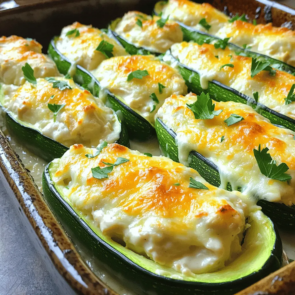 - 4 mittelgroße Zucchini - 2 Tassen gekochte Hähnchenbrust, zerrissen - 1 Tasse Alfredo-Sauce (aus dem Geschäft oder selbstgemacht) - 1 Tasse Mozzarella-Käse, gerieben - ½ Tasse Parmesankäse, gerieben Für dieses Rezept sind die Hauptzutaten Zucchini und Hähnchen. Die Zucchini kann man leicht aushöhlen, um Platz für die Füllung zu schaffen. Das zerrissene Hähnchen sorgt für eine saftige Füllung. Alfredo-Sauce bringt den cremigen Geschmack, den wir lieben. Käsevariationen, wie Mozzarella und Parmesan, geben dem Gericht eine leckere Kruste. - 1 Teelöffel Knoblauchpulver - 1 Teelöffel italienische Kräuter - Salz und Pfeffer nach Geschmack Die Gewürze bringen Geschmack in die Füllung. Knoblauchpulver sorgt für ein würziges Aroma. Italienische Kräuter wie Oregano und Basilikum passen perfekt zu Hähnchen und Zucchini. Salz und Pfeffer runden das Ganze ab und heben die Aromen hervor. - Frische Petersilie - Weitere Käseoptionen Frische Petersilie bringt Farbe und Frische. Sie ist eine tolle Garnitur, die das Gericht lebendiger macht. Man kann auch mehr Käse hinzufügen, um die Füllung noch cremiger zu machen. Diese Optionen machen die Zucchini-Boote noch ansprechender und leckerer. - Heize den Ofen auf 190°C vor. Diese Temperatur hilft, die Zucchini gleichmäßig zu garen. - Halbieren die Zucchini der Länge nach. Entferne die Kerne mit einem Löffel. So erhältst du schöne Boote, die du füllen kannst. - In einer großen Schüssel vermenge das zerrissene Hähnchen, die Alfredo-Sauce, das Knoblauchpulver und die italienischen Kräuter. - Füge die Hälfte des Mozzarella und des Parmesans hinzu. Rühre alles gut um, bis es gleichmäßig ist. - Schmecke die Mischung mit Salz und Pfeffer ab. Es sollte lecker und würzig sein. - Fülle jede Zucchini-Hälfte mit der Hähnchen-Alfredo-Mischung. Drücke sie sanft zusammen, damit alles gut drin ist. - Streue den restlichen Mozzarella und Parmesan gleichmäßig über die Zucchini-Boote. - Decke die Auflaufform mit Aluminiumfolie ab. Backe die Zucchini-Boote 20 Minuten lang. - Entferne die Folie und backe sie weitere 10-15 Minuten. Der Käse soll sprudeln und goldbraun werden. - Lass die Zucchini-Boote einige Minuten abkühlen, bevor du sie servierst. - Wählen Sie mittelgroße Zucchini. Sie sind ideal zum Füllen. Große Zucchini können wässrig sein. Kleine sind oft schnell überfüllt. - Packen Sie die Füllung fest in die Zucchini. So bleibt alles beim Backen an Ort und Stelle. Eine sanfte Drucktechnik hilft, die Mischung gut zu verteilen. - Für vegane Optionen verwenden Sie pflanzliches Hähnchen oder Tofu. Ersetzen Sie die Alfredo-Sauce durch eine pflanzliche Sahnealternative. - Bei glutenfreien Anpassungen können Sie glutenfreie Pasta oder Sauce benutzen. Achten Sie auf die Zutatenliste, um verstecktes Gluten zu vermeiden. - Meal Prep Tipps: Kochen Sie die Hähnchenbrust im Voraus. So sparen Sie Zeit bei der Zubereitung. Füllen Sie die Zucchini dann schnell. - Um Zeit zu sparen, nutzen Sie vorgekochte Hähnchenstücke. Diese sind oft in Geschäften erhältlich. So machen Sie das Rezept in weniger als 30 Minuten. {{image_4}} Für die Füllung der Zucchini-Boote gibt es viele Möglichkeiten. Wenn Sie Rindfleisch oder Truthahn mögen, können Sie diese verwenden. Diese Fleischsorten bieten einen herzhaften Geschmack und eine tolle Textur. Zerkleinern Sie das gekochte Fleisch und mischen Sie es mit der Alfredo-Sauce. Wenn Sie eine vegetarische Option wünschen, probieren Sie gehackte Pilze oder schwarze Bohnen. Sie bieten ebenso viel Geschmack und eine gute Konsistenz. Kombinieren Sie das Gemüse mit der Sauce für eine köstliche Füllung. Die Sauce kann einen großen Unterschied machen. Eine selbstgemachte Alfredo-Sauce gibt Ihnen die Kontrolle über die Zutaten. Sie können frische Sahne und Parmesan verwenden, um die beste Qualität zu erreichen. Alternativ können Sie auch andere leckere Saucen ausprobieren. Pesto oder eine Tomatensauce passen gut zu den Zucchini. Diese Saucen bringen neue Geschmäcker und Farben auf den Tisch. Die richtigen Beilagen machen das Essen noch besser. Ein frischer Salat passt gut zu den Zucchini-Boote. Grünes Gemüse oder ein einfacher Tomatensalat sind tolle Optionen. Reis oder Quinoa sind ebenfalls gute Beilagen. Sie sind sättigend und ergänzen das Gericht. Diese Beilagen geben dem Essen mehr Fülle und Nährstoffe. Um die Hähnchen Alfredo gefüllten Zucchini-Boote frisch zu halten, lege sie in einen luftdichten Behälter. Stelle sicher, dass die Zucchini komplett abgekühlt sind, bevor du sie lagern. So vermeidest du Kondenswasser. Die gefüllten Zucchini bleiben im Kühlschrank etwa 3 bis 4 Tage haltbar. Überprüfe sie vor dem Essen auf Frische. Wenn der Geruch oder das Aussehen nicht gut sind, wirf sie weg. Wenn du die Zucchini-Boote länger aufbewahren möchtest, friere sie ein. Lege die gefüllten Zucchini in einen Gefrierbeutel oder einen gefrierfesten Behälter. Achte darauf, die Luft so gut wie möglich herauszudrücken. Um die Zucchini aufzutauen, lege sie über Nacht in den Kühlschrank. Du kannst sie auch direkt aus dem Gefrierfach in den Ofen geben. Achte darauf, die Backzeit zu verlängern, wenn sie gefroren sind. Es gibt mehrere Möglichkeiten, die Zucchini-Boote wieder warm zu machen. Du kannst sie in der Mikrowelle aufwärmen. Stelle die Leistung auf niedrig und erwärme sie in kurzen Intervallen. Eine andere Methode ist das Aufwärmen im Backofen. Heize den Ofen auf 180°C vor und lege die Zucchini-Boote auf ein Backblech. Decke sie mit Aluminiumfolie ab, um den Käse nicht zu verbrennen. Um den guten Geschmack zu erhalten, achte darauf, dass du die Zucchini nicht zu lange erhitzt. So bleibt die Füllung saftig und der Käse schön schmelzend. Dieses Rezept ergibt vier Portionen. Jede Portion hat eine Zucchini-Hälfte, gefüllt mit leckerem Hähnchen und Käse. Es ist perfekt für ein Abendessen mit Familie oder Freunden. Wenn du mehr benötigst, kannst du einfach die Zutaten verdoppeln. Ja, du kannst die Zucchini im Voraus vorbereiten. Schneide sie einfach und entferne die Kerne. Lagere sie dann in einem luftdichten Behälter im Kühlschrank. So bleiben sie frisch und bereit zum Füllen. Du kannst die Füllung auch im Voraus zubereiten. Stelle sie in den Kühlschrank, bis du bereit bist, die Zucchini zu füllen. Wenn du keine Alfredo-Sauce hast, gibt es tolle Alternativen. Du kannst eine Käsesauce oder eine Bechamelsauce verwenden. Für eine leichtere Option probiere eine einfache Tomatensauce. Experimentiere mit verschiedenen Saucen, um neue Geschmäcker zu entdecken. Zusammengefasst haben wir uns mit der Zubereitung gefüllter Zucchini beschäftigt. Wir haben die Hauptzutaten wie Zucchini, Hähnchen und Käse sowie passende Gewürze besprochen. Die Schritt-für-Schritt-Anleitung zeigt, wie man die Zucchini richtig vorbereitet und füllt. Zusätzliche Tipps helfen, das Gericht perfekt zuzubereiten und abzuändern. Mit diesem Wissen kannst du jetzt leckere Variationen kreieren und sie ganz nach deinem Geschmack anpassen. Viel Spaß beim Kochen und Ausprobieren!
