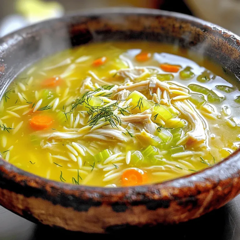 - 1 Tasse gekochtes Hühnchen, zerrupft - 1 mittlerer Zwiebel, gewürfelt - 2 Knoblauchzehen, fein gehackt - 2 Karotten, gewürfelt - 2 Stangen Sellerie, gewürfelt - 6 Tassen Hühnerbrühe - 1 Tasse Orzo-Nudeln (oder Reis) - 2 große Eier - 1/4 Tasse frischer Zitronensaft (ca. 2 Zitronen) - 1 Esslöffel Olivenöl - Salz und Pfeffer nach Geschmack - 1 Esslöffel frischer Dill oder Petersilie, gehackt (zum Garnieren) Für die Griechische Zitronenhühnchensuppe braucht man frische und gute Zutaten. Das gekochte Hühnchen bringt viel Geschmack. Die Zwiebel und der Knoblauch geben der Suppe ein tolles Aroma. Karotten und Sellerie fügen Süße und Textur hinzu. Hühnerbrühe sorgt für die Basis und macht die Suppe herzhaft. Die Orzo-Nudeln sind eine schöne Ergänzung. Sie sind klein und passen gut in die Suppe. Alternativ kann man auch Reis verwenden. Die Eier und der Zitronensaft sind die Geheimzutaten. Sie sorgen für die cremige Konsistenz und die frische Note. Das Olivenöl bringt gesunde Fette in die Suppe. Salz und Pfeffer helfen, den Geschmack zu verstärken. Zum Schluss garnieren wir die Suppe mit frischen Kräutern wie Dill oder Petersilie. Diese Zutaten machen die Suppe nicht nur lecker, sondern auch bunt und ansprechend. Zuerst nehmen wir einen großen Topf. Ich erhitze das Olivenöl bei mittlerer Hitze. Dann füge ich die gewürfelte Zwiebel und den fein gehackten Knoblauch hinzu. Nach ein paar Minuten kommen die Karotten und der Sellerie dazu. Ich brate alles für etwa 5-7 Minuten an, bis das Gemüse weich wird und die Aromen freigibt. Jetzt gieße ich die Hühnerbrühe in den Topf. Es ist wichtig, die Brühe zum Kochen zu bringen. Die Hitze sollte dabei hoch genug sein, damit es schnell geht. Sobald die Brühe kocht, gebe ich die Orzo-Nudeln oder den Reis in den Topf. Ich reduziere die Hitze auf niedrig. Jetzt lasse ich alles für etwa 10 Minuten köcheln. Es ist wichtig, die Nudeln al dente zu kochen, damit sie nicht matschig werden. In einer separaten Schüssel bereite ich die Eimischung vor. Ich verquirle die Eier und füge den frischen Zitronensaft hinzu. Um die Eier nicht zum Gerinnen zu bringen, temperiere ich die Mischung. Ich gieße langsam eine Kelle der heißen Brühe in die Schüssel, während ich ständig rühre. Jetzt kommt der spannende Teil! Ich gieße die temperierte Eimischung vorsichtig in die Suppe. Dabei rühre ich sanft weiter. Jetzt schmecke ich die Suppe ab und würze sie nach Belieben mit Salz und Pfeffer. Nachdem ich die Suppe einige Minuten stehen lasse, ist sie bereit zum Servieren. Die richtige Gewürzmischung ist der Schlüssel. Ich empfehle, frischen Dill oder Petersilie zu verwenden. Diese Kräuter geben der Suppe einen frischen Geschmack. Auch ein wenig Salz und Pfeffer sind wichtig. Die Konsistenz der Suppe sollte leicht cremig sein, aber nicht zu dick. Wenn die Suppe zu dick ist, fügen Sie einfach etwas mehr Brühe hinzu. So bleibt sie geschmackvoll und angenehm. Ein häufiges Problem ist das Gerinnen der Eier. Um dies zu verhindern, temperieren Sie die Eimischung. Gießen Sie langsam heiße Brühe in die Eimischung, während Sie rühren. Dies hilft, die Eier zu erwärmen, ohne sie zu kochen. Achten Sie auch auf die Hitze. Zu viel Hitze kann die Eier gerinnen lassen. Halten Sie die Suppe nach dem Hinzufügen der Eier bei niedriger Hitze. So bleibt die Suppe glatt und lecker. Für die Beilagen empfehle ich frisches Brot oder einen einfachen Salat. Diese passen gut zur Zitronenhühnchensuppe. Anrichten mit frischen Kräutern macht die Suppe ansprechender. Streuen Sie etwas gehackten Dill oder Petersilie obenauf. So sieht die Suppe nicht nur gut aus, sie schmeckt auch frisch und einladend. {{image_4}} Wenn du kein Hühnchen magst, gibt es viele Alternativen. Du kannst Pute verwenden. Sie hat einen ähnlichen Geschmack und ist sehr saftig. Wenn du etwas anderes möchtest, probiere Garnelen. Sie geben der Suppe einen neuen Twist. Für vegetarische Optionen kannst du Tofu verwenden. Tofu nimmt die Aromen gut auf. Du kannst auch Kichererbsen benutzen. Sie sind nahrhaft und machen die Suppe herzhaft. Es gibt zwei Hauptwege, eine Brühe herzustellen. Du kannst sie selbst machen oder fertig kaufen. Selbstgemachte Brühe hat mehr Geschmack. Sie ist auch gesünder, da du die Zutaten kontrollierst. Wenn du wenig Zeit hast, ist gekaufte Brühe eine gute Wahl. Achte darauf, eine hochwertige Brühe zu wählen. Sie sollte keinen Zucker oder künstliche Zusatzstoffe enthalten. Du kannst auch Gemüsebrühe verwenden. Sie ist leicht und bringt frische Aromen. Diese Option ist perfekt für die vegetarische Version. Die Suppe kann durch saisonales Gemüse lebendiger werden. Du kannst Spinat oder Erbsen hinzufügen. Sie bringen Farbe und Nährstoffe. Experimentiere auch mit Gewürzen. Füge etwas Kreuzkümmel oder Paprika hinzu. Diese Gewürze geben der Suppe mehr Tiefe. Du kannst auch frischen Thymian oder Oregano verwenden. Sie verstärken die mediterranen Aromen. Um die griechische Zitronenhühnchensuppe frisch zu halten, ist die richtige Lagerung wichtig. - Kühlung und Aufbewahrung: Lassen Sie die Suppe zuerst auf Raumtemperatur abkühlen. Danach füllen Sie sie in einen luftdichten Behälter um. So bleibt die Suppe im Kühlschrank für drei bis vier Tage genießbar. - Einfrieren der Reste: Wenn Sie die Suppe aufbewahren möchten, können Sie sie auch einfrieren. Nutzen Sie einen gefrierfesten Behälter oder einen Gefrierbeutel. Achten Sie darauf, etwas Platz zu lassen, da die Suppe beim Einfrieren expandiert. So bleibt die Suppe bis zu drei Monate haltbar. Nun zur Haltbarkeit und Verwendung der Suppe. - Maximal mögliche Lagerzeit: Im Kühlschrank hält sich die Suppe bis zu vier Tage. Beim Einfrieren beträgt die maximale Lagerzeit drei Monate. - Aufwärmen von gefrorener Suppe: Zum Aufwärmen gefrorener Suppe, lassen Sie sie zuerst im Kühlschrank auftauen. Danach erhitzen Sie sie in einem Topf bei mittlerer Hitze. Rühren Sie die Suppe gut um, damit sie gleichmäßig warm wird. Bei Bedarf fügen Sie etwas Wasser oder Brühe hinzu, um die Konsistenz zu verbessern. Die Suppe hält sich gut im Kühlschrank. Du kannst sie dort bis zu drei Tage aufbewahren. Achte darauf, die Suppe in einem luftdichten Behälter zu lagern. So bleibt sie frisch. Wenn du die Suppe länger aufbewahren möchtest, friere sie ein. Fülle die kalte Suppe in gefriergeeignete Behälter. Sie hält sich bis zu drei Monate im Gefrierfach. Zum Aufwärmen kannst du sie einfach in einem Topf langsam erhitzen. Ja, du kannst die Suppe auch vegan machen. Ersetze das Hühnchen durch Kichererbsen oder Tofu. Verwende Gemüsebrühe anstelle von Hühnerbrühe. Dies gibt der Suppe einen tollen Geschmack. Für die Eimischung kannst du eine Mischung aus Wasser und Maisstärke verwenden. Dies hilft, die Suppe zu binden. Füge frische Zitronen für den Geschmack hinzu. So bleibt die frische Note. Du kannst viele Beilagen zur Suppe servieren. Ein knuspriges Brot passt gut dazu. Auch ein einfacher grüner Salat ist eine tolle Wahl. Wenn du etwas mehr möchtest, probiere gefüllte Pita-Taschen. Diese sind lecker und passen gut zur Suppe. Frisches Gemüse oder Oliven machen die Mahlzeit bunt und gesund. Die Zubereitung dieser köstlichen Suppe ist einfach und macht Spaß. Du hast gelernt, wie man die Basis mit frischem Gemüse anrichtet und die Aromen perfekt kombiniert. Wir haben auch Tipps gegeben, um häufige Fehler zu vermeiden und die Suppe nach deinem Geschmack anzupassen. Denke daran, dass Variationen und Lagermöglichkeiten der Suppe dir Flexibilität geben. Experimentiere und finde deine persönliche Lieblingsversion. Letztendlich soll die Suppe nicht nur nahrhaft, sondern auch lecker und ein Genuss sein.