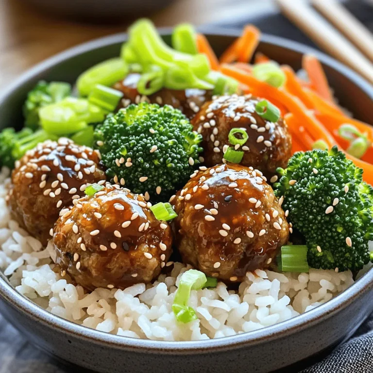 Hier sind die Zutaten, die du für die Teriyaki Meatball Rice Bowls brauchst: - 450 g gemahlenes Hähnchen oder Truthahn - 60 g Semmelbrösel - 60 g grüne Zwiebeln, fein gehackt - 1 Esslöffel frischer Ingwer, gerieben - 2 Knoblauchzehen, fein gehackt - 60 ml Sojasauce (mit niedrigem Natriumgehalt) - 60 ml Honig oder Ahornsirup - 1 Esslöffel Reisessig - 1 Esslöffel Sesamöl - 480 g gekochter weißer oder brauner Reis - 120 g Brokkoliröschen, gedämpft - 120 g Karotten, julienniert - Sesamsamen zum Garnieren - Zusätzliche grüne Zwiebeln zum Garnieren Falls du einige Zutaten nicht hast, gibt es Alternativen: - Du kannst gemahlenes Rindfleisch oder Schweinefleisch verwenden. - Statt Semmelbrösel nimm Paniermehl oder Haferflocken. - Verwende Knoblauchpulver, wenn du frischen Knoblauch nicht hast. - Ersetze Sojasauce mit Tamari für eine glutenfreie Option. - Anstelle von Honig kannst du Agavendicksaft verwenden. Frische Zutaten bieten den besten Geschmack. Verwende frische grüne Zwiebeln und Ingwer, wenn möglich. Sie geben den Bällchen einen tollen Kick. Getrocknete Kräuter sind weniger intensiv, können aber in einer Notlage helfen. Achte darauf, die Mengen anzupassen. Frische Karotten und Brokkoli sorgen für einen schönen Crunch und Nährstoffe. Um die Teriyaki-Hähnchenbällchen zuzubereiten, nimm eine große Schüssel. Vermenge dort 450 g gemahlenes Hähnchen oder Truthahn mit 60 g Semmelbröseln. Füge 60 g fein gehackte grüne Zwiebeln, 1 Esslöffel geriebenen Ingwer und 2 fein gehackte Knoblauchzehen hinzu. Würze die Mischung mit einer Prise Salz und Pfeffer. Mische alles gut, bis die Zutaten gleichmäßig verteilt sind. Heize den Ofen auf 200°C vor und lege ein Backblech mit Backpapier aus. Forme kleine Bällchen, etwa 2,5 cm groß, und lege sie auf das Blech. Backe die Bällchen für 20-25 Minuten, bis sie goldbraun sind. Bereite die Teriyaki-Sauce vor, während die Bällchen backen. Nimm einen kleinen Topf und füge 60 ml Sojasauce, 60 ml Honig oder Ahornsirup, 1 Esslöffel Reisessig und 1 Esslöffel Sesamöl hinzu. Erhitze die Mischung bei mittlerer Hitze und rühre ständig um. Warte, bis sie zu köcheln beginnt. Reduziere dann die Hitze und lasse die Sauce 5 Minuten köcheln, bis sie etwas eindickt. Nimm den Topf vom Herd, wenn die Sauce fertig ist. Sobald die Bällchen gebacken sind, nimm sie aus dem Ofen. Gieße die vorbereitete Teriyaki-Sauce über die Bällchen und schwenke sie vorsichtig, um sie gleichmäßig zu bedecken. Jetzt ist es Zeit, die Reis-Bowls zusammenzustellen. Teile 480 g gekochten weißen oder braunen Reis gleichmäßig auf Servierschalen auf. Setze mehrere Teriyaki-Hähnchenbällchen darauf. Füge 120 g gedämpfte Brokkoliröschen und 120 g juliennierte Karotten hinzu. Garniere die Bowls mit Sesamsamen und frischen, gehackten grünen Zwiebeln. Um die besten Fleischbällchen zu machen, achte auf die Mischung. Die Fleischmasse sollte gut gemischt, aber nicht überarbeitet sein. Das sorgt für eine zarte Konsistenz. Verwende frische Zutaten, um den Geschmack zu steigern. Eine Prise Salz und Pfeffer hilft, die Aromen zu betonen. Die Teriyaki-Sauce ist das Herzstück dieser Bowls. Achte darauf, die Sauce bei mittlerer Hitze zu erhitzen. Rühre ständig, um ein Anbrennen zu vermeiden. Lass die Sauce leicht köcheln, bis sie dickflüssig wird. So wird sie perfekt klebrig und aromatisch. Die Präsentation macht einen großen Unterschied. Beginne mit einer Schicht Reis als Basis. Platziere die Fleischbällchen schön darauf. Füge die gedämpften Brokkoliröschen und die Karotten hinzu. Garnieren mit Sesamsamen und frischen grünen Zwiebeln sorgt für einen tollen Look. Dies wird deine Gäste beeindrucken! {{image_4}} Wenn Sie nach einer vegetarischen oder veganen Option suchen, können Sie Tofu verwenden. Tofu hat eine tolle Textur und nimmt den Teriyaki-Geschmack gut auf. Zerdrücken Sie den Tofu und mischen Sie ihn mit Semmelbröseln, gehackten Zwiebeln, Ingwer und Knoblauch. Formen Sie die Mischung zu Bällchen und backen Sie sie wie die Fleischbällchen. Für mehr Geschmack können Sie verschiedene Zutaten hinzufügen. Zum Beispiel: - Ananasstücke: Diese bringen eine süße Note. Fügen Sie sie in die Sauce oder direkt in die Schüssel hinzu. - Paprika: In Streifen geschnitten, geben sie Farbe und Crunch. - Chili: Wenn Sie es scharf mögen, können Sie frische oder getrocknete Chilis hinzufügen. Die Beilagen können Ihre Schüssel aufpeppen. Hier sind einige Ideen: - Edamame: Diese grünen Bohnen sind nahrhaft und lecker. - Nudeln: Anstelle von Reis können Sie auch Soba-Nudeln oder Reisnudeln verwenden. - Salat: Ein frischer Salat mit Gurken und Karotten passt gut dazu. Spielen Sie mit diesen Ideen, um Ihre Teriyaki-Bowl anzupassen und zu genießen! Um die restlichen Teriyaki Meatball Rice Bowls frisch zu halten, lege sie in einen luftdichten Behälter. Lass die Bowls zuerst auf Raumtemperatur abkühlen. Danach kannst du sie problemlos lagern. Diese einfache Lagerung hilft, die Aromen zu erhalten. Wenn du die Bowls wieder aufwärmen möchtest, nimm eine Mikrowelle oder einen Ofen. In der Mikrowelle erwärmst du sie in kurzen Intervallen von 30 Sekunden. Rühre die Bowls zwischendurch um, damit alles gleichmäßig warm wird. Im Ofen kannst du die Bowls bei 180 °C etwa 10-15 Minuten erwärmen. Im Kühlschrank bleiben die Bowls bis zu drei Tage frisch. Wenn du sie länger aufbewahren möchtest, friere die Bowls ein. Im Gefrierfach halten sie bis zu drei Monate. Achte darauf, die Bowls gut zu verpacken, damit sie keinen Frostgeschmack annehmen. Du kannst die Teriyaki-Sauce leicht verändern. Füge mehr Honig hinzu für mehr Süße. Wenn du es schärfer magst, gib etwas Sriracha oder rote Pfefferflocken dazu. Ein Spritzer Zitrone bringt Frische hinein. Nutze auch andere Sojasaucen für unterschiedliche Geschmäcker. Experimentiere mit dem Verhältnis von Sojasauce zu Honig, um die perfekte Balance für deinen Geschmack zu finden. Ja, die Fleischbällchen gelingen auch im Airfryer. Heize ihn auf 180°C vor. Lege die Bällchen in den Korb, ohne sie zu überladen. Gare sie für etwa 12 bis 15 Minuten. Schüttle den Korb einmal während des Garens. So werden sie gleichmäßig knusprig. Achte darauf, dass sie gut durchgegart sind, bevor du sie servierst. Für Teriyaki-Bowls passen viele Beilagen gut. Gedämpfter Brokkoli ist eine tolle Wahl. Auch Karotten, Zucchini oder Edamame sind lecker. Du kannst auch eingelegtes Gemüse hinzufügen. Reis ist die Basis, aber Quinoa ist eine gesunde Alternative. Probiere auch Nüsse oder Samen für einen extra Crunch. In diesem Artikel haben wir die wichtigsten Zutaten für Teriyaki-Hähnchenbällchen gezeigt. Wir haben auch Alternativen und Tipps für die Zubereitung besprochen. Du hast gelernt, wie man die perfekte Sauce macht und die Bowls ansprechend anrichtet. Variationen bieten dir mehr Auswahl. Schließlich hast du hilfreiche Tipps zur Aufbewahrung erfahren. Sei kreativ beim Kochen und genieße deine Teriyaki-Bowls, ob für dich oder Gäste. Guten Appetit!