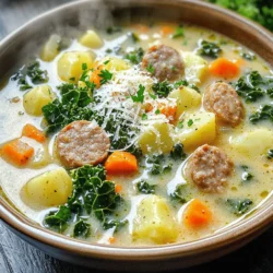 - 450 g italienische Wurst - 4 Tassen Grünkohl - 240 ml Schlagsahne Die italienische Wurst gibt der Suppe ihren herzhaften Geschmack. Du kannst sie mild oder scharf wählen. Ich bevorzuge die milde Wurst für eine sanfte Note. Der Grünkohl bringt nicht nur Farbe, sondern auch viele Nährstoffe. Er macht die Suppe gesund und sättigend. Die Schlagsahne sorgt für die cremige Konsistenz. Sie rundet die Aromen perfekt ab. - 1 mittelgroße Zwiebel - 2 mittelgroße Karotten - 2 Stangen Sellerie - 2 mittelgroße Kartoffeln Die Zwiebel ist die Basis für viele Gerichte. Sie gibt der Suppe einen süßen und herzhaften Geschmack. Karotten und Sellerie fügen Frische und Süße hinzu. Die Kartoffeln machen die Suppe noch fülliger und geben ihr eine schöne Textur. Du kannst Yukon Gold oder rote Kartoffeln verwenden. Beide Sorten sind lecker! - 1 Teelöffel Thymian - 1/2 Teelöffel Chiliflocken - 2 Esslöffel Olivenöl Thymian bringt eine aromatische Note in die Suppe. Er passt gut zu Wurst und Gemüse. Chiliflocken fügen einen kleinen Kick hinzu. Du kannst die Menge nach deinem Geschmack anpassen. Olivenöl ist wichtig, um das Gemüse anzubraten. Es verstärkt den Geschmack und macht die Suppe reichhaltiger. Zuerst schneide ich die Zwiebel, den Knoblauch, die Karotten und den Sellerie. Ich verwende eine scharfe Klinge, um gleichmäßige Stücke zu erhalten. Das hilft beim Kochen. Die Zwiebel sollte gewürfelt sein. Der Knoblauch wird fein gehackt. Die Karotten schneide ich in dünne Scheiben. Der Sellerie wird ebenfalls gewürfelt. So bereite ich die Basis für die Suppe vor. Ich erhitze Olivenöl in einem großen Topf bei mittlerer Hitze. Die gewürfelte Zwiebel kommt zuerst hinein. Ich sautieren die Zwiebel für etwa 3-4 Minuten, bis sie durchsichtig wird. Danach füge ich den Knoblauch, die Karotten und den Sellerie hinzu. Ich rühre gelegentlich um und lasse das Gemüse fünf Minuten köcheln, bis es weich ist. Jetzt schiebe ich das Gemüse an die Seiten des Topfes. Ich füge die italienische Wurst in die Mitte. Ich zerkleinere die Wurst mit einem Löffel und brate sie rundum etwa 5-7 Minuten, bis sie gebräunt ist. Sobald die Wurst gut gebräunt ist, mische ich alles gut durch. Dann kommen die gewürfelten Kartoffeln, der Thymian und die Chiliflocken dazu. Jetzt gieße ich die Hühnerbrühe in den Topf. Ich bringe die Mischung zum Kochen. Dann reduziere ich die Hitze, um die Suppe köcheln zu lassen. Nach etwa 15 Minuten sind die Kartoffeln weich. Ich rühre den gehackten Grünkohl und die Schlagsahne ein. Ich lasse die Suppe weitere 5-10 Minuten köcheln, bis der Grünkohl verwelkt ist. Jetzt schmecke ich die Suppe mit Salz und Pfeffer ab. Um die Suppe cremig zu halten, gibt es einige einfache Tipps. Verwenden Sie Schlagsahne, um die gewünschte Cremigkeit zu erreichen. Achten Sie darauf, die Sahne erst am Ende hinzuzufügen. So bleibt sie frisch und verleiht der Suppe eine tolle Textur. Wenn Sie es noch cremiger mögen, können Sie auch pürierte Kartoffeln als Verdickungsmittel nutzen. Diese geben der Suppe einen feinen Geschmack und eine satte Konsistenz. Es gibt viele Möglichkeiten, den Geschmack der Suppe zu variieren. Fügen Sie frische Kräuter wie Petersilie oder Basilikum hinzu, um einen frischen Kick zu bekommen. Für mehr Tiefe können Sie geräucherten Paprika oder Kümmel verwenden. Wenn Sie es schärfer mögen, erhöhen Sie die Menge an Chiliflocken. Experimentieren Sie mit verschiedenen Gewürzen. So finden Sie die perfekte Balance für Ihren Geschmack. Die Wahl der Wurst ist wichtig für den Geschmack der Suppe. Milder Wurst gibt der Suppe einen sanften Geschmack, während scharfe Wurst mehr Kick bringt. Achten Sie auf die Qualität der Wurst. Frische italienische Wurst hat meist mehr Geschmack. Wenn Sie eine leichtere Option wollen, probieren Sie Hähnchen- oder Putenwurst. Diese Varianten sind oft magerer und bringen dennoch viel Geschmack. {{image_4}} Für eine fleischlose Suppe können Sie die italienische Wurst durch pflanzliche Alternativen ersetzen. Einige gute Optionen sind: - Soja-Wurst: Diese hat einen ähnlichen Geschmack und eine fleischige Textur. - Linsen: Sie sind nahrhaft und fügen Fülle hinzu. - Pilze: Champignons oder Shiitake bringen Umami-Geschmack und Tiefe. Zudem können Sie mehr Gemüse wie Zucchini oder Paprika hinzufügen, um die Suppe kräftiger zu machen. Um die Suppe glutenfrei zu gestalten, wählen Sie eine glutenfreie Brühe. Achten Sie auch darauf, dass die Wurst glutenfrei ist. Hier sind einige Tipps: - Brühe: Machen Sie Ihre eigene Brühe aus frischen Zutaten oder nutzen Sie eine glutenfreie Variante. - Verdickungsmittel: Verwenden Sie Maisstärke oder Reismehl, falls Sie eine dickere Suppe wünschen. Um die Suppe noch abwechslungsreicher zu gestalten, können Sie verschiedene Zutaten hinzufügen: - Bohnen: Schwarze Bohnen oder Cannellini bringen Protein und Textur. - Mais: Süßer Mais fügt Geschmack und Farbe hinzu. - Spinat: Dies kann eine tolle Ergänzung sein, wenn Sie mehr Blattgemüse mögen. Experimentieren Sie mit diesen Variationen, um Ihre persönliche Lieblingsversion der cremigen Wurst-Grünkohl-Suppe zu kreieren! Die cremige Wurst-Grünkohl-Suppe ist einfach zu lagern. Du kannst sie im Kühlschrank oder Gefrierfach aufbewahren. Stelle sicher, dass die Suppe in einem luftdichten Behälter ist. Im Kühlschrank bleibt sie frisch für bis zu fünf Tage. Wenn du sie einfrierst, kann sie bis zu drei Monate haltbar sein. Um die Suppe wieder aufzuwärmen, gibt es zwei gute Methoden. Du kannst sie auf dem Herd oder in der Mikrowelle aufwärmen. Wenn du den Herd benutzt, erhitze sie langsam bei mittlerer Hitze. Rühre dabei oft um, damit sie gleichmäßig heiß wird. In der Mikrowelle kannst du die Suppe in kurzen Intervallen von zwei Minuten aufwärmen. So vermeidest du, dass sie überhitzt. Die Haltbarkeit der Suppe ist wichtig. Im Kühlschrank bleibt sie etwa fünf Tage frisch. Achte darauf, sie gut zu verpacken, um Gerüche zu vermeiden. Wenn du die Suppe gefroren hast, kannst du sie bis zu drei Monate verwenden. Um die beste Qualität zu erhalten, genieße sie jedoch innerhalb der ersten zwei Monate nach dem Einfrieren. Die Vorbereitung der Suppe dauert etwa 15 Minuten. Die gesamte Kochzeit beträgt 30 Minuten. Sie können die Suppe also in nur 45 Minuten zubereiten. Diese Zeit ist perfekt, wenn Sie ein schnelles, herzhaftes Gericht möchten. Ja, Sie können die Suppe im Voraus zubereiten. Kochen Sie die Suppe und lassen Sie sie abkühlen. Lagern Sie sie in einem luftdichten Behälter im Kühlschrank. So bleibt sie bis zu drei Tage frisch. Wenn Sie sie aufwärmen, fügen Sie etwas Wasser oder Brühe hinzu, um die Konsistenz zu verbessern. Das macht die Suppe wieder cremig und lecker. Es gibt viele leckere Beilagen zu dieser Suppe. Hier sind einige Ideen: - Frisches Brot oder Baguette zum Dippen - Ein einfacher grüner Salat mit Vinaigrette - Knoblauchbrot für zusätzlichen Geschmack - Geröstete Gemüse, um die Aromen zu ergänzen Diese Beilagen passen wunderbar zur cremigen Wurst-Grünkohl-Suppe und machen das Essen noch schmackhafter. Die cremige Wurst-Grünkohl-Suppe ist einfach zuzubereiten. Wir haben die Hauptzutaten wie Wurst, Grünkohl und frisches Gemüse betrachtet. Die Schritt-für-Schritt-Anleitung zeigt, wie man eine leckere Suppe kocht. Tipps zur Konsistenz und Gewürzen helfen, den Geschmack zu verbessern. Es gibt auch Variationen für Vegetarier und Glutenfreiversionen. Insgesamt ist diese Suppe gesund und lecker. Probieren Sie die verschiedenen Optionen, um Ihre perfekte Mischung zu finden. Kochen macht Spaß und jeder Biss wird belohnt!