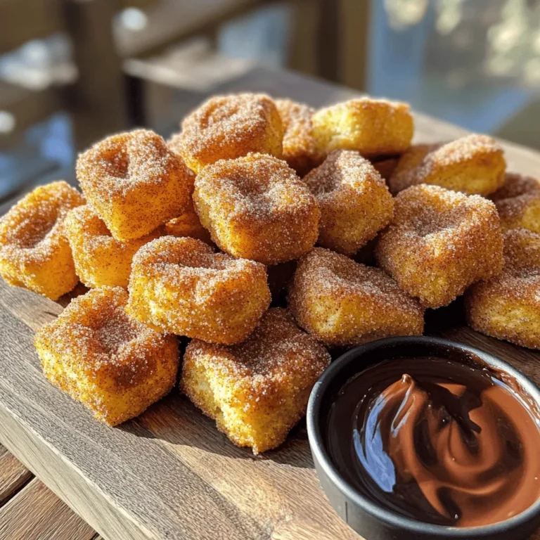 Für die perfekten Churro Bites brauchst du einige wichtige Zutaten. Hier sind die Hauptzutaten: - 1 Tasse Allzweckmehl - 1/4 Tasse Kristallzucker - 1/2 Teelöffel Zimt (plus extra für die Bedeckung) - 1/4 Teelöffel Salz - 1 Tasse Wasser - 2 Esslöffel ungesalzene Butter - 1 Teelöffel Vanilleextrakt - 1/2 Teelöffel Backpulver - Kochspray Diese Zutaten sind der Grundstein für einen tollen Teig. Das Mehl gibt Struktur, und die Butter sorgt für einen reichhaltigen Geschmack. Neben den Hauptzutaten gibt es noch einige Extras, die du benötigen wirst. Diese Zutaten machen das Kochen einfacher und effektiver: - Kochspray: Dies hilft, die Churro Bites knusprig zu machen und klebt nicht. Du kannst auch etwas Kreativität zeigen, indem du mit diesen Zutaten spielst. Wenn die Churro Bites fertig sind, kannst du sie ganz nach deinem Geschmack servieren. Hier sind einige Ideen: - Schokoladensauce zum Dippen: Diese Sauce ergänzt die Süße und den Zimtgeschmack. - Puderzucker: Ein wenig Puderzucker macht die Bites noch süßer und hübscher. - Frisches Obst: Eine fruchtige Beilage kann helfen, die Süße auszugleichen. Mit diesen Zutaten und Optionen machst du deine Churro Bites zu einem echten Genuss! Um den perfekten Teig für Churro Bites zu machen, beginne mit einem mittelgroßen Topf. Fülle ihn mit 1 Tasse Wasser, 2 Esslöffeln Butter und 1/4 Teelöffel Salz. Stelle den Topf bei mittlerer Hitze auf den Herd. Lass die Mischung zum Kochen bringen. Wenn das Wasser sprudelt, nimm den Topf vom Herd. Jetzt gib 1 Tasse Allzweckmehl, 1/2 Teelöffel Backpulver und 1 Teelöffel Vanilleextrakt hinzu. Rühre mit einem Holzlöffel kräftig, bis der Teig glatt und dick ist. Dies ist der Schlüssel für luftige Churros! Lass den Teig etwas abkühlen, damit er sich besser verarbeiten lässt. Nimm einen Spritzbeutel mit einer großen Sternenspritze. Fülle den Beutel mit dem abgekühlten Teig. Spritze kleine Stücke, etwa 2,5 cm lang, auf ein mit Backpapier ausgelegtes Blech. Achte darauf, genug Platz zwischen den Stückchen zu lassen. So können sie gleichmäßig garen. Heize deinen Air Fryer auf 190 °C vor. Dies dauert etwa 5 Minuten. Sprühe den Korb des Air Fryers leicht mit Kochspray ein. Lege die Churro Bites in einer einzigen Schicht in den Korb. Achte darauf, dass sie nicht überlappen. Gar die Bites für 8-10 Minuten. Sie sind fertig, wenn sie goldbraun und knusprig sind. Während sie garen, mische den restlichen Zucker mit etwas Zimt in einer Schüssel. Sobald die Churro Bites fertig sind, nimm sie heraus und wälze sie in der Zucker-Zimt-Mischung. So sind sie perfekt süß und lecker! Ein häufiger Fehler ist, den Teig zu lange zu kochen. Dieser Schritt kann die Textur der Churro Bites beeinträchtigen. Halte die Kochzeit im Blick. Lass den Teig nach dem Kochen etwas abkühlen. So kannst du ihn besser verarbeiten. Ein weiterer Fehler ist, die Churro Bites zu nah beieinander zu legen. Dadurch können sie aneinander kleben. Stelle sicher, dass genug Platz im Air Fryer bleibt. Wenn nötig, gare sie in mehreren Durchgängen. Die perfekte Konsistenz für den Teig ist wichtig. Der Teig sollte dick, aber geschmeidig sein. Wenn er zu trocken ist, füge etwas Wasser hinzu. Ist er zu feucht, streue mehr Mehl hinein. Achte darauf, beim Spritzen gleichmäßige Stücke zu formen. Jedes Stück sollte etwa 2,5 cm lang sein. So garen sie gleichmäßig. Heize deinen Air Fryer immer vor. Bei 190 °C (375 °F) erreichst du die beste Knusprigkeit. Die Garzeit beträgt 8 bis 10 Minuten. Überprüfe die Bites auf Goldbraunheit. Wenn du mehrere Durchgänge machst, halte die ersten Bites warm. Lege sie auf einen Teller und decke sie mit einem sauberen Tuch ab. So bleiben sie warm und knusprig. {{image_4}} Du kannst deine Churro Bites aufpeppen! Füge Schokolade oder Zimtfüllung hinzu. Für die Schokoladenfüllung, schmelze etwas Schokolade und fülle die Churros damit. Sie schmecken dann wunderbar schokoladig. Wenn du Zimtfüllung magst, mische etwas Zimt und Zucker. Fülle die Churros vor dem Frittieren und genieße den süßen Biss. Mach deine Churro Bites glutenfrei. Verwende glutenfreies Mehl anstelle von Allzweckmehl. Achte darauf, dass die anderen Zutaten ebenfalls glutenfrei sind. Der Teig wird genauso lecker und knusprig sein. Jeder kann sie genießen, egal ob glutenfrei oder nicht. Dips machen das Essen noch besser! Schokoladensauce ist ein Klassiker. Du kannst auch Karamellsauce oder Erdbeersauce probieren. Wenn du etwas Frisches magst, serviere die Churros mit einer Beerenmischung. Sie ergänzen den süßen Geschmack perfekt. Lass deiner Kreativität freien Lauf und finde deinen Lieblingsdip! Um die Churro Bites frisch zu halten, bewahren Sie sie in einem luftdichten Behälter auf. Vermeiden Sie es, sie in den Kühlschrank zu legen, da sie weich werden können. Lagern Sie sie bei Raumtemperatur für die besten Ergebnisse. So bleiben sie knusprig und lecker. Wenn Sie die Churro Bites wieder aufwärmen möchten, nutzen Sie den Air Fryer. Erhitzen Sie sie bei 180 °C für etwa 3 bis 5 Minuten. Dies sorgt dafür, dass sie wieder knusprig werden. Vermeiden Sie die Mikrowelle, da sie die Churros weich macht. Die Churro Bites halten sich bei richtiger Lagerung etwa 2 bis 3 Tage. Sie können sie auch einfrieren. Legen Sie die Bites in einen Gefrierbeutel, und entfernen Sie so viel Luft wie möglich. Im Gefrierfach bleiben sie bis zu einem Monat frisch. Um sie aufzutauen, lassen Sie sie einfach bei Raumtemperatur stehen, bevor Sie sie wieder aufwärmen. Churro Bites schmecken am besten frisch. Du kannst sie aber auch aufbewahren. Wenn du sie in einem luftdichten Behälter aufbewahrst, bleiben sie etwa 1 bis 2 Tage frisch. Du solltest sie kühl lagern. Um die Knusprigkeit zu erhalten, lege ein Papiertuch in den Behälter. Ja, du kannst den Teig im Voraus machen. Bereite den Teig einfach wie gewohnt zu und lasse ihn dann abkühlen. Wickele den Teig in Frischhaltefolie und lege ihn in den Kühlschrank. So bleibt er bis zu 24 Stunden frisch. Vor dem Frittieren solltest du den Teig leicht erwärmen, damit er sich besser spritzen lässt. Es gibt viele leckere Dips für Churro Bites. Einer der besten Dips ist Schokoladensauce. Sie ergänzt die Süße der Churros perfekt. Auch Karamellsauce oder Zimt-Zucker-Butter sind tolle Optionen. Du kannst auch eine fruchtige Dip-Sauce, wie Erdbeer- oder Himbeersauce, ausprobieren. Churro Bites sind ein köstlicher Snack, der einfach zuzubereiten ist. Wir haben die Hauptzutaten und die besten Tipps besprochen. Du lernst, wie du den Teig perfekt zubereitest und die Stücke formst. Auch die Garmethoden, vor allem im Air Fryer, wurden erläutert. Denk daran, verschiedene Variationen und Dips auszuprobieren. Sie machen deine Churro Bites noch spannender. Mit den Lagerungshinweisen bleibt der Genuss länger frisch. Sei kreativ und genieße die süßen Leckereien!