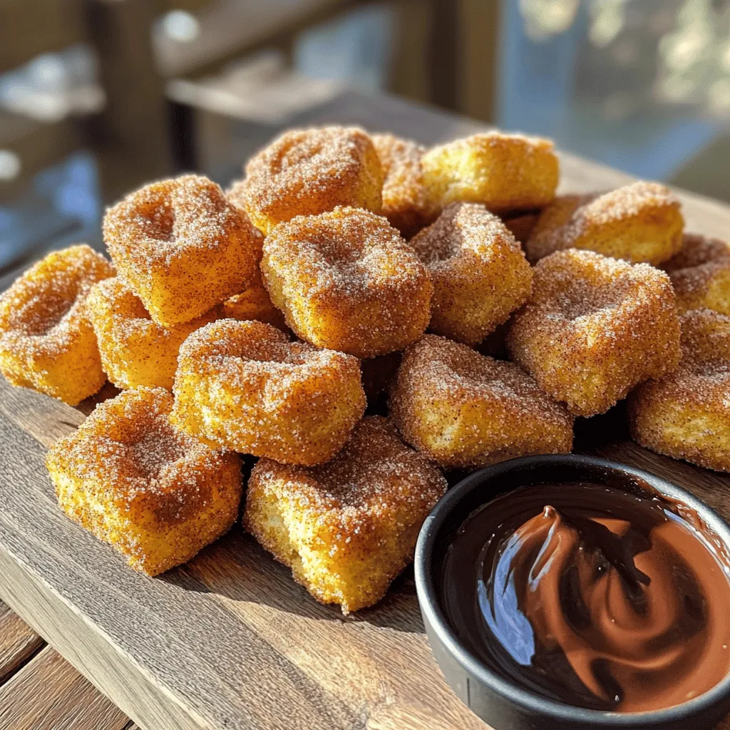 Für die perfekten Churro Bites brauchst du einige wichtige Zutaten. Hier sind die Hauptzutaten: - 1 Tasse Allzweckmehl - 1/4 Tasse Kristallzucker - 1/2 Teelöffel Zimt (plus extra für die Bedeckung) - 1/4 Teelöffel Salz - 1 Tasse Wasser - 2 Esslöffel ungesalzene Butter - 1 Teelöffel Vanilleextrakt - 1/2 Teelöffel Backpulver - Kochspray Diese Zutaten sind der Grundstein für einen tollen Teig. Das Mehl gibt Struktur, und die Butter sorgt für einen reichhaltigen Geschmack. Neben den Hauptzutaten gibt es noch einige Extras, die du benötigen wirst. Diese Zutaten machen das Kochen einfacher und effektiver: - Kochspray: Dies hilft, die Churro Bites knusprig zu machen und klebt nicht. Du kannst auch etwas Kreativität zeigen, indem du mit diesen Zutaten spielst. Wenn die Churro Bites fertig sind, kannst du sie ganz nach deinem Geschmack servieren. Hier sind einige Ideen: - Schokoladensauce zum Dippen: Diese Sauce ergänzt die Süße und den Zimtgeschmack. - Puderzucker: Ein wenig Puderzucker macht die Bites noch süßer und hübscher. - Frisches Obst: Eine fruchtige Beilage kann helfen, die Süße auszugleichen. Mit diesen Zutaten und Optionen machst du deine Churro Bites zu einem echten Genuss! Um den perfekten Teig für Churro Bites zu machen, beginne mit einem mittelgroßen Topf. Fülle ihn mit 1 Tasse Wasser, 2 Esslöffeln Butter und 1/4 Teelöffel Salz. Stelle den Topf bei mittlerer Hitze auf den Herd. Lass die Mischung zum Kochen bringen. Wenn das Wasser sprudelt, nimm den Topf vom Herd. Jetzt gib 1 Tasse Allzweckmehl, 1/2 Teelöffel Backpulver und 1 Teelöffel Vanilleextrakt hinzu. Rühre mit einem Holzlöffel kräftig, bis der Teig glatt und dick ist. Dies ist der Schlüssel für luftige Churros! Lass den Teig etwas abkühlen, damit er sich besser verarbeiten lässt. Nimm einen Spritzbeutel mit einer großen Sternenspritze. Fülle den Beutel mit dem abgekühlten Teig. Spritze kleine Stücke, etwa 2,5 cm lang, auf ein mit Backpapier ausgelegtes Blech. Achte darauf, genug Platz zwischen den Stückchen zu lassen. So können sie gleichmäßig garen. Heize deinen Air Fryer auf 190 °C vor. Dies dauert etwa 5 Minuten. Sprühe den Korb des Air Fryers leicht mit Kochspray ein. Lege die Churro Bites in einer einzigen Schicht in den Korb. Achte darauf, dass sie nicht überlappen. Gar die Bites für 8-10 Minuten. Sie sind fertig, wenn sie goldbraun und knusprig sind. Während sie garen, mische den restlichen Zucker mit etwas Zimt in einer Schüssel. Sobald die Churro Bites fertig sind, nimm sie heraus und wälze sie in der Zucker-Zimt-Mischung. So sind sie perfekt süß und lecker! Ein häufiger Fehler ist, den Teig zu lange zu kochen. Dieser Schritt kann die Textur der Churro Bites beeinträchtigen. Halte die Kochzeit im Blick. Lass den Teig nach dem Kochen etwas abkühlen. So kannst du ihn besser verarbeiten. Ein weiterer Fehler ist, die Churro Bites zu nah beieinander zu legen. Dadurch können sie aneinander kleben. Stelle sicher, dass genug Platz im Air Fryer bleibt. Wenn nötig, gare sie in mehreren Durchgängen. Die perfekte Konsistenz für den Teig ist wichtig. Der Teig sollte dick, aber geschmeidig sein. Wenn er zu trocken ist, füge etwas Wasser hinzu. Ist er zu feucht, streue mehr Mehl hinein. Achte darauf, beim Spritzen gleichmäßige Stücke zu formen. Jedes Stück sollte etwa 2,5 cm lang sein. So garen sie gleichmäßig. Heize deinen Air Fryer immer vor. Bei 190 °C (375 °F) erreichst du die beste Knusprigkeit. Die Garzeit beträgt 8 bis 10 Minuten. Überprüfe die Bites auf Goldbraunheit. Wenn du mehrere Durchgänge machst, halte die ersten Bites warm. Lege sie auf einen Teller und decke sie mit einem sauberen Tuch ab. So bleiben sie warm und knusprig. {{image_4}} Du kannst deine Churro Bites aufpeppen! Füge Schokolade oder Zimtfüllung hinzu. Für die Schokoladenfüllung, schmelze etwas Schokolade und fülle die Churros damit. Sie schmecken dann wunderbar schokoladig. Wenn du Zimtfüllung magst, mische etwas Zimt und Zucker. Fülle die Churros vor dem Frittieren und genieße den süßen Biss. Mach deine Churro Bites glutenfrei. Verwende glutenfreies Mehl anstelle von Allzweckmehl. Achte darauf, dass die anderen Zutaten ebenfalls glutenfrei sind. Der Teig wird genauso lecker und knusprig sein. Jeder kann sie genießen, egal ob glutenfrei oder nicht. Dips machen das Essen noch besser! Schokoladensauce ist ein Klassiker. Du kannst auch Karamellsauce oder Erdbeersauce probieren. Wenn du etwas Frisches magst, serviere die Churros mit einer Beerenmischung. Sie ergänzen den süßen Geschmack perfekt. Lass deiner Kreativität freien Lauf und finde deinen Lieblingsdip! Um die Churro Bites frisch zu halten, bewahren Sie sie in einem luftdichten Behälter auf. Vermeiden Sie es, sie in den Kühlschrank zu legen, da sie weich werden können. Lagern Sie sie bei Raumtemperatur für die besten Ergebnisse. So bleiben sie knusprig und lecker. Wenn Sie die Churro Bites wieder aufwärmen möchten, nutzen Sie den Air Fryer. Erhitzen Sie sie bei 180 °C für etwa 3 bis 5 Minuten. Dies sorgt dafür, dass sie wieder knusprig werden. Vermeiden Sie die Mikrowelle, da sie die Churros weich macht. Die Churro Bites halten sich bei richtiger Lagerung etwa 2 bis 3 Tage. Sie können sie auch einfrieren. Legen Sie die Bites in einen Gefrierbeutel, und entfernen Sie so viel Luft wie möglich. Im Gefrierfach bleiben sie bis zu einem Monat frisch. Um sie aufzutauen, lassen Sie sie einfach bei Raumtemperatur stehen, bevor Sie sie wieder aufwärmen. Churro Bites schmecken am besten frisch. Du kannst sie aber auch aufbewahren. Wenn du sie in einem luftdichten Behälter aufbewahrst, bleiben sie etwa 1 bis 2 Tage frisch. Du solltest sie kühl lagern. Um die Knusprigkeit zu erhalten, lege ein Papiertuch in den Behälter. Ja, du kannst den Teig im Voraus machen. Bereite den Teig einfach wie gewohnt zu und lasse ihn dann abkühlen. Wickele den Teig in Frischhaltefolie und lege ihn in den Kühlschrank. So bleibt er bis zu 24 Stunden frisch. Vor dem Frittieren solltest du den Teig leicht erwärmen, damit er sich besser spritzen lässt. Es gibt viele leckere Dips für Churro Bites. Einer der besten Dips ist Schokoladensauce. Sie ergänzt die Süße der Churros perfekt. Auch Karamellsauce oder Zimt-Zucker-Butter sind tolle Optionen. Du kannst auch eine fruchtige Dip-Sauce, wie Erdbeer- oder Himbeersauce, ausprobieren. Churro Bites sind ein köstlicher Snack, der einfach zuzubereiten ist. Wir haben die Hauptzutaten und die besten Tipps besprochen. Du lernst, wie du den Teig perfekt zubereitest und die Stücke formst. Auch die Garmethoden, vor allem im Air Fryer, wurden erläutert. Denk daran, verschiedene Variationen und Dips auszuprobieren. Sie machen deine Churro Bites noch spannender. Mit den Lagerungshinweisen bleibt der Genuss länger frisch. Sei kreativ und genieße die süßen Leckereien!