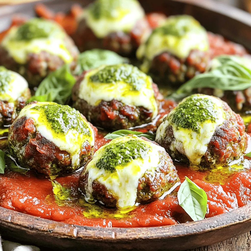 Für die perfekten Fleischbällchen benötigst du: - 450 g Hackfleisch (Rind) - 450 g Hackfleisch (Schwein) oder mageres Hackfleisch vom Truthahn - 100 g Semmelbrösel - 1 großes Ei Diese Zutaten bilden die Basis für deine Fleischbällchen. Das Rind- und Schweinehack geben den Bällchen einen reichen Geschmack. Die Semmelbrösel helfen, die Bällchen zusammenzuhalten. Das Ei wirkt als Bindemittel. Um deinen Fleischbällchen mehr Geschmack zu verleihen, füge folgende Gewürze hinzu: - 1 Teelöffel Knoblauchpulver - 1 Teelöffel Zwiebelpulver - ½ Teelöffel Salz - ½ Teelöffel schwarzer Pfeffer Diese Gewürze sorgen für eine angenehme Würze. Knoblauchpulver und Zwiebelpulver bringen eine aromatische Tiefe. Salz und Pfeffer machen alles noch besser. Die Füllung ist das Herzstück dieser Fleischbällchen. Du brauchst: - 125 g frisches Basilikumpesto - 250 g frische Mozzarellabällchen (Bocconcini), halbiert Das Pesto bringt frischen Basilikumgeschmack. Die Mozzarellabällchen schmelzen beim Kochen und geben einen köstlichen, cremigen Kern. Sie machen jede Biss zu einem Erlebnis. Heize deinen Ofen auf 190 °C vor. Nimm eine große Schüssel und vermische die beiden Hackfleischsorten. Füge die Semmelbrösel, das Ei, Knoblauchpulver, Zwiebelpulver, Salz und Pfeffer hinzu. Mische alles gründlich. Du willst eine gleichmäßige Masse erreichen. Nimm etwa 2 Esslöffel der Fleischmischung in deine Hand. Drücke die Mischung flach. Lege eine halbe Mozzarellakugel in die Mitte. Gib einen Teelöffel Pesto auf den Käse. Wickel die Fleischmasse um den Käse und das Pesto. Forme eine Kugel. Wiederhole diesen Schritt, bis die gesamte Mischung aufgebraucht ist. Erhitze in einer großen Pfanne etwas Olivenöl bei mittlerer Hitze. Wenn das Öl heiß ist, füge die Fleischbällchen portionsweise hinzu. Brate sie von allen Seiten goldbraun an, etwa 3-4 Minuten. Das gibt den Bällchen mehr Geschmack und hält sie zusammen. Übertrage die angebratenen Bällchen in eine Auflaufform. Gieße die Marinara-Sauce darüber. Backe die Fleischbällchen im Ofen für 20-25 Minuten. Die Innentemperatur sollte 70 °C erreichen. Um die Fleischbällchen richtig anzubraten, brauchen Sie heißes Öl. Erhitzen Sie es gut in der Pfanne. Fügen Sie die Bällchen nicht alle auf einmal hinzu. Lassen Sie genug Platz zwischen ihnen. So braten sie gleichmäßig und werden schön goldbraun. Drehen Sie sie nach etwa 3-4 Minuten um. Achten Sie darauf, dass sie nicht zu lange in der Pfanne bleiben. So bleibt die Füllung schön saftig. Die Füllung für die Fleischbällchen ist vielseitig. Statt Mozzarella können Sie auch Ricotta oder Feta verwenden. Diese Käsesorten bringen neue Geschmäcker. Für mehr Würze fügen Sie Chili oder getrocknete Kräuter hinzu. Wenn Sie eine vegetarische Option wünschen, nutzen Sie gebratene Zucchini oder Spinat. Diese Zutaten passen wunderbar zum Pesto und bieten einen frischen Touch. Die Fleischbällchen passen gut zu verschiedenen Beilagen. Servieren Sie sie auf einem Bett aus Pasta. Eine einfache Marinara-Sauce dazu schmeckt herrlich. Knuspriges Brot ist ebenfalls eine gute Wahl. Es eignet sich hervorragend, um die Sauce aufzutunken. Frische Basilikumblätter als Garnitur machen das Gericht noch leckerer. Sie bringen Farbe und einen tollen Duft. {{image_4}} Du kannst die Füllung für die Fleischbällchen leicht ändern. Statt Mozzarella probiere Parmesan oder Feta. Diese Käsesorten bringen andere Aromen. Parmesan ist würzig und Feta gibt einen salzigen Kick. Du kannst auch Gouda verwenden. Er schmilzt wunderbar und macht die Bällchen cremig. Denke daran, die Käsestücke klein zu schneiden, damit sie gut in die Fleischbällchen passen. Wenn du eine vegetarische Option brauchst, mach die Bällchen mit Linsen oder Kichererbsen. Püriere die Linsen und mische sie mit den Gewürzen. Für glutenfreie Fleischbällchen nutze glutenfreie Semmelbrösel oder Haferflocken. Diese halten die Mischung zusammen und geben eine tolle Textur. Du kannst auch gebratene Aubergine oder Zucchini für mehr Geschmack hinzufügen. Für einen internationalen Twist kannst du verschiedene Kräuter und Gewürze verwenden. Probiere italienische Kräuter wie Oregano oder Thymian. Für eine mexikanische Note füge etwas Chili oder Kreuzkümmel hinzu. Du kannst die Bällchen auch mit einer süß-scharfen Sauce servieren. Für asiatische Aromen verwende Ingwer und Sojasauce. Diese Variationen bringen frische Ideen in dein Gericht und machen es spannend. Um die Resten der Pesto Mozzarella gefüllten Fleischbällchen gut aufzubewahren, nutzen Sie einen luftdichten Behälter. Lassen Sie die Fleischbällchen zuerst abkühlen. Danach legen Sie sie in den Behälter und decken ihn zu. So bleiben sie frisch und saftig. Lagern Sie die Fleischbällchen im Kühlschrank. Sie sind dort bis zu drei Tage haltbar. Wenn Sie die Fleischbällchen länger aufbewahren möchten, frieren Sie sie ein. Lassen Sie die gebackenen Fleischbällchen vollständig abkühlen. Legen Sie sie dann auf ein Backblech und frieren Sie sie für ein bis zwei Stunden ein. Danach können Sie die gefrorenen Bällchen in einen Gefrierbeutel umfüllen. So vermeiden Sie, dass sie zusammenkleben. Diese Methode hält sie bis zu drei Monate frisch. Um die Fleischbällchen aufzuwärmen, nutzen Sie den Ofen oder die Mikrowelle. Für den Ofen, heizen Sie ihn auf 180 °C vor. Legen Sie die Fleischbällchen in eine Auflaufform, gießen Sie etwas Marinara-Sauce darüber und decken Sie sie mit Folie ab. Backen Sie sie für etwa 15 Minuten. In der Mikrowelle erwärmen Sie die Bällchen in 30-Sekunden-Intervallen, bis sie heiß sind. So bleiben sie lecker und saftig. Die Fleischbällchen halten sich im Kühlschrank für drei bis vier Tage. Bewahre sie in einem luftdichten Behälter auf. So bleiben sie frisch und lecker. Wenn du sie länger aufbewahren möchtest, friere sie ein. Im Gefrierfach halten sie bis zu drei Monate. Achte darauf, sie gut zu verpacken, damit sie nicht austrocknen. Ja, du kannst die Fleischbällchen im Voraus zubereiten. Du kannst sie bis zu 24 Stunden vor dem Backen formen und im Kühlschrank lagern. Das spart dir Zeit an einem stressigen Tag. Wenn du sie eingefroren hast, lasse sie im Kühlschrank auftauen, bevor du sie backst. So bleiben sie saftig und lecker. Um die Konsistenz der Fleischbällchen zu verbessern, achte auf die richtige Mischung. Verwende nicht zu viel Semmelbrösel, da dies sie trocken machen kann. Ein zusätzliches Ei hilft, die Fleischbällchen zusammenzuhalten. Du kannst auch etwas Milch hinzufügen, um die Mischung feuchter zu machen. Experimentiere mit frischen Kräutern, um mehr Geschmack zu bekommen. In diesem Artikel haben wir die Zutaten für Fleischbällchen und ihre Füllungen besprochen. Wir haben die Schritt-für-Schritt-Anleitung erklärt, um sie perfekt zuzubereiten. Tipps und Tricks helfen, die Bällchen lecker zu machen. Zudem haben wir verschiedene Variationen und Lagerungshinweise gegeben. Fleischbällchen sind vielseitig und leicht anzupassen. Du kannst kreativ sein und deine eigenen Lieblingszutaten nutzen. Viel Spaß beim Kochen und Genießen!