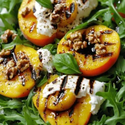 - 4 reife Pfirsiche, halbiert und entkernt - 225 g Burrata-Käse - 4 Tassen frischer Rucola, gewaschen und trocken getupft - 2 Esslöffel Olivenöl, geteilt - 60 ml Balsamico-Glasur - 1/4 Tasse geröstete Walnüsse, grob gehackt - Salz und Pfeffer nach Geschmack Für diesen Salat sind die Hauptzutaten wichtig. Die reifen Pfirsiche bringen Süße und Frische. Burrata-Käse fügt einen cremigen Geschmack hinzu, der perfekt mit dem Rucola harmoniert. Der Rucola sorgt für eine leichte, würzige Note. Die weiteren Zutaten spielen eine wichtige Rolle. Olivenöl gibt dem Salat einen feinen Geschmack. Balsamico-Glasur bringt eine süß-saure Note. Geröstete Walnüsse fügen eine knusprige Textur hinzu und bereichern den Salat. Salz und Pfeffer runden alles ab und bringen die Aromen zur Geltung. Jede Zutat ist wichtig, um den Salat frisch und lecker zu machen. Heize deinen Grill oder deine Grillpfanne auf mittelhohe Temperatur vor. Das sorgt für eine gleichmäßige Hitze. Während der Grill aufheizt, bereite die Pfirsiche vor. Halbiere die reifen Pfirsiche und entferne die Kerne. Bestreiche die Schnittflächen mit einem Esslöffel Olivenöl. Würze sie dann mit Salz und Pfeffer. Das gibt den Pfirsichen einen tollen Geschmack. Lege die Pfirsiche mit der Schnittfläche nach unten auf den Grill. Grilliere sie etwa 4-5 Minuten. Du weißt, dass sie fertig sind, wenn schöne Grillstreifen sichtbar sind. Die Pfirsiche sollten leicht weich werden. Nimm sie dann vom Grill und lasse sie kurz abkühlen. Dieser Schritt bringt die Süße der Pfirsiche hervor. In einer großen Schüssel vermengst du den frischen Rucola mit dem restlichen Esslöffel Olivenöl. Füge eine Prise Salz und Pfeffer hinzu. Mische alles gut, damit der Rucola leicht benetzt ist. Jetzt ist es Zeit, den Salat zusammenzustellen. Verteile den Rucola gleichmäßig auf einer großen Servierplatte. Zerreiße den Burrata-Käse in kleinere Stücke und lege diese auf den Rucola. Ordne die gegrillten Pfirsichhälften um die Burrata an. Träufle die Balsamico-Glasur gleichmäßig darüber. Streue die gerösteten Walnüsse für extra Crunch darüber. Garnieren den Salat mit frischen Basilikumblättern. Diese bringen einen aromatischen Akzent und sehen schön aus. Um die Pfirsiche perfekt zu grillen, heize den Grill gut vor. Verwende mittlere Hitze. Das bringt die Süße der Früchte zur Geltung. Halbiere die Pfirsiche und entferne den Kern. Bestreiche die Schnittflächen mit Olivenöl. Würze sie mit Salz und Pfeffer. Lege die Pfirsiche mit der Schnittfläche nach unten auf den Grill. Grille sie für 4 bis 5 Minuten. Die Pfirsiche sollten schöne Grillstreifen haben. Sie sind fertig, wenn sie weich werden. Lass sie nach dem Grillen kurz abkühlen. Für die Balsamico-Glasur gibt es viele Varianten. Du kannst sie einfach kaufen oder selbst machen. Eine schnelle Version ist, Balsamico-Essig zu erhitzen. Das reduziert den Essig und macht ihn süßer. Füge etwas Honig oder Zucker hinzu, um die Süße zu erhöhen. Du kannst auch einen Spritzer Zitrone für Frische hinzufügen. Experimentiere mit Kräutern, wie Thymian oder Rosmarin, für mehr Geschmack. Die Anrichtung des Salates macht viel aus. Beginne mit dem frischen Rucola. Verteile ihn gleichmäßig auf einer großen Servierplatte. Zerreiße die Burrata in Stücke und lege sie mittig auf den Rucola. Ordne die gegrillten Pfirsiche rund um die Burrata an. Achte auf schöne Farben und Formen. Träufle die Balsamico-Glasur gleichmäßig darüber. Streue die gerösteten Walnüsse für den Crunch darüber. Garnieren mit frischen Basilikumblättern gibt dem Salat den letzten Schliff. {{image_4}} Du kannst mit deinem Grilled Peach Burrata Arugula Salad kreativ sein. Füge Früchte wie Himbeeren oder Blaubeeren hinzu. Diese Beeren geben einen süßen und saftigen Kontrast. Auch Feigen passen gut und bringen eine feine Note. Wenn du Käse magst, probiere Ziegenkäse oder Feta. Diese Käsesorten geben dem Salat eine andere Textur und Geschmack. Burrata ist lecker, aber nicht jeder kann ihn essen. Für eine vegane Option benutze Cashew-Creme. Diese ist cremig und hat einen milden Geschmack. Du kannst auch Tofu verwenden, um Protein hinzuzufügen. Für das Dressing kannst du das Balsamico durch eine Kräuter-Vinaigrette ersetzen. Diese bringt frische Aromen in den Salat und bleibt leicht. Die Zutaten können je nach Saison variieren. Im Frühling sind Erdbeeren frisch und süß. Im Herbst kannst du Kürbiswürfel anstelle von Pfirsichen verwenden. Diese sind herzhaft und passen gut zu Rucola. Im Winter sind Granatäpfel wunderbar. Ihre Knackigkeit und Farbe bringen Leben in den Salat. Wähle saisonale Zutaten, um frische und leckere Geschmackserlebnisse zu schaffen. Um den Salat frisch zu halten, bewahre ihn in einem luftdichten Behälter auf. Lege den Rucola separat, um ihn knackig zu halten. Die Burrata sollte ebenfalls in einem eigenen Behälter sein. So bleibt der Käse cremig. Gegrillte Pfirsiche können mit etwas Olivenöl in einem Behälter gelagert werden. Das verhindert, dass sie austrocknen. Die Frische der Zutaten ist wichtig. Der Rucola bleibt im Kühlschrank etwa 3-5 Tage frisch, wenn er gut verpackt ist. Burrata sollte innerhalb von 2-3 Tagen gegessen werden, um die beste Textur zu erhalten. Gegrillte Pfirsiche halten sich 2-3 Tage, wenn sie gut abgedeckt sind. Achte darauf, den Salat vor dem Servieren zu kontrollieren. Für Feiern oder Grillabende kannst du einiges im Voraus machen. Grille die Pfirsiche einen Tag vorher und bewahre sie im Kühlschrank auf. Bereite den Rucola und die Burrata am selben Tag vor. So bleibt alles frisch und lecker. Du kannst die Balsamico-Glasur auch vorher zubereiten und im Kühlschrank aufbewahren. So sparst du Zeit und musst nur noch anrichten. Gegrillte Pfirsiche halten sich gut im Kühlschrank. Bewahre sie in einem luftdichten Behälter auf. Sie bleiben frisch für etwa 3 bis 5 Tage. Achte darauf, sie nicht zu lange stehen zu lassen. Nach ein paar Tagen verlieren sie ihren Geschmack und ihre Textur. Ja, du kannst Burrata leicht ersetzen. Probiere Mozzarella oder Feta für einen anderen Geschmack. Wenn du keinen Käse magst, kannst du auch Avocado verwenden. Diese Optionen sind lecker und passen gut zum Salat. Ja, der Salat ist vegan, wenn du Burrata weglässt. Verwende dann eine vegane Quelle für gesunde Fette, wie Avocado oder Nüsse. Du kannst auch einen veganen Käse ausprobieren. Diese Änderungen machen den Salat frisch und pflanzenbasiert. Dieser Blog post hat dir gezeigt, wie du einen köstlichen Salat mit gegrillten Pfirsichen zubereitest. Du hast die wichtigsten Zutaten kennengelernt: reife Pfirsiche, Burrata-Käse und frischen Rucola. Die Grillvorbereitung und das perfekte Grillen sind entscheidend, um die Aromen hervorzuheben. Denke auch an tolle Tipps für Varianten und Lagerung. Du kannst den Salat leicht anpassen und für jede Saison perfekt machen. Experimentiere und finde deine Lieblingskombinationen! So machst du aus einem einfachen Rezept ein echtes Highlight.