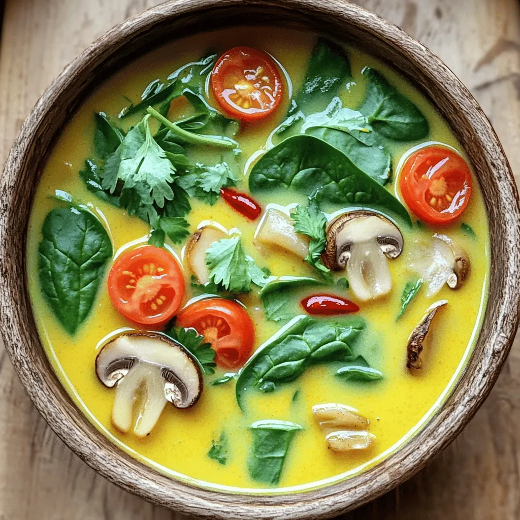 - 1 Dose (400 ml) Kokosmilch - 480 ml Gemüsebrühe - 2 Stängel Zitronengras, gereinigt und zerdrückt Die Hauptzutaten sind der Grund für den tollen Geschmack dieser Suppe. Kokosmilch bringt eine cremige Note. Gemüsebrühe gibt Tiefe und Aroma. Zitronengras sorgt für einen frischen, zitrusartigen Geschmack. - 3-4 Kaffir-Limettenblätter - 2,5 cm Stück Ingwer, in Scheiben geschnitten - 1 kleine rote Chili, dünn geschnitten Diese aromatischen Zutaten machen die Suppe besonders. Kaffir-Limettenblätter fügen ein zartes, zitrusartiges Aroma hinzu. Ingwer gibt Wärme und Tiefe. Rote Chili bringt die gewünschte Schärfe. Du kannst die Menge an Chili nach deinem Geschmack anpassen. - 1 Tasse Champignons, in Scheiben geschnitten - 1 Tasse Babyspinat - 1 Tasse Cherrytomaten, halbiert - Frischer Koriander, zum Garnieren Das Gemüse gibt der Suppe Farbe und Textur. Champignons sind herzhaft und lecker. Babyspinat bringt eine zarte Frische. Cherrytomaten fügen Süße hinzu. Koriander ist die perfekte Garnitur und rundet alles ab. - Reinigen Sie die Zitronengras-Stängel. Entfernen Sie die äußeren Blätter. - Zerdrücken Sie die Stängel mit einem schweren Gegenstand. So geben sie mehr Geschmack ab. - Schneiden Sie die Champignons in Scheiben. Halten Sie die Stücke gleich groß. - Halten Sie die Cherrytomaten bereit. Halbieren Sie sie für die Suppe. - Schneiden Sie den Ingwer in dünne Scheiben. Das bringt ein tolles Aroma. - Bereiten Sie auch die rote Chili vor. Entscheiden Sie, wie scharf Sie die Suppe mögen. - Kombinieren Sie die Kokosmilch und die Gemüsebrühe in einem großen Topf. - Rühren Sie gut um, damit sich die Zutaten vermischen. - Fügen Sie das zerdrückte Zitronengras, die Kaffir-Limettenblätter, Ingwer und Chili hinzu. - Lassen Sie die Mischung bei mittlerer Hitze köcheln. Warten Sie etwa zehn Minuten. - Dies gibt der Brühe die besten Aromen. Entfernen Sie dann die festen Stücke vorsichtig. - Rühren Sie die geschnittenen Champignons in die Brühe ein. - Kochen Sie sie für fünf bis sieben Minuten. Sie sollten zart und lecker sein. - Geben Sie nun den Babyspinat und die halbierten Cherrytomaten hinzu. - Lassen Sie die Suppe weitere zwei bis drei Minuten köcheln. Der Spinat sollte welken. - Fügen Sie die Sojasauce und den Limettensaft hinzu. Schmecken Sie die Suppe ab. - Servieren Sie die Suppe heiß. Garnieren Sie mit frischem Koriander für den letzten Schliff. Um die perfekte Konsistenz zu erreichen, passe das Verhältnis von Kokosmilch zu Brühe an. Eine gute Mischung ist 1:1. Du kannst mehr Kokosmilch für eine cremigere Suppe verwenden. Beachte auch die Kochzeiten für das Gemüse. Champignons brauchen etwa 5-7 Minuten, um zart zu werden. Spinat und Tomaten kochen nur 2-3 Minuten. Die Schärfe der Suppe kann leicht angepasst werden. Variiere die Menge der Chili nach deinem Geschmack. Eine kleine rote Chili gibt viel Geschmack. Wenn du es milder magst, benutze weniger Chili oder verwende milde Alternativen wie Paprika. Um die Vorbereitungszeit zu reduzieren, schneide die Zutaten im Voraus. Das macht den Kochprozess schneller und einfacher. Du kannst auch schnelle Kochmethoden nutzen, wie das Dünsten von Gemüse. So bleibt alles frisch und knackig. {{image_4}} Um die Suppe vegetarisch oder vegan zu machen, kannst du die Sojasauce durch glutenfreie Alternativen ersetzen. Tamari ist eine gute Wahl. Tofu ist eine tolle Proteinquelle. Du kannst ihn einfach in Würfel schneiden und in die Suppe geben. Er nimmt die Aromen gut auf und macht die Suppe sättigender. Wenn du etwas mehr Protein möchtest, füge Hähnchen oder Garnelen hinzu. Diese Optionen bringen einen tollen Geschmack. Du kannst Hähnchenbrust in kleine Stücke schneiden und sie zusammen mit dem Gemüse garen. Garnelen kannst du am Ende hinzufügen, da sie schnell gar sind. Variationen mit verschiedenen Meeresfrüchten sind ebenfalls möglich. Sie passen gut zur Kokosnuss und den Gewürzen. Die Suppe ist sehr anpassungsfähig. Du kannst Pak Choi oder Brokkoli hinzufügen. Beide sind knackig und gesund. Saisonale Gemüsesorten sind ebenfalls eine gute Wahl. Wenn du frisches Gemüse aus der Region verwendest, schmeckt die Suppe noch besser. Achte darauf, dass die Gemüsesorten gut garen, damit sie in der Suppe weich sind. Die Thai Kokosnuss-Lemongrass-Suppe bleibt im Kühlschrank frisch, wenn du sie richtig lagerst. Verwende einen luftdichten Behälter. So bleibt der Geschmack lange erhalten. Du kannst die Suppe bis zu vier Tage im Kühlschrank aufbewahren. Achte darauf, dass die Suppe schnell abkühlt, bevor du sie in den Kühlschrank stellst. So vermeidest du Bakterienwachstum. Um die Suppe einzufrieren, lasse sie zuerst vollständig abkühlen. Fülle sie dann in gefrierfreundliche Behälter. Achte darauf, etwas Platz für die Ausdehnung zu lassen. Du kannst die Suppe bis zu drei Monate einfrieren. Zum Auftauen lege sie einfach über Nacht in den Kühlschrank. Für die beste Textur erwärmst du die Suppe langsam. So bleibt sie cremig und lecker. Wenn du die Suppe wieder erwärmen möchtest, nutze einen Topf auf mittlerer Hitze. Rühre die Suppe oft um, damit sie gleichmäßig warm wird. Wenn die Suppe zu dick ist, füge etwas Gemüsebrühe hinzu. So passt du die Konsistenz an. Du kannst auch die Mikrowelle verwenden, aber achte darauf, sie in kurzen Intervallen zu erhitzen. Um die Suppe schärfer zu machen, füge einfach mehr Chilischoten oder Chili-Paste hinzu. Du kannst frische, geschnittene Chilischoten verwenden oder Chili-Paste, je nach deinem Geschmack. Achte darauf, die Schärfe langsam zu steigern. So kannst du die perfekte Balance für deinen Gaumen finden. Ja, du kannst viele Gemüsesorten hinzufügen. Gemüse wie Brokkoli, Pak Choi oder Paprika passen gut zu dieser Suppe. Sei kreativ und benutze, was du magst oder was gerade Saison hat. Das bringt neuen Geschmack und Texturen in die Suppe. In der Regel hält die Suppe 3-4 Tage frisch im Kühlschrank. Stelle sicher, dass sie in einem luftdichten Behälter aufbewahrt wird. So bleibt der Geschmack erhalten und du kannst die Reste später genießen. Ja, das Rezept ist glutenfrei, wenn du Tamari statt Sojasauce verwendest. Tamari ist eine gute Wahl für glutenfreie Optionen. Achte darauf, die Zutaten zu überprüfen, um sicherzustellen, dass sie glutenfrei sind. Die Suppe kombiniert viele leckere Zutaten, die ihr viel Aroma geben. Kokosmilch und Gemüsebrühe bilden die Basis. Aromatische Zutaten wie Zitronengras und Ingwer machen sie besonders. Vergessen Sie nicht die frischen Gemüse wie Spinat und Cherrytomaten zum Garnieren. Denken Sie daran, Ihre Suppe anzupassen und kreativ zu sein. Experimentieren Sie mit verschiedenen Gemüsesorten und Proteinen. So wird jedes Mal eine neue, spannende Geschmackserfahrung. Genießen Sie die Zubereitung und das Essen dieser tollen Suppe!