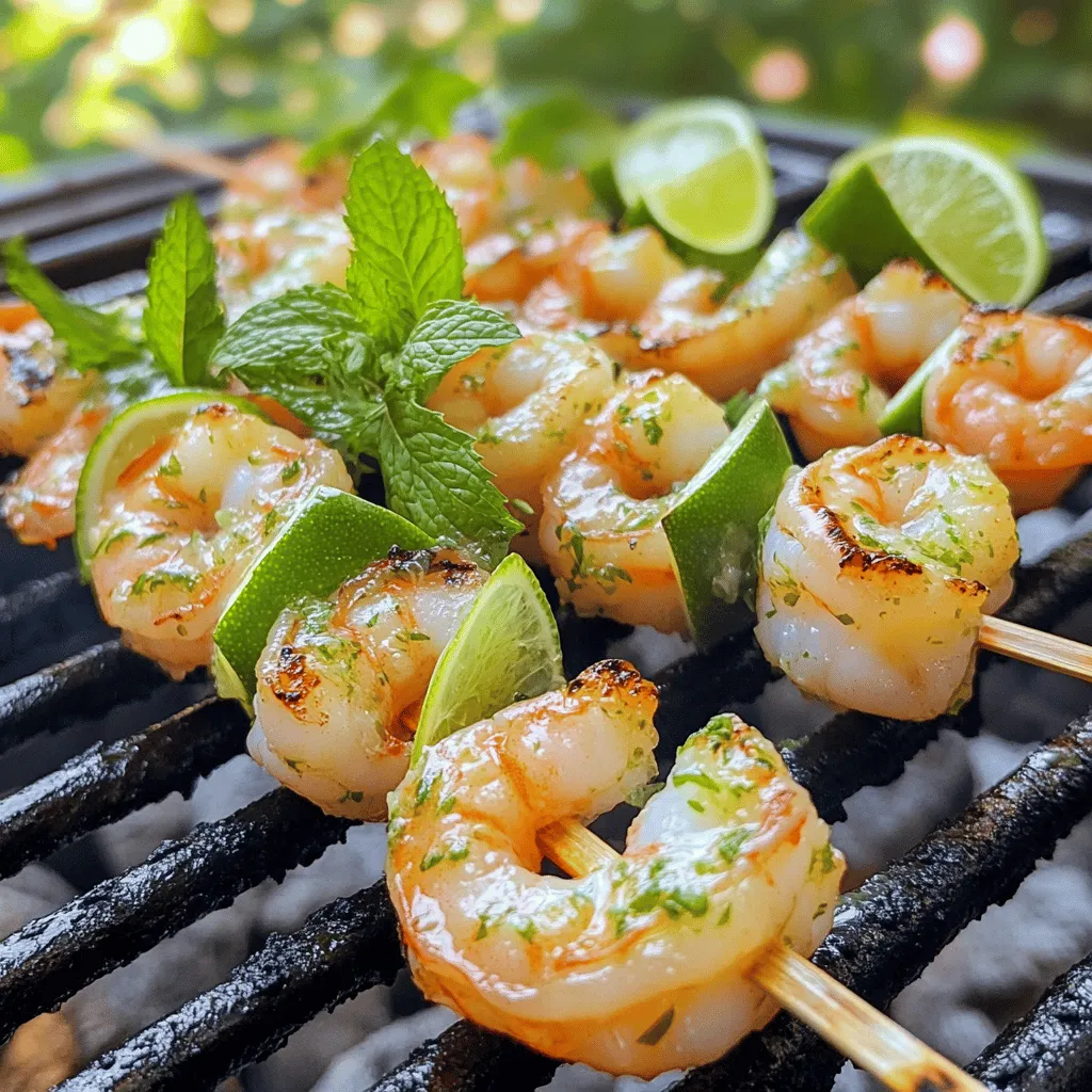 - 450 g große Garnelen, geschält und entdarmt - 60 ml frischer Limettensaft - 60 ml frische Minzblätter, fein gehackt Die Hauptzutaten sind einfach zu finden. Garnelen sind leicht in jedem Supermarkt erhältlich. Achten Sie darauf, dass sie frisch sind. Limettensaft bringt die benötigte Frische. Minze sorgt für das typische Mojito-Aroma. Beide Zutaten sind wichtig für den Geschmack. - 2 Esslöffel Honig oder Agavendicksaft - 2 Knoblauchzehen, fein gehackt - 1 Teelöffel Kreuzkümmel - 1/2 Teelöffel Salz - 1/4 Teelöffel schwarzer Pfeffer Die Gewürze verleihen den Garnelen Tiefe. Honig oder Agavendicksaft sorgt für eine süße Note. Knoblauch bringt einen kräftigen Geschmack. Kreuzkümmel fügt ein warmes Aroma hinzu. Salz und Pfeffer runden alles ab und sorgen für Harmonie. - Holz- oder Metallspieße - Grill Für die Grillvorbereitung benötigen Sie Spieße. Holzspieße sollten Sie vorher in Wasser einweichen. Das verhindert, dass sie am Grill anbrennen. Ein Grill ist wichtig, um die Garnelen perfekt zu garen. Achten Sie darauf, dass der Grill heiß genug ist, bevor Sie die Garnelen auflegen. Zuerst mische ich die Marinade. Ich nehme eine große Schüssel. Dort gebe ich 60 ml frischen Limettensaft. Dann füge ich 60 ml fein gehackte Minzblätter hinzu. Ich gebe auch 2 Esslöffel Honig oder Agavendicksaft dazu. Danach kommen 2 fein gehackte Knoblauchzehen hinein. Ich streue 1 Teelöffel Kreuzkümmel, 1/2 Teelöffel Salz und 1/4 Teelöffel schwarzen Pfeffer in die Schüssel. Mit einem Schneebesen verrühre ich alles gut. Jetzt sind die Zutaten zu einer gleichmäßigen Marinade geworden. Ich gebe die 450 g großen Garnelen in die Marinade. Ich wende sie vorsichtig, damit sie gleichmäßig beschichtet sind. Dann decke ich die Schüssel mit Frischhaltefolie ab. Ich lasse die Garnelen mindestens 30 Minuten im Kühlschrank marinieren. Für einen intensiveren Geschmack kann ich sie bis zu 2 Stunden marinieren. Jetzt heize ich den Grill auf mittelhohe Hitze vor. Dies dauert in der Regel etwa 10 bis 15 Minuten. Während der Grill sich aufheizt, stecke ich die marinierten Garnelen auf die Spieße. Ich achte darauf, genug Platz zwischen den Garnelen zu lassen. Wenn ich Holzspieße benutze, habe ich sie zuvor 30 Minuten in Wasser eingeweicht, damit sie nicht anbrennen. Sobald der Grill heiß ist, lege ich die Garnelenspieße auf die Grillroste. Ich grille sie für etwa 2 bis 3 Minuten pro Seite. Die Garnelen sind fertig, wenn sie rosa und undurchsichtig sind. Ich achte darauf, sie rechtzeitig zu wenden. Nach dem Grillen nehme ich die Spieße vom Grill. Ich lasse sie für einige Minuten ruhen, bevor ich sie serviere. Die ideale Grilltemperatur für Garnelen liegt bei mittelhoher Hitze. So garen sie gleichmäßig und bleiben saftig. Zu hohe Hitze kann sie austrocknen. Achte darauf, den Grill gut vorzuheizen, bevor du die Garnelen auflegst. Zeitmanagement ist wichtig beim Grillen. Grill die Garnelen für etwa 2-3 Minuten pro Seite. Sie sind fertig, wenn sie eine rosa Farbe haben und undurchsichtig sind. Lass die Spieße nach dem Grillen einige Minuten ruhen. So bleiben die Aromen erhalten. Die Marinierzeit beeinflusst den Geschmack stark. Für einen milden Geschmack mariniere die Garnelen mindestens 30 Minuten. Für intensiveren Geschmack lass sie bis zu 2 Stunden im Kühlschrank. So ziehen die Aromen besser ein. Bereite die Garnelen gut vor. Stelle sicher, dass alle Zutaten bereit sind, bevor du mit dem Grillen anfängst. So sparst du Zeit und die Garnelen sind perfekt gewürzt. Für die Präsentation lege die gegrillten Garnelen auf eine große Platte. Garnier sie mit frischen Limettenscheiben und Minzblättern. Das sieht einladend aus und bringt Farbe auf den Tisch. Serviere die Garnelen mit Beilagen wie Reis oder Salat. Diese ergänzen den frischen Geschmack der Garnelen und machen das Gericht komplett. {{image_4}} Um die Garnelen würziger zu machen, füge Chilipulver oder frische Chilis hinzu. Ein Teelöffel Chilipulver reicht oft aus. Wenn du frische Chilis verwendest, wähle milde Sorten, um die Balance zu halten. Diese scharfen Zutaten sorgen für einen tollen Kick und bringen die Aromen zum Leuchten. Du kannst die gewünschte Schärfe leicht anpassen. So machst du die Mojito Garnelen zu einem aufregenden Gericht für alle, die es scharf mögen. Wenn du nach einer vegetarischen Option suchst, ersetze die Garnelen durch Gemüse. Zucchini, Paprika und Auberginen eignen sich gut. Schneide das Gemüse in gleichmäßige Stücke, damit es gleichmäßig gart. Marinere das Gemüse wie die Garnelen. Auf diese Weise erhältst du einen frischen und leichten Geschmack. Das Grillen bringt die Aromen zum Vorschein und macht das Gericht bunt und einladend. Die richtigen Beilagen machen das Gericht perfekt. Reis oder Quinoa ergänzen die Garnelen gut. Ein einfacher grüner Salat bringt Frische. Du kannst auch gegrilltes Gemüse servieren, um die Aromen zu verstärken. Tortillas sind eine tolle Wahl, um die Garnelen zu umwickeln. Sie machen das Essen noch spannender und einfach zu genießen. Wenn du Grillreste hast, lagere die gekochten Garnelen im Kühlschrank. Packe sie in einen luftdichten Behälter. So bleiben sie frisch. Du kannst die Garnelen bis zu drei Tage im Kühlschrank aufbewahren. Achte darauf, sie so schnell wie möglich zu kühlen. Je schneller, desto besser. Wenn du die Garnelen länger aufbewahren möchtest, friere sie ein. Verpacke sie in einen Gefrierbeutel. Drücke so viel Luft wie möglich heraus. Dadurch vermeidest du Gefrierbrand. Du kannst die Garnelen bis zu drei Monate im Gefrierfach lagern. Wenn du sie auftauen möchtest, lege sie einfach in den Kühlschrank über Nacht. Die Haltbarkeit der Reste hängt von der Lagerung ab. Im Kühlschrank bleiben die Grillreste bis zu drei Tage gut. Im Gefrierfach sind sie drei Monate lang sicher. Vor dem Verzehr überprüfe immer den Geruch und das Aussehen. Wenn etwas seltsam aussieht oder riecht, wirf es weg. Sicherheit geht vor! Um Mojito Lime Grilled Shrimp zu machen, folge diesen einfachen Schritten: 1. Mische in einer großen Schüssel 60 ml Limettensaft, 60 ml gehackte Minze, 2 Esslöffel Honig, 2 fein gehackte Knoblauchzehen, 1 Teelöffel Kreuzkümmel, 1/2 Teelöffel Salz und 1/4 Teelöffel schwarzen Pfeffer. 2. Gib 450 g Garnelen in die Marinade und wende sie gut. 3. Decke die Schüssel ab und marinere die Garnelen für mindestens 30 Minuten im Kühlschrank. 4. Heize den Grill auf mittelhohe Hitze vor. 5. Stecke die Garnelen auf Spieße und lege sie auf den Grill. 6. Grill die Garnelen für 2-3 Minuten pro Seite, bis sie rosa und undurchsichtig sind. 7. Lass die Spieße kurz ruhen, bevor du sie servierst. Wenn du keine Garnelen hast, kannst du auch andere Proteine oder Gemüse verwenden. Hier sind einige Optionen: - Hühnchen: Schneide es in Würfel und mariniere es wie die Garnelen. - Tofu: Verwende festen Tofu, gewürfelt und mariniert. - Gemüse: Zucchini, Paprika oder Pilze sind großartige Alternativen. Sie nehmen die Marinade gut auf. Ja, du kannst die Marinade im Voraus zubereiten. Hier sind ein paar Tipps: - Mache die Marinade bis zu 2 Tage vorher und bewahre sie im Kühlschrank auf. - Marinierte Garnelen können bis zu 2 Stunden im Kühlschrank bleiben. Das gibt ihnen einen intensiveren Geschmack. - Achte darauf, die Garnelen nicht zu lange zu marinieren, da sie sonst zäh werden können. Dieses Rezept für Mojito Garnelen bietet viele leckere Möglichkeiten. Du hast erfahren, wie man die Garnelen perfekt mariniert und grillt. Mit einfachen Zutaten wie Limettensaft und frischer Minze hast du schnell einen tollen Geschmack. Denke daran, die Grilltemperatur im Auge zu behalten. Variiere das Rezept gerne mit scharfen Chilis oder Gemüse, um es interessanter zu machen. Achte auch darauf, die Reste richtig aufzubewahren. So hat man immer etwas Leckeres zur Hand. Viel Spaß beim Grillen und Ausprobieren!