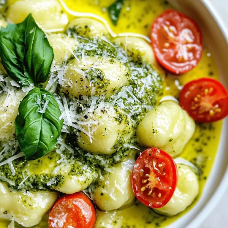 Um cremige Pesto Gnocchi zu machen, benötigen Sie: - 450 g Kartoffelgnocchi - 240 ml frisches Basilikumpesto - 240 ml Schlagsahne - 50 g geriebener Parmesan - 2 Esslöffel Olivenöl - 2 Zehen Knoblauch, fein gehackt - Salz und Pfeffer nach Geschmack - Cherrytomaten, halbiert (zum Garnieren) - Frische Basilikumblätter (zum Garnieren) Diese Zutaten sorgen für einen vollen Geschmack und eine tolle Textur. Die Gnocchi sind weich und die Sauce ist cremig und aromatisch. Wenn Sie milchfrei oder vegan essen, gibt es einfache Alternativen. - Ersetzen Sie die Schlagsahne durch Kokoscreme. - Verwenden Sie Hefeflocken anstelle von Parmesan. Diese Optionen geben Ihrer Mahlzeit den gleichen tollen Geschmack ohne Milchprodukte. Für die Zubereitung der cremigen Pesto Gnocchi benötigen Sie: - Einen großen Topf zum Kochen der Gnocchi - Eine große Pfanne für die Sauce - Einen Kochlöffel zum Rühren - Ein Sieb zum Abgießen der Gnocchi Mit diesen Geräten arbeiten Sie schnell und einfach. So gelingt Ihr Gericht im Handumdrehen. Zuerst bringst du einen großen Topf mit gesalzenem Wasser zum Kochen. Warte, bis das Wasser blubbert. Füge die Kartoffelgnocchi hinzu. Koche sie für 2-3 Minuten, bis sie an die Oberfläche steigen. Das zeigt, dass sie fertig sind. Gieße die Gnocchi ab und stelle sie beiseite. Erhitze in einer großen Pfanne das Olivenöl bei mittlerer Hitze. Füge die fein gehackten Knoblauchzehen hinzu. Brate den Knoblauch etwa 1 Minute lang an. Achte darauf, dass er nicht braun wird. Reduziere die Hitze und gib die Schlagsahne in die Pfanne. Rühre ständig, während die Sahne 2 Minuten lang erhitzt wird. Danach mischst du das Basilikumpesto und den geriebenen Parmesan unter. Rühre gut um, bis die Sauce dick und cremig wird. Schmecke die Sauce mit Salz und Pfeffer ab. Jetzt fügst du die gekochten Gnocchi zur Sauce hinzu. Wende sie vorsichtig, damit sie gleichmäßig mit der Sauce bedeckt sind. Lass das Gericht für 2-3 Minuten durchwärmen. Nimm die Pfanne vom Herd und serviere die Gnocchi heiß. Garniere sie mit halbierten Cherrytomaten und frischen Basilikumblättern. So sieht das Gericht schön aus und schmeckt lecker. Um die Sauce perfekt cremig zu machen, achte auf die Menge der Schlagsahne. Zu viel kann die Sauce dünn machen. Ein gutes Verhältnis ist 240 ml Sahne zu 240 ml Pesto. Rühre die Sauce gut um, damit der Käse gut schmilzt. So wird die Sauce dick und cremig. Wenn du die Konsistenz magst, füge mehr Parmesan hinzu. Das gibt einen tollen Geschmack. Koche die Gnocchi in gesalzenem Wasser. Warte, bis sie aufsteigen, das dauert etwa 2-3 Minuten. Achte darauf, das Wasser nicht zu stark zu sprudeln. Zu viel Bewegung kann die Gnocchi zerreißen. Nach dem Kochen, lass sie kurz abtropfen, bevor du sie zur Sauce gibst. So bleibt die Sauce besser haften. Vermeide es, die Sauce zu lange zu kochen. Wenn die Sahne zu stark kocht, kann sie gerinnen. Rühre die Sauce stetig um, besonders wenn du den Käse hinzufügst. Wenn die Gnocchi zu weich sind, kann das Gericht matschig werden. Achte also auf die Kochzeit. Wenn du diese Tipps befolgst, wird dein Gericht köstlich! {{image_4}} Sie können die cremigen Pesto Gnocchi leicht aufpeppen. Fügen Sie einfach frisches Gemüse hinzu. Brokkoli, Spinat oder Zucchini passen gut. Dazu braten Sie das Gemüse kurz in der Pfanne, bevor Sie die Gnocchi und die Sauce hinzufügen. So bleibt das Gemüse knackig und bringt noch mehr Farbe ins Gericht. Pesto muss nicht immer aus Basilikum bestehen. Experimentieren Sie mit verschiedenen Kräutern. Rucola, Petersilie oder sogar Koriander ergeben einen neuen Geschmack. Für eine nussige Note können Sie auch Walnüsse oder Cashews ins Pesto mischen. Denken Sie daran, dass jede Variation das Gericht einzigartig macht. Wenn Sie etwas mehr Protein möchten, fügen Sie gebratenes Hähnchen oder Speck hinzu. Diese Zutaten passen gut zu den Gnocchi. Sie können auch ein Spiegelei darauflegen. Das Eigelb sorgt für eine tolle Cremigkeit. Diese Optionen machen Ihre Mahlzeit sättigender und noch schmackhafter. Um die Reste deiner cremigen Pesto Gnocchi richtig zu lagern, packe sie in einen luftdichten Behälter. Lass die Gnocchi zuerst auf Raumtemperatur abkühlen. So bleibt die Textur besser erhalten. Wenn du eine größere Menge hast, teile sie in Portionen auf. Das macht das spätere Aufwärmen einfacher. Zum Wiedererwärmen kannst du die Gnocchi in einer Pfanne verwenden. Füge etwas Olivenöl oder Wasser hinzu, um ein Ankleben zu vermeiden. Erhitze sie bei mittlerer Hitze und rühre regelmäßig um. Alternativ kannst du die Gnocchi auch in der Mikrowelle aufwärmen. Stelle die Mikrowelle auf mittlere Hitze und erhitze sie in kurzen Intervallen von 30 Sekunden. Überprüfe zwischendurch die Temperatur, um ein Überkochen zu vermeiden. Im Kühlschrank halten die Gnocchi etwa 3 Tage. Achte darauf, sie gut verpackt zu lagern. Wenn du die Gnocchi länger aufbewahren möchtest, friere sie ein. In einem gefrierfesten Behälter bleiben sie bis zu 2 Monate frisch. Lass sie vor dem Aufwärmen im Kühlschrank auftauen, um die beste Qualität zu erhalten. Um selbst Pesto zu machen, benötigst du frisches Basilikum, Pinienkerne, Knoblauch, Parmesan, Olivenöl und Salz. Beginne mit 2 Tassen frischem Basilikum. Gib sie in einen Mixer. Füge 1/4 Tasse Pinienkerne und 2 Knoblauchzehen hinzu. Mixe alles gut. Gieße langsam 1/2 Tasse Olivenöl hinzu, während der Mixer läuft. Füge 1/2 Tasse frisch geriebenen Parmesan und etwas Salz hinzu. Mixe weiter, bis du eine glatte Paste hast. Fertig ist dein Pesto! Ja, du kannst andere Käsesorten verwenden. Feta oder Gouda sind gute Alternativen. Wenn du eine milchfreie Option möchtest, probiere Hefeflocken. Sie geben einen ähnlichen Geschmack. Denke auch an veganen Käse, der in vielen Läden erhältlich ist. Experimentiere mit verschiedenen Käsesorten, um deinen eigenen Geschmack zu finden. Zu cremigen Pesto Gnocchi passen viele Beilagen. Ein frischer grüner Salat ist eine tolle Wahl. Du kannst auch geröstetes Gemüse servieren, wie Zucchini oder Paprika. Für mehr Farbe und Geschmack sind halbierte Cherrytomaten ideal. Ein knuspriges Baguette passt ebenfalls gut dazu, um die Sauce aufzutunken. Wir haben die Hauptzutaten und Alternativen für deine Gnocchi besprochen. Du hast gelernt, wie du sie richtig zubereitest und kochst. Tipps helfen dir, die perfekte Konsistenz der Sauce zu erreichen. Variationen mit Gemüse und Kräutern bringen Abwechslung in dein Gericht. Schließlich hast du gute Aufbewahrungshinweise und Antworten auf häufige Fragen erhalten. Mit diesen Schritten wird die Zubereitung einfach und lecker. Viel Spaß beim Kochen und Genießen deiner eigenen Gnocchi!