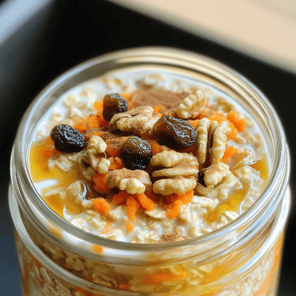 - 1 Tasse Haferflocken (gerollt) - 1 Tasse Mandelmilch oder andere Milch - 1 mittlere Karotte, fein gerieben Die Hauptzutaten sind einfach und gesund. Haferflocken sind reich an Ballaststoffen. Sie helfen, den Tag gut zu starten. Mandelmilch bietet einen nussigen Geschmack und ist leicht. Du kannst auch normale Milch verwenden. Karotten geben dem Rezept die süße Note. Sie sind voller Vitamine und machen die Mischung bunt. - 1/4 Tasse griechischer Joghurt (optional für Cremigkeit) - 2 Esslöffel Ahornsirup oder Honig - 1/4 Tasse Rosinen - 2 Esslöffel gehackte Walnüsse (optional) Optionale Zutaten machen den Geschmack noch besser. Griechischer Joghurt sorgt für eine cremige Konsistenz. Ahornsirup oder Honig süßen die Mischung. Rosinen fügen eine fruchtige Note hinzu. Walnüsse geben einen knusprigen Biss und sind gesund. - 1/2 Teelöffel Vanilleextrakt - 1/2 Teelöffel gemahlener Zimt - 1/4 Teelöffel gemahlene Muskatnuss - Eine Prise Salz Gewürze machen das Rezept besonders. Vanilleextrakt bringt einen tollen Duft. Zimt und Muskatnuss geben Wärme und Tiefe. Eine Prise Salz hebt die Süße hervor. Diese Gewürze verwandeln einfache Haferflocken in ein geschmackvolles Gericht. - Vermengen Sie 1 Tasse gerollte Haferflocken mit 1 Tasse Mandelmilch. - Rühren Sie gut, damit die Haferflocken die Milch aufnehmen. - Fügen Sie eine fein geriebene Karotte hinzu. - Geben Sie optional 1/4 Tasse griechischen Joghurt für mehr Cremigkeit hinzu. - Süßen Sie mit 2 Esslöffeln Ahornsirup oder Honig, je nach Geschmack. - Geben Sie 1/2 Teelöffel Vanilleextrakt, 1/2 Teelöffel gemahlenen Zimt, und 1/4 Teelöffel gemahlene Muskatnuss dazu. - Fügen Sie eine Prise Salz hinzu, um die Aromen zu verstärken. - Mischen Sie alle Zutaten gründlich. - Unterheben Sie 1/4 Tasse Rosinen und 2 Esslöffel gehackte Walnüsse für Textur. - Decken Sie den Behälter mit einem Deckel oder Frischhaltefolie ab. - Kühlen Sie die Mischung über Nacht oder mindestens 4-6 Stunden im Kühlschrank. - Rühren Sie die Overnight Oats morgens gut durch. - Fügen Sie nach Wunsch einen Schuss Mandelmilch hinzu. - Passen Sie die Süße nach Ihrem Geschmack an. - Servieren Sie die Oats kühl, garniert mit extra Walnüssen oder einer Prise Zimt. Die Ruhezeit ist wichtig. Sie hilft den Haferflocken, die Flüssigkeit gut aufzunehmen. Die Aromen verbinden sich und schmecken besser. Du kannst auch die Zutaten variieren. Füge mehr Karotten oder andere Früchte hinzu. Das macht die Overnight Oats noch spannender. Du kannst den Süßungsgrad leicht anpassen. Probiere zuerst die Grundmischung. Wenn du es süßer magst, füge mehr Ahornsirup oder Honig hinzu. Extra Toppings wie Nüsse oder Früchte machen die Oats noch besser. Ein paar Walnüsse oben drauf geben einen tollen Crunch. Plane deine Portionen im Voraus. So hast du immer ein schnelles Frühstück bereit. Du kannst die Mischung in kleinen Behältern aufteilen. Das macht das Frühstück einfach und schnell. Für die langfristige Lagerung sind die Oats im Kühlschrank gut. Sie halten sich bis zu fünf Tage frisch. {{image_4}} Du kannst deinen Karottenkuchen Overnight Oats noch besser machen. Eine einfache Möglichkeit ist, Nussbutter hinzuzufügen. Wähle Erdnussbutter oder Mandelbutter. Zwei Esslöffel reichen aus, um einen tollen Geschmack zu geben. Fruchtvariationen sind auch eine gute Wahl. Du kannst frische Ananas, Bananen oder Äpfel hinzufügen. Diese Früchte bringen Süße und Frische in dein Frühstück. Probiere verschiedene Kombinationen aus, um deinen Favoriten zu finden. Wenn du nach pflanzlichen Optionen suchst, gibt es viele gute Möglichkeiten. Neben Mandelmilch kannst du auch Hafermilch oder Kokosmilch verwenden. Diese Milchsorten machen deine Overnight Oats cremig und lecker. Für eine proteinreichere Variante wähle Sojamilch oder Erbsenproteinmilch. Diese Optionen geben dir mehr Nährstoffe und machen dein Frühstück noch nahrhafter. Wenn du weniger Zucker verwenden möchtest, probiere Zuckeralternativen. Stevia oder Agavendicksaft sind gute Optionen. Sie fügen Süße hinzu, ohne viele Kalorien zu bringen. Falls du glutenfrei leben musst, gibt es auch Lösungen. Verwende glutenfreie Haferflocken. Achte darauf, dass sie als glutenfrei gekennzeichnet sind. So kannst du dein Frühstück genießen, ohne dir Sorgen zu machen. Bewahre deine Karottenkuchen Overnight Oats im Kühlschrank auf. So bleiben sie frisch und lecker. Du kannst sie in einem luftdichten Behälter lagern. Die Haltbarkeit ist etwa drei bis fünf Tage. Die Zutaten, wie Haferflocken und Rosinen, sind lange haltbar. Achte darauf, frische Karotten zu verwenden, um den besten Geschmack zu erzielen. Es gibt eine Möglichkeit, die Overnight Oats zu erhitzen. Du kannst sie in der Mikrowelle aufwärmen. Stelle sicher, dass du sie vorher umrührst. Füge etwas Mandelmilch hinzu, um die Konsistenz zu verbessern. So schmecken sie auch warm gut. Verwende individuelle Behälter für jede Portion. So hast du immer ein schnelles Frühstück bereit. Du kannst die Behälter auch für unterwegs vorbereiten. Das erleichtert dir den Morgen und spart Zeit. Übernacht-Haferflocken halten sich bis zu fünf Tage im Kühlschrank. Die Haferflocken nehmen die Flüssigkeit auf und bleiben frisch. Achte darauf, sie in einem gut verschlossenen Behälter aufzubewahren. So bleibt die Mischung länger lecker und appetitlich. Nach ein paar Tagen könnte die Konsistenz sich leicht ändern, aber der Geschmack bleibt gut. Ja, du kannst auch andere Gemüse verwenden! Zum Beispiel sind Zucchini oder Kürbis gute Alternativen. Diese Gemüsesorten bieten eine ähnliche Textur. Du kannst sie einfach fein reiben, wie die Karotten. So bleibst du kreativ und variierst den Geschmack. Probiere verschiedene Optionen aus, um deinen perfekten Mix zu finden. Ja, Overnight Oats sind sehr gesund! Sie enthalten Ballaststoffe, die deine Verdauung unterstützen. Die Haferflocken sind eine gute Energiequelle. Karotten bringen Vitamine wie A und K. Mandeln oder Walnüsse fügen gesunde Fette hinzu. Diese Zutaten helfen dir, lange satt zu bleiben. So ist dein Frühstück nicht nur lecker, sondern auch nahrhaft. Zusammenfassend haben wir die besten Zutaten und Tipps für Overnight Oats besprochen. Du kannst viele Variationen ausprobieren, um den Geschmack zu verändern. Die richtige Lagerung verlängert die Haltbarkeit deiner Oats. Denk daran, dass du die Konsistenz und Süße leicht anpassen kannst. Experimentiere und finde deine perfekte Mischung. Mit diesen Informationen machst du gesunde, schmackhafte Frühstücke ohne Stress. Bleib kreativ und genieße deine Mahlzeiten!