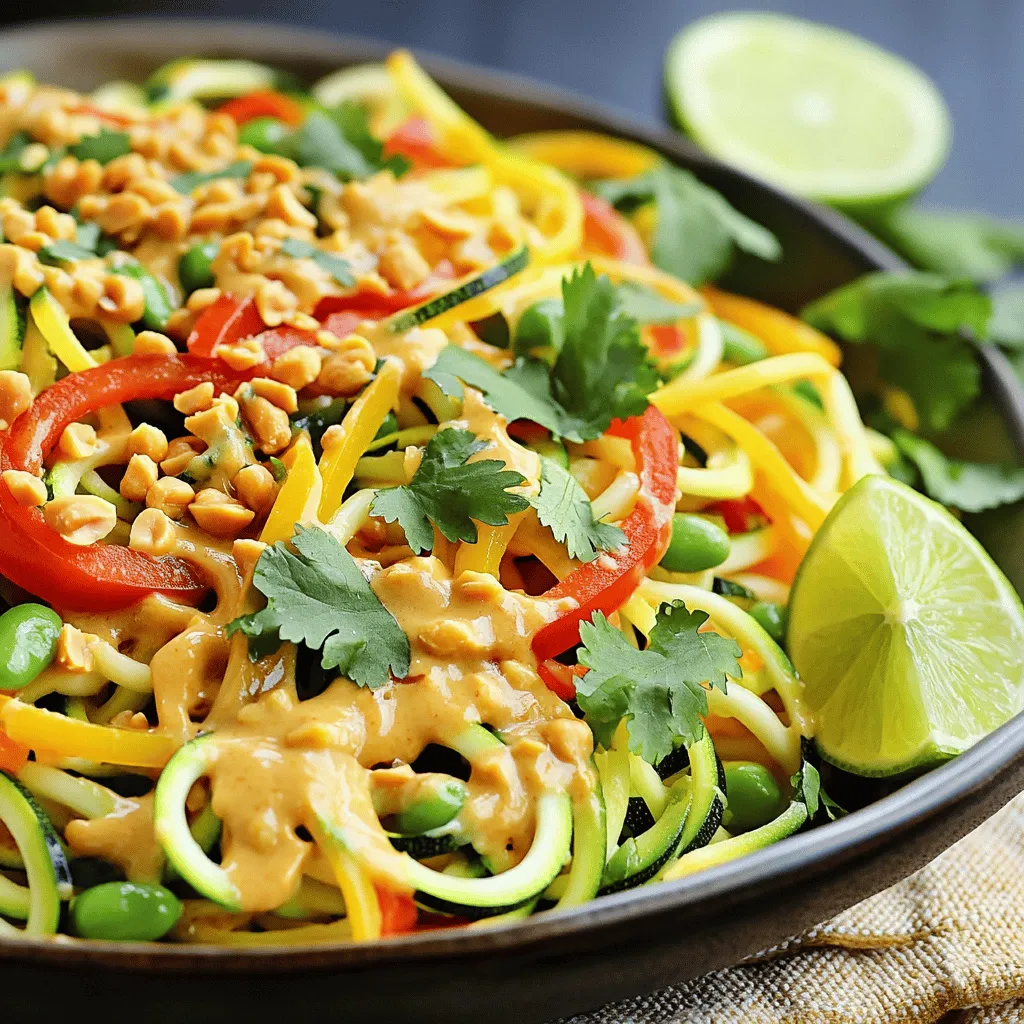 Die Hauptbestandteile für die Thai Peanut Zoodle Stir Fry sind frisch und bunt. Hier sind die Zutaten: - 4 mittelgroße Zucchinis (zu Zoodles spiralisiert) - 1 Tasse Paprika (rot, gelb oder grün, in Streifen geschnitten) - 1 Tasse Karotten (in Julienne oder gerieben) - 1 Tasse Zuckerschoten Zucchinis sind die Basis. Sie machen die Zoodles. Paprika bringt Farbe und Süße. Karotten fügen Knusprigkeit hinzu. Zuckerschoten geben einen frischen Biss. Die Sauce ist der Star in diesem Gericht. Sie gibt Geschmack und Tiefe. Hier sind die Zutaten: - 1/4 Tasse cremige Erdnussbutter - 2 Esslöffel Sojasauce (oder Tamari für glutenfrei) - 1 Esslöffel Limettensaft - 1 Esslöffel Honig oder Agavensirup - 1 Teelöffel Sriracha (nach Geschmack anpassen) Erdnussbutter sorgt für Cremigkeit. Sojasauce bringt Umami. Limettensaft sorgt für Frische. Honig oder Agavensirup geben Süße. Sriracha bringt eine leichte Schärfe. Die Garnierungen machen das Gericht besonders. Sie bringen Farbe und Textur. Hier sind die Zutaten: - Gehackte geröstete Erdnüsse - Frischer Koriander - Limettenviertel Gehackte Erdnüsse fügen Crunch hinzu. Frischer Koriander bringt Frische. Limettenviertel geben den letzten Kick. Zuerst nimmst du die Zucchinis. Mit einem Spiralschneider machst du sie zu Zoodles. Es ist einfach und macht Spaß! Dann schneidest du die Paprika in Streifen. Du kannst rot, gelb oder grün wählen. Schließlich schneidest du die Karotten in feine Julienne-Streifen. So sieht dein Gemüse schön bunt aus! In einer kleinen Schüssel vermengst du die Erdnussbutter, Sojasauce, Limettensaft, Honig und Sriracha. Rühre alles gut um, bis es cremig ist. Wenn die Sauce zu dick ist, gib einen Spritzer Wasser dazu. So bekommst du die perfekte Konsistenz. Jetzt erhitzt du das Sesamöl in einer großen Pfanne. Lass es bei mittlerer Hitze warm werden. Danach füge den gehackten Knoblauch hinzu und brate ihn kurz an. Nach etwa 30 Sekunden riecht die Küche schon toll! Jetzt kommen die Paprika, Karotten und Zuckerschoten in die Pfanne. Brate das Gemüse 3 bis 4 Minuten an. Es sollte leuchtend und leicht zart sein. Füge dann die Zoodles hinzu. Gieße die Erdnusssauce darüber und mische alles sanft. Lass es 2 bis 3 Minuten kochen, bis die Zoodles warm sind. Nun ist dein Gericht fast fertig! - Um Zoodles herzustellen, brauchst du einen Spiralschneider. Wähle frische Zucchinis. Schneide die Enden ab, dann spiralisiere sie. - Achte darauf, die Zoodles nicht zu lange zu garen. Das macht sie matschig. Brate sie nur kurz an, bis sie warm sind. - Möchtest du mehr Schärfe? Füge mehr Sriracha hinzu. Du kannst auch frische Chilis verwenden. - Experimentiere mit Gemüse. Brokkoli, Pilze oder Spinat passen gut. Probiere verschiedene Kombinationen aus. - Serviere die Zoodles mit Limettenvierteln. Das gibt einen frischen Kick. - Für Gäste richte das Gericht schön an. Verwende eine große Schüssel oder einzelne Teller. Garnieren mit Erdnüssen und Koriander sieht toll aus. {{image_4}} Um deine Thai Erdnuss-Zoodle-Pfanne noch nahrhafter zu machen, kannst du Protein hinzufügen. - Tofu hinzufügen: Schneide festen Tofu in Würfel. Brate ihn in der Pfanne, bis er goldbraun ist. Tofu nimmt die Aromen der Sauce gut auf. - Hähnchen oder Garnelen integrieren: Du kannst auch gekochtes Hähnchen oder Garnelen verwenden. Brate sie einfach mit dem Gemüse an. Achte darauf, sie vollständig durchzukochen. Wenn du eine glutenfreie Diät hast, gibt es einfache Anpassungen. - Alternativen zu Sojasauce: Verwende Tamari anstelle von Sojasauce. Tamari ist glutenfrei und hat einen ähnlichen Geschmack. - Anpassungen für eine glutenfreie Diät: Achte darauf, dass die Erdnussbutter und andere Zutaten glutenfrei sind. So bleibt dein Gericht sicher und lecker. Du kannst diese Pfanne auch vegan gestalten. - Verwendung von Honig ersetzen: Statt Honig kannst du Agavensirup verwenden. Dieser Sirup ist pflanzlich und süßt gut. - Weitere pflanzliche Zutaten: Füge mehr Gemüse hinzu, wie Brokkoli oder Spinat. Diese machen das Gericht noch bunter und gesünder. Bewahre deine Thai Erdnuss-Zoodle-Pfanne in einem luftdichten Behälter auf. So bleibt sie frisch. Sie hält sich im Kühlschrank bis zu drei Tage. Achte darauf, dass die Zoodles gut abgedeckt sind. So vermeidest du, dass sie matschig werden. Die besten Methoden zum Aufwärmen sind einfach. Du kannst die Reste in der Mikrowelle oder auf dem Herd erwärmen. Wenn du die Mikrowelle benutzt, erhitze sie in kurzen Intervallen. Rühre zwischendurch um, damit alles gleichmäßig warm wird. Auf dem Herd erwärmst du sie bei niedriger Hitze. So bleiben die Zoodles knackig. Um die Zoodles einzufrieren, schneide sie in Portionen. Lege sie in einen Gefrierbeutel und drücke die Luft heraus. So bleiben sie frisch. Du kannst die Zoodles später in Suppen oder Pfannengerichte geben. Achte darauf, die gefrorenen Zoodles nicht zu lange zu lagern. Nach etwa drei Monaten ist die Qualität nicht mehr optimal. Die Reste der Thai Erdnuss-Zoodle-Pfanne sind im Kühlschrank etwa 3 bis 4 Tage haltbar. Achte darauf, sie in einem luftdichten Behälter aufzubewahren. So bleibt das Gemüse frisch und die Sauce behält ihren Geschmack. Wenn du die Reste länger aufbewahren möchtest, kannst du sie auch einfrieren. Allerdings kann die Textur der Zoodles beim Auftauen leicht leiden. Ja, du kannst die Zoodles im Voraus zubereiten. Das spart Zeit beim Kochen. Du solltest sie jedoch nicht zu lange aufbewahren, da sie schnell matschig werden. Am besten sind die Zoodles frisch, aber sie halten sich in einem luftdichten Behälter etwa 1 bis 2 Tage im Kühlschrank. Der Nachteil ist, dass die Zoodles weniger knackig sind, wenn sie vorbereitet werden. Wenn du allergisch gegen Erdnüsse bist oder eine andere Vorliebe hast, gibt es viele Alternativen. Du kannst Mandelbutter oder Cashewbutter verwenden. Auch Tahini ist eine gute Option. Diese Alternativen bieten eine ähnliche Cremigkeit und Geschmack. Achte darauf, die Konsistenz der Sauce anzupassen, falls nötig. Zusammenfassend haben wir die wichtigsten Zutaten für die Zoodles besprochen. Zucchinis, Paprika und Karotten bilden die Basis. Die Sauce aus Erdnussbutter, Sojasauce und Limettensaft gibt viel Geschmack. Ich gab dir Schritte zur Zubereitung und Tipps, um das Beste aus deinen Zoodles herauszuholen. Variiere sie mit Tofu oder Garnelen für mehr Protein. Lagere Reste richtig, damit sie lange frisch bleiben. Denk daran, dass Kochen Spaß macht und du kreativ sein kannst!