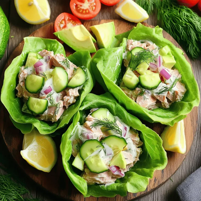 Die Hauptzutaten für die Erfrischenden Cucumber Dill Tuna Salad Wraps sind einfach und lecker. Sie benötigen: - 2 Dosen Thunfisch in Wasser, abgetropft - 1 Tasse griechischer Joghurt - 2 Esslöffel Dijon-Senf - 1 Esslöffel Zitronensaft - 1 kleine Gurke, fein gewürfelt - 1/4 Tasse rote Zwiebel, fein gehackt - 1/4 Tasse frischer Dill, gehackt - Salz und schwarzer Pfeffer nach Geschmack - 4 große Blätter Salat (Romaine- oder Buttersalat) Diese Zutaten sorgen für einen tollen Geschmack und eine frische Note. Der Thunfisch liefert Protein, während der Joghurt die Mischung cremig macht. Zitronensaft gibt einen spritzigen Kick. Die Gurke und die Zwiebel fügen Textur hinzu. Dill bringt ein tolles Aroma. Wenn Sie es noch besser machen möchten, können Sie einige optionale Zutaten hinzufügen: - Geschnittene Tomaten - Avocado Tomaten bringen eine süße Frische. Avocado fügt eine cremige Konsistenz hinzu. Diese Zutaten machen die Wraps noch schmackhafter. Probieren Sie verschiedene Kombinationen aus, um Ihren Favoriten zu finden! Um die Cucumber Dill Tuna Salad Wraps zuzubereiten, starten wir mit der Vorbereitung. - Öffnen Sie zwei Dosen Thunfisch in Wasser und lassen Sie sie gut abtropfen. Geben Sie den Thunfisch in eine große Schüssel. - Schneiden Sie eine kleine Gurke in feine Würfel. - Hacken Sie eine Viertel Tasse rote Zwiebel klein. - Nehmen Sie frischen Dill und hacken Sie ihn ebenfalls. Jetzt haben wir alle frischen Zutaten bereit. Jetzt kommt der spannende Teil – das Mischen! - Geben Sie eine Tasse griechischen Joghurt in die Schüssel mit dem Thunfisch. - Fügen Sie zwei Esslöffel Dijon-Senf und einen Esslöffel Zitronensaft hinzu. - Rühren Sie alle Zutaten gut um, bis sie gleichmäßig vermischt sind. - Fügen Sie die gewürfelte Gurke, die gehackte Zwiebel und den Dill hinzu. - Schmecken Sie die Mischung mit Salz und schwarzem Pfeffer ab. Passen Sie die Gewürze nach Ihrem Geschmack an. Der Thunfischsalat hat jetzt einen frischen, leckeren Geschmack. Der letzte Schritt ist das Falten und Servieren der Wraps. - Nehmen Sie ein großes Salatblatt, wie Romaine oder Buttersalat, und legen Sie es auf einen Teller. - Geben Sie eine großzügige Portion des Thunfischsalats in die Mitte des Blatts. - Wenn Sie möchten, fügen Sie einige Scheiben Tomate und Avocado hinzu. - Falten Sie die Seiten des Blatts über die Füllung und rollen Sie es von unten nach oben. - Sichern Sie den Wrap mit einem Zahnstocher, wenn nötig, und wiederholen Sie den Vorgang mit den anderen Blättern. Jetzt sind Ihre Wraps bereit zum Servieren! Um den Geschmack Ihrer Wraps anzupassen, können Sie die Gewürze ändern. Probieren Sie mehr Zitronensaft oder Senf. Das bringt mehr Frische in die Mischung. Fügen Sie auch andere Kräuter hinzu. Schnittlauch oder Petersilie passen gut zu Dill. Diese Kräuter geben den Wraps einen neuen Geschmack. Experimentieren Sie mit verschiedenen Kombinationen, um Ihre perfekte Mischung zu finden. Für ein vollständiges Gericht passen viele Beilagen gut. Ein einfacher grüner Salat ergänzt die Wraps perfekt. Auch ein frischer Kartoffelsalat ist eine gute Wahl. Um die Wraps schön zu präsentieren, legen Sie sie auf eine große Platte. Garnieren Sie sie mit frischem Dill oder Zitronenspalten. Das sorgt für einen tollen Look und einen frischen Geschmack. {{image_4}} Um den Geschmack zu ändern, probiere andere Gemüse. Paprika bringt eine süße Note. Karotten fügen einen knackigen Biss hinzu. Du kannst auch Sellerie verwenden für zusätzlichen Crunch. Frische Kräuter können den Wrap aufpeppen. Petersilie oder Schnittlauch schmecken toll. Du kannst auch Basilikum oder Estragon verwenden. Diese Kräuter geben dem Salat eine neue Dimension. Wenn du etwas anderes möchtest, nutze Lachs oder Garnelen. Diese Optionen sind lecker und gesund. Sie bieten einen neuen Geschmack und eine andere Textur. Für Vegetarier sind Kichererbsen eine tolle Wahl. Sie sorgen für eine gute Proteinquelle und machen den Wrap satt. Du kannst die Kichererbsen einfach pürieren oder ganz hinzufügen. So bleibt der Wrap spannend und nahrhaft. Um den Thunfischsalat frisch zu halten, bewahre ihn im Kühlschrank auf. Verwende einen luftdichten Behälter, um die Aromen zu schützen. So bleibt der Salat bis zu drei Tage lang frisch. Überprüfe immer, ob er noch gut riecht, bevor du ihn isst. Du kannst die Wraps auch vorbereiten und einfrieren. Wickel sie fest in Frischhaltefolie. Lege sie dann in einen Gefrierbeutel. So bleiben sie bis zu zwei Monate haltbar. Wenn du bereit bist zu essen, nimm die Wraps aus dem Gefrierfach. Lasse sie über Nacht im Kühlschrank auftauen. Nach dem Auftauen kannst du sie einfach servieren oder kurz in der Mikrowelle erwärmen. Die Wraps sind im Kühlschrank bis zu drei Tage haltbar. Bewahren Sie sie in einem luftdichten Behälter auf. So bleibt die Frische erhalten. Achten Sie darauf, die Wraps nicht zu lange bei Raumtemperatur stehen zu lassen. Dies kann die Haltbarkeit verringern. Ja, Sie können den Wrap leicht vegan machen. Ersetzen Sie den Thunfisch durch Kichererbsen oder Tofu. Verwenden Sie pflanzlichen Joghurt anstelle von griechischem Joghurt. Dijon-Senf und Zitronensaft bleiben gleich. So bleibt der Geschmack frisch und lecker. Zu den Wraps passen viele Beilagen. Ein frischer grüner Salat ist ideal. Auch Karotten- oder Gurkensticks sind gute Snacks. Servieren Sie dazu ein leichtes Dressing. Diese Kombination macht das Essen noch bunter und gesünder. Dieser Blogpost hat die vielen Aspekte eines köstlichen Thunfischsalats behandelt. Wir haben die wichtigen Zutaten aufgeschlüsselt und die Schritte zur Zubereitung erklärt. Dabei gab es Tipps zur Anpassung der Geschmäcker und verschiedenen Serviervorschlägen. Abschließend lässt sich sagen: Mit etwas Kreativität kannst du dieses Gericht nach deinem Geschmack anpassen. Ob du ihn vegan machen oder mit anderen Proteinen variieren willst, die Möglichkeiten sind vielfältig. Probiere es aus und genieße deinen Thunfischwrap!