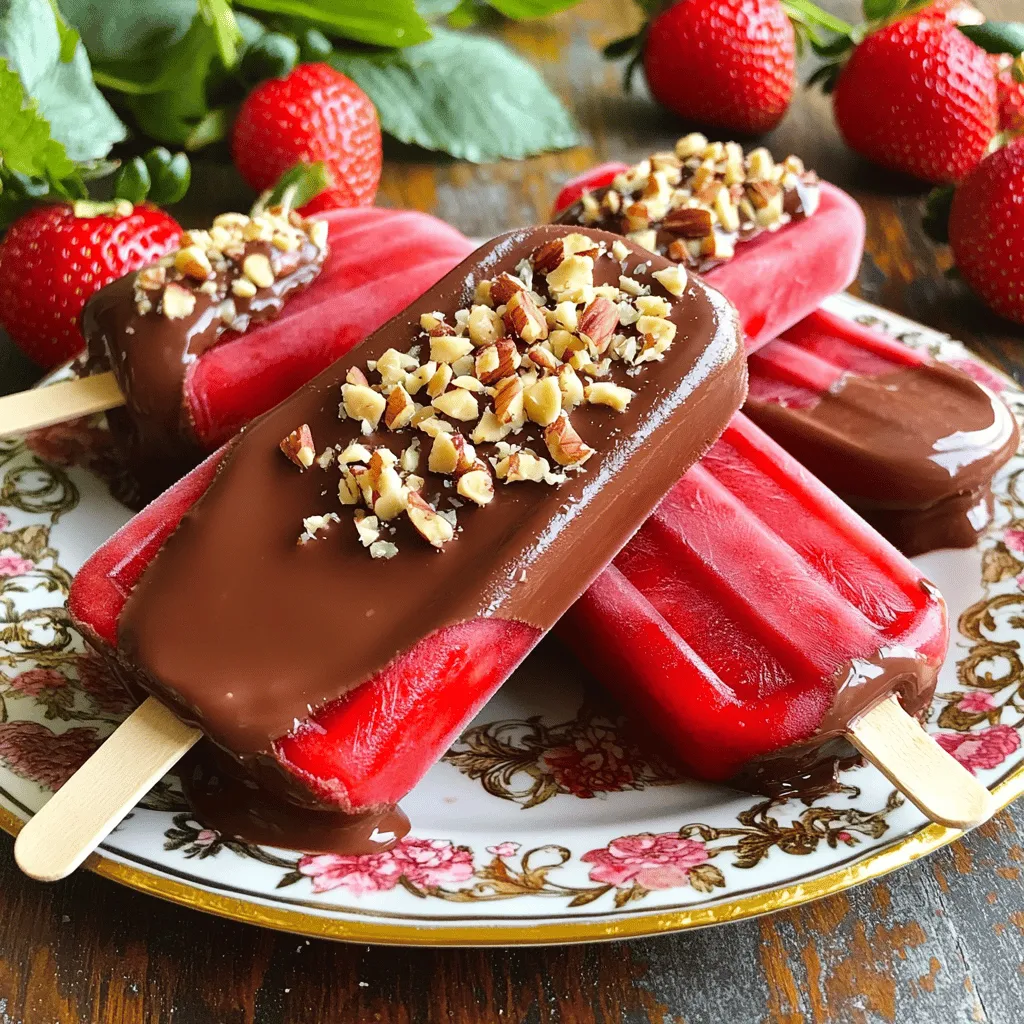 - 2 Tassen frische Erdbeeren, geputzt und halbiert - 1 Tasse Kokosmilch oder andere Milch - 2 Esslöffel Honig oder Ahornsirup - 1 Teelöffel Vanilleextrakt Für diese leckeren Popsicles sind frische Erdbeeren der Star. Sie sind süß und saftig. Kokosmilch gibt den Popsicles eine cremige Textur. Wenn Sie keinen Honig mögen, nutzen Sie Ahornsirup. Vanilleextrakt bringt einen warmen, süßen Geschmack. - 100g Zartbitter-Schokolade, gehackt - 1 Esslöffel Kokosöl - 1/4 Tasse gehackte Nüsse (Mandeln, Pistazien oder Haselnüsse) Die Zartbitter-Schokolade ist perfekt für den Überzug. Sie hat einen reichen Geschmack. Kokosöl hilft, die Schokolade glatt zu machen. Gehackte Nüsse fügen Crunch und Geschmack hinzu. Sie können wählen, welche Nüsse Sie mögen. - Geben Sie 2 Tassen frische, geputzte und halbierte Erdbeeren in den Mixer. - Fügen Sie 1 Tasse Kokosmilch hinzu. Sie können auch jede andere Milch verwenden, die Sie mögen. - Geben Sie 2 Esslöffel Honig oder Ahornsirup dazu. Passen Sie die Menge nach Ihrem Geschmack an. - Fügen Sie 1 Teelöffel Vanilleextrakt hinzu, um das Aroma zu verbessern. - Mischen Sie alles, bis eine glatte Masse entsteht. Achten Sie darauf, dass keine Klumpen bleiben. - Nehmen Sie die Popsicle-Formen und füllen Sie die Mischung hinein. Lassen Sie dabei etwa 3/4 Platz, um Überlaufen zu vermeiden. - Setzen Sie die Popsicle-Sticks in die gefüllten Formen. Stellen Sie sicher, dass sie gut sitzen. - Stellen Sie die Formen für 4-6 Stunden in den Gefrierschrank. Warten Sie, bis die Popsicles fest sind. - Wenn Sie sie später herausnehmen, halten Sie die Formen kurz unter warmes Wasser. So lösen sich die Popsicles leichter. - In einer hitzebeständigen Schüssel kombinieren Sie 100g gehackte Zartbitter-Schokolade und 1 Esslöffel Kokosöl. - Schmelzen Sie die Mischung in der Mikrowelle. Machen Sie das in 20-Sekunden-Intervallen und rühren Sie zwischendurch um. - Tauchen Sie jeden Popsicle bis zur Hälfte in die geschmolzene Schokolade. Lassen Sie überschüssige Schokolade abtropfen. - Wenn Sie möchten, rollen Sie den schokoladenüberzogenen Teil in 1/4 Tasse gehackte Nüsse. Das gibt zusätzlichen Geschmack. - Legen Sie die überzogenen Popsicles auf ein Backblech mit Backpapier. Stellen Sie sie für 10-15 Minuten in den Gefrierschrank, damit die Schokolade fest wird. Um Überlaufen während des Gefrierens zu verhindern, füllen Sie die Popsicle-Formen nur bis zu drei Viertel voll. Dadurch bleibt Platz für die Ausdehnung der Mischung. Achten Sie auch darauf, die Erdbeeren gleichmäßig zu verteilen. Wenn das Entnehmen der Popsicles schwerfällt, halten Sie die Formen kurz unter warmes Wasser. Dies hilft, die Popsicles leicht herauszulösen. Drehen Sie die Formen vorsichtig, um die Popsicles zu lösen. Um die perfekte Schokolade zu schmelzen, verwenden Sie eine mikrowellengeeignete Schüssel. Mischen Sie die gehackte Zartbitter-Schokolade mit Kokosöl. Schmelzen Sie diese Mischung in 20-Sekunden-Intervallen und rühren Sie dazwischen um. So wird die Schokolade glatt und glänzend. Beim Eintauchen der Popsicles tauchen Sie die gefrorenen Teile bis zur Hälfte in die geschmolzene Schokolade. Lassen Sie das überschüssige Schokoladenüberzug abtropfen, bevor Sie sie auf ein Backblech legen. Für eine schöne Präsentation legen Sie die Popsicles auf einen dekorativen Teller. Garnieren Sie sie mit frischen Erdbeeren und einem kleinen Schokoladentransfer von der restlichen geschmolzenen Schokolade. Dies sorgt für einen tollen visuellen Effekt. Sie können auch die Popsicles mit anderen Desserts kombinieren. Servieren Sie sie mit einer Kugel Eis oder einem Schokoladenkeks. Die Mischung aus Kaltem und Warmem macht den Genuss noch besser. {{image_4}} Du kannst deine Popsicles ganz leicht anpassen. Anstelle von Kokosmilch kannst du Sojamilch oder Mandelmilch verwenden. Diese Optionen geben den Popsicles einen neuen Geschmack. Du kannst auch andere Beeren oder Früchte verwenden. Himbeeren, Blaubeeren oder sogar Mango geben einen fruchtigen Kick. Experimentiere mit verschiedenen Kombinationen, um deinen Favoriten zu finden. Das Topping macht deine Popsicles besonders. Du kannst verschiedene Nüsse wie Mandeln, Pistazien oder Haselnüsse nutzen. Für einen süßen Crunch sind auch Kokosraspeln ideal. Wenn du es bunter magst, verwende Zuckerdekor oder bunte Streusel. So wird jeder Biss zu einem kleinen Fest. Für die Erwachsenen gibt es auch spannende Varianten. Du kannst einen Schuss Likör oder Aromen hinzufügen. Rum oder Baileys passen gut zu Schokolade und Erdbeeren. Diese kleinen Extras machen deine Popsicles noch interessanter und geschmackvoller. Um die Frische Ihrer Chocolate Dipped Strawberry Popsicles zu bewahren, lagern Sie diese im Gefrierschrank. Sie bleiben dort bis zu drei Monate frisch. Achten Sie darauf, die Popsicles in luftdichten Behältern aufzubewahren. So verhindern Sie Gefrierbrand und bewahren den Geschmack. - Maximale Haltbarkeit im Gefrierschrank: Bis zu drei Monate. - Lagerung in luftdichten Behältern: Wichtig, um Geschmack zu erhalten. Vor dem Servieren tauen Sie die Popsicles schnell auf. Halten Sie sie einfach einige Minuten bei Raumtemperatur. So werden sie weich und lassen sich besser essen. Alternativ können Sie die Popsicles unter warmes Wasser halten, um den Prozess zu beschleunigen. Achten Sie jedoch darauf, dass die Schokolade nicht schmilzt. - Empfehlungen zum Auftauen vor dem Servieren: Einige Minuten bei Raumtemperatur oder kurz unter warmem Wasser. Die Popsicles halten sich bis zu zwei Monate im Gefrierschrank. Um die beste Qualität zu bewahren, lege sie in einen luftdichten Behälter. So bleibt der Geschmack frisch. Achte darauf, die Behälter gut zu verschließen. Wenn du sie länger aufbewahrst, könnten sie an Geschmack verlieren. Ja, du kannst andere Früchte verwenden. Himbeeren, Blaubeeren oder Mango sind tolle Alternativen. Diese Früchte geben einen neuen Geschmack. Du kannst auch eine Mischung aus Früchten machen. Experimentiere mit deinen Lieblingsfrüchten. Das sorgt für Spaß und Abwechslung in den Popsicles! Ja, du kannst die Schokolade ersetzen. Verwende weiße Schokolade oder Joghurtüberzug. Für vegane Optionen sind dunkle Schokoladen ohne Milch ideal. Du kannst auch einen Schokoladensirup verwenden. Das gibt den Popsicles eine süße Note. Probiere verschiedene Optionen aus und finde deine Lieblingsversion! Diese erfrischenden Erdbeer-Popsicles sind einfach zuzubereiten. Du brauchst frische Erdbeeren, Kokosmilch, Honig und Vanille. Die Schritte sind leicht: Misch die Zutaten, fülle die Formen und friere sie ein. Du kannst sie mit Schokolade und Nüssen dekorieren. Denke daran, häufige Fehler zu vermeiden, um perfekte Popsicles zu machen. Probiere auch verschiedene Variationen und Toppings aus. So schaffst du dein eigenes köstliches Sommervergnügen. Mach sie jetzt und genieße jeden Biss!