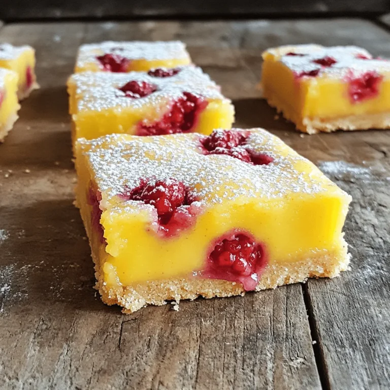 Um köstliche Himbeer-Zitronen Bars zu machen, benötigst du folgende Zutaten: - 1 Tasse Weizenmehl - 1/4 Tasse Puderzucker - 1/2 Tasse ungesalzene Butter, weich - 1/4 Teelöffel Salz - 2 große Eier - 1 Tasse Kristallzucker - 1/4 Tasse frisch gepresster Zitronensaft - Schale von 1 Zitrone - 1 Tasse frische Himbeeren - Optional: Extra Puderzucker zum Bestäuben Wenn du keine frischen Himbeeren hast, kannst du gefrorene Himbeeren verwenden. Diese sind oft genauso süß und fruchtig. Achte darauf, sie vorher leicht auftauen zu lassen. Du kannst auch andere Beeren wie Erdbeeren oder Blaubeeren ausprobieren. Diese geben ebenfalls einen leckeren Geschmack. - Puderzucker: Dieser feine Zucker löst sich gut auf und sorgt für eine glatte Füllung. Er ist auch ideal zum Bestäuben. - Kristallzucker: Dieser Zucker hat eine gröbere Textur. Er hilft, die Füllung schön süß zu machen und sorgt für die richtige Konsistenz. - Frisch gepresster Zitronensaft: Dieser Saft bringt den frischen, sauren Geschmack in die Bars. Frisch ist immer besser als abgepackt. - Zitronenschale: Die Schale gibt viel Aroma und verstärkt den Zitronengeschmack. Heize deinen Ofen auf 175°C vor. Nimm eine 20x20 cm Backform. Lege sie mit Backpapier aus. Lass das Papier an den Seiten überstehen. So kannst du die Bars später ganz leicht herausheben. In einer mittelgroßen Schüssel mischst du das Weizenmehl, den Puderzucker, die weiche Butter und das Salz. Rühre alles gut um, bis du eine krümelige Mischung hast. Drücke den Teig gleichmäßig in die Backform. Er sollte den Boden gut bedecken. Backe ihn für etwa 15 Minuten, bis er leicht goldbraun ist. Nimm eine separate Schüssel und schlage die Eier auf. Füge den Kristallzucker, den frisch gepressten Zitronensaft und die Zitronenschale hinzu. Mische alles gut, bis die Mischung glatt ist. Jetzt kommen die frischen Himbeeren dazu. Füge sie vorsichtig hinzu und falte sie unter. Achte darauf, dass die Himbeeren ganz bleiben. Gieße die Himbeer-Zitronen-Mischung über den gebackenen Boden. Stelle die Form wieder in den Ofen. Backe die Mischung für 20-25 Minuten, bis die Füllung fest und leicht goldbraun ist. Lass die Bars in der Form auf einem Kuchengitter abkühlen. Nach dem Abkühlen hebst du die Bars mit dem Backpapier heraus und schneidest sie in Quadrate. Optional kannst du die Oberseite mit Puderzucker bestäuben. Ein häufiger Fehler ist, die Himbeeren zu zerdrücken. Achte darauf, sie sanft unterzuheben. So bleiben sie ganz und sorgen für einen tollen Biss. Ein weiterer Fehler ist, die Kruste zu lange zu backen. Sie sollte nur leicht goldbraun sein. Wenn sie zu dunkel wird, wird die Textur hart. Für eine tolle Textur musst du die Eier gut schlagen. Dadurch wird die Füllung schön luftig. Achte außerdem darauf, den Zitronensaft frisch zu pressen. Frischer Saft bringt mehr Geschmack. Wenn du die Bars nach dem Backen abkühlen lässt, wird die Füllung fest und lecker. Serviere die Bars auf einem schönen Teller. Bestäube sie vor dem Servieren mit Puderzucker. Das sieht hübsch aus und gibt einen süßen Touch. Du kannst die Bars auch mit frischen Himbeeren garnieren. So wird das Dessert noch fruchtiger und ansprechender. {{image_4}} Du kannst Himbeer-Zitronen Bars leicht anpassen. Probiere andere Früchte wie Erdbeeren, Heidelbeeren oder Pfirsiche. Diese Früchte bringen unterschiedliche Geschmäcker und Farben. Verwende frische oder gefrorene Früchte. Wenn du gefrorene Früchte verwendest, lasse sie auftauen und abtropfen. So bleibt die Füllung nicht zu nass. Für glutenfreie Himbeer-Zitronen Bars kannst du Mandelmehl oder Hafermehl verwenden. Diese Mehle haben einen tollen Geschmack. Um die Bars vegan zu machen, ersetze die Eier durch Apfelmus oder Leinsamen. Du kannst auch pflanzliche Butter nutzen. So bleiben die Bars lecker und passen zu mehr Diäten. Magst du es gerne kreativ? Füge frische Minze oder Kokosnuss hinzu. Minze gibt den Bars einen frischen Geschmack. Hacke die Minzblätter klein und mische sie unter die Füllung. Für Kokosnuss kannst du geraspelte Kokosnuss verwenden. Mische sie in die Füllung oder streue sie oben drauf. So bekommst du eine tropische Note. Himbeer-Zitronen Bars halten sich gut im Kühlschrank. Lege sie in einen luftdichten Behälter. So bleiben sie frisch. Du kannst sie bis zu einer Woche aufbewahren. Vor dem Servieren kannst du sie kurz bei Raumtemperatur stehen lassen. Das bringt den Geschmack zurück. Für die Langzeitlagerung sind diese Bars perfekt. Schneide sie in Stücke und lege sie in einen Gefrierbeutel. Entferne so viel Luft wie möglich. Das sorgt dafür, dass sie nicht gefrieren. Im Gefrierschrank halten sie bis zu drei Monate. Wenn du sie genießen möchtest, lass sie einfach im Kühlschrank auftauen. Die Bars schmecken frisch am besten, aber du kannst sie auch wieder erwärmen. Heize deinen Ofen auf 150°C (300°F) vor. Lege die Bars auf ein Backblech. Erwärme sie für etwa 10 Minuten. So bleiben sie saftig und lecker. Alternativ kannst du sie in der Mikrowelle für 15-20 Sekunden erwärmen. Achte darauf, dass sie nicht zu heiß werden. Himbeer-Zitronen Bars sind im Kühlschrank bis zu einer Woche haltbar. Bewahre sie in einem luftdichten Behälter auf. So bleiben sie frisch und lecker. Wenn du sie länger aufbewahren möchtest, friere sie ein. Sie halten sich bis zu drei Monate im Gefrierfach. Achte darauf, sie gut zu verpacken. So vermeidest du Gefrierbrand. Ja, du kannst gefrorene Himbeeren verwenden. Das ist eine gute Idee, wenn frische Himbeeren nicht verfügbar sind. Verwende die gefrorenen Himbeeren direkt aus dem Gefrierfach. Du musst sie nicht vorher auftauen. Achte jedoch darauf, sie vorsichtig unter die Mischung zu heben. So bleiben sie ganz und geben einen schönen Farbklecks. Um die Süße anzupassen, kannst du weniger Kristallzucker verwenden. Beginne mit 3/4 Tasse Zucker. Probiere die Mischung. Wenn sie nicht süß genug ist, füge mehr hinzu. Du kannst auch Honig oder Agavendicksaft verwenden. Diese Alternativen geben einen anderen Geschmack. Denke daran, dass sie die Konsistenz leicht verändern können. Die Himbeer-Zitronen Bars bestehen aus einfachen Zutaten und sind leicht zu machen. Wir haben über die wichtigsten Schritte gesprochen, von der Vorbereitung der Backform bis zum perfekten Backen. Ich habe auch Tipps gegeben, um Fehler zu vermeiden und kreative Variationen zu schaffen. Achte auf die Lagerung, damit deine Bars frisch bleiben. Experimentiere mit neuen Zutaten für noch mehr Spaß. Jetzt liegt es an dir, diese leckeren Bars selbst auszuprobieren und zu genießen!