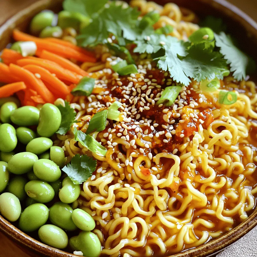 - 2 Packungen Instant-Ramen-Nudeln - 2 Esslöffel Sesamöl - 1 Esslöffel Chili-Knusper - 1 Esslöffel Sojasauce - 1 Teelöffel Reisessig - 1/2 Tasse Edamame (geschält) - 1 Karotte (julienne geschnitten) - 1 Frühlingszwiebel (fein geschnitten) - 1 Esslöffel geröstete Sesamsamen - Frische Koriander- oder Basilikumblätter (optional) - 4 Tassen Gemüsebrühe oder Wasser Die Hauptzutaten in diesem Rezept sind einfach und leicht zu finden. Die Instant-Ramen-Nudeln bieten eine schnelle Grundlage. Sie kochen in nur wenigen Minuten. Sesamöl bringt einen nussigen Geschmack. Chili-Knusper fügt die gewünschte Schärfe hinzu. Edamame und Karotten bringen frische und Textur. Frühlingszwiebeln und Sesamsamen runden das Gericht ab. Frische Kräuter sind optional, aber sie machen die Ramen lebendig. Diese Zutaten machen die Minute Sesam-Chili-Knusper-Ramen einfach und lecker! Zuerst bringst du 4 Tassen Gemüsebrühe oder Wasser zum Kochen. Das Wasser muss sprudelnd sein. Jetzt fügst du die Ramen-Nudeln hinzu. Koche sie für 3 bis 4 Minuten, bis sie weich sind. Nach dem Kochen lässt du die Nudeln abtropfen und stellst sie beiseite. Achte darauf, dass sie nicht kleben bleiben. In einer großen Schüssel mischst du 2 Esslöffel Sesamöl, 1 Esslöffel Chili-Knusper, 1 Esslöffel Sojasauce und 1 Teelöffel Reisessig. Rühre die Mischung gut um, bis alles gut vermischt ist. Du kannst die Schärfe mit mehr oder weniger Chili-Knusper anpassen. Jetzt ist es Zeit, die Nudeln mit der Sauce zu vermengen. Gib die abgetropften Ramen-Nudeln in die Schüssel mit der Sauce. Mische alles vorsichtig, damit die Nudeln gleichmäßig überzogen sind. Füge dann 1/2 Tasse Edamame, die julienne geschnittene Karotte und die Hälfte der geschnittenen Frühlingszwiebel hinzu. Mische alles gut, bis es gleichmäßig verteilt ist. Diese Schritte sind einfach und schnell. Du bist jetzt bereit, deine köstlichen Ramen zu genießen! Garnierungen machen deine Ramen noch besser. Hier sind einige Ideen: - Geröstete Sesamsamen: Sie fügen einen nussigen Geschmack hinzu. - Frühlingszwiebeln: Die restlichen Frühlingszwiebeln bringen Farbe und Frische. - Frische Kräuter: Koriander oder Basilikum sind tolle Optionen. Für mehr Geschmack kannst du die Ramen in Schalen servieren. Füge einen Spritzer Sojasauce hinzu. Das gibt einen umami Kick. Du kannst auch etwas Chili-Knusper obendrauf streuen. So wird es noch würziger und knusprig. Du kannst die Schärfe leicht anpassen. Wenn du es milder magst, reduziere einfach den Chili-Knusper. Probiere mit 1/2 Esslöffel für weniger Hitze. Willst du es schärfer? Füge mehr Chili-Knusper hinzu. Du kannst auch frische Chilis oder Chiliöl verwenden. Diese geben einen zusätzlichen Kick. Zusätzlich kannst du andere Gewürze einfügen. Knoblauchpulver oder Ingwer sorgen für mehr Geschmack. Auch ein Hauch von Limettensaft bringt Frische in die Ramen. Experimentiere mit diesen Optionen, um deine perfekte Ramen-Mischung zu finden. {{image_4}} Du kannst Hähnchen oder Tofu zu deinen Ramen hinzufügen. Beide Optionen sind lecker und nahrhaft. - Hähnchen: Koche das Hähnchen vorher, schneide es in Stücke und füge es zu den Nudeln hinzu. - Tofu: Verwende festen Tofu. Schneide ihn in Würfel und brate ihn knusprig an, bevor du ihn hinzufügst. Für Vegetarier gibt es viele tolle Alternativen. Du kannst Hülsenfrüchte wie Kichererbsen oder Linsen verwenden. Gemüse macht das Gericht bunt und gesund. Du kannst verschiedene Gemüsesorten verwenden, um den Geschmack zu verändern. - Andere Gemüsesorten: Brokkoli, Paprika oder Zucchini passen gut. Schneide sie klein und füge sie zu den Ramen hinzu. - Saisonale Alternativen: Nutze Gemüse, das gerade Saison hat. Es schmeckt frisch und ist meist günstiger. Sei kreativ und probiere neue Kombinationen aus. So bleibt das Rezept spannend! Um die Reste deiner Minute Sesam-Chili-Knusper-Ramen richtig aufzubewahren, gibt es zwei Optionen: Kühlschrank und Gefrierschrank. - Kühlschranklagerung: Fülle die Ramen in einen luftdichten Behälter. So bleiben sie frisch. Die Reste halten sich 3 bis 4 Tage. Erwärme sie einfach in der Mikrowelle oder in einem Topf. - Gefrierschranklagerung: Du kannst die Ramen auch einfrieren. Stelle sicher, dass sie gut verpackt sind. Gefroren halten sie bis zu 2 Monate. Für beste Qualität, erwärme sie nach dem Auftauen langsam. Die Haltbarkeit der Zutaten ist wichtig, um den besten Geschmack zu erhalten. Hier sind einige Tipps zur Lagerung: - Edamame: Frisches Edamame hält sich im Kühlschrank etwa 3 bis 5 Tage. Tiefgefroren bleibt es bis zu 1 Jahr gut. - Karotten: Lagere sie im Gemüsefach des Kühlschranks. Sie bleiben frisch für bis zu 2 Wochen. - Frühlingszwiebeln: Diese sind im Kühlschrank etwa 1 Woche haltbar. Wickel sie in ein feuchtes Tuch, um die Frische zu erhalten. - Sesamöl: Bewahre das Öl an einem kühlen, dunklen Ort auf. Es hält sich bis zu 6 Monate geöffnet. Durch die richtige Lagerung bleiben deine Zutaten frisch und lecker! Die Zubereitung von Minute Sesam-Chili-Knusper-Ramen dauert nur 15 Minuten. Die Vorbereitungszeit beträgt 5 Minuten. In dieser Zeit kochen Sie die Ramen-Nudeln und bereiten die Sauce vor. Die Nudeln benötigen etwa 3-4 Minuten im heißen Wasser oder Gemüsebrühe. Dies macht das Gericht schnell und einfach, perfekt für einen hektischen Tag. Sie können die Zutaten für Minute Sesam-Chili-Knusper-Ramen online oder im Geschäft kaufen. Supermärkte führen oft Instant-Ramen-Nudeln. Sesamöl und Chili-Knusper finden Sie in asiatischen Lebensmittelgeschäften. Auch große Online-Händler wie Amazon bieten diese Produkte an. So finden Sie alles, was Sie brauchen, bequem an einem Ort. Ja, Sie können die Zutaten nach Ihrem Geschmack anpassen. Wenn Sie allergisch sind, können Sie das Gemüse oder die Sauce ändern. Zum Beispiel können Sie Tofu für mehr Protein hinzufügen oder die Karotte durch Paprika ersetzen. Bei Schärfe können Sie die Menge an Chili-Knusper anpassen. So machen Sie das Rezept perfekt für Ihre Vorlieben. Die Minute Sesam-Chili-Knusper-Ramen sind einfach und lecker. Wir haben die Hauptzutaten, die Zubereitung und viele Tipps besprochen. Du kannst deinen Ramen-Geschmack anpassen und sogar verschiedene Proteine und Gemüse hinzufügen. Denke daran, die Reste gut zu lagern. Mit frischen Zutaten hält dein Gericht länger. Um deinen Freunden diese Ramen näherzubringen, probiere die Garnierungen aus. Lass deiner Kreativität freien Lauf! Die Zubereitung kann schnell gehen, sodass du immer wieder schmackhafte Ramen hast. Genieße deine Kocherlebnisse!