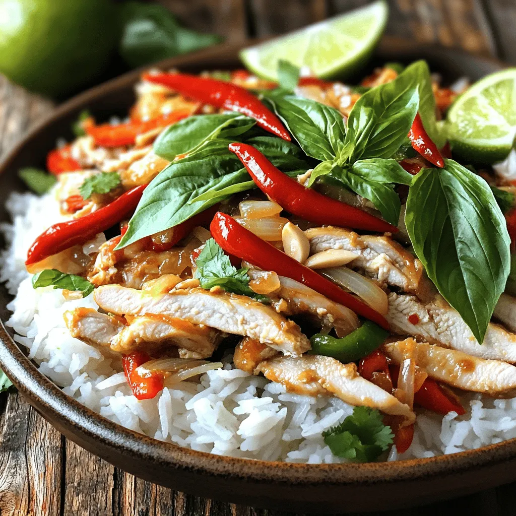 Für dein Spicy Thai Basil Chicken brauchst du folgende Zutaten: - 450 g Hähnchenbrust, dünn geschnitten - 2 Esslöffel Pflanzenöl - 4 Knoblauchzehen, fein gehackt - 2 Schalotten, in Scheiben geschnitten - 2-3 Thai-Vogelaugen-Chilis, fein gehackt - 1 rote Paprika, in Scheiben geschnitten - 1 Tasse frische Thai-Basilikumblätter - 2 Esslöffel Sojasauce - 1 Esslöffel Austernsauce - 1 Esslöffel Fischsauce - 1 Esslöffel Zucker - Gekochter Jasminreis, zum Servieren Wenn du dein Gericht anpassen möchtest, kannst du diese Zutaten verwenden: - Tofu statt Hähnchen für eine vegetarische Option - Brokkoli oder Zucchini für mehr Gemüse - Erdnüsse für einen knackigen Biss - Limettensaft für zusätzliche Frische Frische Zutaten geben dem Gericht den besten Geschmack. Nutze frische Thai-Basilikumblätter, wenn möglich. Getrocknete Kräuter sind nicht gleichwertig. Achte darauf, frische Chilis zu verwenden, um den richtigen Schärfegrad zu erreichen. Wenn du weniger Schärfe möchtest, verwende weniger Vogelaugen-Chilis. Austernsauce und Fischsauce gibt es auch in vegetarischen Varianten. Diese sind ideal für eine pflanzenbasierte Küche. Zuerst musst du das Hähnchen vorbereiten. Schneide 450 g Hähnchenbrust dünn. Dann schnippel 4 Knoblauchzehen und 2 Schalotten. Die Chilis sind wichtig. Nimm 2-3 Thai-Vogelaugen-Chilis und hacke sie fein. Schneide auch eine rote Paprika in Scheiben. Wenn du alles hast, sind die Vorbereitungen abgeschlossen. Erhitze 2 Esslöffel Pflanzenöl in einer großen Pfanne oder einem Wok. Die Hitze sollte mittel bis hoch sein. Füge die gehackten Knoblauchzehen und Schalotten hinzu. Brate sie 1-2 Minuten, bis sie goldbraun sind. Jetzt kommt das Hähnchen in die Pfanne. Koche es 4-5 Minuten, bis es nicht mehr rosa ist. Füge die gehackten Chilis und die rote Paprika hinzu. Rühre alles gut um und koche es für weitere 2 Minuten. In einer kleinen Schüssel vermische 2 Esslöffel Sojasauce, 1 Esslöffel Austernsauce, 1 Esslöffel Fischsauce und 1 Esslöffel Zucker. Rühre gut um, bis alles verbunden ist. Gieße die Sauce über das Hähnchen und das Gemüse. Rühre um, damit alles gleichmäßig bedeckt ist. Lasse es 2-3 Minuten köcheln, damit die Sauce eindickt. Nimm die Pfanne vom Herd und falte 1 Tasse frische Thai-Basilikumblätter unter. Serviere das Gericht heiß mit gekochtem Jasminreis. Timing ist der Schlüssel zu einem köstlichen Gericht. Beginne mit dem Hähnchen. Schneide es dünn, damit es schnell kocht. Brate zuerst den Knoblauch und die Schalotten an, bis sie duften. Dies dauert nur 1-2 Minuten. Füge dann das Hähnchen hinzu. Koche es etwa 4-5 Minuten lang. So bleibt es saftig. Vergiss nicht, die Hitze hoch genug zu halten. So karamelisieren die Aromen. Die Schärfe ist wichtig in diesem Gericht. Thai-Vogelaugen-Chilis bringen den Kick. Du kannst sie nach Geschmack anpassen. Wenn du es milder magst, benutze weniger Chilis. Du kannst auch die Samen entfernen. Für mehr Schärfe, füge zusätzlich Chilis hinzu. Eine gute Idee ist, etwas Chilipulver zu verwenden. Ein kleiner Löffel kann viel bewirken. Die Präsentation macht viel aus. Verwende eine große Schüssel, um das Gericht zu servieren. Garniere es mit frischen Thai-Basilikumblättern. Das sieht toll aus! Lege auch Limettenspalten dazu. Der frische Limettensaft passt perfekt. Du kannst das Gericht auch mit etwas geröstetem Sesam bestreuen. Das gibt einen schönen Crunch. So wird dein Spicy Thai Basil Chicken nicht nur lecker, sondern auch schick! {{image_4}} Du kannst dieses Rezept leicht anpassen. Tausche das Hähnchen gegen Tofu oder Seitan aus. Wähle festen Tofu für die beste Textur. Schneide ihn in kleine Würfel und brate ihn bis er goldbraun ist. Seitan hat einen ähnlichen Biss wie Hähnchen und nimmt die Aromen gut auf. Verwende die gleichen Schritte, um die Soße und die Gewürze hinzuzufügen. So erhältst du eine leckere, vegetarische Option. Wenn du mehr Geschmack willst, probiere verschiedene Gewürze. Füge etwas Ingwer hinzu, um eine warme Note zu bekommen. Du kannst auch einen Spritzer Limettensaft für mehr Frische verwenden. Weitere Optionen sind Koriander oder Sesamöl. Diese Zutaten bringen eine neue Tiefe in dein Gericht. Experimentiere mit der Menge, bis es dir gefällt. Jasminreis ist die perfekte Beilage zu diesem Gericht. Seine zarte Textur passt gut zur Würze. Du kannst auch gebratenes Gemüse oder einen frischen Salat servieren. Diese Beilagen fügen Farbe und Knusprigkeit hinzu. Für einen extra Kick, serviere das Gericht mit frischen Limettenspalten. So kannst du die Säure nach deinem Geschmack anpassen. Um die Reste von feurigem Thai-Basilikum-Hühnchen gut zu lagern, folge diesen Schritten: - Lass das Gericht zuerst auf Raumtemperatur abkühlen. - Fülle das Hühnchen in einen luftdichten Behälter. - Trenne den Jasminreis, wenn du ihn auch aufbewahren willst. - Stelle sicher, dass der Behälter dicht verschlossen ist. So bleiben die Aromen frisch und intensiv. Um das Hühnchen erneut lecker zu machen, gehe so vor: - Erhitze eine Pfanne bei mittlerer Hitze. - Füge einen Spritzer Öl hinzu, um das Ankleben zu verhindern. - Gib das Hühnchen und Gemüse in die Pfanne. - Rühre es vorsichtig um, bis es heiß ist. - Du kannst auch etwas Wasser hinzufügen, um die Feuchtigkeit zu bewahren. Vermeide die Mikrowelle, da sie das Gericht trocken machen kann. Im Kühlschrank hält sich das Thai-Basilikum-Hühnchen bis zu drei Tage. Im Gefrierschrank kannst du es bis zu einem Monat lagern. Um die beste Qualität zu erhalten, verpacke die Reste gut. Nutze gefriergeeignete Behälter oder Beutel. Vergiss nicht, das Datum auf die Verpackung zu schreiben. So weißt du, wann du es zubereitet hast. Die Zubereitung dauert etwa 10 Minuten. Das Kochen selbst braucht ungefähr 15 Minuten. Insgesamt bist du in 25 Minuten fertig. Ja, du kannst die Sauce ganz nach deinem Geschmack anpassen. Wenn du es weniger salzig magst, reduziere die Sojasauce. Für extra Schärfe kannst du mehr Chilis hinzufügen. Du kannst auch die Austernsauce durch eine vegane Alternative ersetzen. Dieses Rezept kommt aus Thailand und ist dort sehr beliebt. Die Kombination von frischem Basilikum, scharfen Chilis und zartem Hähnchen hat viele Fans. Es ist ein typisches Gericht, das oft in Straßenständen angeboten wird. Jasminreis ist die beste Beilage für dieses Gericht. Er passt perfekt zu den würzigen Aromen. Du kannst auch gedämpftes Gemüse oder einen frischen Salat dazu servieren. Das bringt zusätzliche Frische und Farbe auf den Teller. Ja, du kannst eine vegane Version machen. Ersetze das Hähnchen durch Tofu oder Seitan. Verwende eine vegane Austernsauce und Fischsauce. Das Gericht bleibt lecker und passt zu einer pflanzlichen Ernährung. Zusammenfassend haben wir die Zutaten für Spicy Thai Basil Chicken durchgesehen. Du hast die Schritt-für-Schritt-Anleitung erlernt und viele Tipps zur Perfektionierung deines Gerichts erhalten. Variationen wie die vegetarische Option erweitern deine Möglichkeiten. Auch die Lagerungshinweise helfen, Reste optimal zu nutzen. Bedenke, dass Kochen Spaß macht! Experimentiere und passe das Rezept nach deinem Geschmack an. So wird dein Gericht nicht nur lecker, sondern auch einzigartig. Viel Freude beim Kochen!