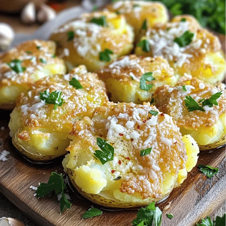 - 680 g Baby-Kartoffeln - 4 Knoblauchzehen, fein gehackt - 120 g geriebener Parmesan Die Baby-Kartoffeln sind perfekt, weil sie klein und zart sind. Sie lassen sich leicht kochen und zerdrücken. Der Knoblauch bringt viel Geschmack. Ich mag frischen Knoblauch, weil er den besten Geschmack hat. Der Parmesan gibt den Kartoffeln eine reiche, salzige Note. Er schmilzt schön und wird knusprig. - 60 ml Olivenöl - 1 Teelöffel Salz - 1/2 Teelöffel schwarzer Pfeffer - Optional: 1/2 Teelöffel rote Pfefferflocken Olivenöl sorgt für eine goldene Farbe und hilft den Kartoffeln, knusprig zu werden. Das Salz hebt die Aromen hervor. Pfeffer gibt den Kartoffeln einen kleinen Kick. Die roten Pfefferflocken sind für die, die es schärfer mögen. Ich finde, sie passen gut zu Knoblauch und Parmesan. - 2 Esslöffel frische Petersilie, gehackt Petersilie bringt Farbe und Frische. Sie ist leicht und schmeckt gut zu den Kartoffeln. Ich streue die Petersilie gerne über die heißen Kartoffeln. So sieht das Gericht noch schöner aus. Frische Kräuter machen jedes Gericht lebendiger. Zuerst bringe einen großen Topf mit Wasser zum Kochen. Du kannst die Baby-Kartoffeln direkt ins Wasser geben. Koche sie für etwa 15 bis 20 Minuten. Sie sind fertig, wenn sie mit einer Gabel leicht durchstochen werden können. Gieße das Wasser ab und lasse die Kartoffeln kurz abkühlen. So kannst du sie besser anfassen. Jetzt kommt der spaßige Teil! Lege die abgekühlten Kartoffeln auf ein Backblech. Verwende eine Gabel oder einen Kartoffelstampfer. Drücke jede Kartoffel vorsichtig auf etwa 1,5 cm Dicke. Achte darauf, die Kartoffeln nicht zu zerdrücken, sondern nur leicht zu plattieren. So bleiben sie knusprig beim Backen. Für die Knoblauch-Ölmischung nimm eine Schüssel. Füge das Olivenöl, die gehackten Knoblauchzehen, das Salz, den Pfeffer und die optionalen roten Pfefferflocken hinzu. Mische alles gut zusammen. Diese Mischung gibt den Kartoffeln einen tollen Geschmack. Jetzt kannst du die zerdrückten Kartoffeln großzügig mit der Knoblauch-Ölmischung bestreichen. Um die perfekte Knusprigkeit zu erreichen, ist die Ofentemperatur sehr wichtig. Heize deinen Ofen auf 230°C vor. Diese hohe Temperatur hilft, die Kartoffeln außen knusprig zu machen. Die Backzeit beträgt etwa 25-30 Minuten. Achte darauf, dass sie goldbraun sind. Wenn du die Kartoffeln zu lange backst, können sie verbrennen. Wenn sie zu kurz gebacken werden, bleiben sie weich. Die Präsentation macht viel aus. Serviere die zerdrückten Kartoffeln auf einer großen Platte. Beträufle sie mit etwas zusätzlichem Olivenöl. Das gibt Glanz und Geschmack. Garnier die Kartoffeln mit frischer Petersilie und Parmesanspänen. Das sieht nicht nur schön aus, sondern schmeckt auch gut. Du kannst die Kartoffeln auch mit Zitronenscheiben anrichten. Das bringt frische Farbe auf den Tisch. Ein häufiger Fehler ist, die Kartoffeln nicht genug zu kochen. Sie sollten zart sein, bevor du sie zerdrückst. Wenn sie zu hart sind, brechen sie nicht gut. Achte darauf, die Kartoffeln gleichmäßig zu zerdrücken. So backen sie gleichmäßig. Ein weiterer Fehler ist, die Knoblauch-Ölmischung nicht gleichmäßig aufzutragen. Verteile die Mischung gut auf jeder Kartoffel. So bekommst du den vollen Geschmack in jedem Bissen. {{image_4}} Du kannst verschiedene Käsesorten verwenden, um neue Geschmäcker zu entdecken. Feta bringt eine salzige, cremige Note. Mozzarella schmilzt schön und macht die Kartoffeln weich und lecker. Für einen kräftigen Geschmack probiere Cheddar oder Gruyère. Diese Käsesorten passen gut zu den Aromen von Knoblauch und Petersilie. Wenn du die roten Pfefferflocken nicht magst, gibt es viele Alternativen. Paprika gibt eine süße Note und milden Geschmack. Curry-Pulver fügt eine exotische Note hinzu. Für etwas mehr Frische verwende Zitronenschale oder frisch gehackten Rosmarin. Experimentiere mit deinen Lieblingsgewürzen, um die perfekte Mischung zu finden. Du kannst das Gericht anpassen, um es zu deiner Hauptspeise zu machen. Serviere die Kartoffeln mit einem frischen Salat oder gegrilltem Gemüse. Sie passen auch hervorragend zu gebratenem Hähnchen oder Steaks. Für ein einfaches Abendessen füge einen Dip aus Joghurt und Kräutern hinzu. So hast du eine leckere und vielseitige Mahlzeit! Um die Smashed Garlic Parmesan Potatoes frisch zu halten, lege die Reste in einen luftdichten Behälter. Achte darauf, die Kartoffeln gut abzukühlen, bevor du sie in den Kühlschrank stellst. So vermeidest du, dass sie matschig werden. Sie bleiben so bis zu drei Tage genießbar. Wenn du die Kartoffeln aufwärmen möchtest, heize deinen Ofen auf 200°C vor. Lege die Kartoffeln auf ein Backblech und backe sie etwa 10 bis 15 Minuten. Das hilft, die Knusprigkeit zurückzubringen. Du kannst auch ein wenig Olivenöl darüber träufeln, um sie noch besser zu machen. Die zubereiteten Kartoffeln sind bis zu drei Tage im Kühlschrank gut. Wenn du sie länger aufbewahren möchtest, friere sie ein. Achte darauf, sie gut zu verpacken. So bleiben sie bis zu zwei Monate haltbar. Wenn du sie aufwärmst, achte darauf, sie gründlich zu erhitzen. Die Kochzeit für Baby-Kartoffeln beträgt etwa 15 bis 20 Minuten. Du solltest sie in einem großen Topf mit Wasser kochen. Bring das Wasser zum Kochen und dann lege die Kartoffeln hinein. Sie sind fertig, wenn du sie leicht mit einer Gabel durchstechen kannst. Ein Tipp: Wenn du die Kartoffeln gleichmäßig garen willst, achte darauf, dass sie ähnliche Größen haben. So kochen sie gleichmäßig und werden zart. Ja, du kannst die Kartoffeln im Voraus zubereiten. Koche die Kartoffeln einfach und lasse sie abkühlen. Dann kannst du sie im Kühlschrank lagern. Wenn du bereit bist zu kochen, zerdrücke die Kartoffeln und bestreiche sie mit der Knoblauch-Ölmischung. Backe sie dann wie im Rezept beschrieben. So sparst du Zeit, wenn du Gäste hast. Zerdrückte Kartoffeln passen gut zu vielen Gerichten. Sie sind perfekt zu gegrilltem Fleisch oder Fisch. Auch zu einem frischen Salat sind sie eine tolle Wahl. Wenn du etwas Vegetarisches willst, probiere sie mit gebratenem Gemüse oder einer cremigen Pilzsoße. Die Möglichkeiten sind endlos! In diesem Artikel ging es um die Zubereitung von köstlichen zerdrückten Kartoffeln. Wir haben die wichtigsten Zutaten wie Baby-Kartoffeln, Knoblauch und Parmesan besprochen. Auch die passenden Gewürze und frischen Kräuter waren wichtig. Die Schritt-für-Schritt-Anleitung hilft dir bei der Zubereitung. Denke an die Tipps für perfekte Knusprigkeit und schöne Garnituren. Variationen mit Käse und Gewürzen geben dir Freiheit beim Kochen. Richtiges Lagern und Aufwärmen der Reste sorgt für Genuss. Mit diesen Infos kannst du dein Gericht perfekt zubereiten und anpassen. Viel Spaß beim Kochen!