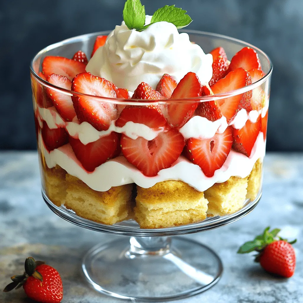 Für dieses leckere Trifle brauchst du: - 2 Tassen frische Erdbeeren, entstielt und in Scheiben geschnitten - 2 Esslöffel Zucker - 2 Tassen Schlagsahne - 1 Tasse Puderzucker - 1 Teelöffel Vanilleextrakt - 8-10 Stücke Shortcake oder Biskuit, in Würfel geschnitten - 1 Tasse Vanillejoghurt - Frische Minzblätter zur Dekoration Diese Zutaten sind die Basis für einen köstlichen Erdbeer-Shortcake-Trifle. Die Erdbeeren bringen Frische und Süße, während die Sahne eine cremige Textur hinzufügt. Der Shortcake sorgt für den perfekten Biss. Du kannst dein Trifle anpassen. Hier sind einige Ideen: - Andere Beeren wie Himbeeren oder Blaubeeren - Schokolade oder Kakaopulver für einen schokoladigen Twist - Kekse statt Shortcake für einen anderen Crunch Diese Variationen machen dein Trifle einzigartig und spannend. Experimentiere mit verschiedenen Geschmäckern, um deine eigene Version zu kreieren. Wenn du Allergien hast, hier sind einige Alternativen: - Kokosnusscreme statt Schlagsahne für eine milchfreie Option - Glutenfreie Kekse oder Kuchen für eine glutenfreie Variante - Honig oder Agavendicksaft statt Zucker für eine gesunde Süße Diese Ersatzstoffe helfen dir, das Trifle für alle zugänglich zu machen. So kann jeder das Dessert genießen, auch mit speziellen Diäten. Die Vorbereitungszeit für das Erdbeer-Shortcake-Trifle beträgt etwa 30 Minuten. Sie sollten zuerst alle Zutaten bereitstellen. Das macht das Kochen einfacher. Achten Sie darauf, frische Erdbeeren zu wählen. Süße Erdbeeren machen das Dessert noch besser. Wenn Sie Zeit sparen möchten, können Sie fertige Shortcakes verwenden. Für die Erdbeeren benötigen Sie 2 Tassen frische, geschnittene Erdbeeren. Geben Sie die Erdbeeren in eine mittelgroße Schüssel. Fügen Sie 2 Esslöffel Zucker hinzu und mischen Sie alles gut. Lassen Sie die Erdbeeren 15 Minuten ruhen. In dieser Zeit geben sie ihren Saft ab. Der Saft sorgt für mehr Geschmack im Trifle. Jetzt machen wir die Sahne. In einer Schüssel die Schlagsahne, 1 Tasse Puderzucker und 1 Teelöffel Vanilleextrakt zusammen schlagen. Mischen Sie alles, bis sich weiche Spitzen bilden. Achten Sie darauf, nicht zu viel zu schlagen. Danach beginnen Sie mit dem Schichten. Nehmen Sie die Hälfte der marinierten Erdbeeren und legen Sie sie auf den Boden eines Trifle-Behälters. Fügen Sie dann eine Schicht Shortcake-Würfel hinzu. Danach kommt eine Schicht Vanillejoghurt und dann die Sahne. Wiederholen Sie diesen Schritt. Beenden Sie mit der Sahne obenauf. Dekorieren Sie das Trifle mit den restlichen Erdbeeren und frischen Minzblättern. Lassen Sie das Trifle mindestens 1 Stunde im Kühlschrank ziehen. So mischen sich die Aromen schön. Um ein perfektes Trifle zu machen, achte auf frische Zutaten. Nutze reife, saftige Erdbeeren für den besten Geschmack. Mische die Erdbeeren mit Zucker und lasse sie ruhen. Dies hilft, den Saft freizusetzen. Schlage die Sahne nicht zu lange, damit sie leicht und luftig bleibt. Das richtige Schichten ist auch wichtig. Beginne mit Erdbeeren, dann Shortcake, Joghurt und Sahne. Wiederhole dies, bis alles aufgebraucht ist. Präsentiere dein Trifle in schönen Gläsern. Das sieht toll aus und macht es charmant. Du kannst jede Schicht sichtbar machen. Garniere die Oberseite mit frischen Erdbeeren und Minzblättern. Das bringt Farbe und Frische. Ein kleiner Spritzer Schokoladensoße kann auch gut passen. Denke daran, das Trifle kühl zu halten, damit es frisch bleibt. Ein häufiger Fehler ist, die Sahne zu übermixen. Achte darauf, dass sie weiche Spitzen bildet. Ein weiterer Fehler ist, zu viel Zucker in die Erdbeeren zu geben. Ein paar Esslöffel sind genug. Lass das Trifle nicht zu lange im Kühlschrank stehen. Es schmeckt am besten, wenn die Aromen frisch sind. Wenn du die Schichten zu fest drückst, wird das Trifle matschig. Sei sanft beim Schichten. {{image_4}} Das Erdbeer-Shortcake-Trifle ist sehr anpassbar. Du kannst verschiedene Früchte verwenden. Probiere Himbeeren, Blaubeeren oder Pfirsiche. Jede Frucht bringt einen eigenen Geschmack. Du kannst auch eine Mischung aus mehreren Früchten verwenden. Das macht dein Trifle bunt und lecker. Achte darauf, den Zucker nach der Süße der Früchte anzupassen. Für eine glutenfreie Version kannst du glutenfreien Shortcake verwenden. Viele Rezepte sind bereits angepasst. Um eine vegane Variante zu machen, ersetze die Schlagsahne durch Kokoscreme oder pflanzliche Sahne. Verwende auch pflanzlichen Joghurt. So bleibt der cremige Geschmack, ohne tierische Produkte. Nutze saisonale Früchte, um dein Trifle anzupassen. Im Frühling sind Erdbeeren top. Im Sommer kannst du mit Pfirsichen und Beeren arbeiten. Im Herbst sind Äpfel und Birnen lecker. Im Winter kannst du auch gefrorene Früchte verwenden. Sie sind praktisch und schnell zubereitet. So bleibt dein Trifle das ganze Jahr über frisch und spannend. Um dein Erdbeer-Shortcake-Trifle frisch zu halten, lagere es in einem luftdichten Behälter. Dadurch bleiben die Aromen erhalten, und es trocknet nicht aus. Wenn du das Trifle in Einzelgläsern servierst, decke sie einfach mit Frischhaltefolie ab. Achte darauf, dass die Folie die Sahne nicht berührt. Das Trifle bleibt im Kühlschrank etwa 3 bis 4 Tage frisch. Nach dieser Zeit können die Zutaten weich werden und die Textur leidet. Um die besten Ergebnisse zu erzielen, genieße das Trifle so schnell wie möglich. Das Erdbeer-Shortcake-Trifle wird kalt serviert. Du musst es nicht aufwärmen. Wenn du das Trifle neu anrichtest, schichte die Zutaten einfach in eine neue Schüssel oder in frische Gläser. Dadurch sieht es ansprechend aus und bleibt frisch. Füge vor dem Servieren frische Erdbeeren und Minzblätter hinzu, um es zu beleben. Das Trifle sollte mindestens 1 Stunde im Kühlschrank ziehen. So verbinden sich die Aromen gut. Wenn Sie mehr Zeit haben, lassen Sie es 2 bis 3 Stunden ruhen. Das verbessert den Geschmack und die Textur. Ja, Sie können viele Früchte verwenden! Himbeeren, Blaubeeren oder Pfirsiche passen gut. Mischen Sie die Früchte nach Ihrem Geschmack. Sie können auch eine Mischung aus verschiedenen Früchten ausprobieren. Ja, es ist möglich! Ersetzen Sie die Schlagsahne mit mehr Vanillejoghurt oder einer veganen Sahne. Das Trifle bleibt lecker und frisch. Achten Sie darauf, die Konsistenz zu prüfen, um das Dessert nicht zu schwer zu machen. Der Erdbeer-Shortcake-Trifle ist einfach und lecker. Wir haben die besten Zutaten und Variationen besprochen. Außerdem habe ich wichtige Tipps zur Zubereitung und Präsentation geteilt. Du kannst dein Trifle anpassen, um Allergien zu berücksichtigen. Denke daran, dein Dessert richtig zu lagern, damit es frisch bleibt. Die Fragen am Ende helfen dir, die besten Entscheidungen zu treffen. Probiere das Rezept aus und genieße es mit Freunden und Familie!