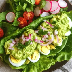 - 4 hartgekochte Eier, grob gehackt - 1 reife Avocado, gut zerdrückt - 2 Esslöffel griechischer Joghurt Die Basis für meinen Avocado-Ei-Salat sind die hartgekochten Eier. Sie liefern Protein und eine tolle Textur. Die reife Avocado bringt einen cremigen Geschmack. Griechischer Joghurt macht die Mischung leicht und frisch. - 1 Esslöffel Dijon-Senf - 1 Esslöffel frischer Limettensaft - 1/4 Tasse rote Zwiebel, fein gehackt Dijon-Senf gibt dem Salat eine schöne Schärfe. Der Limettensaft fügt Frische hinzu. Rote Zwiebel sorgt für einen knackigen Biss und einen milden, süßen Geschmack. - 1/4 Tasse frischer Koriander, gehackt - Radieschen und Kirschtomaten in Scheiben Koriander bringt einen frischen, kräuterigen Geschmack. Radieschen und Kirschtomaten sind hübsche und leckere Beigaben. Sie machen die Wraps bunt und ansprechend. - Fülle einen Topf mit Wasser. - Bringe das Wasser zum Kochen. - Lege die Eier vorsichtig ins Wasser. - Decke den Topf ab und nimm ihn dann vom Herd. - Lass die Eier 12 Minuten im heißen Wasser ruhen. - Bereite ein Eisbad in einer Schüssel vor. - Nimm die Eier aus dem Wasser und lege sie ins Eisbad. - Lass die Eier für mindestens 5 Minuten abkühlen. - Schäle die Eier, wenn sie kühl sind. - Nimm eine große Rührschüssel. - Gib die gehackten Eier in die Schüssel. - Zerdrücke die reife Avocado und füge sie hinzu. - Mische die Zutaten vorsichtig, bis sie cremig sind. - Füge 2 Esslöffel griechischen Joghurt hinzu. - Gib 1 Esslöffel Dijon-Senf und Limettensaft dazu. - Rühre alles gut um, bis sich die Aromen verbinden. - Füge 1/4 Tasse rote Zwiebel und 1/4 Tasse Koriander hinzu. - Würze mit Salz und Pfeffer nach Geschmack. - Wähle 8 große Blätter Kopfsalat aus. - Nimm ein Salatblatt und lege eine Portion der Füllung hinein. - Garnieren ist optional: Verwende Radieschen und Kirschtomaten. - Rolle oder falte das Salatblatt um die Füllung. - Genieße die Wraps sofort frisch und lecker! Um Eier perfekt zu kochen, bringe Wasser in einem Topf zum Kochen. Lege die Eier vorsichtig hinein. Decke den Topf ab und nimm ihn vom Herd. Lass die Eier 12 Minuten im heißen Wasser ruhen. Danach kühle sie schnell in einem Eisbad ab. Das Eisbad hilft, die Eier leichter zu schälen. Um die Schale perfekt zu entfernen, klopfe die Eier leicht auf einer harten Oberfläche. Rolle sie sanft, damit sich die Schale löst. Eine reife Avocado hat eine leicht weiche Schale. Drücke vorsichtig darauf, um den Reifegrad zu testen. Wenn sie sich leicht eindrücken lässt, ist sie perfekt. Lagere reife Avocados bei Raumtemperatur, bis du sie brauchst. Wenn du sie länger aufbewahren möchtest, lege sie in den Kühlschrank. So bleibt die Avocado frisch und lecker. Du kannst die Füllung der Wraps ganz nach deinem Geschmack anpassen. Füge zum Beispiel Feta-Käse oder Nüsse hinzu. Das gibt einen tollen Geschmack. Ändere die Gewürze, um die Wraps interessanter zu machen. Probiere verschiedene Kräuter oder Gewürze aus. So machst du jedes Mal eine neue Variante und hältst die Wraps spannend. {{image_4}} Für eine vegane Option können Sie die Eier durch Kichererbsen ersetzen. Zerdrücken Sie sie leicht, um die Textur zu ändern. Verwenden Sie pflanzlichen Joghurt, um die Cremigkeit zu bewahren. Kokos- oder Sojajoghurt funktionieren hier gut. Diese Substitutionen bieten einen ähnlichen Geschmack und eine tolle Konsistenz. Fügen Sie Feta oder Nüsse für mehr Geschmack und Textur hinzu. Feta bringt eine salzige Note, während Nüsse einen knackigen Biss bieten. Sie können auch frisches Gemüse wie Paprika oder Gurke hinzufügen. Diese Zutaten passen gut zu verschiedenen Geschmäckern. Experimentieren Sie, um Ihre perfekte Mischung zu finden. Richten Sie die Wraps auf einer schönen Platte an. Das sieht nicht nur gut aus, sondern macht auch Appetit. Für Partys oder Picknicks können Sie die Wraps in Portionen schneiden. So sind sie einfach zu essen und jeder kann sie probieren. Achten Sie darauf, die Wraps frisch zu halten, indem Sie sie bis zum Servieren abdecken. Bewahre die Avocado-Ei-Salat-Füllung im Kühlschrank auf. Nutze einen luftdichten Behälter. So bleibt die Füllung frisch. Der Salat hält sich etwa 3 Tage. Achte darauf, dass die Avocado nicht braun wird. Ein Spritzer Limettensaft hilft, die Frische zu bewahren. Die Wraps sind am besten frisch. Wenn du sie vorbereiten willst, mache die Füllung zuerst. Wickel die Salatblätter in ein feuchtes Tuch. So bleiben sie knackig. Du kannst die Füllung auch im Voraus machen. Fülle die Wraps erst kurz vor dem Essen. Hast du Reste? Nutze die Füllung in einem Sandwich. Du kannst sie auch als Dip für Gemüse verwenden. Mit etwas Brot wird ein schnelles Mittagessen daraus. Fühle dich frei, kreativ zu sein. Verwende die restlichen Zutaten in anderen Gerichten. Avocado-Ei-Salat-Wraps halten sich etwa 1 bis 2 Tage im Kühlschrank. Die Frische hängt von den Zutaten ab. Lagern Sie die Wraps in einem luftdichten Behälter. Wenn Sie die Füllung aufbewahren, halten Sie die Salatblätter getrennt. So bleiben sie knackig und frisch. Ja, Sie können die Eier im Voraus kochen. Kochen Sie die Eier, lassen Sie sie abkühlen und schälen Sie sie. Bewahren Sie die geschälten Eier im Kühlschrank auf. Sie bleiben bis zu einer Woche frisch. So sparen Sie Zeit, wenn Sie die Wraps zubereiten möchten. Für Wraps eignen sich viele Salatblätter. Hier sind einige gute Optionen: - Romanasalat - Buttersalat - Eisbergsalat - Spinatblätter Jede Sorte bringt ihren eigenen Geschmack mit. Wählen Sie die Blätter, die Ihnen am besten gefallen. In diesem Artikel habe ich gezeigt, wie man leckere Avocado-Ei-Salat-Wraps zubereitet. Sie lernen die Hauptzutaten kennen und wie man sie sinnvoll kombiniert. Die Schritt-für-Schritt-Anleitung hilft Ihnen, den Salat und die Wraps einfach zuzubereiten. Mit den Tipps und Tricks ist das Kochen leicht und macht Spaß. Denken Sie daran, die Wraps je nach Geschmack anzupassen. Genießen Sie Ihre Kreation beim nächsten Picknick oder Abendessen!