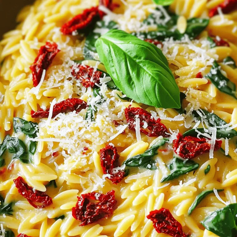 - 1 Tasse Orzo-Nudeln - 1 Tasse getrocknete Tomaten, grob gehackt - 1 Tasse Gemüsebrühe Die Orzo-Nudeln sind klein und formenreich. Sie nehmen die Aromen gut auf. Die getrockneten Tomaten bringen einen intensiven Geschmack. Sie sind ideal für die Cremigkeit. Gemüsebrühe sorgt für einen vollen, herzhaften Geschmack. Diese Zutaten bilden die Basis für das Gericht. - 2 Esslöffel Olivenöl - 1 Teelöffel italienische Gewürzmischung - Salz und Pfeffer nach Geschmack Olivenöl ist ein Muss. Es gibt dem Gericht eine schöne Tiefe. Die italienische Gewürzmischung verleiht einen tollen Geschmack. Salz und Pfeffer sind wichtig für die Balance. Sie runden die Aromen perfekt ab. - 1 Tasse frischer Spinat - ½ Tasse geriebener Parmesan - Frische Basilikumblätter zur Garnierung Frischer Spinat bringt Farbe und Nährstoffe. Er macht das Gericht lebendig und gesund. Geriebener Parmesan sorgt für die Cremigkeit. Die frischen Basilikumblätter sind die perfekte Garnitur. Sie geben einen frischen Kick. Kochen Sie zuerst 1 Tasse Orzo-Nudeln in gesalzenem Wasser. Halten Sie sich an die Anweisungen auf der Verpackung. Sobald die Nudeln al dente sind, gießen Sie sie ab und stellen Sie sie beiseite. Erhitzen Sie 2 Esslöffel Olivenöl in einem großen Topf bei mittlerer Hitze. Fügen Sie 3 fein gehackte Knoblauchzehen hinzu. Dünsten Sie den Knoblauch für etwa 1 Minute, bis er duftet. Jetzt kommen die 1 Tasse grob gehackten getrockneten Tomaten dazu. Lassen Sie sie 2-3 Minuten mitgaren. Gießen Sie 1 Tasse Gemüsebrühe in den Topf und bringen Sie alles zum Simmern. Reduzieren Sie die Hitze auf niedrig. Rühren Sie 1 Tasse Schlagsahne und 1 Teelöffel italienische Gewürzmischung ein. Lassen Sie die Mischung etwa 5 Minuten sanft köcheln. Fügen Sie die gekochten Orzo-Nudeln und 1 Tasse frischen Spinat in den Topf. Rühren Sie alles gut um, bis der Spinat verwelkt ist. Dies dauert etwa 2-3 Minuten. Nehmen Sie den Topf vom Herd. Rühren Sie ½ Tasse geriebenen Parmesan ein und würzen Sie mit Salz und Pfeffer nach Geschmack. Servieren Sie das Gericht warm und garnieren Sie es mit frischen Basilikumblättern. Um die cremige Textur in Ihrem Gericht zu erreichen, ist es wichtig, die richtigen Schritte zu befolgen. Kochen Sie die Orzo-Nudeln nicht zu lange. Sie sollten al dente sein. Wenn Sie die Schlagsahne hinzufügen, lassen Sie die Mischung sanft köcheln. So verbinden sich die Zutaten gut. Rühren Sie die Mischung regelmäßig um. Das sorgt dafür, dass sie nicht anbrennt. Fügen Sie auch den Parmesan nach dem Kochen hinzu. Das macht das Gericht noch cremiger. Fühlen Sie sich frei, mit verschiedenen Zutaten zu experimentieren. Sie können frisches Gemüse wie Erbsen oder Paprika hinzufügen. Das gibt dem Gericht mehr Farbe und Nährstoffe. Auch Protein ist eine gute Idee. Hähnchenbrust oder Garnelen passen gut dazu. Braten Sie das Fleisch einfach zusammen mit dem Knoblauch an. So ziehen die Aromen gut in das Gericht ein. Die Präsentation ist wichtig, um das Gericht ansprechend zu machen. Servieren Sie die Orzo in einer großen Schüssel. Garnieren Sie das Gericht mit frischen Basilikumblättern. Das sieht schön aus und bringt zusätzlichen Geschmack. Ein wenig schwarzer Pfeffer oben drauf macht es noch besser. Nutzen Sie auch einen schönen Teller. So wirkt das Gericht gleich viel einladender. {{image_4}} Für eine vegane Version der cremigen Orzo mit getrockneten Tomaten, tauschen Sie die Schlagsahne gegen pflanzliche Sahne aus. Sie können auch vegane Käsealternativen verwenden. Diese Optionen machen das Gericht genauso lecker und cremig. So bleibt der Geschmack voll und die Textur bleibt schön. Möchten Sie eine glutenfreie Version? Verwenden Sie glutenfreie Orzo-Nudeln anstelle der normalen. Das gibt Ihnen die gleiche Form und den gleichen Geschmack. Achten Sie beim Kauf darauf, dass sie aus Reis oder einer Mischung anderer glutenfreier Körner bestehen. So können Sie das Gericht ohne Bedenken genießen. Wollen Sie das Gericht aufpeppen? Fügen Sie eine Handvoll Nüsse hinzu, wie Pinienkerne oder Walnüsse. Diese geben einen tollen Crunch. Auch frische Kräuter wie Petersilie oder Thymian passen gut dazu. Sie bringen frische Aromen und machen das Gericht noch bunter. Experimentieren Sie mit verschiedenen Zutaten, um Ihren eigenen Twist zu finden! Wie lange bleibt das Gericht frisch? Das Gericht bleibt im Kühlschrank bis zu drei Tage frisch. Lagern Sie es in einem luftdichten Behälter. Achten Sie darauf, dass die Orzo-Nudeln nicht zu trocken werden. Tipps fürs Einfrieren und Auftauen. Sie können das Gericht auch einfrieren. Teilen Sie es in Portionen auf und nutzen Sie gefrierfeste Behälter. Lassen Sie es vor dem Auftauen über Nacht im Kühlschrank. So bleibt der Geschmack erhalten. Beste Methoden zum Aufwärmen des Gerichts. Erwärmen Sie die Orzo in einer Pfanne. Fügen Sie etwas Wasser oder Brühe hinzu, um die Cremigkeit wiederherzustellen. Alternativ können Sie die Mikrowelle nutzen. Erwärmen Sie es in kurzen Intervallen. Rühren Sie gut um, damit es gleichmäßig warm wird. Die Kochzeit für Orzo-Nudeln beträgt etwa 8 bis 10 Minuten. Ich empfehle, die Anleitung auf der Verpackung zu lesen. Nach dem Kochen sollten die Nudeln al dente sein. Achte darauf, sie nach der Kochzeit abzugießen und beiseite zu stellen. So bleiben sie perfekt für die Sauce. Ja, du kannst frische Tomaten verwenden. Frische Tomaten geben dem Gericht eine andere Textur. Sie sind saftiger und weniger intensiv im Geschmack. Ich empfehle, sie vorher zu blanchieren und zu häuten, um die beste Konsistenz zu erreichen. Das Gericht wird dann etwas leichter, aber auch weniger cremig. Zu cremiger Orzo passen viele Beilagen gut. Hier sind einige Ideen: - Gegrilltes Gemüse - Ein frischer grüner Salat - Knuspriges Brot zum Dippen - Gebratene Hähnchenbrust für etwas Protein Diese Beilagen ergänzen die Aromen und machen das Essen noch köstlicher. In diesem Blogbeitrag habe ich die wichtigsten Zutaten und Zubereitungsschritte für ein köstliches Orzo-Gericht vorgestellt. Von Orzo-Nudeln bis zu frischem Spinat und Parmesan—jede Zutat spielt eine Rolle. Denken Sie daran, die Konsistenz sorgfältig anzupassen. Experimentieren Sie mit Variationen, um das Gericht nach Ihrem Geschmack zu ändern. Ich hoffe, Sie genießen dieses Rezept und finden Freude am Kochen!