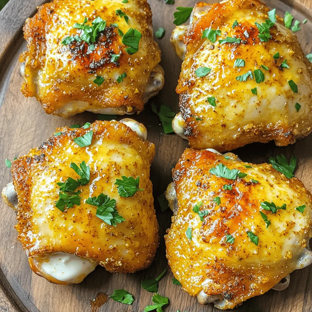 - 4 Hühnchenschenkel mit Knochen und Haut - 2 Esslöffel Ranch-Gewürzmischung - 1 Esslöffel Olivenöl - 1 Teelöffel Knoblauchpulver - 1 Teelöffel Zwiebelpulver - 1/2 Teelöffel Paprika - 1/4 Teelöffel schwarzer Pfeffer - 1/4 Teelöffel Salz - Frische Petersilie zur Garnierung Ich liebe es, mit leckeren Zutaten zu arbeiten. Für die knusprigen Ranch-Hühnchenschenkel brauchst du frische Hühnchenschenkel. Achte darauf, dass sie Haut und Knochen haben. Die Haut sorgt für die Knusprigkeit, die wir alle mögen. Die Ranch-Gewürzmischung gibt dem Hühnchen einen tollen Geschmack. Du kannst sie kaufen oder selbst machen. Das Olivenöl hilft, die Gewürze besser haften zu lassen und macht das Hühnchen saftig. Die Gewürze sind wichtig für den vollen Geschmack. Knoblauchpulver und Zwiebelpulver geben Tiefe. Paprika sorgt für eine schöne Farbe und einen leichten Rauchgeschmack. Schwarzer Pfeffer und Salz heben alles hervor. Vergiss nicht die frische Petersilie! Sie bringt Farbe und einen frischen Geschmack. Nutze diese Zutaten, um dein Gericht zu einem echten Hit zu machen. Tupfe die Hühnchenschenkel mit Papiertüchern trocken. Das ist wichtig für die Knusprigkeit. Feuchtigkeit macht das Hühnchen weich. Wenn die Haut trocken ist, wird sie knusprig im Frittierer. Nimm eine kleine Schüssel. Gib die Ranch-Gewürzmischung, Knoblauchpulver, Zwiebelpulver, Paprika, schwarzen Pfeffer und Salz hinein. Mische alles gut. Diese Mischung gibt dem Hühnchen tollen Geschmack. Du kannst auch mehr oder weniger Gewürze verwenden, je nach deinem Geschmack. Verteile das Olivenöl gleichmäßig über die Hühnchenschenkel. Das Öl hilft, die Gewürze zu halten und die Haut knusprig zu machen. Streue die Gewürzmischung großzügig über die Schenkel. Achte darauf, dass alle Seiten gut bedeckt sind. So wird jedes Stück Hühnchen lecker. Heize die Luftfritteuse auf 200°C (400°F) für etwa 5 Minuten vor. Das sorgt dafür, dass das Hühnchen gleichmäßig gart. Lege die gewürzten Hühnchenschenkel in den Korb. Sie sollten nicht übereinander liegen. So wird das Hühnchen überall knusprig. Nimm die Hühnchenschenkel nach dem Garen heraus. Lass sie etwa 5 Minuten ruhen. Das hilft, die Säfte im Fleisch zu halten. Garniere die Schenkel mit frischer, gehackter Petersilie. Das sieht schön aus und gibt extra Geschmack. - Warum das Hühnchen trocken tupfen wichtig ist Das Trocken tupfen der Hühnchenschenkel ist ein wichtiger Schritt. Feuchtigkeit auf der Haut kann die Knusprigkeit verringern. Wenn du die Schenkel mit Papiertüchern abtrocknest, entfernst du überschüssige Feuchtigkeit. Dies hilft, eine goldene, knusprige Haut zu erzielen. - Verwendung von Backpapier in der Air Fryer Das Hinzufügen von Backpapier kann helfen, die Reinigung zu erleichtern. Es sorgt auch dafür, dass die Schenkel nicht ankleben. Wähle hitzebeständiges Backpapier, das für die Luftfritteuse geeignet ist. So bleibt die Haut knusprig und dein Essen wird gleichmäßig gegart. - Hühnchen Fleischthermometer verwenden Ein Fleischthermometer ist ein nützliches Werkzeug. Es hilft dir, die Innentemperatur des Hühnchens genau zu messen. Das Hühnchen sollte 74°C (165°F) erreichen, um sicher zu sein. Dies stellt auch sicher, dass das Fleisch saftig bleibt. - Hinweise zur optimalen Garzeit Die Garzeit für Hühnchenschenkel liegt normalerweise zwischen 25 und 30 Minuten. Wende die Schenkel nach der Hälfte der Zeit. So garen sie gleichmäßig und die Haut wird schön knusprig. Achte darauf, dass die Schenkel in einer einzigen Schicht liegen. - Hausgemachte Gewürzmischung erstellen Du kannst die Ranch-Gewürzmischung selbst machen. Mische die Gewürze nach deinem Geschmack. Zum Beispiel, füge mehr Knoblauchpulver oder Paprika hinzu, wenn du es würziger magst. Sei kreativ, um deine perfekte Mischung zu finden. - Andere Geschmacksrichtungen ausprobieren Probiere verschiedene Kräuter und Gewürze aus. Du kannst BBQ-Gewürze oder italienische Kräuter verwenden. Auch Zitrone oder Limette kann einen frischen Geschmack bringen. Experimentiere und finde neue Lieblingskombinationen! {{image_4}} Du kannst deine Ranch-Hühnchenschenkel mit verschiedenen Gewürzen aufpeppen. - BBQ-Rubs: Diese Mischung bringt einen rauchigen Geschmack. Mische Paprika, braunen Zucker und etwas Pfeffer für einen süßen Kick. - Zitronen-Kräuter-Marinade: Nutze frischen Zitronensaft, Olivenöl und Kräuter wie Thymian oder Rosmarin. Dieser Mix gibt deinem Hühnchen eine frische Note. Wenn du die Hühnchenschenkel ersetzen möchtest, gibt es viele Optionen. - Für Vegetarier: Blumenkohl-Schenkel sind eine tolle Wahl. Marinier sie wie das Hühnchen und frittiere sie. Sie werden schön knusprig! - Für andere Fleischsorten: Putenkeulen sind eine köstliche Alternative. Sie brauchen vielleicht etwas mehr Zeit zum Garen, aber der Geschmack ist fantastisch. Die richtigen Beilagen machen dein Gericht noch besser. - Rezeptvorschläge für Side-Dishes: Probiere gebratene grüne Bohnen oder Kartoffelpüree. Sie passen gut zu den Hühnchenschenkeln. - Gesunde Salat-Kombinationen: Ein frischer Salat mit Rucola, Tomaten und Gurken ist eine perfekte Ergänzung. Füge ein einfaches Dressing hinzu, um alles abzurunden. Kühlschranklagerung: Bewahre die Hühnchenschenkel nach dem Kochen in einem luftdichten Behälter auf. So bleiben sie frisch. Die Temperatur sollte unter 4 °C liegen. So kannst du sie bis zu drei Tage aufbewahren. Lagerung im Gefrierschrank: Für längere Lagerung lege die Hühnchenschenkel in einen Gefrierbeutel. Entferne so viel Luft wie möglich. So bleiben sie bis zu drei Monate haltbar. Beschrifte den Beutel mit dem Datum, damit du den Überblick behältst. Rezeptideen für Reste: Verwende die Reste der Hühnchenschenkel für leckere Salate oder Wraps. Auch in einem Eintopf machen sie sich gut. Du kannst sie klein schneiden und mit Gemüse vermengen. Verwendung von Hühnchen in anderen Gerichten: Du kannst das Hühnchen auch in Pasta-Gerichten verwenden. Mische es mit einer Sahnesauce oder in einem Curry. Es ist eine einfache Möglichkeit, die Reste schmackhaft zu nutzen. Luftfritteuse vs. Ofen: Die Luftfritteuse ist ideal zum Wiedererwärmen. Sie macht das Hühnchen wieder knusprig. Stelle die Temperatur auf 180 °C und erhitze es für etwa 8-10 Minuten. Vermeidung von trockenem Fleisch: Um trockenes Fleisch zu vermeiden, lege ein wenig Wasser in die Luftfritteuse. Dies hilft, die Feuchtigkeit zu halten. Wenn du den Ofen nutzt, decke das Hühnchen mit Folie ab, um die Feuchtigkeit einzuschließen. Die Zubereitung der Air Fryer Crispy Ranch Chicken Thighs dauert insgesamt etwa 40 Minuten. Die Vorbereitungszeit beträgt etwa 10 Minuten. Die Kochzeit in der Luftfritteuse liegt bei 25 bis 30 Minuten. Während dieser Zeit heizt sich die Luftfritteuse auf 200°C vor. Achte darauf, die Hühnchenschenkel während des Garens einmal zu wenden. Es gibt einige Gründe, warum die Hühnchenschenkel nicht knusprig sind. Erstens, wenn du das Hühnchen nicht trocken tupfst, bleibt es feucht. Feuchtigkeit auf der Haut verhindert die Knusprigkeit. Zweitens, wenn die Schenkel übereinander liegen, gart die Luft nicht gleichmäßig. Die Luftfritteuse braucht Platz, um die heiße Luft zirkulieren zu lassen. Schließlich kann die Gewürzmischung auch zu feucht sein. Stelle sicher, dass du das Olivenöl gleichmäßig verteilst. Ja, du kannst die Hühnchenschenkel ohne Haut zubereiten. Die Zubereitung ist ähnlich, aber die Garzeit kann sich etwas ändern. Hautloses Hühnchen kann schneller garen. Achte darauf, die Innentemperatur von 74°C zu erreichen, um sicherzustellen, dass es durchgegart ist. Du kannst auch etwas mehr Olivenöl verwenden, um das Fleisch saftig zu halten. Zu knusprigen Ranch-Hühnchenschenkeln passen viele Beilagen. Ein einfacher grüner Salat ist immer eine gute Wahl. Du kannst auch gegrilltes Gemüse oder Kartoffelpüree dazu reichen. Für Dips empfehle ich extra Ranch-Dressing oder eine scharfe Sauce. Diese Kombinationen ergänzen den Geschmack des Hühnchens perfekt. Die Zubereitung von knusprigen Ranch-Hühnchenschenkeln ist einfach und macht Spaß. Mit den richtigen Zutaten und einem klaren Schritt-für-Schritt-Plan gelingt dir ein köstliches Gericht. Denk an die Tipps für mehr Knusprigkeit und Variationen für zusätzlichen Geschmack. Vergiss nicht, deine Reste gut zu lagern. Diese Hühnchenschenkel werden sicher zum Hit, egal ob für ein schnelles Abendessen oder eine Feier. Genieß die Vielfalt und finde deinen Lieblingsstil. Koche einfach und genieße den leckeren Geschmack!