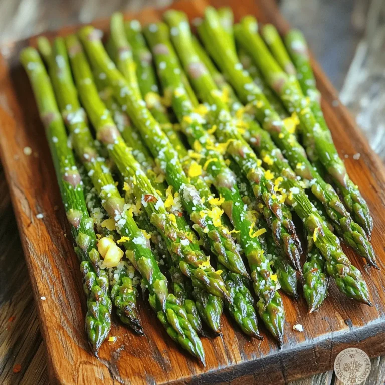 Für das Rezept benötigst du folgende Hauptzutaten: - 450 g frischer Spargel, geputzt - 4 Knoblauchzehen, fein gehackt - 3 Esslöffel Olivenöl - Schale von 1 Zitrone - 2 Esslöffel frischer Zitronensaft - Salz und Pfeffer nach Geschmack Diese Zutaten bilden die Basis für den leckeren Spargel. Frischer Spargel bringt den besten Geschmack. Der Knoblauch sorgt für ein tolles Aroma. Die Zitrone gibt dem Gericht eine frische Note. Zusätzlich benötigst du einige Gewürze und Dressings: - 1/4 Teelöffel zerdrückte rote Pfefferflocken (optional) Diese Pfefferflocken fügen etwas Schärfe hinzu. Du kannst sie weglassen, wenn du es milder magst. Salz und Pfeffer sind wichtig, um den Geschmack zu heben. Falls du dein Gericht noch mehr verfeinern möchtest, sind hier optionale Zutaten: - 2 Esslöffel geriebener Parmesan (optional) Der Parmesan gibt dem Spargel eine cremige Konsistenz und einen reichen Geschmack. Du kannst ihn in den letzten Minuten des Röstens hinzufügen. Experimentiere mit diesen Zutaten, um deinen perfekten Spargel zu finden! Zuerst musst du den Spargel waschen und die holzigen Enden abschneiden. Nimm 450 g frischen Spargel und lege ihn auf ein Schneidebrett. Du kannst den Spargel leicht biegen. Dort, wo er bricht, ist das Ende, das du entfernen solltest. Dieser Schritt sorgt dafür, dass dein Spargel zart und lecker ist. Nimm eine große Schüssel und füge die folgenden Zutaten hinzu: - 4 Knoblauchzehen, fein gehackt - 3 Esslöffel Olivenöl - Schale von 1 Zitrone - 2 Esslöffel frischer Zitronensaft - Salz und Pfeffer nach Geschmack - 1/4 Teelöffel zerdrückte rote Pfefferflocken (optional) Vermische alles gut. Der Knoblauch gibt einen tollen Geschmack. Die Zitrone sorgt für Frische. Wenn du es scharf magst, füge die roten Pfefferflocken hinzu. Heize deinen Ofen auf 220°C vor. Lege ein Backblech mit Backpapier aus. Das macht die Reinigung einfach. Gib den geputzten Spargel in die Schüssel mit der Marinade. Wende ihn vorsichtig, damit jede Stange gut überzogen ist. Verteile den Spargel gleichmäßig auf dem Blech. Röste ihn 12-15 Minuten. Er sollte zart sein und an den Spitzen knusprig werden. Wenn du magst, streue in den letzten 2 Minuten 2 Esslöffel geriebenen Parmesan darüber. Nimm den Spargel nach dem Rösten aus dem Ofen und lass ihn ein paar Minuten abkühlen. So bleibt er schön saftig. Um den Spargel perfekt zu rösten, wähle frischen, festen Spargel. Achte darauf, die Enden zu brechen, wo sie natürlich knacken. Diese Technik entfernt die harten Teile. Ein guter Trick ist, den Spargel gleichmäßig auf dem Blech zu verteilen. So rösten alle Stücke gleich gut. Verwende immer frischen Knoblauch. Das hebt den Geschmack stark an. Auch die Zitronenschale macht einen großen Unterschied. Die Garzeit für den Spargel liegt bei 12-15 Minuten. Du kannst ihn nach 10 Minuten prüfen. Wenn die Enden leicht knusprig sind, ist er bereit. Zu lange Rösten macht ihn weich und matschig. Wenn du Parmesan hinzufügst, achte darauf, ihn in den letzten 2 Minuten zu streuen. So bleibt er schön geschmolzen und goldbraun. Um den Spargel interessanter zu machen, kannst du verschiedene Zutaten hinzufügen. Probiere, ein wenig Balsamico-Essig vor dem Servieren darüber zu träufeln. Das gibt eine süß-saure Note. Auch gehackte Mandeln oder Pinienkerne bringen einen tollen Crunch. Frische Kräuter wie Petersilie oder Basilikum sind ebenfalls eine gute Wahl. Sie sorgen für Farbe und zusätzlichen Geschmack. {{image_4}} Wenn du diese leckere Beilage vegan machen möchtest, lass einfach den Parmesan weg. Der Spargel bleibt trotzdem frisch und lecker. Du kannst auch Hefeflocken hinzufügen. Sie geben einen tollen, käsigen Geschmack. Diese Alternative ist perfekt für alle, die vegan essen. Um mehr Tiefe und Geschmack zu erzielen, kannst du einige zusätzliche Zutaten hinzufügen. Beispielsweise passen Cherry-Tomaten gut dazu. Sie bringen Süße und Farbe. Auch Mandeln oder Pinienkerne geben einen schönen Crunch. Röste sie einfach kurz mit dem Spargel. Das sorgt für eine tolle Textur und macht das Gericht interessanter. Der Zitronen-Knoblauchgeröstete Spargel ist von Natur aus glutenfrei. Du brauchst dir keine Sorgen um Gluten zu machen. Achte nur darauf, dass alle zusätzlichen Zutaten, wie der Parmesan, ebenfalls glutenfrei sind. So kannst du dieses Gericht ohne Bedenken genießen. Nach dem Rösten ist es wichtig, den Spargel richtig zu lagern. Du solltest den Spargel in einem luftdichten Behälter aufbewahren. So bleibt er frisch und lecker. Im Kühlschrank hält er sich etwa 3 bis 5 Tage. Wenn du ihn länger aufbewahren möchtest, ist das Einfrieren eine gute Option. Um den Spargel einzufrieren, lege ihn zuerst auf ein Backblech. Achte darauf, dass die Stangen nicht übereinander liegen. So friert er gleichmäßig ein. Lass ihn für etwa 1 bis 2 Stunden gefrieren. Danach kannst du ihn in einen luftdichten Gefrierbeutel geben. So bleibt er bis zu 3 Monate haltbar. Vor dem Kochen musst du den Spargel nicht auftauen; du kannst ihn direkt aus dem Gefrierfach in den Ofen geben. Um den Spargel wieder aufzuwärmen, gibt es ein paar einfache Schritte. Heize deinen Ofen auf 180°C vor. Lege den Spargel auf ein Backblech und beträufle ihn leicht mit Olivenöl. Röste ihn für etwa 5 bis 10 Minuten, bis er heiß ist. Du kannst auch die Mikrowelle verwenden, aber der Ofen bringt den besten Geschmack zurück. Das Rösten von Spargel dauert etwa 12 bis 15 Minuten. Du solltest den Ofen auf 220°C vorheizen. Achte darauf, dass der Spargel zart und leicht knusprig wird. Wenn du ihn zu lange röstest, wird er matschig. Überprüfe den Spargel nach 12 Minuten. Ja, gefrorener Spargel ist eine gute Option. Er spart Zeit und ist oft kostengünstiger. Achte darauf, den gefrorenen Spargel vorher nicht zu dämpfen oder zu kochen. Du kannst ihn direkt aus der Tüte in die Marinade geben. Röste ihn jedoch für 2 bis 3 Minuten länger. Zitronen-Knoblauchgerösteter Spargel passt gut zu vielen Gerichten. Hier sind einige Vorschläge: - Gegrilltes Hähnchen - Gebratenen Lachs - Quinoa-Salat - Pasta mit Pesto - Reisgerichte Diese Beilagen ergänzen den frischen Geschmack des Spargels wunderbar. In diesem Blogbeitrag haben wir die besten Zutaten und Tipps für Zitronen-Knoblauchgerösteten Spargel behandelt. Wir haben die Zubereitungsschritte beleuchtet und hilfreiche Tricks für das perfekte Rösten gegeben. Zudem habt ihr Variationen wie vegetarische oder glutenfreie Optionen kennengelernt. Jetzt braucht ihr nur noch die richtigen Zutaten und etwas Geduld beim Rösten. Experimentieren kann Spaß machen und neue Aromen bringen. Nutzt die Tipps, um euren Spargel zu perfektionieren. Guten Appetit!