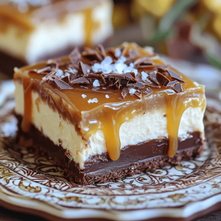 Für diese leckeren No-Bake Salted Caramel Chocolate Cheesecake Bars brauchst du: - 1 ½ Tassen Graham-Cracker-Brösel - ½ Tasse ungesalzene Butter, geschmolzen - 2 Tassen Frischkäse, weich - 1 Tasse Puderzucker - 1 Teelöffel Vanilleextrakt - 1 Tasse Schlagsahne - 1 Tasse Schokoladenstückchen (dunkel oder halbsüß) - ½ Tasse Karamellsauce (hausgemacht oder gekauft) - Flakes Meersalz zum Garnieren Die Qualität der Zutaten macht einen großen Unterschied. Verwende frischen Frischkäse für eine cremige Füllung. Achte darauf, dass die Butter ungesalzen ist. So kontrollierst du den Salzgehalt besser. Nimm echte Vanilleextrakte, wenn möglich. Sie geben den Bars einen tieferen Geschmack. Wähle hochwertige Schokoladenstückchen. Dunkle Schokolade sorgt für einen reichen, intensiven Geschmack. Karamellsauce kann selbst gemacht oder gekauft sein. Selbstgemachte Sauce ist oft frischer und schmackhafter. Für glutenfreie Bars, nutze glutenfreie Graham-Cracker. Du kannst auch Mandeln oder Kokosnüsse als Basis verwenden. Vegane Optionen sind möglich. Verwende veganen Frischkäse und Kokosnusscreme statt Schlagsahne. Für zuckerfreie Alternativen, probiere Süßstoffe wie Stevia oder Erythrit. Achte darauf, dass alle anderen Zutaten ebenfalls zuckerfrei sind. Diese Anpassungen helfen, die Bars für jeden geeignet zu machen. Um die Kruste zu machen, nimm eine mittlere Schüssel. Vermenge die Graham-Cracker-Brösel mit der geschmolzenen Butter. Rühre gut, bis die Brösel gleichmäßig benetzt sind. Lege eine 20x20 cm große Backform mit Backpapier aus. Gib die Krusten-Mischung in die Form. Drücke sie mit der Rückseite eines Messbechers fest, damit sie gleichmäßig ist. Lass die Kruste 15 Minuten im Kühlschrank kalt werden. Jetzt geht es an die Füllung! Nimm eine große Rührschüssel und gib den weichen Frischkäse hinein. Mit einem elektrischen Mixer rühre auf niedriger Stufe, bis der Frischkäse glatt ist. Füge nach und nach den Puderzucker und den Vanilleextrakt hinzu. Mixe weiter, bis die Mischung cremig ist. In einer anderen Schüssel schlage die Schlagsahne, bis sich weiche Spitzen bilden. Füge die Schlagsahne vorsichtig in die Frischkäse-Mischung. Rühre, bis alles gut vermischt und fluffig ist. Gieße die Hälfte der Käsekuchenfüllung gleichmäßig über die gekühlte Kruste. Glätte die Oberfläche und träufle die Hälfte der Karamellsauce darüber. Mit einem Messer oder Spachtel swirle die Karamellsauce. Verteile die restliche Füllung auf dieser Schicht und glätte sie wieder. Träufle die restliche Karamellsauce dazu. Decke die Form mit Frischhaltefolie ab. Lass sie mindestens 4 Stunden im Kühlschrank fest werden. Nach dem Festwerden hebe die Bars mit dem Backpapier aus der Form. Schneide sie in quadratische Stücke und garniere jedes Stück mit Flakes Meersalz für den extra Geschmack. Um eine perfekte Kruste zu machen, benutze frische Graham-Cracker-Brösel. Mische sie gut mit geschmolzener Butter. Drücke die Mischung fest in die Backform. Das sorgt für Stabilität. Lass die Kruste dann für 15 Minuten im Kühlschrank. So wird sie fest und lecker. Du kannst Karamellsauce selbst machen oder eine gekaufte verwenden. Für hausgemachte Sauce schmelze Zucker in einem Topf. Rühre, bis er goldbraun wird. Füge dann Sahne hinzu und rühre gut um. Für einen besonderen Kick kannst du auch ein wenig Meersalz hinzufügen. Das macht den Geschmack noch besser! Schlagsahne wird fluffig, wenn du sie richtig schlägst. Benutze kalte Schlagsahne aus dem Kühlschrank. Schlage sie mit einem Mixer auf hoher Stufe. Achte darauf, nicht zu lange zu schlagen. Wenn sie steife Spitzen hat, ist sie perfekt. Füge die Schlagsahne zuletzt vorsichtig zur Frischkäse-Mischung hinzu. So bleibt sie luftig und leicht. {{image_4}} Wenn du die Schokoladenstückchen ändern möchtest, hast du viele Optionen. Du kannst weiße Schokolade verwenden, um einen süßen Kontrast zu schaffen. Zartbitterschokolade bringt einen reichhaltigen Geschmack. Für eine knackige Textur probiere Kakaonibs. Diese kleinen Stücke geben einen tollen Crunch und sind weniger süß. Beeren können die Bars frisch und fruchtig machen. Himbeeren oder Erdbeeren passen perfekt. Du kannst pürierte Beeren in die Käsekuchenfüllung mixen. Das gibt einen tollen Farb- und Geschmacksakzent. Auch frische Beeren oben drauf machen die Bars noch schöner. Es gibt Möglichkeiten, die Bars glutenfrei zu machen. Verwende glutenfreie Kekse anstelle von Graham-Crackern. Für eine vegane Version kannst du pflanzliche Butter und veganen Frischkäse nutzen. Verwende auch pflanzliche Schlagsahne. Diese Variationen sind lecker und für jeden geeignet. Um die No-Bake Salted Caramel Chocolate Cheesecake Bars frisch zu halten, lege sie in einen luftdichten Behälter. Stelle sicher, dass der Behälter gut verschlossen ist, damit keine Luft eindringt. Du kannst die Bars auch mit Frischhaltefolie abdecken. Das verhindert, dass sie austrocknen. Wenn du die Bars im Kühlschrank aufbewahrst, halten sie bis zu einer Woche. Achte darauf, dass sie nicht zu lange stehen. Nach ein paar Tagen könnte die Textur leicht verändern. Wenn du sie gut lagerst, bleibt der Geschmack jedoch frisch und köstlich. Das Einfrieren ist eine tolle Option, wenn du die Bars länger aufbewahren möchtest. Schneide die Bars in Stücke und lege sie in ein luftdichtes Behältnis. Du kannst auch Backpapier zwischen die Schichten legen. So kleben sie nicht zusammen. Die Bars halten im Gefrierfach bis zu drei Monate. Lass sie vor dem Servieren einfach im Kühlschrank auftauen. Ja, du kannst die Bars im Voraus zubereiten. Sie halten sich gut im Kühlschrank. Bereite sie bis zu zwei Tage vorher vor. Lagere sie in einem luftdichten Behälter. So bleiben sie frisch und lecker. Du kannst die Süße leicht anpassen. Wenn du es weniger süß magst, reduziere den Puderzucker. Probiere auch weniger Karamellsauce. Alternativ kannst du auch Honig oder Agavendicksaft verwenden. Diese Optionen sind süßer. Achte darauf, die Konsistenz nicht zu ändern. Wenn du keinen Frischkäse magst, gibt es viele Alternativen. Du kannst griechischen Joghurt verwenden. Er gibt eine ähnliche Cremigkeit. Cashew-Creme ist eine weitere gute Option. Sie ist vegan und hat einen tollen Geschmack. Probier auch Tofu, um eine leichte Option zu haben. Diese Anleitung gibt dir alles, um perfekte Käsekuchen-Riegel zu machen. Wir haben hochwertige Zutaten, Schritt-für-Schritt-Anleitungen und viele hilfreiche Tipps geteilt. Denke an Variationen und Lagerung, um die Riegel noch besser zu genießen. Du kannst sie anpassen und bei Bedarf einfrieren. Mit unseren Antworten auf häufige Fragen bist du bestens informiert. Viel Spaß beim Backen und Ausprobieren deiner eigenen Kreationen!