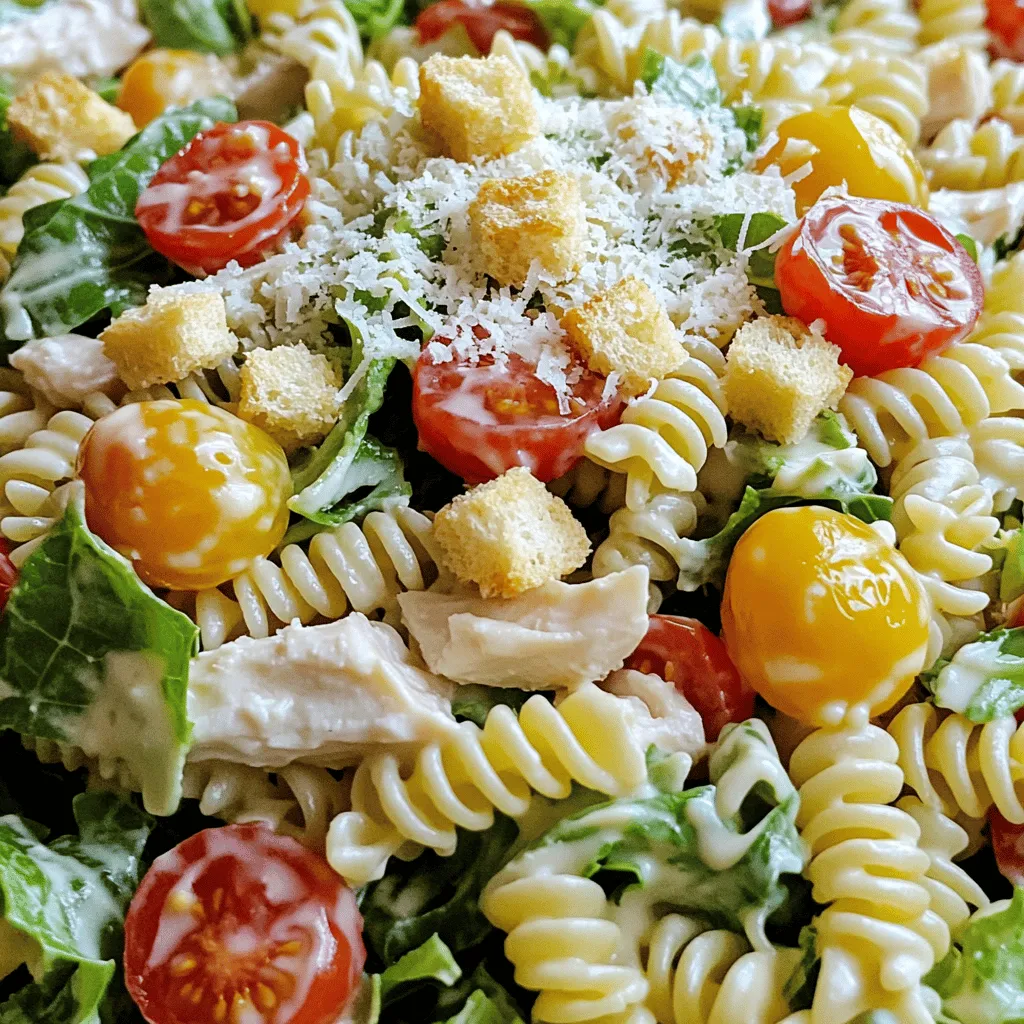 Für den perfekten Hähnchen Caesar Pasta Salat benötigst du folgende Hauptzutaten: - 2 Tassen Fusilli-Nudeln - 450 g gekochte Hähnchenbrust, gewürfelt - 1 Tasse Romanasalat, gehackt - ½ Tasse Kirschtomaten, halbiert - ¼ Tasse geriebener Parmesan - ½ Tasse Caesar-Dressing - 2 Esslöffel Zitronensaft - 1 Teelöffel Knoblauchpulver - Salz und Pfeffer nach Geschmack Diese Zutaten bilden die Basis für deinen Salat. Die Fusilli-Nudeln bringen eine schöne Textur mit. Das Hähnchen sorgt für Protein. Der Romanasalat gibt Frische, während die Kirschtomaten einen süßen, saftigen Biss hinzufügen. Parmesan verleiht dem Salat einen tollen Geschmack. Um den Geschmack noch zu verbessern, kannst du einige optionale Zutaten hinzufügen: - Croûtons zum Bestreuen Croûtons geben deinem Salat einen extra Crunch. Sie sind knusprig und machen jeden Bissen aufregender. Du kannst sie im Laden kaufen oder selbst machen. Einfach Brot würfeln und im Ofen rösten. Wähle frische und hochwertige Zutaten für den besten Geschmack. Achte beim Kauf der Kirschtomaten auf eine leuchtende Farbe. Der Romanasalat sollte knackig und grün sein. Für das Hähnchen ist frisches, mageres Fleisch ideal. Der Parmesan sollte frisch gerieben sein, damit er besser schmilzt und sich verteilt. Verwende ein gutes Caesar-Dressing für den besten Geschmack. Schau auch nach Bio-Zutaten, wenn möglich. Zuerst koche die Fusilli-Nudeln. Nimm einen großen Topf und fülle ihn mit Wasser. Bringe das Wasser zum Kochen und füge dann die Nudeln hinzu. Koche sie nach den Anweisungen auf der Verpackung, bis sie al dente sind. Das dauert etwa 8 bis 10 Minuten. Wenn sie fertig sind, gieße sie ab. Spüle die Nudeln unter kaltem Wasser ab. Das stoppt den Garprozess und kühlt sie ab. Jetzt bereite die anderen Zutaten vor. Schneide die gekochte Hähnchenbrust in kleine Würfel. Nimm eine Tasse Romanasalat und hacke ihn grob. Halbiere die Kirschtomaten. Lege alle Zutaten in eine große Schüssel. Diese Schritte sorgen für eine bunte und frische Mischung. Gieße das Caesar-Dressing über die Nudeln und die anderen Zutaten. Füge 2 Esslöffel Zitronensaft hinzu. Streue 1 Teelöffel Knoblauchpulver, Salz und Pfeffer nach Geschmack darüber. Vermenge alles vorsichtig, bis jedes Stück gut mit Dressing überzogen ist. Jetzt ist es Zeit für den Käse! Streue ¼ Tasse geriebenen Parmesan darüber und mische alles erneut. Wenn du magst, füge etwas Croûtons für den Crunch hinzu. Stelle den Salat für mindestens 30 Minuten in den Kühlschrank. So ziehen die Aromen gut durch. Um die perfekte Konsistenz zu erreichen, achte auf die Nudeln. Koche die Fusilli-Nudeln al dente. So bleiben sie fest und knackig. Spüle sie danach mit kaltem Wasser ab. Das stoppt das Kochen und kühlt die Nudeln schnell. Mische die anderen Zutaten vorsichtig unter. So vermeidest du matschige Nudeln im Salat. Verfeinere den Geschmack mit frischen Kräutern. Petersilie oder Basilikum passen gut. Füge auch etwas Zitronenschale hinzu. Das bringt Frische in den Salat. Für eine würzige Note kannst du weitere Gewürze nutzen. Paprikapulver oder Chili-Flocken geben ein wenig Schärfe. Probiere auch verschiedene Käsesorten. Feta oder Gouda können neue Geschmäcker bringen. Ein häufiger Fehler ist, den Salat zu lange stehen zu lassen. Aromen ziehen gut durch, aber nicht zu lange. Nach 30 Minuten im Kühlschrank ist der Salat perfekt. Ein weiterer Fehler ist zu viel Dressing. Es kann den Salat matschig machen. Beginne mit weniger und füge nach Bedarf mehr hinzu. Vermeide auch, die Zutaten zu grob zu schneiden. Kleinere Stücke lassen sich besser mischen und essen. {{image_4}} Wenn du eine vegetarische Version des Hähnchen Caesar Pasta Salats möchtest, ersetze das Hähnchen. Kichererbsen sind eine tolle Wahl. Sie sind proteinreich und machen den Salat sättigend. Du kannst auch gegrillten Tofu verwenden. Schneide ihn in Würfel und brate ihn leicht an. Füge die gleichen frischen Zutaten wie Romanasalat und Tomaten hinzu. Das Caesar-Dressing passt weiterhin gut. Für eine glutenfreie Option wähle glutenfreie Fusilli-Nudeln. Diese Nudeln sind in vielen Supermärkten erhältlich. Koche sie wie die normalen Fusilli. Sie schmecken fast gleich und halten die Textur gut. Alternativ kannst du Zucchini-Nudeln verwenden. Spiralisiere einfach frische Zucchini und vermenge sie mit den anderen Zutaten. Um deinen Salat interessanter zu machen, füge kreative Zutaten hinzu. Gegrillte Paprika oder Avocado bringen eine tolle Textur. Du kannst auch Oliven für einen salzigen Kick einfügen. Für etwas Süße sind getrocknete Cranberries oder frische Mango ideal. Experimentiere mit verschiedenen Käsesorten wie Feta oder Gouda. Diese Variationen machen den Salat spannend und frisch. Um deinen Hähnchen Caesar Pasta Salat frisch zu halten, lagere ihn in einem luftdichten Behälter. Achte darauf, dass der Salat gut abgedeckt ist, um das Austrocknen zu verhindern. Wenn du den Salat für später aufbewahren möchtest, stelle ihn direkt nach der Zubereitung in den Kühlschrank. Der Salat hält sich im Kühlschrank etwa drei Tage. Um ihn wieder frisch zu machen, füge etwas neues Dressing hinzu. Das belebt die Aromen und macht den Salat schmackhafter. Bei der Wiederverwendung kannst du auch frische Zutaten wie Romanasalat oder Kirschtomaten hinzufügen. So bleibt der Salat knackig und lecker. Achte auf Veränderungen in der Farbe oder Textur des Salats. Wenn der Romanasalat welk aussieht oder der Käse eine gräuliche Farbe hat, ist es Zeit, ihn wegzuwerfen. Auch ein unangenehmer Geruch ist ein sicheres Zeichen dafür, dass der Salat nicht mehr gut ist. Wenn du Zweifel hast, ist es besser, auf Nummer sicher zu gehen und den Salat zu entsorgen. Ja, du kannst den Salat im Voraus machen. Bereite ihn bis zu zwei Tage vorher vor. Lagere ihn in einem luftdichten Behälter im Kühlschrank. Lass die Croûtons weg, bis du servierst. So bleiben sie knusprig und frisch. Es gibt viele Möglichkeiten, den Salat zu ändern. Füge zum Beispiel Avocado für mehr Cremigkeit hinzu. Du kannst auch gebratene Paprika oder Oliven einmischen. Für einen schärferen Geschmack, nutze scharfe Soße. Experimentiere mit verschiedenen Käsesorten wie Feta oder Gouda. Der Hähnchen Caesar Pasta Salat hat gesunde Zutaten. Hähnchen ist eine gute Eiweißquelle. Romanasalat bringt viele Vitamine und Ballaststoffe. Achte auf die Menge des Dressings. Es kann viel Fett enthalten. Verwende ein leichteres Dressing oder weniger davon, wenn du magst. Dieser Artikel stellte die Grundlagen für einen Hähnchen Caesar Pasta Salat vor. Wir sahen uns die besten Zutaten, die Zubereitung und praktische Tipps an. Variationen und Aufbewahrungskonzepte bieten viele Optionen. Denke daran, frische Zutaten zu wählen und häufige Fehler zu vermeiden. Mit diesem Wissen kannst du ihn perfekt zubereiten. Probiere deine eigenen Ideen aus und genieße den Salat!
