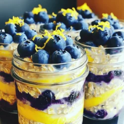 Für die Zitronen-Blaubeer Overnight Oats brauchst du: - 1 Tasse Haferflocken (gerollt) - 1 Tasse Mandelmilch (oder Milch nach Wahl) - 1/2 Tasse griechischer Joghurt - Abgeriebene Schale von 1 Zitrone - 2 Esslöffel frischer Zitronensaft - 1 Esslöffel Ahornsirup oder Honig - 1 Tasse frische Blaubeeren - 1/2 Teelöffel Vanilleextrakt - 1/2 Teelöffel Chia-Samen (optional) - Prise Salz Diese Zutaten bringen einen frischen Geschmack und eine gesunde Basis für dein Frühstück. Du kannst einige Zutaten anpassen, um deinen eigenen Stil zu finden: - Füge Nüsse wie Mandeln oder Walnüsse hinzu. - Verwende verschiedene Beeren wie Himbeeren oder Erdbeeren. - Ersetze den Ahornsirup durch Agavendicksaft für eine andere Süße. - Experimentiere mit Gewürzen wie Zimt oder Muskatnuss für zusätzlichen Geschmack. Mit diesen Optionen kannst du die Overnight Oats nach deinem Geschmack gestalten. Jede Zutat hat ihre eigenen Vorteile: - Haferflocken: Reich an Ballaststoffen, gut für die Verdauung. - Mandelmilch: Kalorienarm und laktosefrei, ideal für viele Diäten. - Griechischer Joghurt: Hoch an Protein, fördert die Muskulatur. - Zitrone: Liefert Vitamin C und hat einen erfrischenden Geschmack. - Blaubeeren: Vollgepackt mit Antioxidantien, gut für die Gesundheit. Diese Mischung sorgt für ein nahrhaftes und ausgewogenes Frühstück, das dich lange satt hält. Zuerst benötige ich eine große Rührschüssel. Dort gebe ich die Haferflocken, die Chia-Samen und eine Prise Salz. Ich vermische sie gut. So stelle ich sicher, dass die Chia-Samen gleichmäßig verteilt sind. Diese Mischung gibt den Overnight Oats Struktur und Nährstoffe. Es ist wichtig, diesen Schritt richtig zu machen, um die richtige Textur zu erreichen. Jetzt nehme ich eine separate Schüssel. Dort gebe ich die Mandelmilch, den griechischen Joghurt, die Zitronenschale und den Zitronensaft. Ich füge den Ahornsirup oder Honig hinzu und gieße auch den Vanilleextrakt hinein. Dann schlage ich alles gut durch, bis die Mischung glatt ist. Diese flüssige Basis macht die Oats cremig und lecker. Die frische Zitronennote sorgt für einen tollen Geschmack. Nun kommt der spannende Teil. Ich gieße die flüssige Mischung über die trockenen Zutaten. Jetzt rühre ich alles gut um, bis die Haferflocken komplett benetzt sind. Dann hebe ich die frischen Blaubeeren vorsichtig unter. Es ist wichtig, sie nicht zu zerdrücken, damit sie ganz bleiben. Ich teile die Mischung auf zwei Gläser oder Behälter auf. Anschließend verschließe ich die Behälter und stelle sie über Nacht in den Kühlschrank. So können die Haferflocken weich werden. Am Morgen rühre ich die Oats nochmals um. Wenn sie zu dick sind, füge ich einen Spritzer Milch hinzu. Vor dem Servieren garniere ich sie mit extra Blaubeeren und etwas Zitronenschale. Um die besten Overnight Oats zu machen, achte auf die richtigen Zutaten. Verwende frische Blaubeeren für den besten Geschmack. Du kannst auch gefrorene verwenden, aber frische sind aromatischer. Die Haferflocken sollten gerollt sein, nicht die schnellen. Die Chia-Samen kannst du optional hinzufügen. Sie geben eine schöne Textur und sind gesund. Füge mehr Zitrone hinzu, wenn du einen stärkeren Zitronengeschmack möchtest. Ein Hauch von Zimt kann auch gut sein. Probiere verschiedene Süßungsmittel aus. Honig und Agavensirup sind tolle Optionen. Du kannst auch Nüsse oder Samen für mehr Crunch hinzufügen. Ein häufiger Fehler ist, die Mischung nicht gut zu vermengen. Stelle sicher, dass alle Zutaten gleichmäßig verteilt sind. Wenn die Oats zu trocken sind, füge mehr Milch hinzu. Lass die Oats mindestens vier Stunden im Kühlschrank. Wenn du das nicht tust, werden die Haferflocken nicht weich genug. {{image_4}} Du kannst deine Overnight Oats leicht ändern. Himbeeren sind eine tolle Wahl. Sie bringen eine süße, fruchtige Note. Erdbeeren sind ebenfalls lecker. Sie geben einen frischen Geschmack und eine schöne Farbe. Probiere auch andere Beeren wie Brombeeren oder Johannisbeeren. Jede Beere hat ihren eigenen Reiz. Wenn du eine vegane Option suchst, gibt es einfache Alternativen. Nutze Pflanzenmilch wie Soja- oder Hafermilch anstelle von Mandelmilch. Für den Joghurt kannst du Soja- oder Kokosjoghurt wählen. Diese Optionen sind genauso cremig und köstlich. Ahornsirup bleibt eine gute Wahl für Süße. So bleibt das Rezept vegan und gesund. Möchtest du mehr Protein? Füge Nüsse oder Samen hinzu. Mandeln oder Walnüsse passen gut. Auch Hanfsamen sind eine tolle Wahl. Sie haben viel Protein und gesunde Fette. Ein Löffel Erdnussbutter oder Mandelbutter gibt einen tollen Geschmack und noch mehr Nährstoffe. So wird dein Frühstück noch nahrhafter! Um die frischen Aromen der Zitronen-Blaubeer Overnight Oats zu bewahren, lagern Sie sie in einem luftdichten Behälter. Glasbehälter sind ideal, da sie keine Gerüche aufnehmen. Stellen Sie sicher, dass der Behälter gut verschlossen ist. So bleibt die Mischung frisch und lecker. Die Overnight Oats halten sich im Kühlschrank bis zu 3 Tage. Nach dieser Zeit können Geschmack und Textur leiden. Achten Sie darauf, die Oats vor dem Essen gut umzurühren. So verteilen sich die Zutaten gleichmäßig. Wenn die Mischung zu dick ist, fügen Sie einfach etwas Milch hinzu. Haben Sie Reste? Nutzen Sie sie kreativ! Fügen Sie frisches Obst oder Nüsse hinzu, um den Geschmack zu verändern. Sie können die Oats auch in Smoothies verwenden. Einfach alles zusammenmixen. So haben Sie eine nahrhafte, schnelle Mahlzeit. Die Overnight Oats halten sich bis zu fünf Tage im Kühlschrank. Das macht sie ideal für einen schnellen Snack oder ein Frühstück. Die Kombination aus Haferflocken und Joghurt bleibt frisch, wenn du sie gut abdeckst. Achte darauf, die Oats in einem luftdichten Behälter zu lagern. So bleibst du flexibel in deiner Planung. Ja, du kannst andere Joghurtarten verwenden. Du kannst normalen Joghurt, Sojajoghurt oder Kokosjoghurt ausprobieren. Achte darauf, dass die Konsistenz cremig bleibt. Wenn du eine laktosefreie Option möchtest, ist Sojajoghurt eine gute Wahl. Diese Alternativen bringen auch ihren eigenen Geschmack mit, was spannend sein kann. Um die Konsistenz zu ändern, kannst du mehr oder weniger Flüssigkeit hinzufügen. Wenn du eine dickere Konsistenz magst, lass die Oats länger im Kühlschrank. Für eine cremigere Mischung füge einfach mehr Mandelmilch hinzu. Experimentiere ein wenig, bis du deine perfekte Mischung gefunden hast. Zusammenfassend haben wir die Zutaten, Zubereitung und Variationen von Zitronen-Blaubeer Overnight Oats behandelt. Wir haben Tipps zur perfekten Zubereitung und zur richtigen Lagerung gegeben. Diese Overnight Oats sind vielseitig und einfach anzupassen. Du kannst verschiedene Früchte und Zutaten verwenden. Experimentiere mit Geschmäckern und finde deine Lieblingskombination. So bringst du Abwechslung in dein Frühstück. Leckere und gesunde Overnight Oats warten auf dich. Mach das Beste daraus!