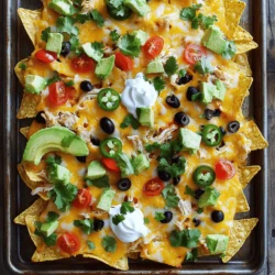 Für die perfekten Blech-Nachos brauchst du: - 1 große Tüte Tortilla-Chips - 2 Tassen geriebener Käse (Mischung aus Cheddar und Monterey Jack) - 1 Dose (425 g) schwarze Bohnen, gut abgespült und abgetropft - 1 Tasse gekochtes Hühnchen, zerrupft (oder gewürztes Hackfleisch) - 1 Jalapeño, in Ringe geschnitten - 1 Tasse gewürfelte Tomaten - 1/2 Tasse geschnittene schwarze Oliven - 1 Avocado, gewürfelt - 1/4 Tasse Sauerrahm - 1/4 Tasse frische Korianderblätter, gehackt - 1-2 Esslöffel Taco-Gewürz - 2 Esslöffel Olivenöl - Salz und Pfeffer nach Geschmack Diese Zutaten bilden die Basis für köstliche Nachos. Die Tortilla-Chips sind knusprig und leicht. Der Käse schmilzt schön und macht alles lecker. Die Bohnen und das Hühnchen fügen Fülle hinzu. Du kannst deine Nachos nach Belieben anpassen. Hier sind einige tolle Ideen: - Gehackte Zwiebeln für mehr Geschmack - Frischer Mais für eine süße Note - Jalapeños für mehr Schärfe - Gehackte Paprika für mehr Farbe - Salsa oder Guacamole für das Finish Fühl dich frei, kreativ zu sein! Jeder kann sich seine eigenen Toppings wählen. So wird jeder Blech-Nacho einzigartig und lecker. Die Käsewahl ist wichtig. Ich empfehle: - Cheddar für einen kräftigen Geschmack - Monterey Jack für mehr Cremigkeit - Mozzarella für eine zähe, schmelzende Textur Du kannst auch Mischung verwenden. Der Käse sollte gut schmelzen. So wird dein Gericht besonders köstlich und ansprechend. Um die besten Loaded Sheet-Pan Nachos zu machen, beginne mit den Zutaten. Du brauchst: - 1 große Tüte Tortilla-Chips - 2 Tassen geriebener Käse (eine Mischung aus Cheddar und Monterey Jack) - 1 Dose schwarze Bohnen, gut abgespült und abgetropft - 1 Tasse gekochtes Hühnchen, zerrupft (oder gewürztes Hackfleisch) - 1 Jalapeño, in Ringe geschnitten - 1 Tasse gewürfelte Tomaten - 1/2 Tasse geschnittene schwarze Oliven - 1 Avocado, gewürfelt - 1/4 Tasse Sauerrahm - 1/4 Tasse frische Korianderblätter, gehackt - 1-2 Esslöffel Taco-Gewürz - 2 Esslöffel Olivenöl - Salz und Pfeffer nach Geschmack Stelle sicher, dass alles frisch ist. So schmecken die Nachos am besten. Heize deinen Ofen auf 200°C vor. Breite die Tortilla-Chips gleichmäßig auf einem großen Backblech aus. Achte darauf, dass sie nicht übereinander liegen. In einer Schüssel vermische die schwarzen Bohnen mit dem zerrupften Hühnchen und dem Taco-Gewürz. Rühre alles gut um, bis es gleichmäßig gewürzt ist. Verteile die Bohnenmischung gleichmäßig über die Tortilla-Chips. Danach bestreue alles großzügig mit der Käsemischung. Füge die Jalapeños, Tomaten und Oliven hinzu. Diese Toppings geben den Nachos einen tollen Geschmack. Beträufle die Nachos mit Olivenöl und würze sie leicht mit Salz und Pfeffer. Schiebe das Blech in den Ofen und backe die Nachos für 10-12 Minuten. Der Käse sollte schmelzen und leicht sprudeln. Nimm das Blech aus dem Ofen und lasse es kurz abkühlen. Garniere die Nachos dann mit gewürfelter Avocado, Sauerrahm und frischem Koriander. Diese Schritte sorgen dafür, dass deine Nachos lecker und bunt aussehen. Jetzt sind sie bereit zum Servieren! Für die besten Nachos können Sie viele Beilagen nutzen. Salsa und Guacamole sind Klassiker. Sie bringen frische Aromen. Auch Jalapeños passen gut. Wenn Sie es schärfer mögen, probieren Sie Habaneros. Ein bunter Salat mit Tomaten und Zwiebeln sieht schön aus und schmeckt toll. Haben Sie Gäste mit speziellen Diäten? Kein Problem! Nutzen Sie vegane Käsealternativen. Tauschen Sie Hühnchen gegen Tofu oder Bohnen aus. Für glutenfreie Nachos verwenden Sie spezielle Chips. So kann jeder mitessen und genießen. Um Zeit zu sparen, bereiten Sie die Zutaten im Voraus vor. Schneiden Sie Gemüse und kochen Sie Hühnchen einen Tag vorher. Nutzen Sie auch Dosenprodukte, wie schwarze Bohnen. Diese sind schnell bereit. Ein großer Vorteil sind auch die gefrorenen Zutaten. Sie sind einfach zu lagern und schnell zu verwenden. {{image_4}} Für eine vegane Version der Nachos kann man Käse durch pflanzliche Alternativen ersetzen. Verwende veganen Käse aus Nüssen oder Soja. Statt Hühnchen kannst du gebratene Pilze oder Tofu verwenden. Die Tortilla-Chips sollten glutenfrei sein, also achte auf das Etikett beim Kauf. Schwarze Bohnen sind eine gute Proteinquelle und passen super zu den Nachos. Wenn du kein Hühnchen magst, probiere Rindfleisch oder ein gewürztes Hackfleisch. Du kannst auch gewürztes Gemüse verwenden, wie Zucchini oder Paprika. Diese Optionen bringen tolle Aromen und Texturen. Kombiniere sie mit den Bohnen und Käse für mehr Geschmack. Liebhaber von scharfen Speisen können mehr Jalapeños hinzufügen oder scharfen Käse verwenden. Eine andere Idee ist, scharfe Salsa oder Sriracha über die Nachos zu träufeln. Für extra Schärfe kannst du auch Chipotle oder Habanero-Pulver nutzen. Diese Zutaten bringen einen tollen Kick in dein Gericht! Um die Reste Ihrer Blech-Nachos gut zu lagern, verwenden Sie einen luftdichten Behälter. Lassen Sie die Nachos zunächst auf Raumtemperatur abkühlen. Legen Sie dann die Nachos in den Behälter. Wenn Sie die Nachos aufbewahren, trennen Sie die frischen Toppings, wie Avocado und Sauerrahm. Diese sollten separat gelagert werden, um ihre Frische zu bewahren. So bleiben die Nachos länger lecker. Um die Nachos wieder aufzuwärmen, heizen Sie den Ofen auf 180°C (350°F) vor. Legen Sie die Nachos auf ein Backblech. Backen Sie sie für etwa 10 Minuten, bis der Käse wieder schmilzt. Vermeiden Sie die Mikrowelle, da sie die Nachos weich machen kann. Für beste Ergebnisse, fügen Sie frisch geschnittene Toppings hinzu, bevor Sie die Nachos servieren. Die Haltbarkeit der Zutaten variiert. Ungekochtes Hühnchen hält sich im Kühlschrank etwa 1-2 Tage. Gekochtes Hühnchen kann bis zu 4 Tage frisch bleiben. Schwarze Bohnen bleiben im Kühlschrank etwa 3-4 Tage nach dem Öffnen. Frische Avocado und Tomaten sollten innerhalb von 1-2 Tagen verwendet werden. So bleiben Ihre Blech-Nachos frisch und schmackhaft. Um die Nachos noch besser zu machen, probiere verschiedene Käsesorten. Eine Mischung aus Cheddar und Monterey Jack gibt mehr Geschmack. Füge auch frische Zutaten wie Paprika oder Zwiebeln hinzu. Du kannst die Nachos auch mit frischem Limettensaft beträufeln. Das gibt einen tollen Kick. Wenn du es scharf magst, füge mehr Jalapeños oder sogar frische Chilis hinzu. Experimentiere mit verschiedenen Kräutern wie Oregano oder Thymian für mehr Tiefe. Die besten Dips für Blech-Nachos sind Guacamole und Salsa. Guacamole ist cremig und lecker. Salsa bringt frische und Schärfe. Sour Cream passt auch gut dazu. Du kannst auch eine Käsesauce machen. Diese Sauce ist warm und zieht gut in die Chips ein. Für eine besondere Note probiere einen schwarzen Bohnen-Dip oder einen scharfen Chipotle-Dip. Ja, du kannst die Nachos im Voraus zubereiten! Bereite die Zutaten vor und lagere sie getrennt. Du kannst die Chips in einem luftdichten Behälter aufbewahren. Die Bohnen und das Hühnchen können in einem Kühlschrank aufbewahrt werden. Wenn du bereit bist, die Nachos zu servieren, schichte alles auf das Backblech und backe sie frisch. So schmecken sie am besten! Blech-Nachos sind einfach und lecker. Du hast die Hauptzutaten und Toppings kennengelernt. Die Schritt-für-Schritt-Anleitung macht die Zubereitung leicht. Tipps helfen dir, alles zu perfektionieren. Es gibt viele Variationen für jeden Geschmack. Denk daran, Reste richtig zu lagern und aufzuwärmen. Mit diesen Ideen und Tricks hast du die perfekten Nachos. Jetzt steht dem Genuss nichts mehr im Weg!