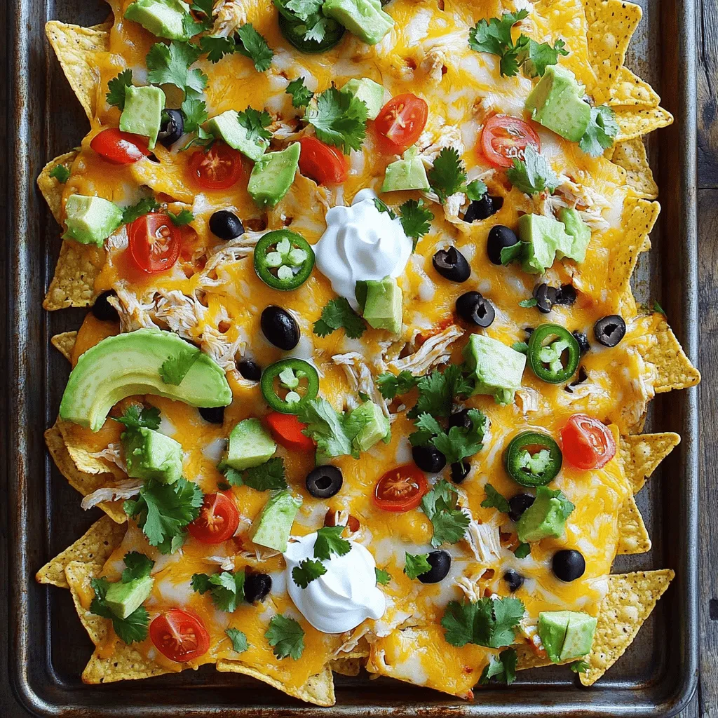 Für die perfekten Blech-Nachos brauchst du: - 1 große Tüte Tortilla-Chips - 2 Tassen geriebener Käse (Mischung aus Cheddar und Monterey Jack) - 1 Dose (425 g) schwarze Bohnen, gut abgespült und abgetropft - 1 Tasse gekochtes Hühnchen, zerrupft (oder gewürztes Hackfleisch) - 1 Jalapeño, in Ringe geschnitten - 1 Tasse gewürfelte Tomaten - 1/2 Tasse geschnittene schwarze Oliven - 1 Avocado, gewürfelt - 1/4 Tasse Sauerrahm - 1/4 Tasse frische Korianderblätter, gehackt - 1-2 Esslöffel Taco-Gewürz - 2 Esslöffel Olivenöl - Salz und Pfeffer nach Geschmack Diese Zutaten bilden die Basis für köstliche Nachos. Die Tortilla-Chips sind knusprig und leicht. Der Käse schmilzt schön und macht alles lecker. Die Bohnen und das Hühnchen fügen Fülle hinzu. Du kannst deine Nachos nach Belieben anpassen. Hier sind einige tolle Ideen: - Gehackte Zwiebeln für mehr Geschmack - Frischer Mais für eine süße Note - Jalapeños für mehr Schärfe - Gehackte Paprika für mehr Farbe - Salsa oder Guacamole für das Finish Fühl dich frei, kreativ zu sein! Jeder kann sich seine eigenen Toppings wählen. So wird jeder Blech-Nacho einzigartig und lecker. Die Käsewahl ist wichtig. Ich empfehle: - Cheddar für einen kräftigen Geschmack - Monterey Jack für mehr Cremigkeit - Mozzarella für eine zähe, schmelzende Textur Du kannst auch Mischung verwenden. Der Käse sollte gut schmelzen. So wird dein Gericht besonders köstlich und ansprechend. Um die besten Loaded Sheet-Pan Nachos zu machen, beginne mit den Zutaten. Du brauchst: - 1 große Tüte Tortilla-Chips - 2 Tassen geriebener Käse (eine Mischung aus Cheddar und Monterey Jack) - 1 Dose schwarze Bohnen, gut abgespült und abgetropft - 1 Tasse gekochtes Hühnchen, zerrupft (oder gewürztes Hackfleisch) - 1 Jalapeño, in Ringe geschnitten - 1 Tasse gewürfelte Tomaten - 1/2 Tasse geschnittene schwarze Oliven - 1 Avocado, gewürfelt - 1/4 Tasse Sauerrahm - 1/4 Tasse frische Korianderblätter, gehackt - 1-2 Esslöffel Taco-Gewürz - 2 Esslöffel Olivenöl - Salz und Pfeffer nach Geschmack Stelle sicher, dass alles frisch ist. So schmecken die Nachos am besten. Heize deinen Ofen auf 200°C vor. Breite die Tortilla-Chips gleichmäßig auf einem großen Backblech aus. Achte darauf, dass sie nicht übereinander liegen. In einer Schüssel vermische die schwarzen Bohnen mit dem zerrupften Hühnchen und dem Taco-Gewürz. Rühre alles gut um, bis es gleichmäßig gewürzt ist. Verteile die Bohnenmischung gleichmäßig über die Tortilla-Chips. Danach bestreue alles großzügig mit der Käsemischung. Füge die Jalapeños, Tomaten und Oliven hinzu. Diese Toppings geben den Nachos einen tollen Geschmack. Beträufle die Nachos mit Olivenöl und würze sie leicht mit Salz und Pfeffer. Schiebe das Blech in den Ofen und backe die Nachos für 10-12 Minuten. Der Käse sollte schmelzen und leicht sprudeln. Nimm das Blech aus dem Ofen und lasse es kurz abkühlen. Garniere die Nachos dann mit gewürfelter Avocado, Sauerrahm und frischem Koriander. Diese Schritte sorgen dafür, dass deine Nachos lecker und bunt aussehen. Jetzt sind sie bereit zum Servieren! Für die besten Nachos können Sie viele Beilagen nutzen. Salsa und Guacamole sind Klassiker. Sie bringen frische Aromen. Auch Jalapeños passen gut. Wenn Sie es schärfer mögen, probieren Sie Habaneros. Ein bunter Salat mit Tomaten und Zwiebeln sieht schön aus und schmeckt toll. Haben Sie Gäste mit speziellen Diäten? Kein Problem! Nutzen Sie vegane Käsealternativen. Tauschen Sie Hühnchen gegen Tofu oder Bohnen aus. Für glutenfreie Nachos verwenden Sie spezielle Chips. So kann jeder mitessen und genießen. Um Zeit zu sparen, bereiten Sie die Zutaten im Voraus vor. Schneiden Sie Gemüse und kochen Sie Hühnchen einen Tag vorher. Nutzen Sie auch Dosenprodukte, wie schwarze Bohnen. Diese sind schnell bereit. Ein großer Vorteil sind auch die gefrorenen Zutaten. Sie sind einfach zu lagern und schnell zu verwenden. {{image_4}} Für eine vegane Version der Nachos kann man Käse durch pflanzliche Alternativen ersetzen. Verwende veganen Käse aus Nüssen oder Soja. Statt Hühnchen kannst du gebratene Pilze oder Tofu verwenden. Die Tortilla-Chips sollten glutenfrei sein, also achte auf das Etikett beim Kauf. Schwarze Bohnen sind eine gute Proteinquelle und passen super zu den Nachos. Wenn du kein Hühnchen magst, probiere Rindfleisch oder ein gewürztes Hackfleisch. Du kannst auch gewürztes Gemüse verwenden, wie Zucchini oder Paprika. Diese Optionen bringen tolle Aromen und Texturen. Kombiniere sie mit den Bohnen und Käse für mehr Geschmack. Liebhaber von scharfen Speisen können mehr Jalapeños hinzufügen oder scharfen Käse verwenden. Eine andere Idee ist, scharfe Salsa oder Sriracha über die Nachos zu träufeln. Für extra Schärfe kannst du auch Chipotle oder Habanero-Pulver nutzen. Diese Zutaten bringen einen tollen Kick in dein Gericht! Um die Reste Ihrer Blech-Nachos gut zu lagern, verwenden Sie einen luftdichten Behälter. Lassen Sie die Nachos zunächst auf Raumtemperatur abkühlen. Legen Sie dann die Nachos in den Behälter. Wenn Sie die Nachos aufbewahren, trennen Sie die frischen Toppings, wie Avocado und Sauerrahm. Diese sollten separat gelagert werden, um ihre Frische zu bewahren. So bleiben die Nachos länger lecker. Um die Nachos wieder aufzuwärmen, heizen Sie den Ofen auf 180°C (350°F) vor. Legen Sie die Nachos auf ein Backblech. Backen Sie sie für etwa 10 Minuten, bis der Käse wieder schmilzt. Vermeiden Sie die Mikrowelle, da sie die Nachos weich machen kann. Für beste Ergebnisse, fügen Sie frisch geschnittene Toppings hinzu, bevor Sie die Nachos servieren. Die Haltbarkeit der Zutaten variiert. Ungekochtes Hühnchen hält sich im Kühlschrank etwa 1-2 Tage. Gekochtes Hühnchen kann bis zu 4 Tage frisch bleiben. Schwarze Bohnen bleiben im Kühlschrank etwa 3-4 Tage nach dem Öffnen. Frische Avocado und Tomaten sollten innerhalb von 1-2 Tagen verwendet werden. So bleiben Ihre Blech-Nachos frisch und schmackhaft. Um die Nachos noch besser zu machen, probiere verschiedene Käsesorten. Eine Mischung aus Cheddar und Monterey Jack gibt mehr Geschmack. Füge auch frische Zutaten wie Paprika oder Zwiebeln hinzu. Du kannst die Nachos auch mit frischem Limettensaft beträufeln. Das gibt einen tollen Kick. Wenn du es scharf magst, füge mehr Jalapeños oder sogar frische Chilis hinzu. Experimentiere mit verschiedenen Kräutern wie Oregano oder Thymian für mehr Tiefe. Die besten Dips für Blech-Nachos sind Guacamole und Salsa. Guacamole ist cremig und lecker. Salsa bringt frische und Schärfe. Sour Cream passt auch gut dazu. Du kannst auch eine Käsesauce machen. Diese Sauce ist warm und zieht gut in die Chips ein. Für eine besondere Note probiere einen schwarzen Bohnen-Dip oder einen scharfen Chipotle-Dip. Ja, du kannst die Nachos im Voraus zubereiten! Bereite die Zutaten vor und lagere sie getrennt. Du kannst die Chips in einem luftdichten Behälter aufbewahren. Die Bohnen und das Hühnchen können in einem Kühlschrank aufbewahrt werden. Wenn du bereit bist, die Nachos zu servieren, schichte alles auf das Backblech und backe sie frisch. So schmecken sie am besten! Blech-Nachos sind einfach und lecker. Du hast die Hauptzutaten und Toppings kennengelernt. Die Schritt-für-Schritt-Anleitung macht die Zubereitung leicht. Tipps helfen dir, alles zu perfektionieren. Es gibt viele Variationen für jeden Geschmack. Denk daran, Reste richtig zu lagern und aufzuwärmen. Mit diesen Ideen und Tricks hast du die perfekten Nachos. Jetzt steht dem Genuss nichts mehr im Weg!