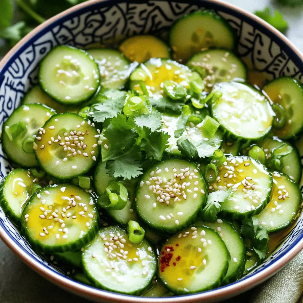 - 2 große Gurken - 1 Teelöffel Salz - 2 Esslöffel Sojasauce - 1 Esslöffel Reisessig - 1 Esslöffel Sesamöl - 1 Teelöffel Honig oder Ahornsirup - 1 Esslöffel Sriracha - 1 Teelöffel frisch geriebener Ingwer - 1 Esslöffel Sesamkörner - 2 Frühlingszwiebeln - Koriander (optional) Ich liebe es, frische Zutaten zu verwenden, um einen tollen Salat zu machen. Die Gurken sind knackig und kühl. Sie geben dem Salat eine frische Note. Das Salz hilft, die Feuchtigkeit aus den Gurken zu ziehen. So bekommen wir einen tollen Geschmack. Die Sojasauce bringt eine salzige Tiefe. Reisessig fügt eine schöne Säure hinzu und macht alles lebendig. Sesamöl gibt uns ein nussiges Aroma. Honig oder Ahornsirup süßen den Salat leicht. Die Gewürze sind der Schlüssel zu diesem Gericht. Sriracha bringt die Schärfe, die wir lieben. Ingwer gibt einen frischen Kick. Sesamkörner fügen Crunch und Textur hinzu. Die Frühlingszwiebeln sorgen für ein wenig Schärfe. Und wenn du magst, kannst du frischen Koriander hinzufügen. Er gibt dem Salat einen zusätzlichen Frischekick. Mit diesen Zutaten machst du einen Salat, der einfach und lecker ist. Es ist der perfekte Begleiter zu vielen Gerichten. - Schneiden Sie die Gurken in dünne Scheiben. - Streuen Sie das Salz gleichmäßig über die Gurken. - Werfen Sie die Gurken vorsichtig, um das Salz gut zu verteilen. - Lassen Sie die Gurken für etwa 15 bis 20 Minuten stehen. Gurken verlieren dadurch überschüssige Feuchtigkeit. Das macht den Salat knackiger und frischer. - Mischen Sie in einer separaten Schüssel die Sojasauce, den Reisessig, das Sesamöl und den Honig oder Ahornsirup. - Fügen Sie die Sriracha und den frisch geriebenen Ingwer hinzu. - Verquirlen Sie alles gut, bis die Zutaten gleichmäßig vermischt sind. Dieses Dressing gibt dem Salat einen tollen Geschmack und eine angenehme Schärfe. - Lassen Sie die Gurken nach dem Stehen abtropfen. - Gießen Sie das Dressing über die Gurken. - Vermengen Sie alles gut, bis die Gurken gleichmäßig bedeckt sind. - Fügen Sie die Sesamkörner und die gehackten Frühlingszwiebeln hinzu. - Rühren Sie sanft um, um alles gut zu vermischen. Lassen Sie den Salat für 10 Minuten stehen, damit sich die Aromen entfalten. Servieren Sie ihn kalt oder bei Raumtemperatur. Garnieren Sie ihn nach Wunsch mit frischem Koriander. Um die Gurken richtig vorzubereiten, salze sie gleichmäßig. Das Salz zieht Flüssigkeit aus den Gurken. Lass sie 15 bis 20 Minuten stehen. So bekommst du eine knackige Textur und ein frisches Aroma. Achte darauf, die Gurken gut abzutropfen, bevor du das Dressing hinzufügst. Dies verhindert, dass der Salat wässrig wird. Du kannst die Schärfe des Salats leicht anpassen. Wenn du mehr Hitze magst, füge mehr Sriracha hinzu. Für eine mildere Version nimm weniger. Alternativ kannst du Honig oder Ahornsirup verwenden, um die Süße zu variieren. Beide geben dem Salat eine besondere Note und harmonieren gut mit den anderen Zutaten. Dieser Salat passt gut zu vielen Gerichten. Serviere ihn als Beilage zu gegrilltem Fleisch oder Tofu. Du kannst den Salat auch in verschiedenen Behältern anrichten. Eine Schüssel bringt die Farben gut zur Geltung. Für eine rustikale Note kannst du kleine Gläser verwenden. So wird der Salat noch ansprechender. {{image_4}} Sie können den Salat leicht aufpeppen. Fügen Sie Karotten hinzu. Sie bringen eine süße Note. Paprika fügt Farbe und Crunch hinzu. Wenn Sie mehr Cremigkeit mögen, verwenden Sie Avocado. Diese macht den Salat reichhaltiger und sättigender. Für mehr Füllung probieren Sie Tofu. Es nimmt den Geschmack gut auf. Hühnchen ist eine weitere tolle Option. Es ist herzhaft und passt gut zu den Gurken. Garnelen sind auch großartig, wenn Sie etwas Meerestier mögen. Sie geben dem Salat einen frischen Geschmack. Wenn Sie glutenfrei essen, verwenden Sie glutenfreie Sojasauce. Das macht den Salat für alle geeignet. Für den Süßstoff können Sie Honig durch Agavendicksaft ersetzen. So bleibt der Salat vegan und lecker. Diese Anpassungen machen das Rezept noch vielseitiger. Um den Spicy Sesame Cucumber Salad frisch zu halten, lagerst du ihn im Kühlschrank. Stelle sicher, dass du einen luftdichten Behälter verwendest. So bleibt der Salat knackig und die Aromen erhalten. Du solltest den Salat frisch genießen, um den besten Geschmack zu erleben. Wenn du ihn lagerst, bleibt er bis zu drei Tage frisch. Nach dieser Zeit kann die Konsistenz weicher werden und die Aromen verblassen. Nach dem Kühlen kannst du den Salat erneut anrichten. Mische ihn gut durch, bevor du ihn servierst. So verteilen sich die Aromen gleichmäßig und der Salat schmeckt wieder frisch. Der würzige Sesamgurken-Salat bleibt im Kühlschrank bis zu drei Tage frisch. Lagere ihn in einem luftdichten Behälter. Dadurch bleibt der Salat knackig und der Geschmack erhalten. Wenn du ihn länger aufbewahren möchtest, kannst du die Gurken vor dem Servieren abtropfen lassen, um überschüssige Flüssigkeit zu vermeiden. So bleibt der Salat frisch und lecker. Ja, du kannst den Salat im Voraus zubereiten! Mache ihn bis zu einen Tag vorher. Bereite die Gurken und das Dressing getrennt vor. Mische sie erst kurz vor dem Servieren. Das sorgt dafür, dass der Salat frisch und knackig bleibt. Lass ihn nach dem Mischen noch einmal für 10 Minuten stehen. So entfalten sich die Aromen besser. Ja, dieser Salat ist vegan! Alle Zutaten sind pflanzlich. Anstelle von Honig kannst du Ahornsirup verwenden, um ihn süß zu machen. Auch die Sojasauce ist vegan, aber achte darauf, glutenfreie Sojasauce zu wählen, wenn du das benötigst. So kannst du diesen leckeren Salat ohne Bedenken genießen. Der Artikel beschreibt, wie man einen würzigen Sesamgurken-Salat zubereitet. Du hast die Haupt- und weiteren Zutaten kennengelernt. Vorbereitung und Zubereitung sind einfach. Tipps helfen, die beste Konsistenz zu erreichen. Variationen bieten viele Möglichkeiten, um den Salat anzupassen. Denke daran, den Salat im Kühlschrank zu lagern. So bleibt er frisch. Genieße den Salat einfach oder zusammen mit anderen Gerichten. Probiere es aus und finde deinen Lieblingsstil!