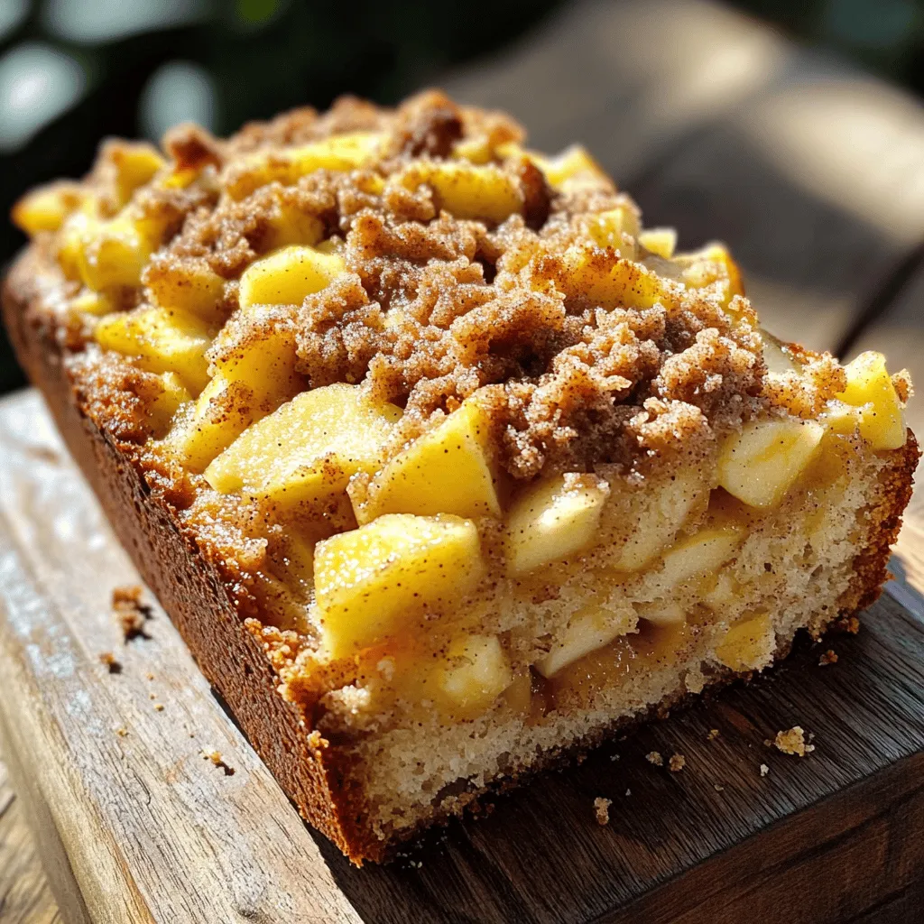 - Weizenmehl: Wir brauchen 2 Tassen Weizenmehl, um die Basis unseres Brotes zu machen. Es sorgt für eine tolle Textur und Struktur. - Butter und Zucker: Nimm 1/2 Tasse weiche Butter und 3/4 Tasse Kristallzucker. Diese beiden Zutaten machen das Brot süß und saftig. Butter bringt auch einen reichen Geschmack. - Äpfel und Aromen: Ein großer, gewürfelter Apfel (am besten Granny Smith) ergänzt das Brot perfekt mit Frische. Füge auch Vanilleextrakt und Gewürze wie Zimt und Muskatnuss hinzu, um den Geschmack zu verstärken. - Brauner Zucker: Nimm 1/2 Tasse braunen Zucker, um den Streuseln Tiefe und Süße zu geben. - Zimt und Mehl: Für die Streusel brauchst du 1/4 Tasse Mehl und 1 Teelöffel Zimt. Diese Zutaten geben dem Streusel das nötige Aroma. - Geschmolzene Butter: Verwende 1/4 Tasse geschmolzene Butter. Sie bindet die Streusel und macht sie krümelig. Mit diesen Zutaten bist du bereit, das beste Cinnamon Apple Streusel Bread zu backen! Heize deinen Ofen auf 175°C vor. Fette eine Kastenform (9x5 Zoll) ein. Lege den Boden mit Backpapier aus, um das Brot später leicht herauszubekommen. In einer mittelgroßen Schüssel vermenge 2 Tassen Weizenmehl, 1 Teelöffel Backpulver, 1/2 Teelöffel Natron, 1/2 Teelöffel Salz, 1 Teelöffel gemahlenen Zimt und 1/2 Teelöffel gemahlene Muskatnuss. Stelle die Mischung beiseite. In einer großen Schüssel schlage die weiche Butter und den Kristallzucker mit einem elektrischen Mixer. Mische sie etwa 3 Minuten lang, bis sie leicht und fluffig ist. Füge dann die 2 großen Eier nacheinander hinzu. Rühre gut nach jeder Zugabe. Gib 1 Teelöffel Vanilleextrakt dazu und mische alles gut. Gib nun die trockenen Zutaten nach und nach in die Buttermischung. Wechsle dabei mit 1/2 Tasse Buttermilch ab. Beginne und ende mit der Mehlmischung. Rühre nur so lange, bis alles gut vermischt ist. Übermische den Teig nicht. Jetzt hebe vorsichtig die gewürfelten Äpfel unter den Teig. Achte darauf, dass sie gleichmäßig verteilt sind. Für die Streusel vermenge in einer kleinen Schüssel den braunen Zucker, 1/4 Tasse Weizenmehl und 1 Teelöffel Zimt. Füge die geschmolzene Butter hinzu und mische alles bis die Mischung krümelig ist. Gieße die Hälfte des Teigs in die vorbereitete Kastenform. Streue die Hälfte der Streuselmischung gleichmäßig darüber. Gib den restlichen Teig darüber und toppe ihn mit den verbleibenden Streuseln. Backe das Brot 55-65 Minuten. Ein Zahnstocher, der in die Mitte gestochen wird, sollte sauber herauskommen. Wenn die Oberfläche zu schnell bräunt, decke sie in den letzten 15 Minuten mit Aluminiumfolie ab. Lass das Brot nach dem Backen 10 Minuten in der Form abkühlen. Übertrage es dann auf ein Kuchengitter, um vollständig abzukühlen. - Nicht übermischen: Wenn du den Teig zubereitest, rühre nur so lange, bis alles gut vermischt ist. Übermischen macht das Brot dicht und trocken. Du willst einen weichen und lockeren Teig. - Verwendung der richtigen Äpfel: Wähle Äpfel mit einem guten Gleichgewicht aus Süße und Säure. Granny Smith sind ideal, weil sie frisch und knackig sind. Diese Äpfel geben deinem Brot eine tolle Geschmackstiefe. - Verhindern, dass die Oberfläche zu schnell bräunt: Wenn du siehst, dass die Oberseite zu schnell bräunt, decke sie mit Aluminiumfolie ab. So bleibt das Brot saftig und wird gleichmäßig gebacken. - Backzeit optimal anpassen: Jeder Ofen ist anders. Überprüfe dein Brot nach 55 Minuten. Ein Zahnstocher sollte sauber herauskommen. Wenn er noch Teig hat, backe es länger, aber achte darauf, nicht zu lange zu backen. {{image_4}} Mit ein paar einfachen Änderungen kannst du dieses Rezept gesünder gestalten. - Vollkornmehl statt Weizenmehl: Wenn du Vollkornmehl verwendest, erhältst du mehr Ballaststoffe. Das macht das Brot nahrhafter und gibt ihm einen herzhaften Geschmack. - Weniger Zucker verwenden: Reduziere die Zuckermenge um ein Viertel. Du kannst auch einen natürlichen Süßstoff verwenden. So bleibt das Brot lecker, aber weniger süß. Um noch mehr Geschmack in dein Brot zu bringen, probiere diese Tipps. - Nüsse oder andere Früchte hinzufügen: Walnüsse oder Pekannüsse passen gut. Auch Birnen oder getrocknete Früchte sind eine tolle Ergänzung. Sie bringen neue Texturen und Aromen. - Gewürze variieren: Du kannst mehr Zimt oder Muskatnuss hinzufügen. Auch Ingwer oder Nelken passen gut dazu. Experimentiere mit den Gewürzen, um deinen eigenen Geschmack zu finden. Jede dieser Variationen gibt deinem Brot eine persönliche Note. So wird dein Bakery-Style Cinnamon Apple Streusel Bread immer wieder neu und spannend! Nach dem Backen lasse ich das Brot für etwa 10 Minuten in der Form abkühlen. Danach lege ich es vorsichtig auf ein Kuchengitter. So kann die Luft zirkulieren und das Brot bleibt frisch. Wenn das Brot vollständig abgekühlt ist, wickle ich es in Frischhaltefolie. Diese Folie schützt das Brot vor Luft und Feuchtigkeit. Alternativ kann ich auch einen luftdichten Behälter verwenden. Das frisch gebackene Brot bleibt bei Raumtemperatur etwa 3 bis 5 Tage gut. Ich achte darauf, dass es an einem kühlen, trockenen Ort steht. Wenn ich das Brot länger aufbewahren möchte, friere ich es ein. Vor dem Einfrieren schneide ich das Brot in Scheiben. So kann ich später einfach die benötigte Menge auftauen. Um das Brot einzufrieren, wickle ich jede Scheibe in Frischhaltefolie und lege sie in einen Gefrierbeutel. So bleibt der Geschmack frisch und lecker. Wie kann ich sicherstellen, dass mein Brot locker und fluffig wird? Um ein lockeres und fluffiges Brot zu erhalten, achte auf die folgenden Punkte: - Verwende frische Zutaten. Alte Backmittel verlieren ihre Kraft. - Schlage die Butter und den Zucker gut. Diese Mischung sollte leicht und cremig sein. - Mische die nassen und trockenen Zutaten nicht zu lange. Übermischen kann das Brot hart machen. - Lass den Teig nicht zu lange stehen, bevor du ihn backst. Er sollte frisch in den Ofen. Kann ich das Rezept anpassen, um es glutenfrei zu machen? Ja, du kannst das Rezept leicht anpassen. Nutze glutenfreies Mehl, das 1:1 ersetzt. Achte darauf, dass es auch Backpulver enthält. Das hilft, den gleichen Auftrieb zu schaffen. Du kannst auch Mandelmehl oder Kokosmehl probieren. Diese Mehle bringen einen anderen Geschmack, aber sie sind toll. Was kann ich statt Äpfeln verwenden? Es gibt viele leckere Alternativen zu Äpfeln. Du kannst Birnen verwenden, die eine ähnliche Textur bieten. Auch Beeren, wie Himbeeren oder Heidelbeeren, passen gut. Wenn du etwas Exotisches willst, probiere Ananas oder Pfirsiche. Diese Früchte sorgen für eine fruchtige Note und eine tolle Farbe. Zusammenfassend haben wir die wichtigen Zutaten für unser Brot besprochen, einschließlich Weizenmehl, Äpfel und Streusel. Wir erlernten die Schritte zur perfekten Zubereitung. Tipps zur Textur und Variationen machen das Brot spannend und lecker. Achten Sie auch auf richtige Lagerung. Experimentieren Sie mit Veränderungen, wenn Sie mögen. Kochen soll Spaß machen. Ihr individueller Geschmack macht jedes Brot einzigartig. Gehen Sie jetzt in die Küche, und probieren Sie es aus!