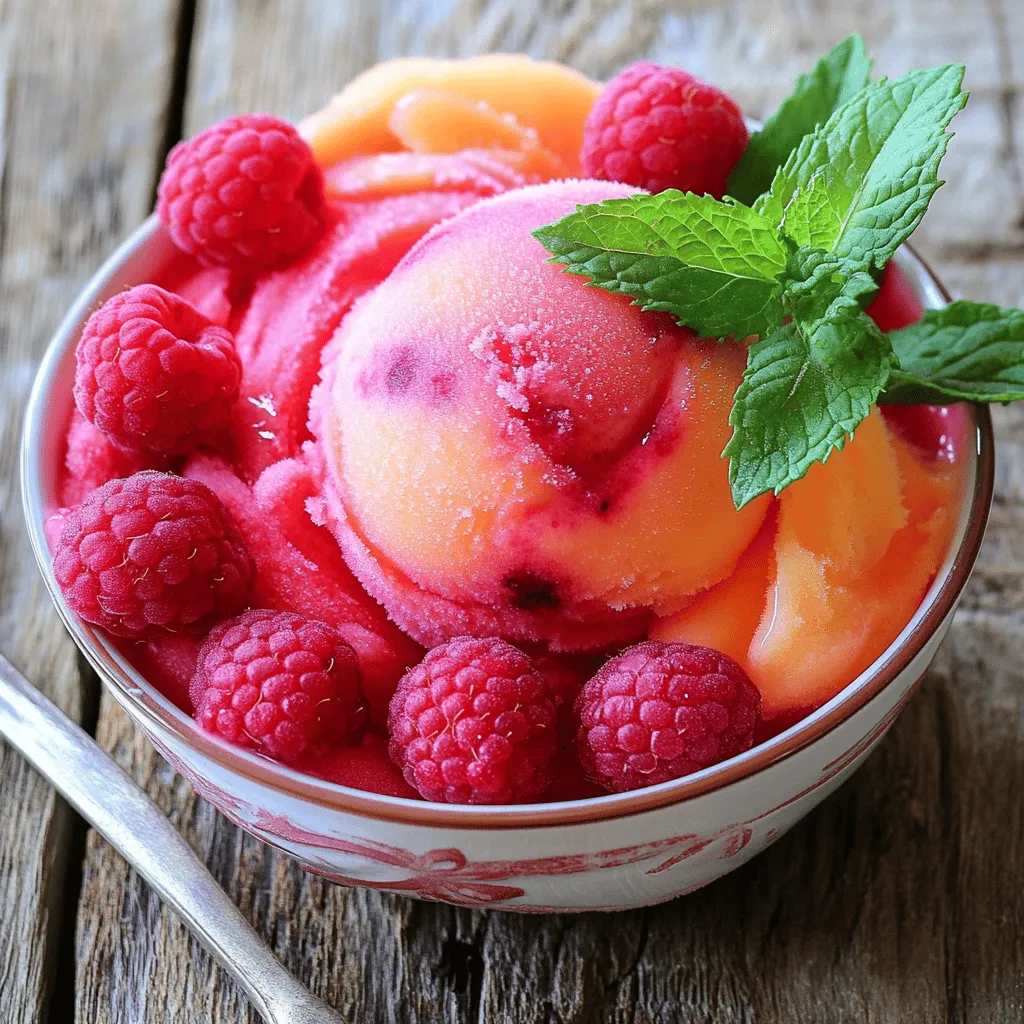 - 3 reife Pfirsiche, geschält und entkernt - 1 Tasse frische Himbeeren - 1/2 Tasse Zucker Die Hauptzutaten sind einfach, aber sie machen das Sorbet besonders. Wähle reife Pfirsiche, die süß und saftig sind. Sie sind der Schlüssel zu einem großartigen Geschmack. Die Himbeeren bringen eine frische, fruchtige Note. Ihre Säure balanciert die Süße der Pfirsiche. - 1 Tasse Wasser - 2 Esslöffel Zitronensaft - Eine Prise Salz Das Wasser hilft, den Zuckersirup zu machen. Zitronensaft gibt dem Sorbet einen tollen Geschmack. Eine Prise Salz hebt die Aromen hervor. Diese Zutaten sind einfach und leicht zu finden. Wähle die besten Pfirsiche und Himbeeren. Achte darauf, dass sie fest und duftend sind. Die Farben sollten lebhaft sein. Für die Süße kannst du auch Honig oder Agavendicksaft verwenden. Diese Alternativen sind gesünder und geben einen anderen Geschmack. Probiere diese Tipps aus, um dein Sorbet noch besser zu machen. Es ist wichtig, die besten Zutaten zu verwenden. So schmeckt dein Sorbet frisch und lecker. Zuerst kombiniere ich Wasser und Zucker in einem mittleren Topf. Bei mittlerer Hitze rühre ich, bis der Zucker ganz aufgelöst ist. Das dauert nur ein paar Minuten. Dann nehme ich den Topf vom Herd und lasse den Zuckersirup abkühlen. Dies ist wichtig, damit er nicht die Fruchtmischung erhitzt. Jetzt ist es Zeit für die Früchte. Ich nehme drei reife Pfirsiche, schäle sie und entkerne sie. Dann gebe ich die Pfirsiche zusammen mit einer Tasse frischen Himbeeren in meinen Mixer. Ich mixe alles, bis eine glatte Masse entsteht. Es ist wichtig, die richtige Konsistenz zu erreichen. Sie sollte schön cremig sein, ohne Klumpen. Nach dem Mixen gieße ich den abgekühlten Zuckersirup in den Mixer. Ich füge auch zwei Esslöffel Zitronensaft und eine Prise Salz hinzu. Dann mixe ich alles gut durch, bis die Mischung homogen ist. Es ist eine gute Idee, die Mischung zu probieren und die Süße nach Bedarf anzupassen. Dann fülle ich die Mischung in einen flachen Behälter und stelle ihn ins Gefrierfach. Nach etwa vier Stunden lasse ich das Sorbet gefrieren. Alle 30 Minuten rühre ich um, um Eiskristalle zu vermeiden. So wird das Sorbet schön glatt und cremig. Um die Süße des Sorbets anzupassen, probiere die Mischung vor dem Gefrieren. Füge mehr Zucker hinzu, wenn du es süßer magst. Frische Himbeeren sind wunderbar, um den Geschmack zu verstärken. Ihre Säure bringt einen tollen Kontrast zu den süßen Pfirsichen. Um Eiskristalle zu vermeiden, rühre das Sorbet alle 30 Minuten um. So bleibt es schön cremig. Die Gefrierdauer ist auch wichtig. Lasse es mindestens vier Stunden im Gefrierfach. So hat das Sorbet genug Zeit, um fest zu werden. Präsentiere das Sorbet in gekühlten Schalen. Das sieht toll aus! Garniere es mit frischen Himbeeren und Minzblättern. Das gibt dem Dessert nicht nur einen frischen Look, sondern auch einen tollen Geschmack. Serviere das Sorbet sofort, um die beste Konsistenz zu genießen. {{image_4}} Du kannst dein Sorbet mit anderen Früchten variieren. Mango und Erdbeeren sind tolle Alternativen. Mango bringt eine süße Note, während Erdbeeren Frische hinzufügen. Du kannst auch verschiedene Früchte mischen. Eine Kombination aus Pfirsichen, Himbeeren und Erdbeeren ergibt ein fruchtiges Erlebnis. Experimentiere mit anderen Beeren für neue Geschmäcker. Probiere auch Ananas für eine tropische Note. Für eine erwachsene Version füge etwas Sekt oder Likör hinzu. Ein Schuss Himbeerlikör verstärkt den Geschmack. Achte darauf, die Menge nicht zu hoch zu wählen, damit das Sorbet nicht zu weich wird. Du kannst auch Prosecco verwenden. Dies gibt dem Sorbet einen prickelnden Effekt. Halte die Basis gleich, aber justiere den Süßstoff. So bleibt die Konsistenz perfekt. Wenn du vegan leben möchtest, gibt es Alternativen. Nutze pflanzliche Süßungsmittel wie Agavendicksaft. Dieser hat einen niedrigeren glykämischen Index. Du kannst auch Kokosblütenzucker verwenden. Diese Optionen bieten einen tollen Geschmack. Vermeide tierische Produkte wie Milch oder Sahne. Das hält dein Sorbet rein pflanzlich und gesund. Achte darauf, dass alle Zutaten vegan sind, um die beste Qualität zu erhalten. Um das Sorbet frisch zu halten, wähle einen flachen Behälter aus. Ein Behälter aus Edelstahl oder Glas funktioniert gut. Achte darauf, dass der Behälter gut verschlossen ist. Die ideale Temperatur für das Gefrierfach liegt bei -18 °C. So bleibt das Sorbet bis zu einem Monat haltbar. Nach dieser Zeit kann die Qualität abnehmen, und das Sorbet wird weniger lecker. Vor dem Servieren solltest du das Sorbet etwa 10 bis 15 Minuten auftauen. So wird die Konsistenz weicher und cremiger. Rühre das Sorbet leicht um, um die Luft wieder einzuarbeiten. Um Gefrierbrand zu vermeiden, decke das Sorbet direkt mit Frischhaltefolie ab. So bleibt es frisch und schmackhaft. Wenn du nach dem Servieren noch etwas Sorbet übrig hast, verwende es kreativ. Du kannst es in Smoothies mischen oder als Topping für Joghurt nutzen. Auch in Cocktails macht sich Sorbet gut. Kombiniere es mit Sekt oder Limonade für eine fruchtige Erfrischung. Die Zubereitung des Pfirsich-Himbeer-Sorbets dauert etwa 15 Minuten. Das Gefrieren benötigt zusätzliche 4 Stunden. Während dieser Zeit rühre ich alle 30 Minuten um. So wird das Sorbet cremig und lecker. Es ist wichtig, Geduld zu haben, damit die Konsistenz perfekt wird. Ja, gefrorenes Obst ist eine gute Wahl. Es spart Zeit und ist oft günstiger. Gefrorene Früchte behalten viele Nährstoffe. Sie sind auch oft reif geerntet und schnell eingefroren. Dies bedeutet, dass sie immer frisch schmecken. Achte darauf, die Früchte vor dem Mixen leicht antauen zu lassen. So wird die Mischung leichter und glatter. Pfirsich-Himbeer-Sorbet hat einige gesunde Eigenschaften. Es enthält frisches Obst, das viele Vitamine bietet. Pfirsiche sind reich an Vitamin A und C. Himbeeren sind voll von Antioxidantien. Der Zucker kann jedoch hoch sein. Um das Sorbet gesünder zu machen, kannst du weniger Zucker verwenden. Eine andere Option ist, Honig oder Agavendicksaft zu probieren. So bleibt der Genuss, aber mit weniger Kalorien. Pfirsich-Himbeer-Sorbet ist einfach und lecker. Wir haben die besten Zutaten und Tipps durchgesehen. Du kannst das Rezept leicht anpassen und verschiedene Früchte verwenden. Denke daran, auch die Lagerung und das Servieren zu beachten. So bleibt dein Sorbet frisch und köstlich. Probiere verschiedene Varianten aus, um neue Geschmäcker zu entdecken. Machen und genießen - das ist der Schlüssel für erfrischende Desserts.