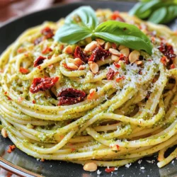 Für ein tolles Gericht benötigen Sie: - 225g Pasta (z.B. Spaghetti oder Penne) - 240g sonnengereifte Tomaten (in Öl eingelegt, abgetropft) - 120g frische Basilikumblätter - 30g Mandeln (oder Walnüsse) - 30g geriebener Parmesan (oder Nährhefe) - 2 Knoblauchzehen, fein gehackt - 80ml extra natives Olivenöl - Salz und Pfeffer nach Geschmack - Frische Basilikumblätter zur Garnierung - Zerstoßene rote Pfefferflocken (optional) Diese Zutaten geben der Pasta ihren besonderen Geschmack. Die sonnengereiften Tomaten bringen Süße und Tiefe. Wenn Sie Variationen ausprobieren möchten, gibt es viele Optionen: - Verwenden Sie verschiedene Nüsse wie Cashewkerne oder Pinienkerne. - Ersetzen Sie Parmesan durch einen veganen Käse oder Hefeflocken. - Fügen Sie frische Kräuter wie Petersilie oder Oregano hinzu. - Nutzen Sie glutenfreie Pasta für eine andere Textur. Diese Alternativen erweitern die Möglichkeiten und machen das Gericht spannend. Achten Sie beim Einkauf auf Qualität: - Wählen Sie frische Basilikumblätter, die kräftig und grün sind. - Achten Sie auf sonnengereifte Tomaten in gutem Öl. - Kaufen Sie hochwertige Nüsse für den besten Geschmack. - Greifen Sie zu frischem Parmesan, wenn möglich. Frische und gute Zutaten machen einen großen Unterschied im Geschmack. Wenn Sie diese Tipps beachten, wird Ihre Sonnengereifte Tomaten-Pesto-Pasta großartig! Um die Pasta perfekt zu kochen, bringen Sie einen großen Topf mit Wasser zum Kochen. Fügen Sie eine Prise Salz hinzu. Geben Sie dann die Pasta ins kochende Wasser. Kochen Sie die Pasta nach der Packungsanweisung, bis sie al dente ist. Dies dauert in der Regel etwa 8 bis 10 Minuten. Achten Sie darauf, ab und zu umzurühren, damit die Pasta nicht kleben bleibt. Sobald sie fertig ist, heben Sie 120 ml des Pastawassers auf. Dann gießen Sie die Pasta ab und stellen sie beiseite. Jetzt machen wir das Pesto. Nehmen Sie eine Küchenmaschine und fügen Sie die sonnengereiften Tomaten, frische Basilikumblätter, Mandeln, geriebenen Parmesan und den gehackten Knoblauch hinzu. Pulsieren Sie diese Mischung, bis sie gut zerkleinert ist. Sie sollten eine grobe Paste erhalten. Während die Küchenmaschine läuft, gießen Sie langsam das Olivenöl hinein. Dies hilft, das Pesto cremig zu machen. Wenn es zu dick ist, fügen Sie etwas von dem Pastawasser hinzu. So erreichen Sie die gewünschte Konsistenz. Jetzt kombinieren wir alles. Nehmen Sie eine große Schüssel und geben Sie die gekochte Pasta hinein. Fügen Sie das sonnengereifte Tomaten-Pesto hinzu. Rühren Sie gut um, damit die Pasta gleichmäßig bedeckt ist. Schmecken Sie das Gericht mit Salz und Pfeffer ab. Wenn Sie es schärfer mögen, können Sie auch zerstoßene rote Pfefferflocken hinzufügen. Servieren Sie die Pasta warm. Garnieren Sie sie mit frischen Basilikumblättern und einer Prise Parmesan, wenn Sie möchten. Um das Pesto perfekt zu machen, achte auf die Menge des Olivenöls. Füge das Öl langsam hinzu, während die Küchenmaschine läuft. So wird das Pesto schön cremig. Falls es zu dick ist, nutze etwas von dem aufgehobenen Pastawasser. Das macht es geschmeidiger. Du kannst dieses Rezept leicht anpassen. Statt Mandeln kannst du Walnüsse verwenden. Sie geben dem Pesto einen anderen Geschmack. Auch die Käsewahl kann variieren. Nutze Nährhefe für eine vegane Option. Frische Kräuter wie Petersilie oder Rucola können ebenfalls einen neuen Kick geben. Ein häufiger Fehler ist, die Pasta zu lange zu kochen. Achte darauf, sie al dente zu garen. Ein weiterer Fehler ist, das Pesto zu lange zu pürieren. Es sollte eine grobe Textur haben. Schließlich, vergiss nicht, das Pesto nach dem Mischen mit Salz und Pfeffer abzuschmecken. So wird der Geschmack intensiver. {{image_4}} Wenn du eine vegane Version der Sonnengereiften Tomaten-Pesto-Pasta machen möchtest, ist das ganz einfach. Statt Parmesan kannst du Nährhefe verwenden. Sie gibt einen ähnlichen, herzhaften Geschmack. Für die Nüsse kannst du Walnüsse oder Pinienkerne probieren. Diese Nüsse bringen eine andere Textur und Geschmack ins Pesto. Achte darauf, dass du auch die anderen Zutaten, wie das Olivenöl, vegan wählst. So bleibt das Gericht rein pflanzlich und lecker. Die Pesto-Variationen sind endlos. Du kannst verschiedene Nüsse verwenden, um neue Geschmäcker zu kreieren. Mandeln sind großartig, aber auch Cashews oder Pistazien geben einen tollen Geschmack. Ebenso kannst du andere Kräuter wie Petersilie oder Koriander probieren. Diese Kräuter bringen frische und neue Aromen ins Pesto. Experimentiere einfach und finde deine Lieblingskombination. Zu deiner Sonnengereiften Tomaten-Pesto-Pasta passen viele Beilagen. Ein frischer, grüner Salat ist ideal. Der Salat bringt eine schöne Frische und knusprige Textur. Du kannst auch gegrilltes Gemüse dazu servieren. Zucchini und Paprika sind perfekte Begleiter. Wenn du Brot magst, probiere knuspriges Baguette oder Focaccia. Diese Beilagen ergänzen das Gericht wunderbar und machen es noch schmackhafter. Wenn du Pesto übrig hast, kannst du es gut aufbewahren. Fülle es in ein sauberes Glas. Achte darauf, dass das Pesto gut bedeckt ist. Ein dünner Film Olivenöl hilft dabei. So bleibt es frisch. Lagere das Glas im Kühlschrank. Es hält sich bis zu einer Woche. Gekochte Pasta bleibt am besten frisch, wenn du sie richtig lagerst. Lass die Pasta zuerst abkühlen. Dann lege sie in einen luftdichten Behälter. Füge einen kleinen Schuss Olivenöl hinzu, um ein Verkleben zu verhindern. So bleibt die Pasta für 3 bis 5 Tage genießbar. Die Haltbarkeit der Zutaten ist wichtig für den Geschmack. Sonnengereifte Tomaten in Öl halten sich etwa 6 Monate, wenn ungeöffnet. Nach dem Öffnen sollten sie im Kühlschrank gelagert werden und sind dann 1 bis 2 Wochen haltbar. Frischer Basilikum bleibt für 1 Woche frisch, wenn du ihn in Wasser stellst. Die Nüsse sind bis zu einem Jahr haltbar, wenn du sie kühl und trocken lagerst. Die Zubereitung von Sonnengereifter Tomaten-Pesto-Pasta dauert etwa 25 Minuten. Du benötigst 10 Minuten für die Vorbereitung und 15 Minuten zum Kochen. Es ist schnell und einfach, perfekt für ein schnelles Abendessen. Ja, du kannst frische Tomaten verwenden. Aber, die Aromen werden anders sein. Sonnengereifte Tomaten bieten eine süßere und intensivere Note. Verwende am besten reife, saftige Tomaten. Du solltest die frischen Tomaten zuerst rösten, um mehr Geschmack zu erhalten. Um das Gericht schärfer zu machen, füge zerstoßene rote Pfefferflocken hinzu. Streue sie einfach über die Pasta, wenn du das Pesto hinzufügst. Du kannst auch frischen Chili oder scharfen Senf probieren. Experimentiere mit der Menge, um die gewünschte Schärfe zu finden. Die Sonne gereifte Tomaten-Pesto-Pasta bietet frische Aromen und einfache Zubereitungsschuhe. Wir haben die Hauptzutaten erkundet und Alternativen besprochen, um jedem Geschmack gerecht zu werden. Die Schritt-für-Schritt-Anleitung hilft dir, beim Kochen und Anrichten sicher zu sein. Mit meinen Tipps und Tricks vermeidest du häufige Fehler und erreichst die perfekte Konsistenz. Variationen und Lagerungstipps runden das Erlebnis ab. Probiere das Rezept aus und entdecke die vielen Möglichkeiten. Es wird dir sicher Freude bereiten!