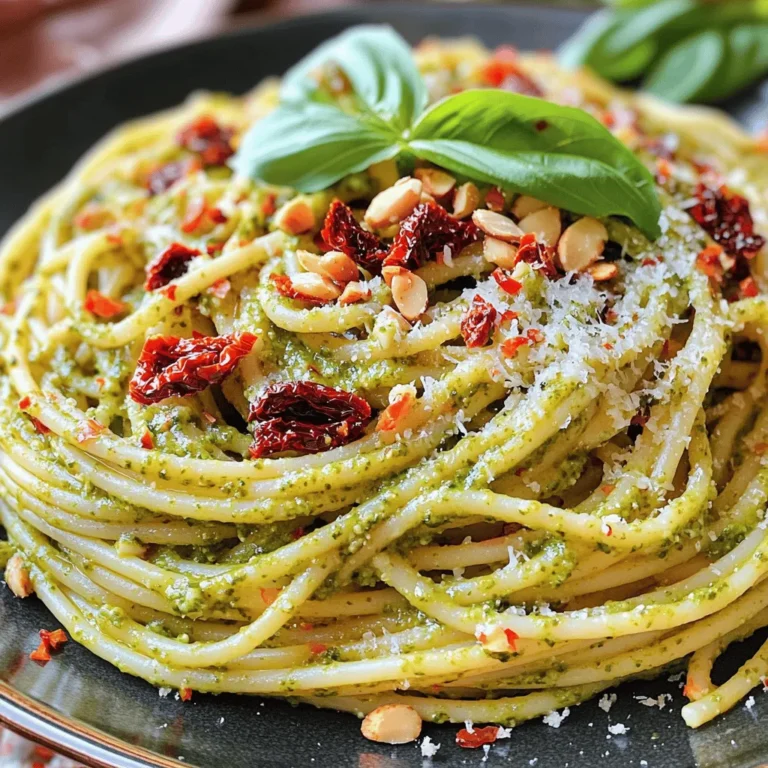 Für ein tolles Gericht benötigen Sie: - 225g Pasta (z.B. Spaghetti oder Penne) - 240g sonnengereifte Tomaten (in Öl eingelegt, abgetropft) - 120g frische Basilikumblätter - 30g Mandeln (oder Walnüsse) - 30g geriebener Parmesan (oder Nährhefe) - 2 Knoblauchzehen, fein gehackt - 80ml extra natives Olivenöl - Salz und Pfeffer nach Geschmack - Frische Basilikumblätter zur Garnierung - Zerstoßene rote Pfefferflocken (optional) Diese Zutaten geben der Pasta ihren besonderen Geschmack. Die sonnengereiften Tomaten bringen Süße und Tiefe. Wenn Sie Variationen ausprobieren möchten, gibt es viele Optionen: - Verwenden Sie verschiedene Nüsse wie Cashewkerne oder Pinienkerne. - Ersetzen Sie Parmesan durch einen veganen Käse oder Hefeflocken. - Fügen Sie frische Kräuter wie Petersilie oder Oregano hinzu. - Nutzen Sie glutenfreie Pasta für eine andere Textur. Diese Alternativen erweitern die Möglichkeiten und machen das Gericht spannend. Achten Sie beim Einkauf auf Qualität: - Wählen Sie frische Basilikumblätter, die kräftig und grün sind. - Achten Sie auf sonnengereifte Tomaten in gutem Öl. - Kaufen Sie hochwertige Nüsse für den besten Geschmack. - Greifen Sie zu frischem Parmesan, wenn möglich. Frische und gute Zutaten machen einen großen Unterschied im Geschmack. Wenn Sie diese Tipps beachten, wird Ihre Sonnengereifte Tomaten-Pesto-Pasta großartig! Um die Pasta perfekt zu kochen, bringen Sie einen großen Topf mit Wasser zum Kochen. Fügen Sie eine Prise Salz hinzu. Geben Sie dann die Pasta ins kochende Wasser. Kochen Sie die Pasta nach der Packungsanweisung, bis sie al dente ist. Dies dauert in der Regel etwa 8 bis 10 Minuten. Achten Sie darauf, ab und zu umzurühren, damit die Pasta nicht kleben bleibt. Sobald sie fertig ist, heben Sie 120 ml des Pastawassers auf. Dann gießen Sie die Pasta ab und stellen sie beiseite. Jetzt machen wir das Pesto. Nehmen Sie eine Küchenmaschine und fügen Sie die sonnengereiften Tomaten, frische Basilikumblätter, Mandeln, geriebenen Parmesan und den gehackten Knoblauch hinzu. Pulsieren Sie diese Mischung, bis sie gut zerkleinert ist. Sie sollten eine grobe Paste erhalten. Während die Küchenmaschine läuft, gießen Sie langsam das Olivenöl hinein. Dies hilft, das Pesto cremig zu machen. Wenn es zu dick ist, fügen Sie etwas von dem Pastawasser hinzu. So erreichen Sie die gewünschte Konsistenz. Jetzt kombinieren wir alles. Nehmen Sie eine große Schüssel und geben Sie die gekochte Pasta hinein. Fügen Sie das sonnengereifte Tomaten-Pesto hinzu. Rühren Sie gut um, damit die Pasta gleichmäßig bedeckt ist. Schmecken Sie das Gericht mit Salz und Pfeffer ab. Wenn Sie es schärfer mögen, können Sie auch zerstoßene rote Pfefferflocken hinzufügen. Servieren Sie die Pasta warm. Garnieren Sie sie mit frischen Basilikumblättern und einer Prise Parmesan, wenn Sie möchten. Um das Pesto perfekt zu machen, achte auf die Menge des Olivenöls. Füge das Öl langsam hinzu, während die Küchenmaschine läuft. So wird das Pesto schön cremig. Falls es zu dick ist, nutze etwas von dem aufgehobenen Pastawasser. Das macht es geschmeidiger. Du kannst dieses Rezept leicht anpassen. Statt Mandeln kannst du Walnüsse verwenden. Sie geben dem Pesto einen anderen Geschmack. Auch die Käsewahl kann variieren. Nutze Nährhefe für eine vegane Option. Frische Kräuter wie Petersilie oder Rucola können ebenfalls einen neuen Kick geben. Ein häufiger Fehler ist, die Pasta zu lange zu kochen. Achte darauf, sie al dente zu garen. Ein weiterer Fehler ist, das Pesto zu lange zu pürieren. Es sollte eine grobe Textur haben. Schließlich, vergiss nicht, das Pesto nach dem Mischen mit Salz und Pfeffer abzuschmecken. So wird der Geschmack intensiver. {{image_4}} Wenn du eine vegane Version der Sonnengereiften Tomaten-Pesto-Pasta machen möchtest, ist das ganz einfach. Statt Parmesan kannst du Nährhefe verwenden. Sie gibt einen ähnlichen, herzhaften Geschmack. Für die Nüsse kannst du Walnüsse oder Pinienkerne probieren. Diese Nüsse bringen eine andere Textur und Geschmack ins Pesto. Achte darauf, dass du auch die anderen Zutaten, wie das Olivenöl, vegan wählst. So bleibt das Gericht rein pflanzlich und lecker. Die Pesto-Variationen sind endlos. Du kannst verschiedene Nüsse verwenden, um neue Geschmäcker zu kreieren. Mandeln sind großartig, aber auch Cashews oder Pistazien geben einen tollen Geschmack. Ebenso kannst du andere Kräuter wie Petersilie oder Koriander probieren. Diese Kräuter bringen frische und neue Aromen ins Pesto. Experimentiere einfach und finde deine Lieblingskombination. Zu deiner Sonnengereiften Tomaten-Pesto-Pasta passen viele Beilagen. Ein frischer, grüner Salat ist ideal. Der Salat bringt eine schöne Frische und knusprige Textur. Du kannst auch gegrilltes Gemüse dazu servieren. Zucchini und Paprika sind perfekte Begleiter. Wenn du Brot magst, probiere knuspriges Baguette oder Focaccia. Diese Beilagen ergänzen das Gericht wunderbar und machen es noch schmackhafter. Wenn du Pesto übrig hast, kannst du es gut aufbewahren. Fülle es in ein sauberes Glas. Achte darauf, dass das Pesto gut bedeckt ist. Ein dünner Film Olivenöl hilft dabei. So bleibt es frisch. Lagere das Glas im Kühlschrank. Es hält sich bis zu einer Woche. Gekochte Pasta bleibt am besten frisch, wenn du sie richtig lagerst. Lass die Pasta zuerst abkühlen. Dann lege sie in einen luftdichten Behälter. Füge einen kleinen Schuss Olivenöl hinzu, um ein Verkleben zu verhindern. So bleibt die Pasta für 3 bis 5 Tage genießbar. Die Haltbarkeit der Zutaten ist wichtig für den Geschmack. Sonnengereifte Tomaten in Öl halten sich etwa 6 Monate, wenn ungeöffnet. Nach dem Öffnen sollten sie im Kühlschrank gelagert werden und sind dann 1 bis 2 Wochen haltbar. Frischer Basilikum bleibt für 1 Woche frisch, wenn du ihn in Wasser stellst. Die Nüsse sind bis zu einem Jahr haltbar, wenn du sie kühl und trocken lagerst. Die Zubereitung von Sonnengereifter Tomaten-Pesto-Pasta dauert etwa 25 Minuten. Du benötigst 10 Minuten für die Vorbereitung und 15 Minuten zum Kochen. Es ist schnell und einfach, perfekt für ein schnelles Abendessen. Ja, du kannst frische Tomaten verwenden. Aber, die Aromen werden anders sein. Sonnengereifte Tomaten bieten eine süßere und intensivere Note. Verwende am besten reife, saftige Tomaten. Du solltest die frischen Tomaten zuerst rösten, um mehr Geschmack zu erhalten. Um das Gericht schärfer zu machen, füge zerstoßene rote Pfefferflocken hinzu. Streue sie einfach über die Pasta, wenn du das Pesto hinzufügst. Du kannst auch frischen Chili oder scharfen Senf probieren. Experimentiere mit der Menge, um die gewünschte Schärfe zu finden. Die Sonne gereifte Tomaten-Pesto-Pasta bietet frische Aromen und einfache Zubereitungsschuhe. Wir haben die Hauptzutaten erkundet und Alternativen besprochen, um jedem Geschmack gerecht zu werden. Die Schritt-für-Schritt-Anleitung hilft dir, beim Kochen und Anrichten sicher zu sein. Mit meinen Tipps und Tricks vermeidest du häufige Fehler und erreichst die perfekte Konsistenz. Variationen und Lagerungstipps runden das Erlebnis ab. Probiere das Rezept aus und entdecke die vielen Möglichkeiten. Es wird dir sicher Freude bereiten!