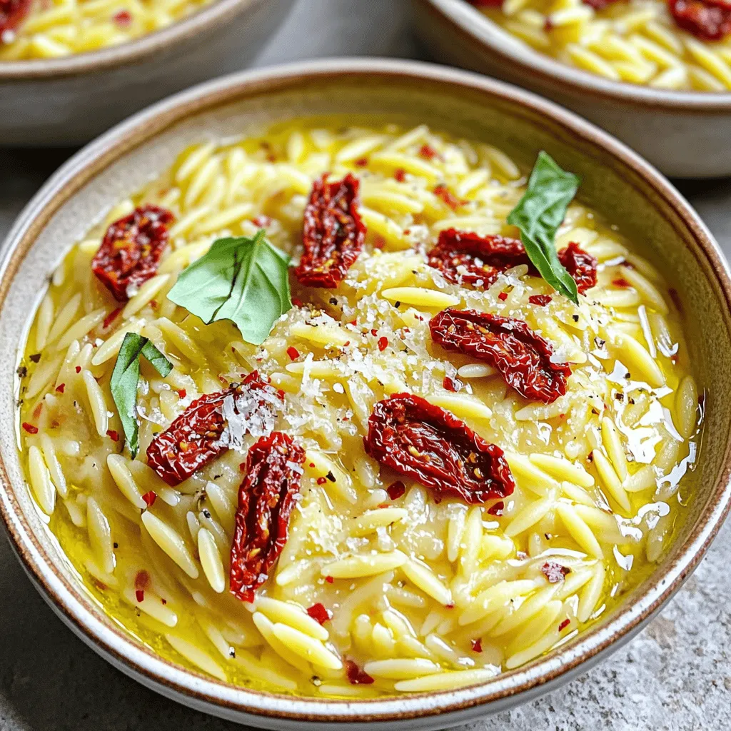 Für dieses Gericht brauchst du folgende Hauptzutaten: - 250 g Orzo-Nudeln - 500 ml Gemüsebrühe - 125 g getrocknete Tomaten, gehackt - 240 ml Sahne - 50 g frisch geriebener Parmesan - 60 g frisches Basilikum, gehackt - 2 Esslöffel Olivenöl - 2 Zehen Knoblauch, fein gehackt - Salz und Pfeffer nach Geschmack - Chili-Flocken (optional, für einen Hauch von Schärfe) Diese Zutaten machen die Orzo cremig und voller Geschmack. Die getrockneten Tomaten bringen eine tolle Süße und Tiefe. Der Parmesan sorgt für einen reichen, herzhaften Geschmack. Du kannst das Rezept leicht anpassen. Hier sind einige Ideen: - Füge frisches Gemüse wie Spinat oder Erbsen hinzu. - Verwende Hühnerbrühe anstelle von Gemüsebrühe für mehr Geschmack. - Ersetze die Sahne mit einer pflanzlichen Alternative für eine leichtere Option. Mit diesen Optionen kannst du das Gericht nach deinem Geschmack anpassen. Die Qualität der Zutaten macht einen großen Unterschied. Hier sind meine Tipps: - Wähle frische, hochwertige Sahne für die beste Cremigkeit. - Achte auf getrocknete Tomaten in gutem Öl. Diese sind geschmackvoller. - Kaufe frischen Parmesan, nicht den geriebenen aus der Packung. Frisch ist immer besser. Mit diesen Tipps kannst du sicherstellen, dass deine cremige Orzo perfekt wird! Um die Orzo perfekt zuzubereiten, beginne mit Olivenöl. Erhitze das Öl in einem großen Topf. Füge den gehackten Knoblauch hinzu und brate ihn für etwa eine Minute. Der Duft ist herrlich! Dann kommen die gehackten getrockneten Tomaten dazu. Brate sie für zwei bis drei Minuten an. Jetzt mische die Orzo-Nudeln unter die Tomaten. Lasse sie für zwei Minuten anrösten. Das gibt einen tollen Geschmack! Gieße die Gemüsebrühe hinein und bringe alles zum Kochen. Reduziere die Hitze und koche die Mischung für zehn bis zwölf Minuten. Rühre gelegentlich um, bis die Orzo al dente ist und die Brühe fast ganz aufgesogen wurde. Sobald die Orzo fertig ist, rühre die Sahne unter. Lass das Ganze für zwei bis drei Minuten köcheln. So wird es schön cremig. Jetzt ist der Parmesan an der Reihe! Füge den frisch geriebenen Parmesan hinzu und rühre gut um. Der Käse schmilzt und macht das Gericht noch reichhaltiger. Vergiss nicht, das frische Basilikum hinzuzufügen! Würze das Gericht mit Salz und Pfeffer. Wenn du es schärfer magst, füge Chili-Flocken hinzu. Lass das Gericht eine Minute stehen. So dickt die Sauce etwas ein. Jetzt ist es Zeit zum Servieren! Nimm flache Schalen und fülle sie mit der cremigen Orzo. Garniere die Speise mit etwas Parmesan und frischen Basilikumblättern. Das sieht nicht nur toll aus, sondern schmeckt auch fantastisch. Genieß deine köstliche Orzo! Ein häufiger Fehler ist, die Orzo zu lange zu kochen. Du möchtest, dass sie al dente bleibt. Achte darauf, regelmäßig umzurühren, damit sie nicht am Topfboden kleben bleibt. Ein weiterer Fehler ist, nicht genug Salz zu verwenden. Das kann den Geschmack der ganzen Speise beeinträchtigen. Probiere, die Brühe vorher zu kosten, um die richtige Menge festzulegen. Wenn die Orzo zu dick wird, füge mehr Gemüsebrühe oder Sahne hinzu. Du kannst die Flüssigkeit nach und nach einrühren, bis du die gewünschte Cremigkeit erreichst. Wenn du eine dickere Sauce möchtest, lasse die Mischung länger köcheln. Achte darauf, sie nicht zu lange zu kochen, da die Orzo sonst matschig werden kann. Um den Geschmack zu intensivieren, verwende frische Kräuter. Basilikum passt gut zu getrockneten Tomaten. Wenn du etwas Schärfe magst, füge Chili-Flocken hinzu. Für einen Hauch von Zitrusfrische kannst du etwas Zitronensaft oder Zitronenschale hinzufügen. Das hebt die Aromen und macht das Gericht lebendiger. Experimentiere mit verschiedenen Gewürzen, um deinen perfekten Geschmack zu finden. {{image_4}} Wenn du auf Fleisch verzichten möchtest, gibt es tolle Alternativen. Ersetze das Hühnchen mit gebratenem Tofu. Tofu nimmt die Aromen gut auf und bringt eine schöne Textur. Eine andere Option sind gebratene Pilze. Sie geben einen herzhaften Geschmack und passen gut zu den getrockneten Tomaten. Für zusätzlichen Crunch kannst du geröstete Nüsse oder Samen hinzufügen. Wenn du mehr Protein willst, füge Hühnchen oder Garnelen hinzu. Koche das Hühnchen vorher und schneide es in kleine Stücke. Mische es mit der Orzo, bevor du die Sahne hinzufügst. Garnelen sind auch schnell zu machen. Brate sie einige Minuten in Olivenöl, bevor du sie zur Orzo gibst. Beide Optionen machen das Gericht sättigender. Du kannst dieses Rezept leicht ändern, je nach Saison. Im Frühling sind Spargel und Erbsen frisch und lecker. Füge sie einfach in den letzten Kochminuten hinzu. Im Herbst kannst du Kürbis oder Süßkartoffeln verwenden. Diese bringen eine süße Note und passen gut zu den Tomaten. Im Sommer sind frische Kräuter wie Petersilie oder Schnittlauch eine gute Wahl. Sie geben dem Gericht einen frischen Geschmack. Wenn du Reste von der cremigen Orzo hast, lass sie zuerst abkühlen. Verwende dann einen luftdichten Behälter, um die Orzo zu lagern. So bleiben die Aromen frisch. Du kannst die Reste auch in Portionen aufteilen. Das macht das Aufwärmen einfacher und schneller. Um die Orzo aufzuwärmen, gebe sie in einen Topf. Füge einen Esslöffel Wasser oder Brühe hinzu. Das hilft, die Creamigkeit wiederherzustellen. Erhitze die Mischung bei niedriger Hitze. Rühre häufig, damit sie gleichmäßig warm wird. Du kannst auch die Mikrowelle nutzen. Stelle sie auf mittlere Hitze und rühre nach einer Minute um. Im Kühlschrank hält sich die cremige Orzo etwa 3 bis 4 Tage. Achte darauf, sie gut zu verpacken. Im Gefrierfach kannst du die Orzo bis zu 2 Monate lagern. Du kannst sie auch vor dem Einfrieren portionsweise abfüllen. So hast du schnell eine Mahlzeit bereit. Die Zubereitung dauert insgesamt 25 Minuten. Du brauchst 10 Minuten für die Vorbereitung und 15 Minuten zum Kochen. Das geht schnell und einfach! Ja, du kannst frische Tomaten benutzen. Achte darauf, sie klein zu schneiden. Frische Tomaten geben eine andere Textur und einen anderen Geschmack. Sie können auch mehr Flüssigkeit in das Gericht bringen. Ja, du kannst glutenfreie Orzo-Nudeln verwenden. Viele Marken bieten glutenfreie Optionen an. Achte darauf, die Kochzeit gegebenenfalls anzupassen, da sie anders kochen können. Ja, das ist möglich! Verwende pflanzliche Sahne und veganen Parmesan. Es gibt viele gute Alternativen auf dem Markt. So bleibt der Geschmack lecker und cremig! Füge einfach Chili-Flocken hinzu. Du kannst die Menge nach deinem Geschmack anpassen. Wenn du es sehr scharf magst, kannst du auch frische Chili verwenden. Wenn du eine dickere Sauce magst, koche die Orzo länger. Für eine dünnere Sauce füge mehr Gemüsebrühe oder Sahne hinzu. Rühre gut um, um die gewünschte Konsistenz zu erreichen. Salate sind eine tolle Beilage. Ein einfacher grüner Salat oder ein griechischer Salat ergänzt die Aromen wunderbar. Auch knuspriges Brot passt gut dazu! Du kannst die Reste in einem luftdichten Behälter im Kühlschrank aufbewahren. So bleiben sie frisch für etwa 3-4 Tage. Zum Aufwärmen kannst du etwas Brühe oder Sahne hinzufügen. Cremige Orzo mit getrockneten Tomaten ist einfach zuzubereiten. Wir haben die Hauptzutaten, Zubereitung und Tipps geteilt. Häufige Fehler und Variationen helfen dir, das Gericht anzupassen. Lagere die Reste richtig, um den Geschmack zu erhalten. Zum Schluss, sei kreativ mit den Zutaten und passe das Rezept deinem Stil an. So wird dein Essen immer lecker und spannend. Viel Spaß beim Kochen!