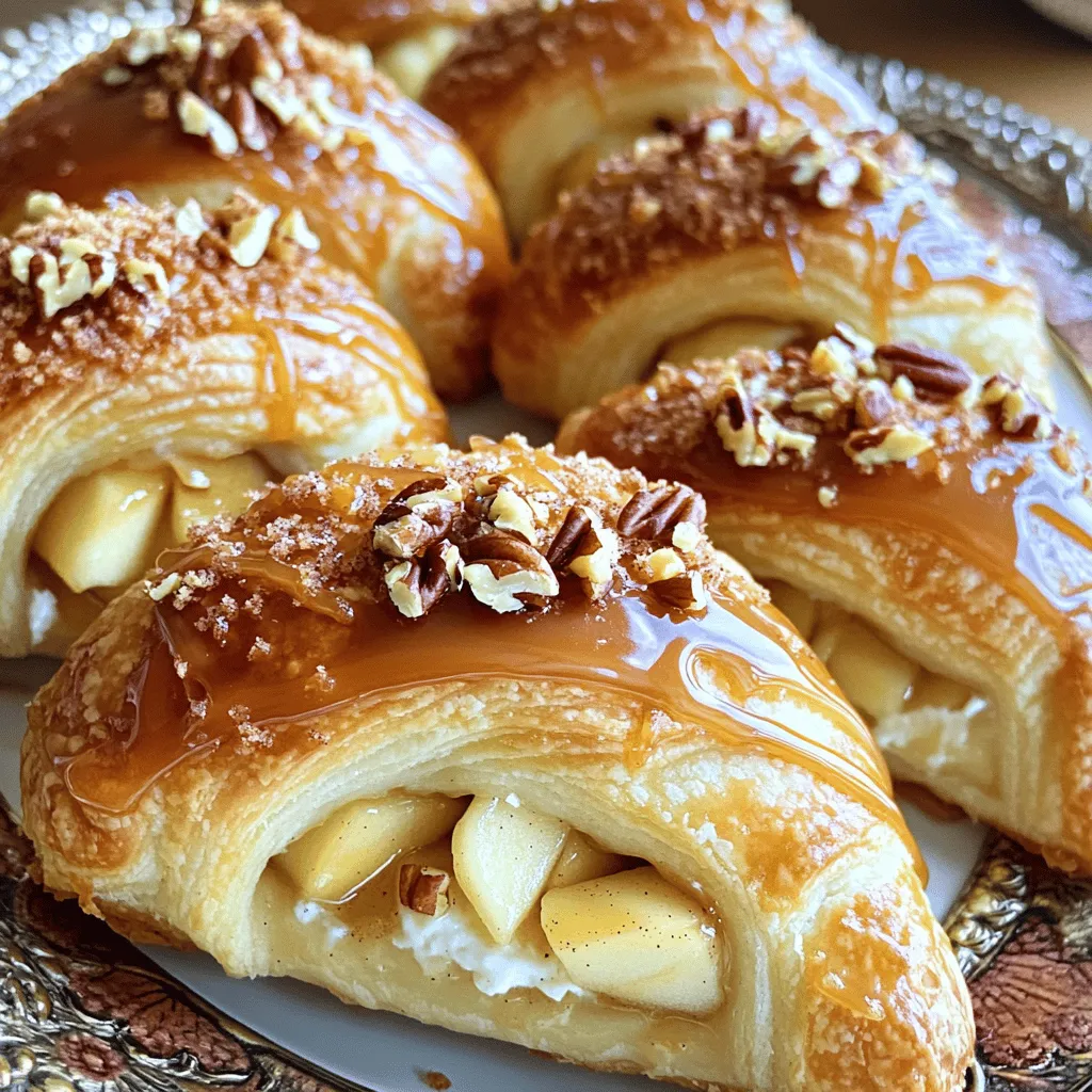 - 1 Packung (225 g) Croissant-Teig - 240 g Frischkäse, weichgeschlagen - 30 g Puderzucker - 1 Teelöffel Vanilleextrakt - 1 Apfel, geschält und fein gehackt (z. B. Granny Smith oder Honeycrisp) - 1/2 Teelöffel gemahlener Zimt - 60 ml Karamellsauce (plus extra zum Drizzeln) - 30 g gehackte Pekannüsse oder Walnüsse (optional) - 1 Ei, verquirlt (für die Eiwäsche) - 1 Esslöffel Zucker (für den Belag) Die Hauptzutaten sind einfach zu finden. Der Croissant-Teig gibt der Rolle eine schöne Textur. Frischkäse macht die Füllung cremig und lecker. Der Zucker und die Vanille geben süße und aromatische Noten. Der Apfel bringt Frische und einen leicht säuerlichen Geschmack. Zimt sorgt für Wärme und Tiefe in der Füllung. Du kannst die Füllung anpassen. Füge mehr Zimt hinzu, wenn du es magst. Eine Prise Muskatnuss kann auch gut schmecken. Wenn du Nüsse magst, sind Pekannüsse oder Walnüsse eine tolle Wahl. Sie geben einen knackigen Kontrast zur cremigen Füllung. Für die Dekoration nutze extra Karamellsauce. Ein paar gehackte Nüsse oben drauf machen die Rolle noch ansprechender. Du kannst auch etwas Schlagsahne oder Eis dazu servieren. Das macht das Dessert besonders festlich. Achte darauf, die Rollen warm zu servieren. So schmecken sie am besten! Zuerst heizen wir den Ofen auf 190°C vor. Das sorgt für eine perfekte Backtemperatur. Danach legen wir ein Backblech mit Backpapier aus. So bleiben die Croissant-Rollen nicht kleben. Jetzt sind wir bereit, die Füllung zu machen und den Croissant-Teig vorzubereiten. In einer Rührschüssel geben wir 240 g weichgeschlagenen Frischkäse. Fügen Sie 30 g Puderzucker und 1 Teelöffel Vanilleextrakt hinzu. Mischen Sie alles gut, bis es glatt ist. Dann kommt der geschälte und fein gehackte Apfel dazu. Verwenden Sie eine Sorte wie Granny Smith oder Honeycrisp. Jetzt fügen wir 1/2 Teelöffel gemahlenen Zimt und 60 ml Karamellsauce hinzu. Wenn Sie möchten, können Sie 30 g gehackte Pekannüsse oder Walnüsse einrühren. Dies gibt der Füllung einen tollen Crunch. Jetzt rollen wir den Croissant-Teig aus. Teilen Sie ihn in individuelle Dreiecke auf. Platzieren Sie einen großen Esslöffel der Cheesecake-Füllung an der breiten Seite jedes Dreiecks. Rollen Sie den Teig vorsichtig von der breiten zur schmalen Seite auf. Achten Sie darauf, die Füllung gut einzuschließen. Bestreichen Sie die Oberseite der Croissant-Rollen mit dem verquirlten Ei. Bestreuen Sie sie dann mit 1 Esslöffel Zucker für eine süße Kruste. Legen Sie die Rollen auf das Backblech und backen Sie sie für 12 bis 15 Minuten. Sie sind fertig, wenn sie goldbraun sind. Lassen Sie sie einige Minuten abkühlen und träufeln Sie extra Karamellsauce darüber, bevor Sie sie servieren. Um die Füllung für die Karamell Apfel Cheesecake Croissant Rollen perfekt zu machen, beginne mit zimmerwarmem Frischkäse. Das sorgt für eine glatte, cremige Konsistenz. Mische ihn gut mit Puderzucker und Vanilleextrakt. Dies gibt der Füllung einen süßen und aromatischen Geschmack. Füge dann die fein gehackten Äpfel, Zimt und Karamellsauce hinzu. Achte darauf, die Äpfel klein zu schneiden. So verteilen sie sich besser und die Füllung bleibt weich. Wenn du Nüsse magst, kannst du gehackte Pekannüsse oder Walnüsse hinzufügen. Sie geben einen tollen Crunch. Wenn du Reste hast, bewahre die Croissant Rollen in einem luftdichten Behälter auf. Stelle sicher, dass sie vollständig abgekühlt sind, bevor du sie lagerst. So behalten sie ihre Form und ihren Geschmack. Im Kühlschrank halten sie sich bis zu drei Tage. Du kannst sie auch einfrieren. Wickele die Rollen einzeln in Frischhaltefolie und lege sie in einen Gefrierbeutel. So bleiben sie bis zu drei Monate frisch. Die Backzeit kann je nach Ofen leicht variieren. Du solltest die Croissant Rollen bei 190 °C backen. Überprüfe sie nach 10 Minuten. Wenn sie goldbraun und knusprig sind, sind sie fertig. Wenn du sie größer machst, verlängere die Backzeit um ein paar Minuten. Achte darauf, dass du die Temperatur nicht zu hoch einstellst. So vermeidest du, dass die Rollen außen verbrennen, während sie innen noch roh bleiben. {{image_4}} Du kannst die Füllung nach deinem Geschmack ändern. Probiere verschiedene Früchte wie Birnen oder Pfirsiche. Auch Beeren passen gut. Wenn du etwas schokoladigen Geschmack magst, füge Schokoladenstückchen hinzu. Für eine nussige Note kannst du Mandeln oder Haselnüsse verwenden. Diese Variationen machen das Rezept spannend und einzigartig. Wenn du keinen Croissant-Teig magst, probiere Blätterteig oder Pizzateig. Blätterteig gibt dir eine knusprige Textur. Pizzateig schafft eine herzhaftere Rolle. Du kannst sogar Tortillas verwenden, um eine andere Form zu schaffen. Diese Alternativen bieten dir viele neue Möglichkeiten. Spiele mit Geschmäckern und Toppings. Füge mehr Zimt oder Muskatnuss für einen würzigen Kick hinzu. Für Süße kannst du Honig oder Ahornsirup verwenden. Toppings wie Puderzucker oder Schokolade machen die Rollen noch besser. Denk daran, dass dein persönlicher Geschmack die besten Ergebnisse bringt. Um die Karamell Apfel Cheesecake Croissant Rollen frisch zu halten, lagere sie in einem luftdichten Behälter. So bleiben sie weich und lecker. Stelle sicher, dass sie abgekühlt sind, bevor du sie verpackst. Lege ein Stück Backpapier zwischen die Rollen, damit sie nicht zusammenkleben. Um die Croissant-Rollen wieder aufzuwärmen, heize den Ofen auf 175°C vor. Lege die Rollen auf ein Backblech und backe sie 5-10 Minuten lang. So werden sie knusprig und warm. Du kannst auch die Mikrowelle verwenden, aber sie werden dann nicht so knusprig. Erwärme sie in 15-20 Sekunden, um sie warm zu machen. Im Kühlschrank bleiben die Croissant-Rollen bis zu 3 Tage frisch. Stelle sicher, dass sie gut verpackt sind. Wenn du sie länger aufbewahren möchtest, friere sie ein. Sie halten bis zu 2 Monate im Gefrierschrank. Zum Auftauen lasse sie einfach über Nacht im Kühlschrank oder bei Raumtemperatur für ein paar Stunden stehen. Ja, du kannst die Rollen im Voraus zubereiten. Bereite die Füllung vor und fülle die Croissant-Teigstücke. Wickel sie gut in Frischhaltefolie ein und lege sie in den Kühlschrank. Du kannst sie bis zu 24 Stunden vorher zubereiten. Backe sie einfach, wenn du bereit bist. Für dieses Rezept sind Granny Smith oder Honeycrisp die besten Äpfel. Sie sind fest und knackig. Ihre Säure ergänzt die Süße der Karamellsauce und des Frischkäses. Du kannst auch andere Äpfel verwenden, aber achte darauf, dass sie nicht zu weich sind. Um Karamellsauce selbst zu machen, benötigst du: - 200 g Zucker - 120 ml Sahne - 50 g Butter - Eine Prise Salz 1. Erhitze den Zucker in einem Topf, bis er schmilzt und goldbraun wird. 2. Füge die Butter hinzu und rühre gut um. 3. Gieße die Sahne langsam dazu und rühre weiter. 4. Lass die Sauce etwas abkühlen und genieße sie. So einfach ist es! Du kannst die Sauce auch aufbewahren. Die Croissant-Rollen sind einfach zuzubereiten und machen viel Spaß. Wir haben die wichtigsten Zutaten und Füllungsvariationen besprochen. Außerdem hast du eine einfache Schritt-für-Schritt-Anleitung erhalten. Tipps zur Aufbewahrung und Wiedererwärmung helfen dir, Reste zu genießen. Denke daran, dass du mit den Toppings spielen kannst. Experimentiere, um dein perfektes Rezept zu finden. Deine Croissant-Rollen werden sicher ein Hit bei Familie und Freunden!